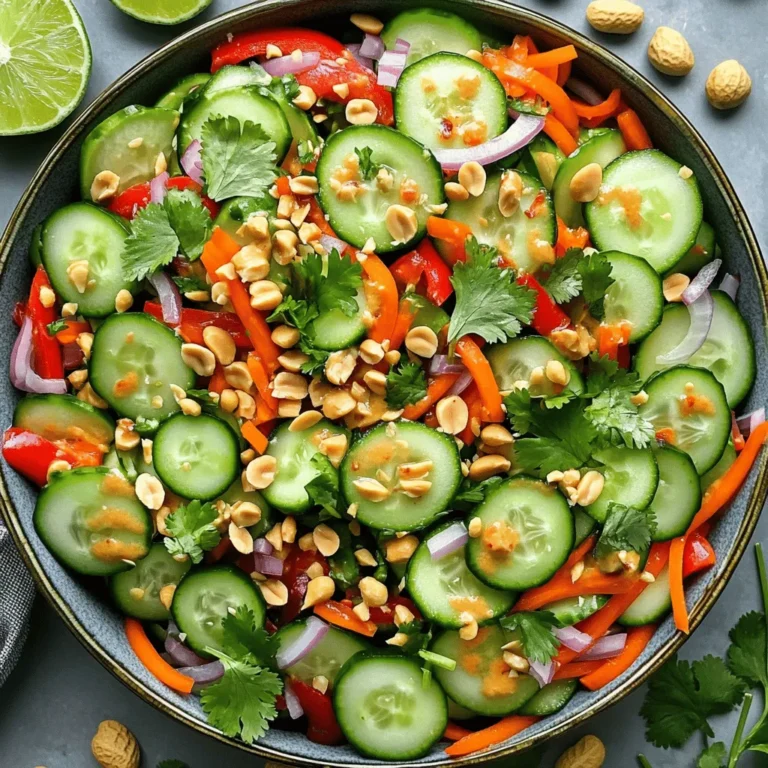 Für einen frischen und knackigen Spicy Thai Cucumber Salad benötigst du: - 2 Tassen Gurken, dünn geschnitten - 1 Karotte, julienniert - 1 rote Paprika, dünn geschnitten - 1/4 Tasse rote Zwiebel, fein geschnitten - 1/4 Tasse frischer Koriander, gehackt - 1/4 Tasse geröstete Erdnüsse, grob gehackt - 2 Esslöffel Limettensaft - 1 Esslöffel Fischsauce (oder Sojasauce für eine vegetarische Option) - 1 Esslöffel Chilipaste (je nach Schärfetoleranz anpassen) - 1 Teelöffel Zucker - Salz nach Geschmack Die Mengen sind für vier Portionen ausgelegt. Du kannst die Zutaten nach Belieben anpassen. Mehr Gurken oder weniger Chilipaste? Es liegt an dir! Frische Zutaten machen den besten Salat. Sie bieten mehr Geschmack und knusprige Textur. Gurken und Paprika verlieren beim Einfrieren ihre Knackigkeit. Wenn du aber keine frischen Zutaten hast, nutze die gefrorenen. Sie sind besser als keine. Achte darauf, sie gut abzutropfen, um überschüssige Feuchtigkeit zu vermeiden. So bleibt dein Salat frisch und lecker. Für die vollständige Zubereitung, schau dir das [Full Recipe] an. Beginne mit der Vorbereitung der Gurken. Schneide sie in dünne Scheiben und lege sie in eine große Schüssel. Diese Gurken geben dem Salat eine knackige Textur. Nimm dann eine Karotte und schneide sie in feine Streifen. Füge die Karotte zur Schüssel hinzu. Jetzt kommt die rote Paprika. Schneide sie ebenfalls dünn und gib sie dazu. Zum Schluss schneide die rote Zwiebel fein und füge sie in die Mischung. Jetzt machen wir das Dressing. Nimm eine kleine Schüssel und füge den Limettensaft hinzu. Die Limette gibt dem Salat einen frischen Geschmack. Gib die Fischsauce oder Sojasauce dazu, je nach deinem Wunsch. Füge die Chilipaste hinzu, aber passe die Menge deinem Geschmack an. Dann kommt der Zucker und eine Prise Salz. Rühre alles gut um, bis es gleichmäßig vermischt ist. Gieße das Dressing über die Gurken- und Gemüsemischung. Mische alles vorsichtig, damit das Gemüse das Dressing gut aufnimmt. Jetzt fügen wir den gehackten Koriander und die gerösteten Erdnüsse hinzu. Mische nochmals sanft, um alles zu kombinieren. Lass den Salat 10 bis 15 Minuten ruhen. So können sich die Aromen entfalten. Schmecke den Salat ab und passe die Würze nach Bedarf an. Serviere ihn schön in einer flachen Schüssel. Garniere mit extra Koriander und ganzen Erdnüssen. Stelle Limettenviertel daneben für einen zusätzlichen spritzigen Kick. Du kannst das Ganze in der [Full Recipe] für mehr Details nachlesen. Um deine Gurken frisch zu halten, wähle die besten aus. Suche nach festen, glatten Gurken ohne Flecken. Lagere sie im Kühlschrank, aber nicht zu lange. Wenn du sie schneidest, verwende ein scharfes Messer. So bleiben die Stücke schön. Du kannst die Schärfe variieren. Wenn du es mild magst, nimm weniger Chilipaste. Für mehr Kick füge frische Chilis hinzu. Experimentiere auch mit den Kräutern. Minze kann eine tolle Ergänzung sein. Probiere auch Limetten- oder Zitronenzeste für einen frischen Geschmack. Serviere den Salat kalt oder bei Raumtemperatur. Eine große, flache Schüssel sieht schön aus. Garniere ihn mit frischem Koriander und ganzen Erdnüssen. Stelle Limettenviertel daneben, damit jeder nach Belieben nachwürzen kann. Diese einfachen Schritte machen den Salat noch besser. Für das vollständige Rezept, schau dir die [Full Recipe] an. {{image_4}} Ich liebe es, mit Variationen des Spicy Thai Cucumber Salad zu spielen. Eine einfache Möglichkeit ist die Verwendung von Sojasauce anstelle von Fischsauce. So bleibt der Salat frisch und lecker, auch für Vegetarier. Du kannst auch Tofu hinzufügen, um mehr Protein zu haben. Tofu passt gut und macht den Salat sättigender. Wenn du gerne etwas Süßes magst, füge mehr Zucker oder sogar Ananasstücke hinzu. Eine andere Idee ist, mehr Chili zu verwenden, wenn du es schärfer magst. Du kannst auch andere Gemüsesorten ausprobieren, wie Radieschen oder Avocado. Diese Zutaten bringen neue Texturen und Aromen in dein Gericht. Im Sommer sind frische, saftige Tomaten perfekt für diesen Salat. Im Winter kannst du knackige Äpfel oder Birnen nutzen. Diese Früchte geben dem Salat einen tollen Crunch. Achte darauf, die Zutaten entsprechend der Saison auszuwählen. So bleibt dein Salat immer frisch und spannend. Wenn du die volle Rezeptanleitung benötigst, schau dir den [Full Recipe] an. Der Spicy Thai Cucumber Salad ist einfach zu lagern. Du solltest den Salat in einem luftdichten Behälter aufbewahren. So bleibt er frisch und knackig. Stelle sicher, dass du den Salat nicht zu lange stehen lässt. Er schmeckt am besten, wenn er frisch ist. Im Kühlschrank hält der Salat etwa 2 bis 3 Tage. Die Gurken verlieren jedoch schnell ihre Knackigkeit. Du kannst die frischen Zutaten auch getrennt aufbewahren. Das hilft, die Frische länger zu bewahren. Wenn du den Salat aufbewahrst, probiere, ihn am zweiten Tag zu essen. So bleibt der Geschmack gut. Wenn du Reste hast, kannst du sie einfach aufpeppen. Füge mehr frisches Gemüse hinzu oder verwende ihn als Beilage zu einem Hauptgericht. Du kannst den Salat auch in Wraps verwenden. Die Kombination aus knackigen Gurken und scharfen Aromen passt perfekt zu vielen Gerichten. Nutze die Reste kreativ und genieße die Vielfalt! Der Spicy Thai Cucumber Salad hat eine milde bis mittlere Schärfe. Die Schärfe kommt von der Chilipaste. Du kannst die Menge der Chilipaste anpassen. Wenn du es schärfer magst, füge mehr hinzu. Wenn du es weniger scharf magst, nimm einfach weniger. Probiere es aus, um deinen perfekten Schärfegrad zu finden. Ja, du kannst den Salat im Voraus zubereiten. Bereite alle Zutaten vor und mische sie. Lass den Salat etwa 10 bis 15 Minuten ziehen, damit die Aromen gut durchziehen. Wenn du ihn länger aufbewahren möchtest, lagere das Dressing separat. Mische alles kurz vor dem Servieren. So bleibt der Salat frisch und knackig. Wenn du keine Fischsauce verwenden möchtest, gibt es Alternativen. Sojasauce ist eine gute Wahl für eine vegetarische Option. Du kannst auch Kokosnussaminos verwenden. Diese sind süßlich und passen gut zu den anderen Aromen. Probiere verschiedene Optionen aus, um deinen Lieblingsgeschmack zu finden. Der Blogbeitrag behandelt die wichtigsten Zutaten für den Spicy Thai Cucumber Salad. Wir haben die Zutatenübersicht, Mengenangaben und die Wahl zwischen frischen und gefrorenen Zutaten besprochen. Ich habe dir eine Schritt-für-Schritt-Anleitung zur Zubereitung gegeben, gefolgt von nützlichen Tipps für Frische und Geschmack. Wir haben Variationen und Lagerinformationen durchleuchtet, um den Salat zu genießen. Denke daran, dass dieser Salat sowohl frisch als auch kreativ angepasst werden kann. Nutze die Tipps aus dem Beitrag, um deinen eigenen perfekten Salat zu kreieren.