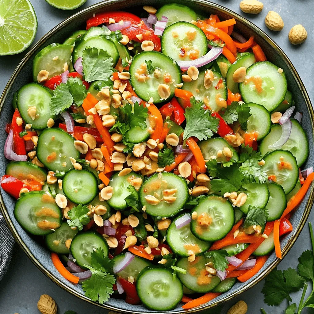 Für einen frischen und knackigen Spicy Thai Cucumber Salad benötigst du: - 2 Tassen Gurken, dünn geschnitten - 1 Karotte, julienniert - 1 rote Paprika, dünn geschnitten - 1/4 Tasse rote Zwiebel, fein geschnitten - 1/4 Tasse frischer Koriander, gehackt - 1/4 Tasse geröstete Erdnüsse, grob gehackt - 2 Esslöffel Limettensaft - 1 Esslöffel Fischsauce (oder Sojasauce für eine vegetarische Option) - 1 Esslöffel Chilipaste (je nach Schärfetoleranz anpassen) - 1 Teelöffel Zucker - Salz nach Geschmack Die Mengen sind für vier Portionen ausgelegt. Du kannst die Zutaten nach Belieben anpassen. Mehr Gurken oder weniger Chilipaste? Es liegt an dir! Frische Zutaten machen den besten Salat. Sie bieten mehr Geschmack und knusprige Textur. Gurken und Paprika verlieren beim Einfrieren ihre Knackigkeit. Wenn du aber keine frischen Zutaten hast, nutze die gefrorenen. Sie sind besser als keine. Achte darauf, sie gut abzutropfen, um überschüssige Feuchtigkeit zu vermeiden. So bleibt dein Salat frisch und lecker. Für die vollständige Zubereitung, schau dir das [Full Recipe] an. Beginne mit der Vorbereitung der Gurken. Schneide sie in dünne Scheiben und lege sie in eine große Schüssel. Diese Gurken geben dem Salat eine knackige Textur. Nimm dann eine Karotte und schneide sie in feine Streifen. Füge die Karotte zur Schüssel hinzu. Jetzt kommt die rote Paprika. Schneide sie ebenfalls dünn und gib sie dazu. Zum Schluss schneide die rote Zwiebel fein und füge sie in die Mischung. Jetzt machen wir das Dressing. Nimm eine kleine Schüssel und füge den Limettensaft hinzu. Die Limette gibt dem Salat einen frischen Geschmack. Gib die Fischsauce oder Sojasauce dazu, je nach deinem Wunsch. Füge die Chilipaste hinzu, aber passe die Menge deinem Geschmack an. Dann kommt der Zucker und eine Prise Salz. Rühre alles gut um, bis es gleichmäßig vermischt ist. Gieße das Dressing über die Gurken- und Gemüsemischung. Mische alles vorsichtig, damit das Gemüse das Dressing gut aufnimmt. Jetzt fügen wir den gehackten Koriander und die gerösteten Erdnüsse hinzu. Mische nochmals sanft, um alles zu kombinieren. Lass den Salat 10 bis 15 Minuten ruhen. So können sich die Aromen entfalten. Schmecke den Salat ab und passe die Würze nach Bedarf an. Serviere ihn schön in einer flachen Schüssel. Garniere mit extra Koriander und ganzen Erdnüssen. Stelle Limettenviertel daneben für einen zusätzlichen spritzigen Kick. Du kannst das Ganze in der [Full Recipe] für mehr Details nachlesen. Um deine Gurken frisch zu halten, wähle die besten aus. Suche nach festen, glatten Gurken ohne Flecken. Lagere sie im Kühlschrank, aber nicht zu lange. Wenn du sie schneidest, verwende ein scharfes Messer. So bleiben die Stücke schön. Du kannst die Schärfe variieren. Wenn du es mild magst, nimm weniger Chilipaste. Für mehr Kick füge frische Chilis hinzu. Experimentiere auch mit den Kräutern. Minze kann eine tolle Ergänzung sein. Probiere auch Limetten- oder Zitronenzeste für einen frischen Geschmack. Serviere den Salat kalt oder bei Raumtemperatur. Eine große, flache Schüssel sieht schön aus. Garniere ihn mit frischem Koriander und ganzen Erdnüssen. Stelle Limettenviertel daneben, damit jeder nach Belieben nachwürzen kann. Diese einfachen Schritte machen den Salat noch besser. Für das vollständige Rezept, schau dir die [Full Recipe] an. {{image_4}} Ich liebe es, mit Variationen des Spicy Thai Cucumber Salad zu spielen. Eine einfache Möglichkeit ist die Verwendung von Sojasauce anstelle von Fischsauce. So bleibt der Salat frisch und lecker, auch für Vegetarier. Du kannst auch Tofu hinzufügen, um mehr Protein zu haben. Tofu passt gut und macht den Salat sättigender. Wenn du gerne etwas Süßes magst, füge mehr Zucker oder sogar Ananasstücke hinzu. Eine andere Idee ist, mehr Chili zu verwenden, wenn du es schärfer magst. Du kannst auch andere Gemüsesorten ausprobieren, wie Radieschen oder Avocado. Diese Zutaten bringen neue Texturen und Aromen in dein Gericht. Im Sommer sind frische, saftige Tomaten perfekt für diesen Salat. Im Winter kannst du knackige Äpfel oder Birnen nutzen. Diese Früchte geben dem Salat einen tollen Crunch. Achte darauf, die Zutaten entsprechend der Saison auszuwählen. So bleibt dein Salat immer frisch und spannend. Wenn du die volle Rezeptanleitung benötigst, schau dir den [Full Recipe] an. Der Spicy Thai Cucumber Salad ist einfach zu lagern. Du solltest den Salat in einem luftdichten Behälter aufbewahren. So bleibt er frisch und knackig. Stelle sicher, dass du den Salat nicht zu lange stehen lässt. Er schmeckt am besten, wenn er frisch ist. Im Kühlschrank hält der Salat etwa 2 bis 3 Tage. Die Gurken verlieren jedoch schnell ihre Knackigkeit. Du kannst die frischen Zutaten auch getrennt aufbewahren. Das hilft, die Frische länger zu bewahren. Wenn du den Salat aufbewahrst, probiere, ihn am zweiten Tag zu essen. So bleibt der Geschmack gut. Wenn du Reste hast, kannst du sie einfach aufpeppen. Füge mehr frisches Gemüse hinzu oder verwende ihn als Beilage zu einem Hauptgericht. Du kannst den Salat auch in Wraps verwenden. Die Kombination aus knackigen Gurken und scharfen Aromen passt perfekt zu vielen Gerichten. Nutze die Reste kreativ und genieße die Vielfalt! Der Spicy Thai Cucumber Salad hat eine milde bis mittlere Schärfe. Die Schärfe kommt von der Chilipaste. Du kannst die Menge der Chilipaste anpassen. Wenn du es schärfer magst, füge mehr hinzu. Wenn du es weniger scharf magst, nimm einfach weniger. Probiere es aus, um deinen perfekten Schärfegrad zu finden. Ja, du kannst den Salat im Voraus zubereiten. Bereite alle Zutaten vor und mische sie. Lass den Salat etwa 10 bis 15 Minuten ziehen, damit die Aromen gut durchziehen. Wenn du ihn länger aufbewahren möchtest, lagere das Dressing separat. Mische alles kurz vor dem Servieren. So bleibt der Salat frisch und knackig. Wenn du keine Fischsauce verwenden möchtest, gibt es Alternativen. Sojasauce ist eine gute Wahl für eine vegetarische Option. Du kannst auch Kokosnussaminos verwenden. Diese sind süßlich und passen gut zu den anderen Aromen. Probiere verschiedene Optionen aus, um deinen Lieblingsgeschmack zu finden. Der Blogbeitrag behandelt die wichtigsten Zutaten für den Spicy Thai Cucumber Salad. Wir haben die Zutatenübersicht, Mengenangaben und die Wahl zwischen frischen und gefrorenen Zutaten besprochen. Ich habe dir eine Schritt-für-Schritt-Anleitung zur Zubereitung gegeben, gefolgt von nützlichen Tipps für Frische und Geschmack. Wir haben Variationen und Lagerinformationen durchleuchtet, um den Salat zu genießen. Denke daran, dass dieser Salat sowohl frisch als auch kreativ angepasst werden kann. Nutze die Tipps aus dem Beitrag, um deinen eigenen perfekten Salat zu kreieren.