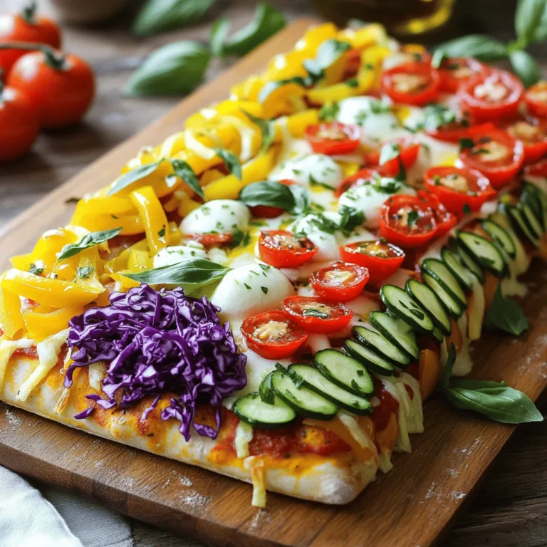 Die Hauptzutaten sind einfach und lecker. Hier sind die Zutaten, die du brauchst: - 1 fertiger Pizzateig (gekauft oder selbstgemacht) - 1/2 Tasse Pizzasauce - 1 Tasse geriebener Mozzarella-Käse - 1/2 Tasse rote Paprika, gewürfelt - 1/2 Tasse gelbe Paprika, gewürfelt - 1/2 Tasse grüne Zucchini, dünn geschnitten - 1/2 Tasse rote Kohl, fein gehobelt - 1/2 Tasse Cherrytomaten, halbiert - 1/4 Tasse schwarze Oliven, in Scheiben - 1 Teelöffel getrockneter Oregano - 1 Teelöffel Knoblauchpulver - Olivenöl zum Beträufeln - Frische Basilikumblätter zum Garnieren Die Wahl der richtigen Gemüse macht den Unterschied. Suche nach frischen, bunten Sorten. Rote und gelbe Paprika bringen Süße. Grüne Zucchini sorgt für Crunch. Roter Kohl bringt Farbe. Cherrytomaten fügen Frische hinzu. Schwarze Oliven geben einen salzigen Geschmack. Achte darauf, dass alles frisch aussieht. Es hilft, die Farben gut zu mischen, um den Regenbogeneffekt zu erzielen. Der Pizzateig kann selbstgemacht oder gekauft sein. Wenn du Zeit hast, ist selbstgemachter Teig toll. Er hat einen besseren Geschmack und ist frisch. Ein einfacher Teig braucht nur Mehl, Wasser, Hefe und Salz. Wenn du es schnell magst, kaufe einen fertigen Teig. Fertige Teige sind oft sehr gut und sparen Zeit. Wähle, was für dich am besten passt. In jedem Fall macht der Teig einen großen Teil der Pizza aus. Du findest den vollständigen Rezept hier: [Full Recipe]. Zuerst heize ich den Ofen auf 245°C vor. Während der Ofen heiß wird, rolle ich den Pizzateig auf einer bemehlten Fläche aus. Ich achte darauf, dass der Teig die Größe des Backblechs hat. Mit einer Vorsicht übertrage ich den Teig auf das Backblech. Das sorgt für einen guten Start. Jetzt kommt die Pizzasauce. Ich verteile sie gleichmäßig über den Teig. Dabei stelle ich sicher, dass die gesamte Fläche bedeckt ist. Danach streue ich den geriebenen Mozzarella-Käse darüber. Gleichmäßigkeit ist wichtig, damit jeder Biss köstlich schmeckt. Das ist der spaßigste Teil! Ich beginne mit der roten Paprika und lege sie schön auf die Pizza. Dann kommt die gelbe Paprika, gefolgt von der grünen Zucchini. Jetzt ist der rote Kohl an der Reihe. Ich halbiere die Cherrytomaten und lege sie dann auf die Pizza. Zum Schluss platziere ich die Scheiben der schwarzen Oliven. Ich achte darauf, die Farben so anzuordnen, dass ein Regenbogeneffekt entsteht. Das sieht nicht nur toll aus, sondern schmeckt auch fantastisch! Für die genauen Schritte und Mengen schaue dir die [Full Recipe]. Um den perfekten Pizzateig zu machen, brauchen wir wenige Zutaten. Mischen Sie Mehl, Wasser, Hefe und Salz. Kneten Sie den Teig für etwa zehn Minuten. Lassen Sie ihn dann an einem warmen Ort ruhen. Der Teig sollte sich in der Größe verdoppeln. Für einen knusprigen Boden nutzen Sie Typ 00 Mehl. Dieses Mehl hat eine feine Textur und gibt der Pizza einen tollen Biss. Fügen Sie etwas Olivenöl hinzu, um den Teig geschmeidiger zu machen. Heizen Sie den Ofen auf 245°C (475°F) vor. Diese hohe Temperatur hilft, eine knusprige Kruste zu erreichen. Backen Sie die Pizza für 12 bis 15 Minuten. Schauen Sie nach, ob der Käse blubbert und die Kruste goldbraun ist. Wenn der Rand der Pizza knusprig aussieht, ist sie bereit. Verwenden Sie einen Pizzastein, wenn möglich. Er speichert die Hitze gut und sorgt für eine gleichmäßige Backung. Die Auswahl der richtigen Zutaten macht Ihre Regenbogen-Gemüse-Pizza besonders. Nutzen Sie frisches Gemüse in verschiedenen Farben. Rote und gelbe Paprika bringen Süße. Grüne Zucchini sorgt für Frische. Vergessen Sie nicht die Gewürze. Oregano und Knoblauchpulver geben der Pizza den letzten Kick. Ein paar Tropfen Olivenöl erhöhen den Geschmack. Für ein besonderes Aroma können Sie auch frische Kräuter wie Basilikum verwenden. Streuen Sie sie nach dem Backen auf die Pizza. So wird jede Scheibe zum Genuss. Für mehr Details schauen Sie sich das Full Recipe an. {{image_4}} Wenn Sie glutenfrei essen müssen, gibt es viele tolle Pizzateig-Alternativen. Sie können zum Beispiel Blumenkohlreis oder Kichererbsenteig verwenden. Beide sind einfach zuzubereiten und schmecken lecker. Diese Teige machen die Pizza leicht und gesund. Das Beste ist, sie sind voller Nährstoffe. Käse macht die Pizza besonders gut. Mozzarella ist der Klassiker, aber Sie können auch andere Käsesorten ausprobieren. Cheddar gibt einen starken Geschmack. Feta bringt ein salziges Aroma. Veganer Käse ist eine tolle Option für viele. Experimentieren Sie mit verschiedenen Käsesorten. So finden Sie Ihre perfekte Mischung. Die Regenbogen-Gemüse-Pizza hat viele Möglichkeiten. Sie können fast jedes Gemüse hinzufügen, das Sie mögen. Zucchini, Pilze und Spinat sind großartige Ergänzungen. Auch Artischocken und Brokkoli sind lecker. Mischen Sie verschiedene Farben und Texturen für einen tollen Effekt. Denken Sie daran, saisonales Gemüse zu verwenden. So bleibt die Pizza frisch und mit Geschmack. Holen Sie sich weitere Ideen in [Full Recipe]. Wenn du die Regenbogen-Gemüse-Pizza nicht sofort isst, bewahre sie gut auf. Lass die Pizza zuerst auf Raumtemperatur abkühlen. Lege sie dann in einen luftdichten Behälter oder wickle sie in Frischhaltefolie. So bleibt der Geschmack frisch und die Kruste knusprig. Achte darauf, die Pizza innerhalb von drei Tagen zu essen. Wenn du ein Stück oder mehr übrig hast, kannst du die Pizza einfrieren. Schneide die Pizza in Stücke. Lege die Stücke in einen Gefrierbeutel oder einen Behälter. Vergiss nicht, das Datum auf den Beutel zu schreiben. So weißt du, wann du sie gemacht hast. Die Pizza hält sich bis zu drei Monate im Gefrierfach. Um die Pizza wieder aufzuwärmen, heize den Ofen auf 180°C vor. Lege die Stücke auf ein Backblech und backe sie für 10 bis 15 Minuten. So wird die Kruste wieder knusprig und der Käse schmilzt. Du kannst auch eine Mikrowelle verwenden, aber die Pizza wird nicht so knusprig. Für besten Geschmack, genieße die Pizza frisch aus dem Ofen. Wenn du mehr Tipps suchst, schau dir das Full Recipe an. Die Zubereitung einer Regenbogen-Gemüse-Pizza dauert etwa 30 Minuten. Die Vorbereitungszeit beträgt etwa 15 Minuten. Das Backen im Ofen dauert 12-15 Minuten. So kannst du schnell eine leckere Pizza zaubern! Ja, du kannst die Pizza ganz einfach vegetarisch oder vegan machen. Verwende anstelle von Mozzarella veganen Käse oder lasse den Käse ganz weg. Die frischen Gemüse sind schon geschmackvoll genug! Die besten Toppings sind bunte Gemüse. Hier sind einige tolle Optionen: - Rote Paprika - Gelbe Paprika - Grüne Zucchini - Rote Kohl - Cherrytomaten - Schwarze Oliven Diese Zutaten sorgen für einen schönen Regenbogeneffekt. Du kannst auch frische Kräuter wie Basilikum oder Oregano hinzufügen. Für die vollständige Anleitung und die genauen Mengen schaue dir das [Full Recipe] an. Eine Regenbogen-Gemüse-Pizza ist ein anerkanntes Gericht, das gesund und lecker ist. Wir haben die besten Zutaten ausgewählt, von frischem Gemüse bis zum perfekten Teig. Die Schritt-für-Schritt-Anleitung macht es leicht, diese Pizza zu Hause zu machen. Mit diesen Tipps werden deine Pizzen immer besser. Denke daran, auch Variationen auszuprobieren, wie glutenfreie Teige. Die richtige Aufbewahrung hält den Geschmack frisch, und Reste sind einfach wieder aufzuwärmen. Experimentiere und finde deinen eigenen Pizzastil. Viel Spaß beim Backen!