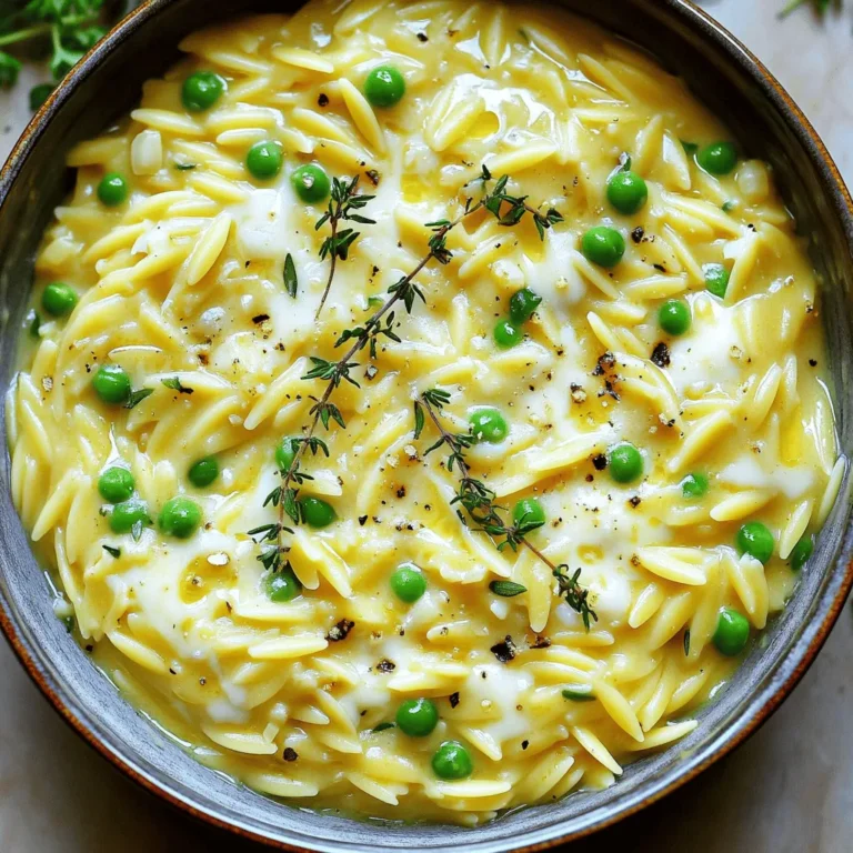 Um cremiges Knoblauch-Parmesan-Orzo zuzubereiten, benötigst du diese Hauptzutaten: - 1 Tasse Orzo-Nudeln - 4 Tassen Gemüsebrühe - 1 Esslöffel Olivenöl - 3 Knoblauchzehen, fein gehackt - 1 Tasse Schlagsahne - 1 Tasse frisch geriebener Parmesan - 1/2 Tasse gefrorene Erbsen - 1 Teelöffel frischer Thymian (oder 1/2 Teelöffel getrockneter Thymian) - Salz und Pfeffer nach Geschmack - Frische Petersilie, gehackt (zum Garnieren) Diese Zutaten bilden die Basis für dein Gericht. Die Orzo-Nudeln geben eine tolle Textur. Die Gemüsebrühe sorgt für Geschmack, während der Parmesan eine cremige Konsistenz bietet. Neben den Hauptzutaten sind Gewürze und Kräuter wichtig. Sie heben den Geschmack hervor. Ich empfehle frischen Thymian. Er bringt ein tolles Aroma. Auch Salz und Pfeffer sind wichtig. Sie verleihen dem Gericht die nötige Würze. Du kannst auch andere Kräuter ausprobieren. Basilikum oder Oregano passen gut. So kannst du das Gericht nach deinem Geschmack anpassen. Du kannst das Rezept leicht variieren. Wenn du keine Erbsen magst, kannst du Brokkoli oder Spinat verwenden. Diese Gemüse geben Farbe und Nährstoffe. Du kannst auch Hähnchen oder Garnelen hinzufügen. Das macht das Gericht proteinreicher. Wenn du es vegan zubereiten möchtest, ersetze die Schlagsahne durch Kokoscreme und den Parmesan durch eine vegane Variante. So erhältst du ein leckeres Gericht für jeden Geschmack. Für mehr Details, schaue dir das Full Recipe an. Zuerst erhitze ich die Gemüsebrühe in einem großen Topf. Ich stelle die Hitze auf mittel, bis die Brühe sanft köchelt. Das dauert nur ein paar Minuten. Dann gebe ich 1 Tasse Orzo-Nudeln in die Brühe. Ich koche das Orzo für etwa 8-10 Minuten. Dabei rühre ich gelegentlich um. Das Ziel ist, dass das Orzo al dente wird. Wenn es fertig ist, lasse ich überschüssige Brühe ab, falls nötig. In einer separaten Pfanne erhitze ich 1 Esslöffel Olivenöl bei mittlerer Hitze. Ich füge 3 fein gehackte Knoblauchzehen hinzu. Ich sautiere den Knoblauch für etwa 1-2 Minuten. Es ist wichtig, dass der Knoblauch duftet, aber nicht verbrennt. Der Geruch ist einfach köstlich und gibt dem Gericht seine besondere Note. Sobald das Orzo fertig ist, gebe ich es in die Pfanne mit dem Knoblauch. Ich vermische alles gut, damit sich die Aromen verbinden. Dann gieße ich 1 Tasse Schlagsahne dazu und rühre gut um. Ich lasse es für weitere 2-3 Minuten köcheln, damit die Sauce leicht eindickt. Jetzt kommt der frisch geriebene Parmesan. Ich füge ihn nach und nach hinzu und rühre kontinuierlich. Wenn der Käse geschmolzen ist, gebe ich 1/2 Tasse gefrorene Erbsen und 1 Teelöffel frischen Thymian dazu. Ich koche alles für weitere 2-3 Minuten, bis die Erbsen warm sind. Ich schmecke das Gericht mit Salz und Pfeffer ab und vermische es gründlich. Dann lasse ich das Gericht ruhen, damit es dicker wird. Für das vollständige Rezept kannst du den Abschnitt "Full Recipe" besuchen. Um das Orzo perfekt zu kochen, achte auf die Zeit. Koche das Orzo in der Brühe für 8-10 Minuten. Rühre dabei gelegentlich um. Das Orzo sollte al dente sein, also leicht fest. Das sorgt für den besten Biss und Geschmack. Ein häufiger Fehler ist, die Brühe zu stark zu kochen. Wenn die Brühe sprudelt, kann das Orzo kleben. Achte darauf, die Hitze auf mittlere Stufe zu halten. Lass das Orzo nicht zu lange kochen. Wenn es zu weich ist, verliert es seinen guten Geschmack und die Textur. Um den Geschmack zu verbessern, füge frisch gehackte Kräuter hinzu. Thymian passt gut, aber auch Petersilie oder Basilikum sind großartig. Du kannst auch mehr Knoblauch verwenden, wenn du es würziger magst. Ein Spritzer Zitrone bringt Frische und hebt die Aromen hervor. Für mehr Tiefe kannst du etwas Parmesan während des Kochens hinzufügen. Wenn du mehr über die Zubereitung erfahren möchtest, schau dir das Full Recipe an. {{image_4}} Um das cremige Knoblauch-Parmesan-Orzo noch besser zu machen, füge Gemüse hinzu. Du kannst frische Spinatblätter oder gebratene Zucchini verwenden. Gegrillte Paprika oder Brokkoli sind auch tolle Optionen. Diese Gemüsesorten bringen nicht nur Farbe, sondern auch mehr Nährstoffe in dein Gericht. Erhitze das Gemüse einfach in der Pfanne, bevor du das Orzo hinzufügst. Das gibt dem Gericht einen leckeren Biss. Wenn du mehr Protein möchtest, gibt es viele Möglichkeiten. Hähnchenbrust ist eine beliebte Wahl. Brate sie in der Pfanne und schneide sie in Stücke. Garnelen sind auch eine gute Wahl. Sie kochen schnell und passen gut zum Orzo. Für eine vegetarische Option kannst du Kichererbsen oder Linsen hinzufügen. Dies gibt dir eine nahrhafte Mahlzeit, die lange satt macht. Für spezielle diätetische Bedürfnisse kannst du das Rezept leicht anpassen. Verwende glutenfreie Orzo-Nudeln, wenn du Gluten vermeiden willst. Für eine vegane Version ersetze die Schlagsahne durch Kokosmilch oder Cashewcreme. Du kannst auch den Parmesan durch Hefeflocken ersetzen. So bleibt der Geschmack voll, ohne tierische Produkte zu nutzen. Diese Anpassungen helfen dir, dein Gericht nach deinen Wünschen zu gestalten. Das ist das Schöne an diesem Rezept: Es ist flexibel. Du kannst die Zutaten nach deinem Geschmack und deinen Bedürfnissen ändern. Wenn du mehr Ideen brauchst, schau dir das Full Recipe an. Um die Reste vom cremigen Knoblauch-Parmesan-Orzo richtig zu lagern, benötigst du einen luftdichten Behälter. Lass das Gericht zuerst auf Raumtemperatur abkühlen. Danach füllst du es in den Behälter und verschließt ihn gut. So bleibt der Geschmack frisch. Du kannst die Reste bis zu drei Tage im Kühlschrank aufbewahren. Wenn du bereit bist, die Reste zu genießen, gibt es einen einfachen Weg, das Gericht aufzuwärmen. Gib das Orzo in einen Topf und füge ein wenig Brühe oder Sahne hinzu. Erhitze es bei mittlerer Hitze und rühre gut um. Achte darauf, dass es nicht anbrennt. Alternativ kannst du die Reste auch in der Mikrowelle aufwärmen. Decke die Schüssel ab, um ein Austrocknen zu verhindern. Im Kühlschrank hält sich der cremige Knoblauch-Parmesan-Orzo etwa drei Tage. Wenn du die Reste länger aufbewahren möchtest, friere sie ein. In einem luftdichten Behälter bleibt das Gericht etwa zwei Monate frisch. Um das Aufwärmen zu erleichtern, teile die Portionen vorher auf. Achte darauf, die Reste gut zu beschriften und das Datum hinzuzufügen. So hast du einen guten Überblick über die Haltbarkeit. Wenn du keinen Orzo hast, gibt es viele Alternativen. Du kannst Reis verwenden, besonders Risotto-Reis. Quinoa ist auch eine gute Wahl. Nudeln wie Farfalle oder kleine Muscheln funktionieren ebenfalls gut. Diese Optionen bieten ähnliche Texturen und nehmen die Aromen gut auf. Ja, du kannst das Gericht vegan machen. Ersetze die Schlagsahne durch eine pflanzliche Sahne, wie Hafer- oder Sojasahne. Nutze einen veganen Parmesan oder Hefeflocken für den Käsegeschmack. Achte darauf, dass die Brühe ebenfalls vegan ist. So bleibt der Geschmack lecker und die Zubereitung einfach. Um den Knoblauchgeschmack zu verstärken, verwende mehr Knoblauchzehen. Du kannst auch Knoblauchpulver hinzufügen. Röste den Knoblauch leicht, um den Geschmack zu intensivieren. Eine Prise Knoblauchöl kann auch helfen, das Aroma zu erhöhen. So wird das Gericht noch schmackhafter. In diesem Blogbeitrag haben wir die Hauptzutaten für cremiges Knoblauch-Parmesan-Orzo besprochen. Sie haben gelernt, wie Sie die Brühe vorbereiten, den Knoblauch sautieren und die cremige Sauce mischen. Ich habe auch hilfreiche Tipps gegeben, um perfekte Ergebnisse zu erzielen. Variationen ermöglichen es, Ihr Gericht anzupassen, während Aufbewahrungshinweise sicherstellen, dass Reste frisch bleiben. Experimentieren Sie mit den Vorschlägen und genießen Sie Ihr Orzo auf neue Weise. Das Gericht ist einfach, lecker und vielseitig!