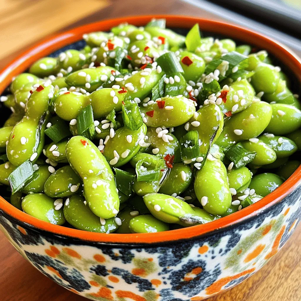 Um dein Spicy Garlic Edamame zuzubereiten, brauchst du folgende Zutaten: - 2 Tassen Edamame (in Schoten), frisch oder gefroren - 3 Esslöffel Olivenöl - 4 Knoblauchzehen, fein gehackt - 1-2 Teelöffel rote Pfefferflocken (nach Schärfewunsch anpassen) - 2 Esslöffel Sojasauce - 1 Esslöffel Sesamöl - Salz nach Geschmack - 1 Esslöffel Sesamsamen (optional, zur Dekoration) - Gehackte Frühlingszwiebeln zur Dekoration Diese Zutaten machen das Gericht einfach und schmackhaft. Du kannst frisches oder gefrorenes Edamame verwenden. Beide Optionen sind lecker. Wenn du etwas Abwechslung möchtest, kannst du die Zutaten anpassen. Zum Beispiel: - Ersetze Olivenöl durch Erdnussöl für einen nussigen Geschmack. - Verwende frischen Ingwer für zusätzlichen Geschmack. - Füge geröstete Erdnüsse hinzu, um eine knusprige Textur zu bekommen. - Verwende Tamari statt Sojasauce für eine glutenfreie Option. Sei kreativ und passe das Rezept deinem Geschmack an! Edamame ist nicht nur lecker, sondern auch gesund. Diese kleinen Bohnen sind eine gute Quelle für: - Protein: Sie liefern viele pflanzliche Proteine. - Ballaststoffe: Sie unterstützen die Verdauung. - Vitamine und Mineralstoffe: Edamame enthält Vitamin K, Folsäure und Eisen. Ein kleiner Snack kann viel Nährstoffkraft bieten. Wenn du mehr über die Nährstoffe erfahren möchtest, schau dir die Full Recipe an. Zuerst müssen wir das Edamame zubereiten. Wenn Sie gefrorenes Edamame haben, kochen Sie es nach der Packungsanweisung. Normalerweise dauert das etwa 3-5 Minuten. Wenn Sie frisches Edamame verwenden, dämpfen oder kochen Sie es für 5-7 Minuten. Das Ziel ist, dass es leuchtend grün und zart wird. Gießen Sie es dann ab und stellen Sie es beiseite. Jetzt kommt der spannende Teil: das Anbraten! Nehmen Sie eine große Pfanne und erhitzen Sie 3 Esslöffel Olivenöl bei mittlerer Hitze. Geben Sie 4 fein gehackte Knoblauchzehen in die Pfanne. Braten Sie den Knoblauch 1-2 Minuten lang an, bis er aromatisch ist. Achten Sie darauf, dass der Knoblauch nicht braun wird. Fügen Sie dann 1-2 Teelöffel rote Pfefferflocken hinzu. Rühren Sie alles für etwa 30 Sekunden, damit sich die Aromen entfalten. Jetzt bringen wir alles zusammen! Geben Sie das gekochte Edamame in die Pfanne. Mischen Sie das Edamame gut mit dem Knoblauch und dem Öl. Danach träufeln Sie 2 Esslöffel Sojasauce und 1 Esslöffel Sesamöl darüber. Rühren Sie alles gut durch und erhitzen Sie es für 2-3 Minuten. Dies lässt die Aromen wunderbar verschmelzen. Am Ende können Sie das Gericht nach Geschmack mit etwas Salz abschmecken. Für die vollständige Anleitung, schauen Sie sich das Full Recipe an! Um die Schärfe anzupassen, spielen rote Pfefferflocken eine große Rolle. Beginnen Sie mit einem Teelöffel. Mischen Sie das Edamame gut und probieren Sie es. Fügen Sie mehr hinzu, wenn Sie es schärfer mögen. Für weniger Schärfe, verwenden Sie weniger oder lassen Sie die Flocken ganz weg. Experimentieren Sie, bis es Ihnen perfekt schmeckt. Hochwertige Zutaten machen einen großen Unterschied. Verwenden Sie frisches Edamame, wenn möglich. Achten Sie auf gutes Olivenöl und frischen Knoblauch. Ich empfehle, die Sojasauce von einer bekannten Marke zu wählen. Es lohnt sich, in gute Produkte zu investieren. Diese kleinen Änderungen heben den Geschmack erheblich an. Ein häufiges Problem ist, dass der Knoblauch anbrennt. Achten Sie darauf, ihn nicht zu lange zu braten. Halten Sie die Hitze niedrig, um das Aroma zu bewahren. Ein weiteres Problem kann sein, dass das Edamame nicht genug Geschmack hat. In diesem Fall helfen mehr Gewürze oder eine zusätzliche Prise Salz. Wenn das Gericht zu trocken wird, fügen Sie einen Spritzer Wasser oder mehr Öl hinzu. {{image_4}} Wenn du eine vegane Version von Spicy Garlic Edamame suchst, gibt es tolle Optionen. Nutze Kokosöl anstelle von Olivenöl. Es gibt einen süßen Geschmack, der gut passt. Außerdem kannst du die Sojasauce durch Tamari ersetzen. Tamari ist glutenfrei und hat einen tiefen Geschmack. Möchtest du mehr Textur? Füge geröstete Kichererbsen hinzu. Sie geben einen tollen Crunch. Du kannst das Rezept auch erweitern. Füge gehackte Erdnüsse hinzu, um einen nussigen Geschmack zu erhalten. Sie harmonieren perfekt mit dem Knoblauch und der Schärfe. Avocado ist eine weitere leckere Wahl. Sie macht das Gericht cremig und reichhaltig. Einfach gewürfelte Avocado beim Servieren hinzufügen. Das gibt dem Gericht eine frische Note. Spicy Garlic Edamame passt gut zu vielen Gerichten. Serviere es als Vorspeise mit Reis oder Quinoa. Diese Beilagen ergänzen die Aromen wunderbar. Für Getränke empfehle ich grünen Tee oder ein leichtes Bier. Beide Optionen bieten einen schönen Kontrast zur Schärfe. Probiere auch einen spritzigen Ingwer-Limonade für einen zusätzlichen Kick. Wenn Sie Edamame übrig haben, bewahren Sie es in einem luftdichten Behälter auf. So bleibt der Geschmack frisch. Lassen Sie die Edamame gut abkühlen, bevor Sie sie lagern. Im Kühlschrank hält sich das Edamame bis zu drei Tage. Um das Edamame in der Mikrowelle aufzuwärmen, geben Sie es in eine mikrowellengeeignete Schüssel. Fügen Sie einen Esslöffel Wasser hinzu und decken Sie die Schüssel mit einem feuchten Papiertuch ab. Erhitzen Sie es in 30-Sekunden-Intervallen, bis es warm ist. So bleibt das Edamame saftig und lecker. Im Kühlschrank bleibt das Edamame bis zu drei Tage gut. Wenn Sie es länger aufbewahren möchten, frieren Sie es ein. Das gefrorene Edamame hält sich bis zu sechs Monate. Achten Sie darauf, es in einem fest verschlossenen Beutel zu lagern. So vermeiden Sie Gefrierbrand. Ja, gefrorenes Edamame eignet sich gut für dieses Rezept. Es ist einfach und schnell. Kochen Sie das gefrorene Edamame einfach nach Packungsanweisung. Normalerweise dauert es nur wenige Minuten. Wenn Sie frisches Edamame haben, dämpfen Sie es für 5-7 Minuten. So bleibt der Geschmack frisch und lecker. Ja, Edamame ist sehr gesund. Es ist reich an Proteinen, Ballaststoffen und Vitaminen. Diese Hülsenfrüchte enthalten wenig Fett und viele Nährstoffe. Sie sind eine gute Wahl für Snacks oder Beilagen. Außerdem können sie helfen, den Cholesterinspiegel zu senken und das Herz zu schützen. Edamame ist eine großartige Ergänzung für eine ausgewogene Ernährung. Edamame ist vielseitig und passt in viele Gerichte. Sie können es in Salaten, Suppen oder Pasta verwenden. Fügen Sie es zu Reisgerichten oder Buddha-Bowls hinzu. Es gibt unzählige Möglichkeiten, Edamame zu genießen. Experimentieren Sie! Sie können auch die pikanten Knoblauch-Edamame als Beilage zu Fisch oder Fleisch servieren. Zusammengefasst bietet dieser Artikel eine umfassende Anleitung zur Zubereitung und Verwendung von Edamame. Wir haben die besten Zutaten, Zubereitungsschritte, Tipps und viele Variationen behandelt. Edamame ist einfach, gesund und vielseitig. Die Rezepte sind leicht anzupassen. Experimentiere mit neuen Zutaten, um deinen Gerichten mehr Geschmack zu verleihen. Achte auf die Lagerung, um die Frische zu bewahren. Jetzt bist du bereit, leckere Edamame-Gerichte zu kreieren. Viel Spaß beim Kochen!