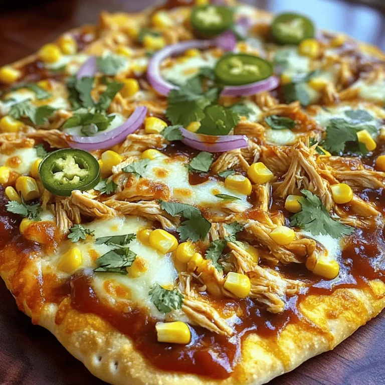 - 2 große Fladenbrote oder Naan - 1 Tasse gekochtes Hähnchen, zerkleinert - 1/2 Tasse BBQ-Sauce Die Hauptzutaten machen die Basis für unsere BBQ Chicken Flatbread Pizza. Fladenbrote oder Naan sind ideal für diesen leckeren Belag. Sie geben den perfekten Crunch. Das zerkleinerte Hähnchen bringt Protein und Geschmack. Die BBQ-Sauce sorgt für einen süßlichen und rauchigen Geschmack, der das Gericht ausmacht. - 1 Tasse geriebener Mozzarella-Käse - 1/2 Tasse rote Zwiebel, dünn geschnitten - 1/2 Tasse Mais Die weiteren Zutaten fügen Textur und Geschmack hinzu. Mozzarella-Käse schmilzt schön und macht die Pizza cremig. Rote Zwiebel gibt einen frischen und leicht scharfen Geschmack. Mais bringt eine süße Note, die gut mit der BBQ-Sauce harmoniert. - 1/4 Tasse frischer Koriander, gehackt - Jalapeños (optional) - Salz und Pfeffer Die Gewürze und Extras runden dein Gericht ab. Frischer Koriander bringt Frische und Farbe. Wenn du es schärfer magst, füge Jalapeños hinzu. Salz und Pfeffer sind wichtig, um den Geschmack zu betonen. Du kannst die Mengen nach deinem Geschmack anpassen. Für das vollständige Rezept schau dir die [Full Recipe] an. Heize deinen Ofen auf 220°C vor. Das ist wichtig, um die Pizza knusprig zu machen. Nimm ein Backblech und lege es mit Backpapier aus. Jetzt kommt das Hähnchen. Nimm eine Schüssel und gib das zerkleinerte Hähnchen hinein. Füge die Hälfte der BBQ-Sauce hinzu. Rühre gut um, damit das Hähnchen die Sauce gut aufnimmt. Legen die Fladenbrote oder Naan auf das Backblech. Sie sollten genug Platz haben, um gleichmäßig zu backen. Jetzt trage die restliche BBQ-Sauce als Basis auf die Fladenbrote auf. So bleibt der Teig saftig und lecker. Verteile die Hähnchenmischung gleichmäßig auf den Fladenbroten. Achte darauf, dass jedes Stück gut belegt ist. Jetzt streue den geriebenen Mozzarella-Käse gleichmäßig darüber. Füge die geschnittene rote Zwiebel und den Mais hinzu. Diese Zutaten bringen Farbe und Geschmack. Schiebe die Pizza in den vorgeheizten Ofen. Backe sie für 12-15 Minuten. Der Käse sollte geschmolzen und sprudelnd sein. Die Ränder des Fladenbrots sind goldbraun, wenn sie fertig sind. Nimm die Pizza aus dem Ofen und lasse sie kurz abkühlen. Garniere sie dann mit frischem Koriander und optional mit Jalapeños. Schneide die Fladenbrot-Pizza in Stücke und serviere sie warm. Für das gesamte Rezept schau dir den Full Recipe an. Der richtige Ofen ist wichtig für gutes Essen. Am besten nutzt du einen Umluftofen. Heize deinen Ofen auf 220°C (425°F) vor. So wird die Hitze gleichmäßig verteilt. Das sorgt für knuspriges Fladenbrot und geschmolzenen Käse. Die Temperatur und Backzeit anpassen ist ebenfalls wichtig. Wenn du viel Belag hast, verlängere die Backzeit um ein paar Minuten. Achte darauf, dass der Käse goldbraun ist. So ist deine Pizza perfekt. Alternative Saucen und Käse können dein Gericht aufpeppen. Probiere zum Beispiel eine scharfe Sauce oder eine Honig-Senf-Sauce. Für Käse kannst du Cheddar oder Gouda verwenden. Diese Variationen geben deinem Gericht einen neuen Geschmack. Vegetarische Optionen sind ebenfalls möglich. Statt Hähnchen, nutze Gemüse wie Paprika oder Zucchini. Du kannst auch Tofu verwenden. So bleibt dein Gericht lecker und gesund. Ideen für Beilagen sind wichtig, um dein Essen zu ergänzen. Ein frischer Salat passt gut dazu. Auch Guacamole oder Sour Cream sind tolle Beilagen. Sie machen das Essen noch besser. Präsentationstipps helfen, deine Pizza schön zu servieren. Schneide die Pizza in gleichmäßige Stücke. Lege frischen Koriander darauf für einen schönen Farbkontrast. Das macht den ersten Eindruck noch besser. Für das vollständige Rezept, siehe [Full Recipe]. {{image_4}} Für eine mediterrane Variante wähle andere Zutaten. Nutze Feta-Käse, Oliven und Spinat. Diese Zutaten geben einen frischen Geschmack. Mische etwas Oregano und Thymian für mehr Aroma. Zubereitung ist einfach. Bereite die Fladenbrote wie im Rezept vor. Statt BBQ-Sauce nimm Olivenöl und Zitronensaft. Verteile die Zutaten gleichmäßig auf dem Fladenbrot. Backe es wie gewohnt. Für Tex-Mex Flair füge Gewürze hinzu. Verwende Paprika, Kreuzkümmel und Chili-Pulver. Diese Gewürze geben eine würzige Note. Du kannst auch schwarze Bohnen und Avocado hinzufügen. Um das Rezept anzupassen, ersetze die BBQ-Sauce durch Salsa. Das gibt einen leckeren Twist. Schichte die Zutaten wie gewohnt und backe alles zusammen. Das Ergebnis ist scharf und würzig! Wenn du glutenfrei essen möchtest, gibt es Alternativen. Nutze glutenfreie Fladenbrote oder Tortillas. Diese Optionen sind leicht erhältlich. Ersetze auch die BBQ-Sauce durch eine glutenfreie Variante. Überprüfe die Etiketten, um sicher zu sein. Du kannst auch frisches Gemüse und Hülsenfrüchte hinzufügen. So bleibt die Pizza lecker und gesund. Für das Full Recipe beachte die Hauptzutaten und die Zubereitung. Egal, welche Variante du wählst, jede ist einfach und macht Spaß! Um Reste von BBQ Hähnchen-Fladenbrot-Pizza richtig zu lagern, lege sie in einen luftdichten Behälter. Du kannst sie bis zu drei Tage im Kühlschrank aufbewahren. Stelle sicher, dass die Pizza gut abgedeckt ist, um sie frisch zu halten. Wenn du die Reste länger aufbewahren willst, friere sie ein. So bleiben sie bis zu zwei Monate haltbar. Achte darauf, die Pizza nicht länger als drei Tage im Kühlschrank zu lassen. Die Qualität kann schnell abnehmen. Wenn du den Geruch oder das Aussehen der Pizza bemerkst, schmecke sie lieber nicht. Es ist besser, auf Nummer sicher zu gehen. Die beste Methode, um BBQ Hähnchen-Fladenbrot-Pizza aufzuwärmen, ist der Ofen. Heize ihn auf 180°C (350°F) vor. Lege die Pizza auf ein Backblech und backe sie für etwa 10 Minuten. So bleibt die Pizza knusprig und lecker. Um die Knusprigkeit zu behalten, vermeide die Mikrowelle. Sie macht die Pizza weich. Ein Pizzastein kann auch helfen, die Hitze gleichmäßig zu verteilen. Lege die Pizza direkt auf den Stein. So wird der Boden schön knusprig. Die Zubereitung von BBQ Hähnchen-Fladenbrot-Pizza dauert insgesamt 25 Minuten. Davon sind 10 Minuten für die Vorbereitung und 15 Minuten zum Backen im Ofen. So hast du schnell eine leckere Mahlzeit auf dem Tisch. Ja, du kannst dieses Rezept im Voraus vorbereiten. Du kannst das Hähnchen mit der BBQ-Sauce mischen und im Kühlschrank lagern. Bereite die Fladenbrote vor und lege sie auf ein Backblech. Wenn du bereit bist, kannst du die Pizza schnell zusammenstellen und backen. So sparst du Zeit, wenn Gäste kommen oder du einfach Hunger hast. Zu BBQ Hähnchen-Fladenbrot-Pizza passen frische Beilagen gut. Hier sind einige Vorschläge: - Ein einfacher grüner Salat mit Vinaigrette. - Gegrilltes Gemüse, wie Zucchini oder Paprika. - Kartoffelsalat für eine herzhafte Ergänzung. Experimentiere mit verschiedenen Beilagen, um dein Essen noch besser zu machen! Für das vollständige Rezept, siehe [Full Recipe]. Die BBQ Hähnchen-Fladenbrot-Pizza ist einfach und lecker. Wir haben die Hauptzutaten wie Fladenbrot, Hähnchen und BBQ-Sauce besprochen. Außerdem gab es Tipps zur Zubereitung und Varianten wie Tex-Mex oder mediterrane Pizzen. Also, wage die Kreativität! Probiere verschiedene Saucen und Käse aus. Genieße die Pizza frisch oder hebe Reste für später auf. Die Möglichkeiten sind endlos!