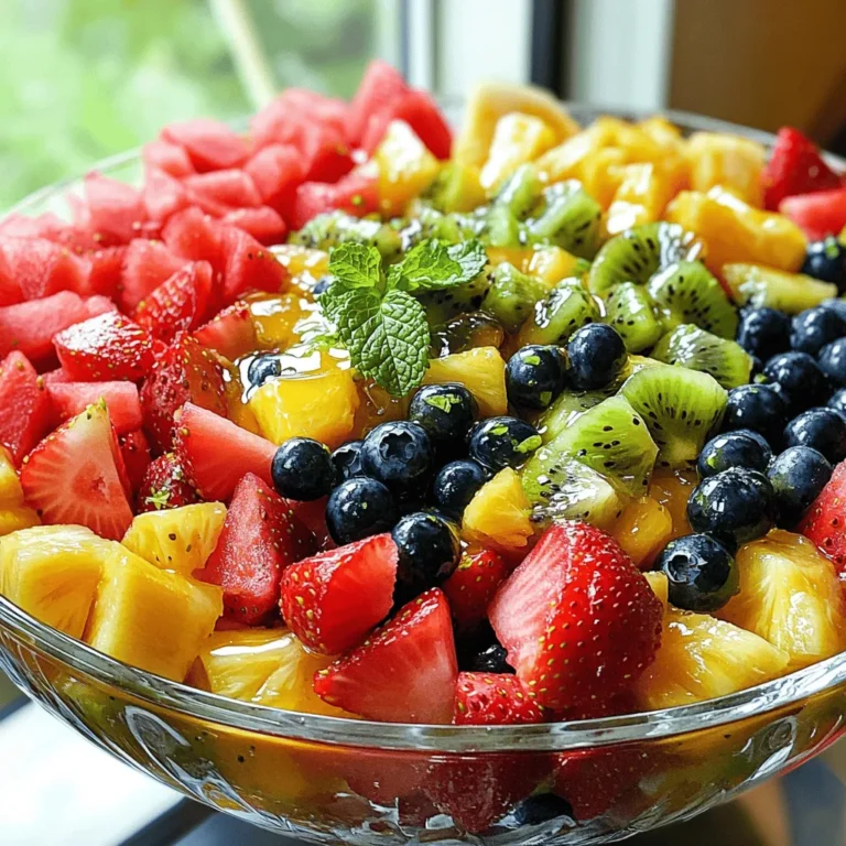 - Erdbeeren: 2 Tassen, entstielt und in Scheiben geschnitten - Wassermelone: 2 Tassen, gewürfelt - Ananas: 1 Tasse, gewürfelt - Heidelbeeren: 1 Tasse - Kiwis: 2, geschält und in Scheiben geschnitten - Honig: ¼ Tasse - Limettensaft: Saft von 2 Limetten - Minzblätter: 1 Esslöffel, fein gehackt Ich liebe es, frische und saftige Zutaten zu verwenden. Die Früchte sind der Schlüssel zu diesem Rezept. Erdbeeren bringen Süße, während Wassermelonen knusprig und süß sind. Ananas fügt einen tropischen Touch hinzu und Heidelbeeren sorgen für einen Farbklecks. Kiwis bringen eine schöne Säure, die perfekt zu den anderen Früchten passt. Für das Dressing verwenden wir Honig und Limettensaft. Honig gibt dem Salat eine süße Note. Der Limettensaft bringt Frische und einen tollen Geschmack. Zusammen machen sie das Dressing einfach unwiderstehlich. Frische Minzblätter geben dem Salat das letzte besondere Etwas. Sie sorgen für einen frischen Kick und duften wunderbar. Du kannst die Minze klein hacken und gleichmäßig über den Salat streuen. Ich empfehle, die Zutaten frisch zu kaufen. So schmeckt der Salat am besten. Für das gesamte Rezept kannst du die Details im [Full Recipe] nachlesen. Zuerst müssen wir die Früchte schneiden. Ich empfehle, die Erdbeeren in Scheiben zu schneiden. Die Wassermelone kann in Würfel geschnitten werden. Die Ananas wird ebenfalls in Würfel geschnitten, während die Heidelbeeren ganz bleiben. Die Kiwis schälen und in Scheiben schneiden. Dann geben wir alle geschnittenen Früchte in eine große Rührschüssel. Es ist wichtig, dass die Früchte gut verteilt sind. So sieht der Salat später schön bunt aus. Jetzt kommt der spannende Teil: das Dressing! Wir nehmen eine kleine Schüssel und geben den Honig hinein. Dann pressen wir die Limetten aus und fügen den Saft zum Honig hinzu. Nun verrühren wir beides gut. Das Dressing sollte glatt und gleichmäßig sein. Es bringt die perfekte Süße und Säure in unseren Salat. Jetzt ist es Zeit, alles zu kombinieren. Gießen Sie das Honig-Limetten-Dressing über die Früchte in der Schüssel. Mischen Sie alles vorsichtig, bis jede Frucht leicht mit dem Dressing überzogen ist. Dann streuen wir die gehackten Minzblätter darüber und heben sie sanft unter. Um die Aromen zu intensivieren, decken wir die Schüssel mit Frischhaltefolie ab. Lassen Sie den Salat mindestens 30 Minuten im Kühlschrank. So werden die Geschmäcker noch besser! Für das vollständige Rezept, sehen Sie sich den [Full Recipe] an. Für den Honig Limette Obstsalat wähle eine gute Mischung aus Früchten. Ich empfehle: - 2 Tassen Erdbeeren, entstielt und in Scheiben geschnitten - 2 Tassen Wassermelone, gewürfelt - 1 Tasse Ananas, gewürfelt - 1 Tasse Heidelbeeren - 2 Kiwis, geschält und in Scheiben geschnitten Diese Kombination sorgt für einen tollen Geschmack und eine schöne Farbe. Wenn du magst, füge auch Bananen oder Mango hinzu. Diese Früchte bringen noch mehr Süße und Textur in den Salat. Du kannst den Salat bis zu zwei Stunden im Voraus machen. Das ist ideal, wenn du Gäste hast. Bereite die Früchte und das Dressing vor, aber vermenge sie erst kurz vor dem Servieren. So bleiben die Früchte frisch und knackig. Wenn du sie zu lange stehen lässt, werden sie weich. Präsentiere den Salat in einer großen Glasbowle. So kommen die bunten Früchte gut zur Geltung. Du kannst den Salat mit frischen Minzblättern und Limettenscheiben garnieren. Das sieht schön aus und gibt einen frischen Duft. Wenn du etwas Besonderes willst, serviere ihn in kleinen Gläsern. Das macht das Essen noch spaßiger! Für das volle Rezept, schau dir die [Full Recipe] an. {{image_4}} Für meinen Honig Limette Obstsalat kann ich viele Früchte nutzen. Wenn du Banane magst, schneide sie in Scheiben. Mango bringt einen süßen, tropischen Geschmack. Auch Pfirsiche oder Trauben passen gut. Du kannst mit verschiedenen Früchten experimentieren. So bleibt der Salat frisch und spannend. Auch frische Beeren sind eine tolle Wahl. Sie geben Farbe und Geschmack. Überlege, was du im Kühlschrank hast! Ich liebe es, Nüsse und Samen in meinen Obstsalat zu geben. Walnüsse sind knusprig und gesund. Sie bringen einen tollen Biss. Du kannst sie grob hacken und hinzufügen. Chiasamen sind eine andere gute Wahl. Sie sind klein, aber voller Nährstoffe. Wenn du mehr Textur willst, füge eine Handvoll hinzu. Diese Zutaten machen den Salat noch interessanter und sättigender. Wenn du vegan oder glutenfrei isst, ist das kein Problem. Der Honig kann durch Agavendicksaft ersetzt werden. So bleibt der Salat süß und lecker. Für Glutenfreiheit achte darauf, dass die Nüsse und Samen nicht kontaminiert sind. So kannst du den Salat ohne Sorgen genießen. Es gibt viele Möglichkeiten, um den Obstsalat anzupassen. Jeder kann ihn nach seinem Geschmack machen. Lass deiner Kreativität freien Lauf! Um den Honig Limette Obstsalat frisch zu halten, ist die Lagerung im Kühlschrank wichtig. Legen Sie den Salat in eine luftdichte Schüssel. So bleiben die Früchte knackig und frisch. Achten Sie darauf, den Salat gut abzudecken, damit er nicht austrocknet. Dies schützt auch vor anderen Gerüchen im Kühlschrank. Wie lange kann der Salat aufbewahrt werden? Im Kühlschrank hält sich der Salat etwa 2 bis 3 Tage. Nach dieser Zeit kann die Textur der Früchte weich werden. Der Geschmack bleibt zwar gut, aber die Frische leidet. Es ist am besten, den Salat innerhalb von 48 Stunden zu genießen. So schmeckt er am besten. Ist das Einfrieren möglich? Tipps dazu. Das Einfrieren von Obstsalat ist nicht ideal. Die Früchte verlieren ihre Knackigkeit und Textur. Wenn Sie dennoch einfrieren möchten, verwenden Sie eine luftdichte Tüte. Lassen Sie etwas Platz für die Ausdehnung. Denken Sie daran, dass das Auftauen lange dauert. Am besten ist es, frischen Obstsalat zu genießen. Für die volle Geschmacksexplosion sollten Sie ihn frisch halten. Honig hat viele gesunde Nährstoffe. Er wirkt gut gegen Husten und kann die Verdauung fördern. Limette ist reich an Vitamin C. Dies hilft, das Immunsystem zu stärken. Beide zusammen bieten Antioxidantien, die den Körper schützen. Sie können auch die Hautgesundheit verbessern und den Blutdruck senken. Ja, du kannst die Mengen ganz einfach anpassen. Wenn du für mehr Menschen kochst, verdopple die Zutaten. Zum Beispiel, wenn du acht Portionen machen möchtest, verwende vier Tassen Erdbeeren und vier Tassen Wassermelone. Achte darauf, das Honig-Limetten-Dressing auch zu erhöhen, damit alles gut schmeckt. Um den Salat süßer zu machen, füge mehr Honig hinzu. Du kannst auch andere Süßstoffe verwenden, wie Agavendicksaft oder Ahornsirup. Ein Spritzer Orangensaft kann ebenfalls helfen. Probiere es aus und finde den perfekten Geschmack für dich. In diesem Blogbeitrag haben wir einen frischen Obstsalat mit einem leckeren Honig-Limetten-Dressing behandelt. Sie haben gelernt, wie man die Früchte vorbereitet, das Dressing zubereitet und den Salat perfekt serviert. Denken Sie daran, dass Variationen und Tipps die Zubereitung einfacher machen. Sie können den Salat anpassen, um ihn nach Ihrem Geschmack zu gestalten. Genießen Sie diesen gesunden Snack oder eine süße Beilage! Viel Spaß beim Ausprobieren!