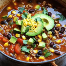 Für mein Veggie Loaded Turkey Chili brauche ich frische und gesunde Zutaten. Hier ist, was du benötigst: - 450 g gemahlenes Putenfleisch - 1 Dose (425 g) schwarze Bohnen, abgetropft und abgespült - 1 Dose (425 g) Kidneybohnen, abgetropft und abgespült - 1 Dose (800 g) gewürfelte Tomaten mit grünen Chilis - 1 mittlere Zwiebel, gewürfelt - 2 Knoblauchzehen, fein gehackt - 1 Paprika (rot oder gelb), gewürfelt - 1 Zucchini, gewürfelt - 240 ml Mais (frisch, gefroren oder aus der Dose) Diese Zutaten bilden die Basis für einen schmackhaften und nahrhaften Eintopf. Sie bringen Farbe und Geschmack, die jedem Gericht Leben einhauchen. Die richtige Würze macht das Chili besonders. Hier sind die Gewürze, die ich verwende: - 2 Esslöffel Chili-Pulver - 1 Teelöffel Kreuzkümmel - 1 Teelöffel geräuchertes Paprika - Salz und schwarzer Pfeffer nach Geschmack - 2 Esslöffel Olivenöl Diese Gewürze sind wichtig. Sie geben dem Chili Tiefe und Wärme. Du kannst die Menge anpassen, um deinen Geschmack zu treffen. Ich mag es, das Chili mit frischen Zutaten zu garnieren. Hier sind einige Ideen: - Frischer Koriander, gehackt - Avocadoscheiben - Geriebener Käse (optional) Diese Zutaten machen das Chili noch besser. Die Avocados geben eine cremige Textur und der Koriander bringt Frische. Wenn du Käse magst, füge ihn hinzu. Um das vollständige Rezept zu sehen, schau dir mein [Full Recipe] an. Zuerst sammeln wir alle Zutaten. Es ist wichtig, alles bereit zu haben. Das macht das Kochen leichter und schneller. Hier sind die Zutaten, die wir brauchen: - 450 g gemahlenes Putenfleisch - 1 Dose (425 g) schwarze Bohnen, abgetropft und abgespült - 1 Dose (425 g) Kidneybohnen, abgetropft und abgespült - 1 Dose (800 g) gewürfelte Tomaten mit grünen Chilis - 1 mittlere Zwiebel, gewürfelt - 2 Knoblauchzehen, fein gehackt - 1 Paprika (rot oder gelb), gewürfelt - 1 Zucchini, gewürfelt - 240 ml Mais (frisch, gefroren oder aus der Dose) - 2 Esslöffel Chili-Pulver - 1 Teelöffel Kreuzkümmel - 1 Teelöffel geräuchertes Paprika - Salz und schwarzer Pfeffer nach Geschmack - 2 Esslöffel Olivenöl - Frischer Koriander, gehackt (zum Garnieren) - Avocadoscheiben (zum Servieren) - Geriebener Käse (optional, zum Servieren) Erhitze das Olivenöl in einem großen Topf. Ich empfehle, mittlere Hitze zu verwenden. Füge die gewürfelte Zwiebel und den gehackten Knoblauch hinzu. Brate sie für etwa 3-4 Minuten an. Die Zwiebel sollte glasig und duftend sein. Jetzt kommt das gemahlene Putenfleisch in den Topf. Würze es mit Salz, Pfeffer, Chili-Pulver, Kreuzkümmel und geräuchertem Paprika. Koche das Fleisch, bis es braun wird. Das dauert etwa 5-7 Minuten. Füge die gewürfelte Paprika, Zucchini und den Mais hinzu. Brate das Gemüse weitere 5 Minuten an. Es sollte weich werden, aber noch etwas Biss haben. Gieße die gewürfelten Tomaten mit ihrem Saft in den Topf. Füge auch die schwarzen und Kidneybohnen hinzu. Rühre alles gut um und bringe es zum Simmern. Reduziere die Hitze und decke den Topf ab. Lass das Chili mindestens 30 Minuten köcheln. Rühre ab und zu um, um ein Anbrennen zu verhindern. Die Aromen vereinen sich während dieser Zeit gut. Probiere das Chili und würze nach Geschmack. Wenn du mehr Salz, Pfeffer oder Gewürze magst, füge sie hinzu. Serviere das Chili heiß. Garniere es mit Avocadoscheiben und frischem Koriander. Geriebener Käse ist auch eine leckere Option. Du findest das komplette Rezept in der Sektion oben. Um dein Veggie Loaded Turkey Chili noch besser zu machen, kannst du mit verschiedenen Gewürzen spielen. Hier sind einige Ideen: - Cayennepfeffer: Für mehr Schärfe, füge eine Prise hinzu. - Oregano: Ein Teelöffel bringt eine herzhafte Note. - Zimt: Ein Hauch kann die Aromen vertiefen. - Limettensaft: Frisch gepresst bringt Frische und Tiefe. Probiere diese Variationen aus, um dein Chili ganz nach deinem Geschmack zu gestalten. Die richtige Konsistenz ist wichtig für ein gutes Chili. Hier sind einige Tipps: - Dicken: Wenn dein Chili zu flüssig ist, lasse es länger köcheln. Die Flüssigkeit verdampft und das Chili wird dicker. - Verdicken: Um es dicker zu machen, kannst du etwas Maisstärke mit Wasser mischen und einrühren. - Konsistenz: Wenn es zu dick ist, füge etwas Gemüsebrühe oder Wasser hinzu. Achte darauf, während des Kochens regelmäßig umzurühren. Es gibt einige Fehler, die du vermeiden solltest, um das beste Chili zu machen: - Überwürzen: Beginne mit weniger Gewürzen und füge mehr nach Geschmack hinzu. - Nicht genug köcheln: Lasse das Chili mindestens 30 Minuten köcheln. So vermischen sich die Aromen gut. - Falsche Bohnen: Verwende keine Bohnen aus der Dose, die bereits gewürzt sind. Das kann den Geschmack verändern. Achte auf diese Punkte, und dein Veggie Loaded Turkey Chili wird ein Hit! Für das volle Rezept schau dir die Anleitung an. {{image_4}} Wenn du eine vegetarische Option suchst, kannst du ganz einfach pflanzliches Hack verwenden. Es gibt viele tolle Marken, die genau wie Fleisch schmecken. Achte darauf, dass du das pflanzliche Hack nach den gleichen Anweisungen wie das Putenfleisch zubereitest. So bleibt die Konsistenz angenehm und das Chili bleibt lecker. Du magst Bohnen? Füge einfach eine weitere Sorte hinzu! Weiße Bohnen oder Pintobohnen passen gut dazu. Auch Gemüse ist eine tolle Wahl. Karotten oder Spinat geben mehr Farbe und Nährstoffe. Du kannst das Chili auch mit weiteren Gemüsearten, wie Auberginen oder Pilzen, erweitern. Das macht das Gericht noch gesünder und sättigender. Für alle, die es scharf mögen, gibt es viele Wege, das Chili aufzupeppen. Füge frische Jalapeños oder Habaneros hinzu, um mehr Hitze zu erzeugen. Eine Prise Cayennepfeffer kann ebenfalls helfen. Wenn du es wirklich würzig magst, probiere auch scharfe Salsas oder Chilisaucen. Denke daran, langsam zu würzen, damit du die Schärfe gut kontrollieren kannst. Für detaillierte Anweisungen zu diesen Varianten kannst du die Full Recipe ansehen. Bewahre dein Veggie Loaded Turkey Chili in einem luftdichten Behälter auf. So bleibt es frisch. Du kannst das Chili bis zu fünf Tage im Kühlschrank lagern. Lass das Chili zuerst abkühlen, bevor du es in den Kühlschrank stellst. So vermeidest du Kondenswasser, das die Konsistenz verändert. Wenn du mehr Chili gemacht hast, als du essen kannst, friere es ein. Verwende gefrierfreundliche Behälter oder Beutel. Achte darauf, etwas Platz zu lassen, da sich Flüssigkeiten ausdehnen. Das Chili hält sich bis zu drei Monate im Gefrierfach. Zum Auftauen kannst du es über Nacht im Kühlschrank lassen. So bleibt die Textur besser. Wenn du dein Chili wieder aufwärmen möchtest, mache das sanft. Erhitze es in einem Topf auf mittlerer Hitze. Rühre regelmäßig um, damit es gleichmäßig warm wird. Du kannst auch einen Mikrowellenherd verwenden. Stelle sicher, dass du es in kurzen Intervallen erhitzt. So vermeidest du, dass es zu heiß wird und austrocknet. Wenn du mehr über die Zubereitung erfahren möchtest, schau dir das Full Recipe an. Du kannst das Chili bis zu fünf Tage im Kühlschrank aufbewahren. Stelle sicher, dass es in einem luftdichten Behälter ist. Wenn du das Chili länger aufbewahren willst, friere es ein. So bleibt es bis zu drei Monate frisch. Ja, du kannst die Gewürze nach deinem Geschmack anpassen. Wenn dir etwas nicht gefällt, lasse es einfach weg. Du kannst auch neue Gewürze hinzufügen, um das Chili spannender zu machen. Der Geschmack hängt ganz von dir ab! Zu diesem Chili passen viele Beilagen. Hier sind einige Ideen: - Frisches Brot oder Tortillas - Schmand oder griechischer Joghurt - Guacamole oder Avocadoscheiben - Reis oder Quinoa als Beilage Das sind einige Optionen, um dein Chili noch besser zu genießen. Für das vollständige Rezept schau dir die [Full Recipe](#) an. Veggie Loaded Turkey Chili ist einfach zuzubereiten und voller Geschmack. Ich habe die Hauptzutaten und Gewürze erklärt. Die Schritt-für-Schritt-Anleitung zeigt, wie du das perfekte Chili kochst. Tipps helfen dir, häufige Fehler zu vermeiden und die Konsistenz zu optimieren. Du kannst Varianten ausprobieren, etwa eine vegetarische Version oder zusätzlichen Schärfe. Richtig lagern und aufwärmen macht das Chili noch besser. Probiere die Antworten auf die FAQs, um mehr zu erfahren. Mit diesen Tipps wird dein Chili ein Hit!