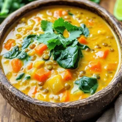 - 1 Tasse getrocknete grüne oder braune Linsen, gut abgespült - 1 Dose (400 ml) Kokosmilch - 4 Tassen Gemüsebrühe Die Hauptzutaten sind einfach zu finden. Getrocknete Linsen geben der Suppe ihre Basis und sind sehr nahrhaft. Kokosmilch sorgt für eine cremige Textur und einen tollen Geschmack. Gemüsebrühe bringt zusätzliches Aroma und Tiefe in die Suppe. - 2 Teelöffel Curry-Pulver - 1 Teelöffel gemahlener Kurkuma - 1 Teelöffel Kreuzkümmel - 1/2 Teelöffel Chili-Pulver (nach Geschmack anpassen) Die Gewürze sind das Herzstück dieser Suppe. Curry-Pulver gibt einen warmen, würzigen Geschmack. Kreuzkümmel bringt einen leicht erdigen Ton. Chili-Pulver fügt Schärfe hinzu, die du nach deinem Geschmack anpassen kannst. - 1 Zwiebel, gewürfelt - 3 Knoblauchzehen, fein gehackt - 2 Karotten, gewürfelt - 1 Paprika (beliebige Farbe), gewürfelt - 1 Esslöffel frischer Ingwer, gerieben - 1 Tasse frische oder gefrorene Spinatblätter - Saft von 1 Limette - Frischer Koriander zum Garnieren Frisches Gemüse macht die Suppe lebendig. Zwiebel und Knoblauch sorgen für einen tollen Duft. Karotten und Paprika bringen Farbe und Süße. Frischer Ingwer gibt einen scharfen Kick. Spinat fügt Nährstoffe hinzu und macht die Suppe noch gesünder. Limettensaft gibt eine spritzige Frische. Koriander ist das perfekte Finish für die Garnitur. Beginne mit den Zwiebeln und dem Knoblauch. Erhitze das Kokosnussöl in einer Pfanne. Füge die gewürfelte Zwiebel hinzu und brate sie 3-4 Minuten lang. Sie sollte glasig sein. Dann gib den fein gehackten Knoblauch und den geriebenen Ingwer dazu. Koche das Ganze eine weitere Minute. Der Duft ist schon jetzt köstlich! Jetzt ist es Zeit für die Linsen und das Gemüse. Nimm 1 Tasse getrocknete Linsen und spüle sie gut ab. Würfle 2 Karotten und eine Paprika. Diese geben Farbe und Geschmack. Du kannst jede Paprika verwenden, die du magst. Mische alle vorbereiteten Zutaten in einer großen Schüssel. Der Slow Cooker hat zwei Stufen: niedrig und hoch. Wenn du die Suppe auf niedriger Stufe kochst, dauert es 6-8 Stunden. Du erhältst eine sehr cremige Konsistenz. Auf hoher Stufe dauert es 4 Stunden. Die Linsen sind dann schneller weich, aber die Aromen sind nicht ganz so tief. Wähle die Methode, die dir am besten passt. Etwa 10 Minuten vor dem Servieren füge 1 Tasse frische oder gefrorene Spinatblätter hinzu. Der Spinat sollte leicht welken. Drücke den Saft von 1 Limette in die Suppe. Die Säure bringt frische Aromen. Jetzt ist es wichtig, die Suppe abzuschmecken. Füge nach Belieben mehr Salz, Pfeffer oder Limettensaft hinzu. So passt die Suppe perfekt zu deinem Geschmack. - Variieren der Gewürze: Du kannst die Gewürze nach deinem Geschmack anpassen. Probiere zum Beispiel mehr Chili für Schärfe oder füge etwas Zimt hinzu. Zimt gibt der Suppe einen warmen, tiefen Geschmack. - Verwendung von frischen Kräutern: Frische Kräuter machen die Suppe lebendiger. Petersilie oder Basilikum passen gut. Füge sie kurz vor dem Servieren hinzu, damit sie frisch bleiben. - Was tun bei harten Linsen?: Wenn die Linsen nach der Kochzeit hart bleiben, könnte es an der Brühe liegen. Achte darauf, dass die Brühe frisch und nicht zu salzig ist. Zu viel Salz kann die Linsen hart machen. - Temperaturüberwachung im Slow Cooker: Halte die Temperatur im Slow Cooker konstant. Zu hohe Temperaturen können die Linsen zerkochen. Überprüfe die Zeit und die Temperatur regelmäßig. - Beste Beilagen zur Suppe: Diese Suppe passt gut zu frischem Brot oder Reis. Ein einfaches Baguette eignet sich perfekt, um die Suppe aufzutunken. - Anrichten und Garnieren für optischen Genuss: Garniere die Suppe mit frischem Koriander und etwas Limettensaft. Das sieht nicht nur schön aus, sondern bringt auch frische Aromen. {{image_4}} Um die Suppe vegan und glutenfrei zu machen, können Sie die Gemüsebrühe und die Kokosmilch leicht ersetzen. Stellen Sie sicher, dass die Brühe und die Kokosmilch kein Gluten enthalten. Das ist ganz einfach. Viele Marken bieten glutenfreie Varianten an. Achten Sie beim Kauf auf die Etiketten. Die Suppe ist sehr anpassungsfähig. Sie können auch anderes Gemüse hinzufügen. Süßkartoffeln und Kürbis passen hervorragend. Diese Zutaten bringen eine süße Note. Auch Proteinoptionen wie Kichererbsen sind eine tolle Ergänzung. Sie machen die Suppe nahrhafter und sättigender. Das Schärfelevel der Suppe lässt sich leicht verändern. Wenn Sie es schärfer mögen, fügen Sie mehr Chili-Pulver hinzu. Für mildere Aromen können Sie das Chili-Pulver weglassen. Experimentieren Sie auch mit Gewürzen. Versuchen Sie einmal Zimt oder Muskatnuss. Diese können der Suppe eine neue Dimension verleihen. Lagern Sie die Suppe im Kühlschrank. Verwenden Sie dafür einen luftdichten Behälter. Die Suppe bleibt frisch und lecker. Wenn Sie die Suppe einfrieren möchten, füllen Sie sie in geeignete Behälter. Lassen Sie etwas Platz, damit die Suppe beim Einfrieren expandieren kann. Wie lange hält die Suppe im Kühlschrank? Sie bleibt bis zu fünf Tage frisch. Achten Sie darauf, den Behälter gut zu verschließen. Tipps zur Wiedererwärmung: Erhitzen Sie die Suppe vorsichtig auf dem Herd. Fügen Sie etwas Wasser hinzu, wenn sie zu dick ist. Portionierung für die Woche: Teilen Sie die Suppe in einzelne Portionen auf. So haben Sie schnelle Mahlzeiten bereit. Einfache Vorbereitungen: Bereiten Sie die Zutaten am Sonntag vor. So sparen Sie Zeit unter der Woche. Die Kochzeit hängt von der Einstellung ab. Wenn du die Suppe auf niedriger Stufe kochst, dauert es etwa 6 bis 8 Stunden. Bei hoher Stufe sind es 4 Stunden. Die Linsen sollten am Ende weich sein. Ja, du kannst die Linsen einweichen. Das hat Vor- und Nachteile. - Vorteile: - Die Linsen garen schneller. - Sie werden weicher und die Suppe wird cremiger. - Nachteile: - Du musst mehr Zeit einplanen. - Einweichen ist nicht nötig, wenn du es eilig hast. Die Suppe schmeckt gut mit verschiedenen Beilagen. - Empfohlene Beilagen: - Reis oder Quinoa passen gut dazu. - Knuspriges Brot ist auch eine gute Wahl. - Getränke: - Ein frischer Salat ergänzt die Suppe perfekt. - Ein leichter Weißwein kann den Geschmack heben. Die Suppe ist einfach zuzubereiten und voller Geschmack. Du brauchst getrocknete Linsen, Gemüse und köstliche Gewürze. Die Anleitung zeigt dir Schritt für Schritt, wie du das Gericht zubereitest. Mit frischen Zutaten wie Limettensaft und Koriander wird es noch besser. Achte auf die richtigen Lagerungsmethoden, damit die Suppe frisch bleibt. Du kannst auch Variationen ausprobieren, um deinen Geschmack zu treffen. Am Ende kannst du die Suppe kreativ anrichten und servieren. Probiere es aus, und genieße deine köstliche Kreation!