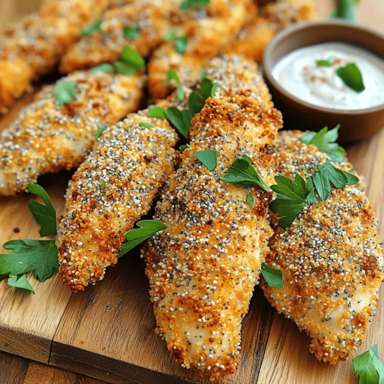 - 450 g Hähnchenstreifen - 240 ml Buttermilch (oder eine milchfreie Alternative) - 120 g Allzweckmehl - 1 großes Ei - 120 g Semmelbrösel (idealerweise Panko für extra Knusprigkeit) - 3 Esslöffel Everything Bagel Gewürzmischung - 1 Teelöffel Knoblauchpulver - 1 Teelöffel Zwiebelpulver - Salz und Pfeffer nach Geschmack - Sprühöl Hähnchenstreifen sind die Hauptzutat. Sie geben den zarten Biss. Buttermilch macht das Hähnchen saftig. Sie hilft, das Fleisch zu marinieren. Allzweckmehl sorgt für die erste Schicht. Es hilft dabei, die Beschichtung zu halten. Das Ei wirkt als Kleber für die Semmelbrösel. Diese machen das Ganze knusprig. Panko ist ideal, um zusätzlichen Crunch zu geben. Everything Bagel Gewürzmischung bringt tollen Geschmack. Knoblauch- und Zwiebelpulver fügen Tiefe hinzu. Salz und Pfeffer bringen alles zusammen. Sprühöl sorgt dafür, dass die Hähnchenstreifen schön braun werden. - Für Buttermilch kann man auch Mandelmilch verwenden. - Glutenfreies Mehl passt gut, wenn Sie glutenfrei essen. - Panko kann durch glutenfreie Semmelbrösel ersetzt werden. - Für die Gewürzmischung können Sie auch eigene Kräuter verwenden. - Wenn Sie Eier meiden, versuchen Sie eine Mischung aus Leinsamen und Wasser. Der Spaß beim Kochen liegt in der Kreativität! Probieren Sie, was Ihnen gefällt. Beginne, indem du die Hähnchenstreifen in eine große Schüssel gibst. Gieße die Buttermilch darüber. Diese Marinade macht das Hähnchen zart und saftig. Lass das Hähnchen mindestens 30 Minuten marinieren. So können die Aromen gut einziehen. Bereite drei flache Schalen vor. In die erste Schale gibst du das Allzweckmehl. Würze es mit Salz und Pfeffer. In die zweite Schale verquirlst du das Ei gut. In der dritten Schale vermischst du die Semmelbrösel mit der Everything Bagel Gewürzmischung, Knoblauchpulver und Zwiebelpulver. Nimm die Hähnchenstreifen aus der Buttermilch. Lass die überschüssige Flüssigkeit abtropfen. Tauche jedes Stück zuerst ins Mehl. Schüttle das überschüssige Mehl ab. Danach tauchst du das Hähnchen in das geschlagene Ei. Zum Schluss wende es in der Semmelbröselmischung. Drücke die Brösel leicht an, damit sie gut haften. Heize deinen Air Fryer auf 200 °C (400 °F) vor. Dies dauert etwa 5 Minuten. Ein gut vorgeheizter Air Fryer sorgt für eine gleichmäßige Garung. Besprühe den Korb des Air Fryers leicht mit Sprühöl. Lege die beschichteten Hähnchenstreifen in einer einzigen Schicht hinein. Achte darauf, dass sie sich nicht berühren. Besprühe die Oberseite mit Sprühöl für extra Knusprigkeit. Frittier die Streifen 10-12 Minuten. Wende sie zur Halbzeit für eine gleichmäßige Bräunung. Die Innentemperatur sollte 75 °C (165 °F) erreichen. Nimm die Hähnchenstreifen nach dem Garen aus dem Air Fryer. Lass sie einige Minuten ruhen. Serviere die Hähnchenstreifen heiß. Du kannst sie mit Dipsaucen wie Honigsenf oder Ranch-Dressing servieren. Ein rustikales Holzbrett macht die Präsentation besonders ansprechend. Die Marinierzeit ist sehr wichtig. Ich empfehle, die Hähnchenstreifen mindestens 30 Minuten in Buttermilch zu lassen. So wird das Fleisch zart und saftig. Für besten Geschmack können Sie die Marinade sogar über Nacht im Kühlschrank lassen. Je länger das Hähnchen mariniert, desto besser wird der Geschmack. Um die perfekte Knusprigkeit zu erzielen, verwenden Sie Panko-Semmelbrösel. Diese sind gröber und sorgen für einen besseren Crunch. Sprühen Sie die Hähnchenstreifen vor dem Frittieren leicht mit Öl ein. Zudem sollten die Streifen im Air Fryer nicht übereinander liegen. Dies hilft der Luftzirkulation und macht die Hähnchenstreifen knusprig. Vor dem Frittieren sollten Sie den Air Fryer immer vorheizen. Stellen Sie ihn auf 200 °C ein und heizen Sie ihn 5 Minuten lang vor. Achten Sie darauf, die Hähnchenstreifen in einer einzigen Schicht zu legen. Wenden Sie die Streifen zur Hälfte der Garzeit, damit sie gleichmäßig bräunen. Nach etwa 10 bis 12 Minuten sind sie goldbraun und lecker. {{image_4}} Du kannst die Gewürzmischung leicht ändern. Vielleicht magst du einen Hauch von Paprika oder Kreuzkümmel. Diese Gewürze bringen einen neuen Geschmack. Du kannst auch frische Kräuter wie Dill oder Petersilie hinzufügen. Experimentiere mit der Menge, um deinen perfekten Mix zu finden. Hähnchenstreifen sind großartig, aber du kannst auch andere Proteine verwenden. Putenstreifen sind eine gute Wahl. Tofu oder Seitan eignen sich gut für Veganer. Auch Fischfilets sind eine interessante Option. Achte darauf, die Garzeiten anzupassen, damit alles perfekt gart. Die richtigen Dips machen das Gericht noch besser. Honigsenf passt gut zu diesen Hähnchenstreifen. Ranch-Dressing ist ein Klassiker. Probier auch eine scharfe Salsa oder eine cremige Avocado-Sauce. Du kannst auch Joghurt mit Kräutern mischen. So findest du für jeden Geschmack etwas. Nach dem Kochen sollten die Hähnchenstreifen schnell abgekühlt werden. Legen Sie sie in einen luftdichten Behälter. So bleiben sie bis zu drei Tage frisch. Stellen Sie sicher, dass die Streifen ganz abgekühlt sind, bevor Sie sie verschließen. Dadurch vermeiden Sie Feuchtigkeit, die die Knusprigkeit ruiniert. Wenn Sie die Hähnchenstreifen länger aufbewahren möchten, können Sie sie einfrieren. Lassen Sie die Streifen zuerst vollständig abkühlen. Legen Sie sie dann in einen gefrierfesten Beutel. Drücken Sie die Luft heraus, bevor Sie den Beutel verschließen. So bleibt der Geschmack bis zu drei Monate erhalten. Zum besten Ergebnis können Sie die Streifen vor dem Einfrieren in einer einzigen Schicht auf ein Backblech legen und einfrieren. Danach können Sie sie in den Beutel umfüllen. Um die Hähnchenstreifen wieder aufzuwärmen, nutzen Sie den Air Fryer. Stellen Sie ihn auf 180 °C (350 °F) ein. Legen Sie die Streifen in den Korb und erwärmen Sie sie für 5-7 Minuten. So bleiben sie knusprig und saftig. Sie können auch den Ofen verwenden, aber der Air Fryer gibt das beste Ergebnis. Vermeiden Sie die Mikrowelle, da sie die Streifen matschig machen kann. Die Zubereitung der Hähnchenstreifen dauert etwa 50 Minuten. Davon entfallen 30 Minuten auf die Marinierzeit in Buttermilch. Das Frittieren im Air Fryer braucht 10 bis 12 Minuten. Diese Schritte helfen, die Hähnchenstreifen zart und lecker zu machen. Ja, du kannst diese Hähnchenstreifen glutenfrei machen. Verwende einfach glutenfreies Mehl und glutenfreie Semmelbrösel. So bleiben die Streifen knusprig und geschmackvoll. Achte darauf, auch die Buttermilch durch eine milchfreie Alternative zu ersetzen. Zu den Hähnchenstreifen passen viele Beilagen gut! Hier sind einige Vorschläge: - Süßkartoffelpommes - Gurkensalat - Coleslaw - Gegrilltes Gemüse Diese Beilagen ergänzen den Geschmack der Hähnchenstreifen und sorgen für eine ausgewogene Mahlzeit. Um die Hähnchenstreifen knuspriger zu machen, gibt es einige Tricks: - Verwende Panko-Semmelbrösel, sie sind luftiger und knuspriger. - Besprühe die Streifen vor dem Frittieren großzügig mit Sprühöl. - Wende die Streifen während des Frittierens einmal, um eine gleichmäßige Knusprigkeit zu erreichen. Diese Tipps helfen dir, die perfekte Knusprigkeit zu erzielen! Zusammenfassend haben wir die besten Zutaten, eine klare Anleitung und nützliche Tipps behandelt. Du kannst leckere Hähnchenstreifen im Air Fryer zaubern. Variationen und Ersatzmöglichkeiten helfen dir, das Rezept anzupassen. Denk an die Lagerung und das Aufwärmen für den besten Geschmack. Kochen macht Spaß und du kannst viele gesunde Optionen wählen. Probiere es aus und entdecke deine eigene Variante dieses Gerichts!