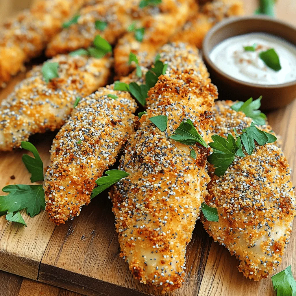 - 450 g Hähnchenstreifen - 240 ml Buttermilch (oder eine milchfreie Alternative) - 120 g Allzweckmehl - 1 großes Ei - 120 g Semmelbrösel (idealerweise Panko für extra Knusprigkeit) - 3 Esslöffel Everything Bagel Gewürzmischung - 1 Teelöffel Knoblauchpulver - 1 Teelöffel Zwiebelpulver - Salz und Pfeffer nach Geschmack - Sprühöl Hähnchenstreifen sind die Hauptzutat. Sie geben den zarten Biss. Buttermilch macht das Hähnchen saftig. Sie hilft, das Fleisch zu marinieren. Allzweckmehl sorgt für die erste Schicht. Es hilft dabei, die Beschichtung zu halten. Das Ei wirkt als Kleber für die Semmelbrösel. Diese machen das Ganze knusprig. Panko ist ideal, um zusätzlichen Crunch zu geben. Everything Bagel Gewürzmischung bringt tollen Geschmack. Knoblauch- und Zwiebelpulver fügen Tiefe hinzu. Salz und Pfeffer bringen alles zusammen. Sprühöl sorgt dafür, dass die Hähnchenstreifen schön braun werden. - Für Buttermilch kann man auch Mandelmilch verwenden. - Glutenfreies Mehl passt gut, wenn Sie glutenfrei essen. - Panko kann durch glutenfreie Semmelbrösel ersetzt werden. - Für die Gewürzmischung können Sie auch eigene Kräuter verwenden. - Wenn Sie Eier meiden, versuchen Sie eine Mischung aus Leinsamen und Wasser. Der Spaß beim Kochen liegt in der Kreativität! Probieren Sie, was Ihnen gefällt. Beginne, indem du die Hähnchenstreifen in eine große Schüssel gibst. Gieße die Buttermilch darüber. Diese Marinade macht das Hähnchen zart und saftig. Lass das Hähnchen mindestens 30 Minuten marinieren. So können die Aromen gut einziehen. Bereite drei flache Schalen vor. In die erste Schale gibst du das Allzweckmehl. Würze es mit Salz und Pfeffer. In die zweite Schale verquirlst du das Ei gut. In der dritten Schale vermischst du die Semmelbrösel mit der Everything Bagel Gewürzmischung, Knoblauchpulver und Zwiebelpulver. Nimm die Hähnchenstreifen aus der Buttermilch. Lass die überschüssige Flüssigkeit abtropfen. Tauche jedes Stück zuerst ins Mehl. Schüttle das überschüssige Mehl ab. Danach tauchst du das Hähnchen in das geschlagene Ei. Zum Schluss wende es in der Semmelbröselmischung. Drücke die Brösel leicht an, damit sie gut haften. Heize deinen Air Fryer auf 200 °C (400 °F) vor. Dies dauert etwa 5 Minuten. Ein gut vorgeheizter Air Fryer sorgt für eine gleichmäßige Garung. Besprühe den Korb des Air Fryers leicht mit Sprühöl. Lege die beschichteten Hähnchenstreifen in einer einzigen Schicht hinein. Achte darauf, dass sie sich nicht berühren. Besprühe die Oberseite mit Sprühöl für extra Knusprigkeit. Frittier die Streifen 10-12 Minuten. Wende sie zur Halbzeit für eine gleichmäßige Bräunung. Die Innentemperatur sollte 75 °C (165 °F) erreichen. Nimm die Hähnchenstreifen nach dem Garen aus dem Air Fryer. Lass sie einige Minuten ruhen. Serviere die Hähnchenstreifen heiß. Du kannst sie mit Dipsaucen wie Honigsenf oder Ranch-Dressing servieren. Ein rustikales Holzbrett macht die Präsentation besonders ansprechend. Die Marinierzeit ist sehr wichtig. Ich empfehle, die Hähnchenstreifen mindestens 30 Minuten in Buttermilch zu lassen. So wird das Fleisch zart und saftig. Für besten Geschmack können Sie die Marinade sogar über Nacht im Kühlschrank lassen. Je länger das Hähnchen mariniert, desto besser wird der Geschmack. Um die perfekte Knusprigkeit zu erzielen, verwenden Sie Panko-Semmelbrösel. Diese sind gröber und sorgen für einen besseren Crunch. Sprühen Sie die Hähnchenstreifen vor dem Frittieren leicht mit Öl ein. Zudem sollten die Streifen im Air Fryer nicht übereinander liegen. Dies hilft der Luftzirkulation und macht die Hähnchenstreifen knusprig. Vor dem Frittieren sollten Sie den Air Fryer immer vorheizen. Stellen Sie ihn auf 200 °C ein und heizen Sie ihn 5 Minuten lang vor. Achten Sie darauf, die Hähnchenstreifen in einer einzigen Schicht zu legen. Wenden Sie die Streifen zur Hälfte der Garzeit, damit sie gleichmäßig bräunen. Nach etwa 10 bis 12 Minuten sind sie goldbraun und lecker. {{image_4}} Du kannst die Gewürzmischung leicht ändern. Vielleicht magst du einen Hauch von Paprika oder Kreuzkümmel. Diese Gewürze bringen einen neuen Geschmack. Du kannst auch frische Kräuter wie Dill oder Petersilie hinzufügen. Experimentiere mit der Menge, um deinen perfekten Mix zu finden. Hähnchenstreifen sind großartig, aber du kannst auch andere Proteine verwenden. Putenstreifen sind eine gute Wahl. Tofu oder Seitan eignen sich gut für Veganer. Auch Fischfilets sind eine interessante Option. Achte darauf, die Garzeiten anzupassen, damit alles perfekt gart. Die richtigen Dips machen das Gericht noch besser. Honigsenf passt gut zu diesen Hähnchenstreifen. Ranch-Dressing ist ein Klassiker. Probier auch eine scharfe Salsa oder eine cremige Avocado-Sauce. Du kannst auch Joghurt mit Kräutern mischen. So findest du für jeden Geschmack etwas. Nach dem Kochen sollten die Hähnchenstreifen schnell abgekühlt werden. Legen Sie sie in einen luftdichten Behälter. So bleiben sie bis zu drei Tage frisch. Stellen Sie sicher, dass die Streifen ganz abgekühlt sind, bevor Sie sie verschließen. Dadurch vermeiden Sie Feuchtigkeit, die die Knusprigkeit ruiniert. Wenn Sie die Hähnchenstreifen länger aufbewahren möchten, können Sie sie einfrieren. Lassen Sie die Streifen zuerst vollständig abkühlen. Legen Sie sie dann in einen gefrierfesten Beutel. Drücken Sie die Luft heraus, bevor Sie den Beutel verschließen. So bleibt der Geschmack bis zu drei Monate erhalten. Zum besten Ergebnis können Sie die Streifen vor dem Einfrieren in einer einzigen Schicht auf ein Backblech legen und einfrieren. Danach können Sie sie in den Beutel umfüllen. Um die Hähnchenstreifen wieder aufzuwärmen, nutzen Sie den Air Fryer. Stellen Sie ihn auf 180 °C (350 °F) ein. Legen Sie die Streifen in den Korb und erwärmen Sie sie für 5-7 Minuten. So bleiben sie knusprig und saftig. Sie können auch den Ofen verwenden, aber der Air Fryer gibt das beste Ergebnis. Vermeiden Sie die Mikrowelle, da sie die Streifen matschig machen kann. Die Zubereitung der Hähnchenstreifen dauert etwa 50 Minuten. Davon entfallen 30 Minuten auf die Marinierzeit in Buttermilch. Das Frittieren im Air Fryer braucht 10 bis 12 Minuten. Diese Schritte helfen, die Hähnchenstreifen zart und lecker zu machen. Ja, du kannst diese Hähnchenstreifen glutenfrei machen. Verwende einfach glutenfreies Mehl und glutenfreie Semmelbrösel. So bleiben die Streifen knusprig und geschmackvoll. Achte darauf, auch die Buttermilch durch eine milchfreie Alternative zu ersetzen. Zu den Hähnchenstreifen passen viele Beilagen gut! Hier sind einige Vorschläge: - Süßkartoffelpommes - Gurkensalat - Coleslaw - Gegrilltes Gemüse Diese Beilagen ergänzen den Geschmack der Hähnchenstreifen und sorgen für eine ausgewogene Mahlzeit. Um die Hähnchenstreifen knuspriger zu machen, gibt es einige Tricks: - Verwende Panko-Semmelbrösel, sie sind luftiger und knuspriger. - Besprühe die Streifen vor dem Frittieren großzügig mit Sprühöl. - Wende die Streifen während des Frittierens einmal, um eine gleichmäßige Knusprigkeit zu erreichen. Diese Tipps helfen dir, die perfekte Knusprigkeit zu erzielen! Zusammenfassend haben wir die besten Zutaten, eine klare Anleitung und nützliche Tipps behandelt. Du kannst leckere Hähnchenstreifen im Air Fryer zaubern. Variationen und Ersatzmöglichkeiten helfen dir, das Rezept anzupassen. Denk an die Lagerung und das Aufwärmen für den besten Geschmack. Kochen macht Spaß und du kannst viele gesunde Optionen wählen. Probiere es aus und entdecke deine eigene Variante dieses Gerichts!