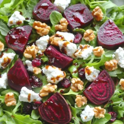 - 3 mittelgroße Rote Beete - 4 Tassen gemischte Salatblätter - 1/2 Tasse Ziegenkäse Die Rote Beete bildet die Basis des Salats. Ihre süße und erdige Note bringt Tiefe. Ich liebe, wie der Ziegenkäse die Aromen ergänzt. Er gibt dem Gericht eine cremige Textur und einen leicht salzigen Geschmack. Die gemischten Salatblätter bringen Frische. Ich verwende oft Rucola, Spinat und Frisée für den besten Mix. - 2 Esslöffel Balsamico-Essig - 1 Esslöffel Honig - 1 Teelöffel Dijon-Senf Das Dressing ist der Schlüssel zu diesem Salat. Der Balsamico-Essig sorgt für eine schöne Säure. Der Honig bringt Süße und der Dijon-Senf gibt einen tollen Kick. Wenn du das Dressing machst, schmecke es ab. So kannst du es nach deinem Geschmack anpassen. - 1/4 Tasse Walnüsse - 1/4 Tasse getrocknete Cranberries oder Kirschen Walnüsse fügen einen knackigen Biss hinzu. Sie sind auch gesund und voller Nährstoffe. Die getrockneten Cranberries oder Kirschen bringen eine fruchtige Süße. Ihre Farbe macht den Salat auch schöner. Du kannst sie nach Belieben variieren. So bleibt der Salat spannend und frisch. Heize deinen Ofen auf 200°C (400°F) vor. Schäle die Rote Beete und schneide sie in Spalten. In einer Schüssel vermenge die Beete mit Olivenöl, Salz und Pfeffer. Achte darauf, dass alle Stücke gut überzogen sind. Verteile die Rote Beete gleichmäßig auf einem Backblech. Das Blech sollte mit Backpapier belegt sein. Röste die Beete für 30-35 Minuten. Wende die Beete nach der Hälfte der Zeit, damit sie gleichmäßig garen. In einer kleinen Schüssel vermische den Balsamico-Essig, Honig und Dijon-Senf. Füge eine Prise Salz und Pfeffer hinzu. Rühre gut um, bis alles gut vermischt ist. Stelle das Dressing beiseite, während die Beete rösten. In einer großen Schüssel kombiniere die gemischten Salatblätter. Füge den zerkrümelten Ziegenkäse, die Walnüsse und die Cranberries hinzu. Wenn die Rote Beete leicht abgekühlt ist, füge sie der Schüssel hinzu. Träufle das Dressing gleichmäßig über den Salat und mische alles vorsichtig. Serviere den Salat sofort für den besten Geschmack. Um die Rote Beete perfekt zu rösten, heize deinen Ofen auf 200°C vor. Röste die Beete 30 bis 35 Minuten lang. Wende sie nach der Hälfte der Zeit. Dadurch werden sie gleichmäßig zart und süß. Du kannst die Rote Beete auch in kleine Stücke schneiden. So garen sie schneller und nehmen mehr Geschmack auf. Für mehr Würze, mariniere die Beete vor dem Rösten. Mische sie mit Olivenöl, Salz und Pfeffer. Du kannst auch etwas Knoblauch oder Thymian hinzufügen. Das gibt der Rote Beete noch mehr Tiefe. Kräuter und Gewürze bringen frische Aromen. Ich empfehle, frischen Schnittlauch oder Petersilie zu verwenden. Auch etwas Rosmarin passt gut. Wenn du Ziegenkäse nicht magst, probiere Feta oder Ricotta. Diese Käsesorten bringen einen anderen, aber leckeren Geschmack. Wenn du Allergien hast, kannst du die Walnüsse durch Sonnenblumenkerne ersetzen. Für einen süßen Kick, verwende Aprikosen oder Feigen statt Cranberries. Der Salat sieht toll aus, wenn du ihn schichtweise anrichtest. Beginne mit den Salatblättern, füge dann die Rote Beete hinzu und streue den Käse darüber. Das macht den Salat bunt und einladend. Für eine besondere Note, garniere den Salat mit einigen ganzen Walnüssen. Das gibt Textur und sieht hübsch aus. Vergiss nicht, das Dressing gleichmäßig zu verteilen. So bleibt alles frisch und lecker. {{image_4}} Wenn Sie keinen Ziegenkäse mögen, probieren Sie diese Optionen: - Feta-Käse: Er hat einen ähnlichen Geschmack. - Ricotta: Er ist weich und cremig. Für Nüsse können Sie Sonnenblumenkerne oder Kürbiskerne verwenden. Sie geben einen tollen Crunch. Statt getrockneter Cranberries sind Rosinen oder Aprikosen eine gute Wahl. Um den Salat nahrhafter zu machen, fügen Sie Hähnchen oder Quinoa hinzu. - Hähnchen: Gekocht oder gegrillt, es passt gut. - Quinoa: Eine großartige pflanzliche Proteinquelle. Für vegane Optionen können Sie Tofu oder Tempeh verwenden. Diese sind proteinreich und sättigend. Nutzen Sie frisches, saisonales Gemüse. Im Frühling sind Spargel und Radieschen lecker. Im Sommer können Sie Tomaten und Gurken hinzufügen. Im Herbst sind geröstete Kürbisse oder Äpfel toll. Im Winter verwenden Sie Wurzelgemüse wie Karotten oder Sellerie. Diese Anpassungen bringen neue Geschmäcker in Ihr Gericht. - Lagerung des Salats im Kühlschrank: Bewahre den Salat in einem luftdichten Behälter auf. So bleibt er frisch. Stelle sicher, dass der Salat nicht zu lange steht. Er hält sich etwa zwei Tage im Kühlschrank. Achte darauf, die Rote Beete und den Ziegenkäse nicht zu vermischen, bis du bereit bist zu essen. - Beste Methode zur Aufbewahrung des Dressings: Das Dressing kannst du separat in einem kleinen Glas aufbewahren. Verschließe es gut und stelle es in den Kühlschrank. So bleibt der Geschmack frisch. Vor dem Servieren einfach gut schütteln und über den Salat geben. - Zeitrahmen für frischen Geschmack: Der Salat schmeckt am besten frisch, aber du kannst ihn zwei Tage lang genießen. Die Rote Beete bleibt zart, und der Ziegenkäse bleibt cremig. - Tipps zur Wiederverwendung von Resten: Verwende Reste in einem Sandwich oder als Beilage. Du kannst die Rote Beete auch in einer Suppe verwenden. So vermeidest du Lebensmittelverschwendung und schaffst neue Gerichte. Der Salat hält sich gut im Kühlschrank für etwa 2 bis 3 Tage. Du solltest ihn in einem luftdichten Behälter lagern. Achte darauf, das Dressing separat aufzubewahren, damit der Salat frisch bleibt. Ja, du kannst Rote Beete im Voraus rösten. Röste die Beete und lass sie abkühlen. Sie lassen sich dann gut im Kühlschrank aufbewahren. Das macht die Zubereitung des Salates schneller und einfacher. Zu Rote Beete und Ziegenkäse passen viele Aromen. Frische Kräuter wie Thymian oder Basilikum sind beliebt. Auch Nüsse, wie Walnüsse, geben einen schönen Crunch. Für Getränke sind ein leichter Weißwein oder ein spritziger Rosé eine gute Wahl. Rote Beete hat viele Vorteile. Sie enthält Vitamine und Mineralien, wie Folsäure und Vitamin C. Auch der hohe Gehalt an Antioxidantien ist nützlich. Rote Beete kann die Herzgesundheit fördern und den Blutdruck senken. Du kannst das vollständige Rezept für den gerösteten Rote-Bete- und Ziegenkäse-Salat hier finden: [Vollständiges Rezept](#). Der Salat mit Rote Beete, Ziegenkäse und Crunch ist ein Genuss. Er kombiniert frische Zutaten und einfaches Dressing. Das Rösten der Beete bringt süße Aromen heraus, die den Salat lebendig machen. Du kannst mit verschiedenen Zutaten kreativ werden und den Salat nach deinem Geschmack anpassen. Lagerung und Haltbarkeit sind ebenfalls einfach. Probiere die Tipps für perfekte Zubereitung. Lass dir diesen leckeren und gesunden Salat nicht entgehen!