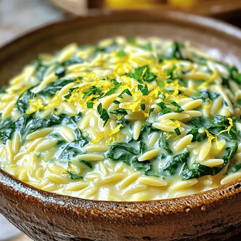 Für das One Pot Creamy Lemon Spinach Orzo brauchst du folgende Hauptzutaten: - 1 Tasse Orzo-Nudeln - 2 Tassen Gemüsebrühe - 1 Tasse frischer Spinat, grob gehackt - 1/2 Tasse Schlagsahne - 1 Zitrone (Zesten und Saft) - 1 kleine Zwiebel, fein gewürfelt - 2 Knoblauchzehen, fein gehackt - 2 Esslöffel Olivenöl - Salz und Pfeffer nach Geschmack Diese Zutaten geben dem Gericht seinen frischen und cremigen Geschmack. Der Spinat sorgt für eine schöne Farbe und viele Nährstoffe. Die Zitrone bringt eine tolle Frische, die perfekt mit der Sahne harmoniert. Du kannst das Rezept nach deinem Geschmack anpassen. Hier sind einige optionale Zutaten: - 1/4 Tasse geriebener Parmesan - Frische Petersilie, gehackt (zum Garnieren) Der Parmesan fügt eine salzige Tiefe hinzu. Die Petersilie bringt Frische und Farbe ins Gericht. Du kannst auch andere Käse verwenden, wenn du magst. Beim Einkaufen gibt es ein paar Dinge zu beachten: - Wähle frischen Spinat. Er sollte knackig und grün sein. - Achte auf die Qualität der Brühe. Eine gute Gemüsebrühe macht einen großen Unterschied. - Hole eine reife Zitrone. Sie gibt mehr Saft und Zest. - Kaufe Orzo-Nudeln in der Pasta-Abteilung. Diese kleinen Nudeln sind leicht und schnell gar. Wenn du diese Tipps beachtest, wird dein Gericht noch besser. So kannst du sicher sein, dass du die besten Zutaten für deinen One Pot Creamy Lemon Spinach Orzo hast. Zuerst erhitze ich das Olivenöl in einem großen Topf bei mittlerer Hitze. Ich füge die gewürfelte Zwiebel hinzu und brate sie für 3-4 Minuten. Die Zwiebel wird weich und durchsichtig. Dann kommt der fein gehackte Knoblauch dazu. Ich brate ihn eine Minute lang, aber ich achte darauf, dass er nicht anbrennt. Das Aroma ist einfach toll! Jetzt gebe ich die Orzo-Nudeln in den Topf. Ich rühre sie zwei Minuten lang, bis sie gut mit der Zwiebel-Öl-Mischung bedeckt sind. Dann füge ich die Gemüsebrühe hinzu und bringe alles zum Kochen. Ich reduziere die Hitze und lasse die Mischung 8-10 Minuten köcheln. Dabei rühre ich gelegentlich um. Die Orzo wird al dente und saugt den Geschmack auf. Sobald die Orzo gekocht ist, reduziere ich die Hitze auf niedrig. Jetzt rühre ich den gehackten Spinat und die Schlagsahne unter. Der Spinat fällt zusammen und das Gericht wird cremig. Ich füge die Zitronenzesten und den Zitronensaft hinzu. Das bringt eine frische Note! Optional kann ich den geriebenen Parmesan einrühren, bis er schmilzt. Ich schmecke das Gericht mit Salz und Pfeffer ab. Vor dem Servieren lasse ich es ein paar Minuten ruhen. Es sieht so gut aus und riecht fantastisch! Ein häufiges Problem ist, dass die Orzo zu weich wird. Rühren Sie die Nudeln regelmäßig um, während sie kochen. Achten Sie darauf, die Brühe nicht zu schnell hinzuzufügen. Wenn die Brühe zu früh kommt, kann die Orzo kleben. Ein weiterer Fehler ist, den Spinat zu lange zu kochen. Fügen Sie ihn kurz vor dem Servieren hinzu. So bleibt der Spinat frisch und grün. Die richtige Konsistenz ist wichtig. Die Mischung sollte cremig, aber nicht wässrig sein. Verwenden Sie Schlagsahne, um die cremige Textur zu erreichen. Wenn es zu dick wird, fügen Sie etwas Brühe hinzu. Achten Sie darauf, die Hitze niedrig zu halten, wenn Sie die Sahne und den Spinat einrühren. Das hilft, die Aromen zu erhalten und die Mischung gleichmäßig zu machen. Servieren Sie das Orzo in tiefen Schalen. Garnieren Sie es mit frischer Petersilie und Zitronenzesten. Das bringt Farbe und Frische. Verwenden Sie zusätzlich geriebenen Parmesan, wenn Sie möchten. Er verleiht dem Gericht mehr Tiefe. Ein Spritzer Zitronensaft beim Servieren kann das Aroma verstärken und das Gericht aufpeppen. {{image_4}} Für eine schmackhafte vegetarische Version dieses Gerichts können Sie die Schlagsahne durch pflanzliche Alternativen ersetzen. Kokoscreme oder Soja-Sahne bieten eine tolle Option. Sie liefern die gleiche Cremigkeit und passen gut zu den Aromen. Auch der Parmesan kann weggelassen oder durch Nusskäse ersetzt werden, um das Gericht vegan zu machen. Um das Gericht noch interessanter zu machen, fügen Sie gebratene Pilze oder getrocknete Tomaten hinzu. Diese Zutaten bringen mehr Tiefe und Geschmack. Auch Erbsen oder Artischockenherzen sind tolle Ergänzungen. Für einen scharfen Kick können Sie rote Pfefferflocken einstreuen. Wenn Sie keine Schlagsahne verwenden möchten, probieren Sie griechischen Joghurt. Er verleiht eine schöne Cremigkeit und einen leichten, frischen Geschmack. Sie können auch Cashewcreme verwenden, die eine nussige Note hinzufügt. Diese Optionen sind nicht nur lecker, sondern auch gesünder. Das Orzo bleibt frisch, wenn Sie es in einem luftdichten Behälter lagern. Stellen Sie sicher, dass das Gericht abgekühlt ist, bevor Sie es in den Kühlschrank stellen. So bleibt der Geschmack erhalten. Im Kühlschrank hält sich das Gericht etwa 3 bis 4 Tage. Wenn Sie das Orzo länger aufbewahren möchten, können Sie es einfrieren. Teilen Sie das Gericht in Portionen und legen Sie es in gefriergeeignete Behälter. Achten Sie darauf, etwas Platz zu lassen, da das Orzo beim Einfrieren expandiert. So bleibt es bis zu 3 Monate frisch. Um das gefrorene Orzo wieder aufzuwärmen, lassen Sie es zuerst im Kühlschrank auftauen. Erhitzen Sie es dann in einem Topf bei niedriger Hitze. Fügen Sie etwas Brühe oder Sahne hinzu, um die Cremigkeit zurückzubringen. Rühren Sie gut um, bis es heiß ist. So schmeckt es fast wie frisch zubereitet! Das Gericht bleibt im Kühlschrank drei bis vier Tage frisch. Stelle sicher, dass du es in einem luftdichten Behälter aufbewahrst. Dies hilft, den Geschmack und die Textur zu bewahren. Wenn du es länger aufbewahren möchtest, friere es ein. Im Gefrierschrank hält es bis zu drei Monate. Ja, du kannst viele Gemüsesorten hinzufügen! Zucchini, Erbsen oder Paprika passen gut dazu. Achte darauf, sie klein zu schneiden, damit sie gleichmäßig garen. Füge sie einfach nach der Zwiebel und dem Knoblauch hinzu. So vermischst du die Aromen und erhältst eine bunte Mischung. Orzo wird normalerweise aus Weizen gemacht, daher ist es nicht glutenfrei. Du kannst jedoch glutenfreie Orzo-Alternativen finden. Diese sind aus Reis oder Mais hergestellt. Achte beim Kauf darauf, dass sie als glutenfrei gekennzeichnet sind. So kannst du das Gericht genießen, ohne dir Sorgen um Gluten zu machen. In diesem Artikel haben wir die Hauptzutaten, die Zubereitung und nützliche Tipps für das Rezept besprochen. Wir haben Variationen für verschiedene Geschmäcker vorgestellt und hilfreiche Lagerinformationen gegeben. Denke daran, beim Einkaufen frisch zu wählen und beim Kochen nichts zu übersehen. Jedes Gericht kann angepasst werden, um deinen Vorlieben gerecht zu werden. Mit diesen einfachen Anleitungen kannst du sicher ein leckeres Ergebnis erzielen. Viel Spaß beim Kochen!