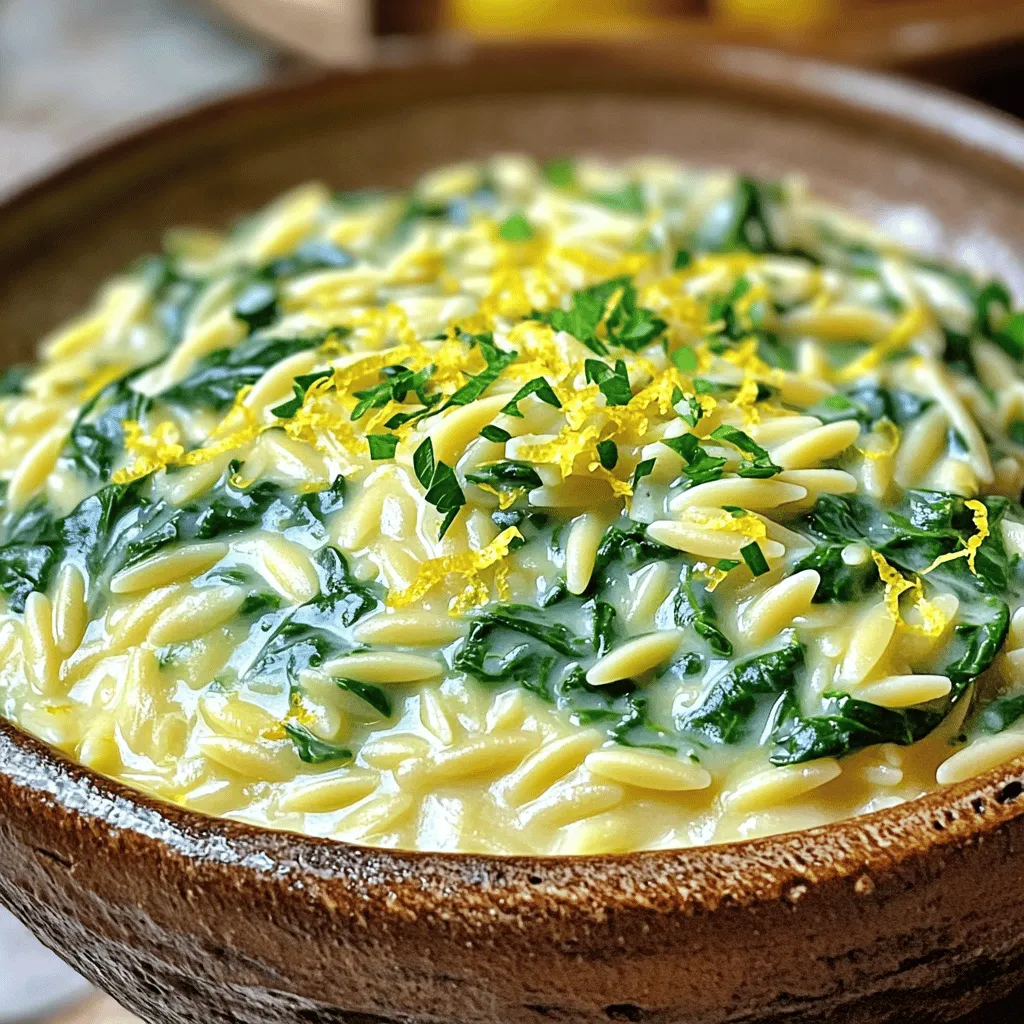 Für das One Pot Creamy Lemon Spinach Orzo brauchst du folgende Hauptzutaten: - 1 Tasse Orzo-Nudeln - 2 Tassen Gemüsebrühe - 1 Tasse frischer Spinat, grob gehackt - 1/2 Tasse Schlagsahne - 1 Zitrone (Zesten und Saft) - 1 kleine Zwiebel, fein gewürfelt - 2 Knoblauchzehen, fein gehackt - 2 Esslöffel Olivenöl - Salz und Pfeffer nach Geschmack Diese Zutaten geben dem Gericht seinen frischen und cremigen Geschmack. Der Spinat sorgt für eine schöne Farbe und viele Nährstoffe. Die Zitrone bringt eine tolle Frische, die perfekt mit der Sahne harmoniert. Du kannst das Rezept nach deinem Geschmack anpassen. Hier sind einige optionale Zutaten: - 1/4 Tasse geriebener Parmesan - Frische Petersilie, gehackt (zum Garnieren) Der Parmesan fügt eine salzige Tiefe hinzu. Die Petersilie bringt Frische und Farbe ins Gericht. Du kannst auch andere Käse verwenden, wenn du magst. Beim Einkaufen gibt es ein paar Dinge zu beachten: - Wähle frischen Spinat. Er sollte knackig und grün sein. - Achte auf die Qualität der Brühe. Eine gute Gemüsebrühe macht einen großen Unterschied. - Hole eine reife Zitrone. Sie gibt mehr Saft und Zest. - Kaufe Orzo-Nudeln in der Pasta-Abteilung. Diese kleinen Nudeln sind leicht und schnell gar. Wenn du diese Tipps beachtest, wird dein Gericht noch besser. So kannst du sicher sein, dass du die besten Zutaten für deinen One Pot Creamy Lemon Spinach Orzo hast. Zuerst erhitze ich das Olivenöl in einem großen Topf bei mittlerer Hitze. Ich füge die gewürfelte Zwiebel hinzu und brate sie für 3-4 Minuten. Die Zwiebel wird weich und durchsichtig. Dann kommt der fein gehackte Knoblauch dazu. Ich brate ihn eine Minute lang, aber ich achte darauf, dass er nicht anbrennt. Das Aroma ist einfach toll! Jetzt gebe ich die Orzo-Nudeln in den Topf. Ich rühre sie zwei Minuten lang, bis sie gut mit der Zwiebel-Öl-Mischung bedeckt sind. Dann füge ich die Gemüsebrühe hinzu und bringe alles zum Kochen. Ich reduziere die Hitze und lasse die Mischung 8-10 Minuten köcheln. Dabei rühre ich gelegentlich um. Die Orzo wird al dente und saugt den Geschmack auf. Sobald die Orzo gekocht ist, reduziere ich die Hitze auf niedrig. Jetzt rühre ich den gehackten Spinat und die Schlagsahne unter. Der Spinat fällt zusammen und das Gericht wird cremig. Ich füge die Zitronenzesten und den Zitronensaft hinzu. Das bringt eine frische Note! Optional kann ich den geriebenen Parmesan einrühren, bis er schmilzt. Ich schmecke das Gericht mit Salz und Pfeffer ab. Vor dem Servieren lasse ich es ein paar Minuten ruhen. Es sieht so gut aus und riecht fantastisch! Ein häufiges Problem ist, dass die Orzo zu weich wird. Rühren Sie die Nudeln regelmäßig um, während sie kochen. Achten Sie darauf, die Brühe nicht zu schnell hinzuzufügen. Wenn die Brühe zu früh kommt, kann die Orzo kleben. Ein weiterer Fehler ist, den Spinat zu lange zu kochen. Fügen Sie ihn kurz vor dem Servieren hinzu. So bleibt der Spinat frisch und grün. Die richtige Konsistenz ist wichtig. Die Mischung sollte cremig, aber nicht wässrig sein. Verwenden Sie Schlagsahne, um die cremige Textur zu erreichen. Wenn es zu dick wird, fügen Sie etwas Brühe hinzu. Achten Sie darauf, die Hitze niedrig zu halten, wenn Sie die Sahne und den Spinat einrühren. Das hilft, die Aromen zu erhalten und die Mischung gleichmäßig zu machen. Servieren Sie das Orzo in tiefen Schalen. Garnieren Sie es mit frischer Petersilie und Zitronenzesten. Das bringt Farbe und Frische. Verwenden Sie zusätzlich geriebenen Parmesan, wenn Sie möchten. Er verleiht dem Gericht mehr Tiefe. Ein Spritzer Zitronensaft beim Servieren kann das Aroma verstärken und das Gericht aufpeppen. {{image_4}} Für eine schmackhafte vegetarische Version dieses Gerichts können Sie die Schlagsahne durch pflanzliche Alternativen ersetzen. Kokoscreme oder Soja-Sahne bieten eine tolle Option. Sie liefern die gleiche Cremigkeit und passen gut zu den Aromen. Auch der Parmesan kann weggelassen oder durch Nusskäse ersetzt werden, um das Gericht vegan zu machen. Um das Gericht noch interessanter zu machen, fügen Sie gebratene Pilze oder getrocknete Tomaten hinzu. Diese Zutaten bringen mehr Tiefe und Geschmack. Auch Erbsen oder Artischockenherzen sind tolle Ergänzungen. Für einen scharfen Kick können Sie rote Pfefferflocken einstreuen. Wenn Sie keine Schlagsahne verwenden möchten, probieren Sie griechischen Joghurt. Er verleiht eine schöne Cremigkeit und einen leichten, frischen Geschmack. Sie können auch Cashewcreme verwenden, die eine nussige Note hinzufügt. Diese Optionen sind nicht nur lecker, sondern auch gesünder. Das Orzo bleibt frisch, wenn Sie es in einem luftdichten Behälter lagern. Stellen Sie sicher, dass das Gericht abgekühlt ist, bevor Sie es in den Kühlschrank stellen. So bleibt der Geschmack erhalten. Im Kühlschrank hält sich das Gericht etwa 3 bis 4 Tage. Wenn Sie das Orzo länger aufbewahren möchten, können Sie es einfrieren. Teilen Sie das Gericht in Portionen und legen Sie es in gefriergeeignete Behälter. Achten Sie darauf, etwas Platz zu lassen, da das Orzo beim Einfrieren expandiert. So bleibt es bis zu 3 Monate frisch. Um das gefrorene Orzo wieder aufzuwärmen, lassen Sie es zuerst im Kühlschrank auftauen. Erhitzen Sie es dann in einem Topf bei niedriger Hitze. Fügen Sie etwas Brühe oder Sahne hinzu, um die Cremigkeit zurückzubringen. Rühren Sie gut um, bis es heiß ist. So schmeckt es fast wie frisch zubereitet! Das Gericht bleibt im Kühlschrank drei bis vier Tage frisch. Stelle sicher, dass du es in einem luftdichten Behälter aufbewahrst. Dies hilft, den Geschmack und die Textur zu bewahren. Wenn du es länger aufbewahren möchtest, friere es ein. Im Gefrierschrank hält es bis zu drei Monate. Ja, du kannst viele Gemüsesorten hinzufügen! Zucchini, Erbsen oder Paprika passen gut dazu. Achte darauf, sie klein zu schneiden, damit sie gleichmäßig garen. Füge sie einfach nach der Zwiebel und dem Knoblauch hinzu. So vermischst du die Aromen und erhältst eine bunte Mischung. Orzo wird normalerweise aus Weizen gemacht, daher ist es nicht glutenfrei. Du kannst jedoch glutenfreie Orzo-Alternativen finden. Diese sind aus Reis oder Mais hergestellt. Achte beim Kauf darauf, dass sie als glutenfrei gekennzeichnet sind. So kannst du das Gericht genießen, ohne dir Sorgen um Gluten zu machen. In diesem Artikel haben wir die Hauptzutaten, die Zubereitung und nützliche Tipps für das Rezept besprochen. Wir haben Variationen für verschiedene Geschmäcker vorgestellt und hilfreiche Lagerinformationen gegeben. Denke daran, beim Einkaufen frisch zu wählen und beim Kochen nichts zu übersehen. Jedes Gericht kann angepasst werden, um deinen Vorlieben gerecht zu werden. Mit diesen einfachen Anleitungen kannst du sicher ein leckeres Ergebnis erzielen. Viel Spaß beim Kochen!