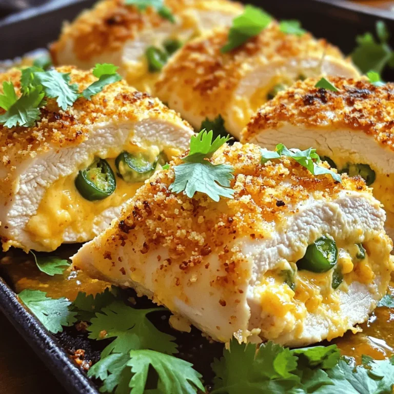 Für dieses Gericht brauchen Sie einige wichtige Zutaten: - 4 Hähnchenbrustfilets ohne Haut und Knochen - 1 Tasse Frischkäse, weich gemacht - 1 Tasse geriebener Cheddar-Käse - 1/2 Tasse Jalapeños, fein gehackt (Kerne entfernt für weniger Schärfe) - 1/4 Tasse Semmelbrösel Die Gewürze geben dem Hähnchen den besonderen Geschmack: - 1 Esslöffel Knoblauchpulver - 1 Teelöffel Zwiebelpulver - 1 Teelöffel geräuchertes Paprikapulver - Salz und Pfeffer nach Geschmack - 2 Esslöffel Olivenöl Wenn Sie eine gesunde Variante möchten, können Sie einige Änderungen vornehmen: - Verwenden Sie fettarmen Frischkäse oder griechischen Joghurt statt Frischkäse. - Ersetzen Sie den geriebenen Cheddar-Käse durch eine leichtere Käsesorte, wie Mozzarella. - Nutzen Sie Vollkornsemmelbrösel für mehr Ballaststoffe. - Sie können auch Zucchini oder Spinat in die Füllung geben, um mehr Gemüse hinzuzufügen. Diese Zutaten und Alternativen machen das Gericht lecker und anpassbar für jeden Geschmack. Zuerst heizen Sie Ihren Ofen auf 190°C vor. Nehmen Sie die Hähnchenbrustfilets und prüfen Sie, ob sie sauber sind. Schneiden Sie vorsichtig eine Tasche in jedes Filet. Achten Sie darauf, nicht ganz durchzuschneiden. So bleibt die Füllung später drin. Diese Tasche ist wichtig, denn sie wird die Jalapeño-Käse-Füllung halten. In einer mittleren Schüssel vermengen Sie den weichen Frischkäse und geriebenen Cheddar-Käse. Fügen Sie die gehackten Jalapeños hinzu. Wenn Sie es weniger scharf mögen, entfernen Sie die Kerne der Jalapeños. Geben Sie dann Knoblauchpulver, Zwiebelpulver und geräuchertes Paprikapulver dazu. Vergessen Sie nicht, mit Salz und Pfeffer zu würzen. Mischen Sie alles gut, bis es gleichmäßig verteilt ist. Füllen Sie nun jede Tasche der Hähnchenbrust mit der Jalapeño-Käse-Mischung. Verwenden Sie Zahnstocher, um die Öffnung zu sichern, falls nötig. Würzen Sie die Außenseite der Hähnchenfilets mit Salz, Pfeffer und geräuchertem Paprikapulver. Erhitzen Sie Olivenöl in einer ofenfesten Pfanne. Braten Sie die gefüllten Hähnchenbrustfilets 3-4 Minuten pro Seite, bis sie goldbraun sind. Bestreuen Sie die Oberseite mit Semmelbröseln. Dann übertragen Sie die Pfanne in den Ofen und backen Sie das Hähnchen 20-25 Minuten. Es sollte eine Innentemperatur von 75°C erreichen. Lassen Sie das Hähnchen nach dem Backen 5 Minuten ruhen, bevor Sie es servieren. Um das Hähnchen zart und saftig zu halten, ist es wichtig, die richtige Temperatur zu nutzen. Braten Sie die Hähnchenbrustfilets zuerst in einer heißen Pfanne. Das hilft, die Säfte einzuschließen. Achten Sie darauf, das Hähnchen nicht zu lange zu braten. Wenn Sie es im Ofen backen, überprüfen Sie die Innentemperatur mit einem Fleischthermometer. Sie sollte 75°C erreichen. Lassen Sie das Hähnchen nach dem Backen fünf Minuten ruhen. Dadurch verteilt sich der Saft gleichmäßig. Ein häufiger Fehler ist, die Tasche im Hähnchen zu tief zu schneiden. Schneiden Sie nur bis zur Mitte, damit die Füllung nicht herausläuft. Verwenden Sie genug Füllung, aber überladen Sie die Tasche nicht. Zahnstocher sorgen dafür, dass die Füllung gut bleibt. Vergessen Sie nicht, das Hähnchen von außen zu würzen. So bekommt es mehr Geschmack. Jalapeño Popper gefülltes Hähnchen sieht schön aus, wenn Sie es auf einem bunten Teller servieren. Schneiden Sie es in der Mitte durch, um die Füllung zu zeigen. Ein frischer Salat mit Koriander oder Petersilie passt gut dazu. Auch Reis oder Quinoa sind tolle Beilagen. Wenn Sie es schärfer mögen, fügen Sie etwas scharfe Soße hinzu. {{image_4}} Jalapeño Popper gefülltes Hähnchen ist sehr anpassbar. Wenn du einen anderen Geschmack möchtest, probiere Folgendes: Nutze Frischkäse mit Kräutern. Mische Feta für einen salzigen Kick. Oder füge Bacon hinzu, um einen rauchigen Geschmack zu bekommen. Du kannst auch verschiedene Käsesorten verwenden. Gouda oder Monterey Jack sind leckere Alternativen. Du kannst die Füllung ganz nach deinem Wunsch anpassen. Zum Beispiel, ersetze Jalapeños durch Spinat für eine grünere Variante. Eine Mischung aus Artischocken und Parmesan gibt ein tolles Aroma. Wenn du es süß magst, probiere eine Füllung aus getrockneten Tomaten und Mozzarella. Diese Variationen machen das Gericht spannend und neu. Die Schärfe ist oft ein wichtiger Punkt. Wenn du es mild magst, entferne die Kerne der Jalapeños. Du kannst auch die Menge der Jalapeños reduzieren. Für mehr Schärfe, füge frische Chilis oder scharfe Soße hinzu. Teste einfach während der Zubereitung, um die perfekte Schärfe für deinen Geschmack zu finden. Um übrig gebliebenes Jalapeño Popper gefülltes Hähnchen frisch zu halten, lege es in einen luftdichten Behälter. Dies schützt das Hähnchen vor Luft und Feuchtigkeit. Stelle sicher, dass das Hähnchen vollständig abgekühlt ist, bevor du es einpackst. So bleibt es saftig und lecker. Wenn du das Hähnchen im Kühlschrank lagerst, bleibt es etwa 3 bis 4 Tage frisch. Achte darauf, das Hähnchen gut abzudecken. Wenn du es länger aufbewahren möchtest, friere es ein. Im Gefrierfach hält es bis zu 3 Monate. Beim Aufwärmen ist Geduld wichtig. Heize deinen Ofen auf 175°C (350°F) vor. Lege das Hähnchen in eine ofenfeste Form und bedecke es mit Alufolie. So bleibt das Hähnchen saftig. Erwärme es etwa 20 Minuten oder bis es heiß ist. Du kannst auch die Mikrowelle verwenden, aber achte darauf, dass es nicht austrocknet. Erwärme es in kurzen Intervallen und prüfe regelmäßig. Um Jalapeño Popper gefülltes Hähnchen zu machen, folgen Sie diesen Schritten: 1. Heizen Sie den Ofen auf 190°C vor. 2. Mischen Sie in einer Schüssel Frischkäse, Cheddar, Jalapeños, Knoblauchpulver, Zwiebelpulver, Paprikapulver, Salz und Pfeffer. 3. Schneiden Sie Taschen in die Hähnchenbrustfilets. 4. Füllen Sie die Hähnchen mit der Käsemischung und sichern Sie sie. 5. Würzen Sie die Außenseite mit Salz, Pfeffer und Paprika. 6. Braten Sie die Hähnchen in Olivenöl an, bis sie goldbraun sind. 7. Bestreuen Sie sie mit Semmelbröseln und backen Sie sie 20-25 Minuten. 8. Lassen Sie das Hähnchen vor dem Servieren 5 Minuten ruhen. Ja, Sie können die Füllung ganz nach Ihrem Geschmack anpassen. Hier sind einige Ideen: - Verwenden Sie Frischkäse mit Kräutern für mehr Geschmack. - Fügen Sie Speckstücke für einen rauchigen Geschmack hinzu. - Probieren Sie andere Käsesorten wie Gouda oder Monterey Jack aus. - Nutzen Sie schwarze Oliven oder Paprika für mehr Textur. Für Jalapeño Popper gefülltes Hähnchen passen viele Beilagen gut. Hier sind ein paar Vorschläge: - Ein frischer grüner Salat mit einem leichten Dressing. - Gegrilltes Gemüse wie Zucchini oder Paprika. - Reis oder Quinoa für eine sättigende Beilage. - Kartoffelpüree oder Ofenkartoffeln als herzhaften Akzent. Jalapeño Popper gefülltes Hähnchen ist ein schmackhaftes Gericht, das viele Möglichkeiten bietet. Wir haben die Hauptzutaten, Zubereitung und Tipps für die Zubereitung besprochen. Variationen und Lagerung helfen dir, das Gericht anzupassen und länger zu genießen. Denke daran, den Geschmack und die Schärfe nach deinem Wunsch zu justieren. Probiere es aus und genieße die Aromen!