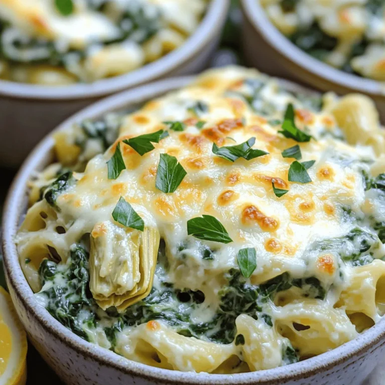 Für diesen cremigen Spinat-Artischocken-Nudelauflauf brauchen Sie: - 225 g Penne-Nudeln - 1 Esslöffel Olivenöl - 2 Knoblauchzehen, fein gehackt - 1 Tasse gefrorener Spinat, aufgetaut und gut abgetropft - 1 Dose (400 g) Artischockenherzen, abgetropft und grob gehackt - 1 Tasse Frischkäse, weich - 1 Tasse saure Sahne - 1 Tasse geriebener Parmesan - 1 Teelöffel Zitronenschale - 1 Tasse geriebener Mozzarella - 1/2 Teelöffel rote Pfefferflocken (optional) Diese Zutaten bringen den Geschmack und die Cremigkeit, die diesen Auflauf so besonders machen. Die Aromen machen den Auflauf lebendig. Verwenden Sie: - 1 Teelöffel Zitronenschale - Salz und Pfeffer nach Geschmack - 1/2 Teelöffel rote Pfefferflocken (optional) Die Zitronenschale fügt Frische hinzu. Salz und Pfeffer bringen alles zusammen. Ein Hauch von roten Pfefferflocken gibt einen kleinen Kick. Für die Garnierung brauchen Sie: - Frische Petersilie - Zusätzliche Käseschichten Die frische Petersilie bringt Farbe und Geschmack. Streuen Sie sie oben drauf. Zusätzlicher Käse kann auch geschmolzen werden, um den Auflauf noch köstlicher zu machen. Servieren Sie den Auflauf in einzelnen Schüsseln, um ihn ansprechend zu präsentieren. Zuerst koche die Penne-Nudeln. Folge den Anweisungen auf der Verpackung. Die Nudeln sollten al dente sein. Das bedeutet, sie sind noch bissfest. Nachdem du die Nudeln gekocht hast, gieße sie ab und stelle sie beiseite. Erhitze in einer großen Pfanne 1 Esslöffel Olivenöl bei mittlerer Hitze. Füge die fein gehackten Knoblauchzehen hinzu. Brate den Knoblauch 1 bis 2 Minuten an, bis er duftet. Achte darauf, dass er nicht verbrennt. Jetzt kommt der leckere Teil! Rühre den aufgetauten Spinat und die grob gehackten Artischockenherzen in die Pfanne. Koche alles 2 bis 3 Minuten, bis es gut durchwärmt ist. In einer großen Schüssel mische 1 Tasse Frischkäse, 1 Tasse saure Sahne, 1 Tasse geriebenen Parmesan und 1 Teelöffel Zitronenschale. Mixe, bis die Mischung schön glatt ist. Füge die gekochten Nudeln und die Spinat-Artischocken-Mischung hinzu. Rühre alles gut um, bis es gleichmäßig verteilt ist. Schmecke die Mischung mit Salz, Pfeffer und optionalen roten Pfefferflocken ab. Gib die Nudelmischung in eine gefettete Auflaufform. Verteile sie gleichmäßig. Bestreue die Oberfläche mit 1 Tasse geriebenem Mozzarella. Heize den Ofen auf 190°C vor. Backe den Auflauf 25 bis 30 Minuten, bis der Käse sprudelt und goldbraun ist. Lass ihn nach dem Backen 5 Minuten ruhen. Garniere den Auflauf mit frischer Petersilie, bevor du ihn servierst. Um die perfekte Konsistenz zu erreichen, koche die Penne-Nudeln genau nach der Packungsanleitung. Achte darauf, sie al dente zu kochen. So bleiben sie beim Backen fest und überkochen nicht. Mische die Nudeln gut mit der Käsemischung. Die richtige Menge Käse macht den Auflauf cremig und lecker. Wenn du mehr Geschmack möchtest, probiere andere Käsesorten. Anstelle von Frischkäse könntest du Ricotta oder Ziegenkäse verwenden. Parmesan gibt viel Aroma, aber du kannst auch Pecorino oder Grana Padano nutzen. Für einen kräftigen Geschmack füge etwas geräucherten Käse hinzu. Um Zeit zu sparen, bereite die Zutaten im Voraus vor. Koche die Nudeln am Vortag und lagere sie im Kühlschrank. Du kannst auch die Spinat-Artischocken-Mischung vorher zubereiten und in einem Behälter aufbewahren. So bleibt alles frisch. Wenn du alles bereit hast, backe den Auflauf einfach zusammen. Das macht das Kochen an einem stressigen Tag viel einfacher! {{image_4}} Du kannst diesem Auflauf mehr Geschmack geben, indem du zusätzliches Gemüse hinzufügst. Möhren, Paprika oder Zucchini passen gut. Schneide das Gemüse klein und brate es mit dem Knoblauch an. So erhält dein Gericht mehr Textur und Frische. Eine Mischung aus Gemüse macht den Auflauf bunter und gesünder. Wenn du mehr Protein möchtest, füge Hühnchen, Garnelen oder Tofu hinzu. Koche das Hühnchen vorher und schneide es in Stücke. Für Garnelen brate sie kurz in der Pfanne an, bevor du sie zur Mischung gibst. Tofu kannst du würfeln und anbraten. Diese Optionen machen den Auflauf sättigender und leckerer. Für eine vegetarische oder vegane Version kannst du pflanzliche Käseoptionen nutzen. Es gibt viele gute Alternativen zu Frischkäse und saurer Sahne. Nutze zum Beispiel Cashew-Creme oder Soja-Joghurt. Diese Produkte geben dem Auflauf die nötige Cremigkeit. Achte darauf, dass alle Zutaten vegan sind, um dein Gericht pflanzlich zu halten. Um den cremigen Spinat-Artischocken-Nudelauflauf frisch zu halten, bewahre ihn im Kühlschrank auf. Du solltest ihn in einem luftdichten Behälter lagern. So bleibt er für bis zu drei Tage genießbar. Wenn du den Auflauf länger aufbewahren möchtest, lege ihn in den Gefrierschrank. Stelle sicher, dass du ihn in einer gefriergeeigneten Form oder in einem gut verschlossenen Beutel verpackst. So kannst du ihn bis zu drei Monate lagern. Um den Auflauf wieder aufzuwärmen, heize deinen Ofen auf 180°C vor. Lege die gewünschte Menge in eine Auflaufform. Du kannst auch etwas Milch oder Sahne hinzufügen, damit er nicht trocken wird. Decke die Form mit Alufolie ab, um ein Austrocknen zu verhindern. Backe ihn für etwa 20 Minuten, bis er warm ist. Alternativ kannst du ihn in der Mikrowelle aufwärmen. Stelle die Mikrowelle auf mittlere Hitze und erwärme ihn in kurzen Abständen. So bleibt der Auflauf schön cremig. Die Haltbarkeit von Resten ist wichtig. Im Kühlschrank hält sich der Auflauf bis zu drei Tage. Achte darauf, ihn gut zu verschließen. Im Gefrierschrank kann er bis zu drei Monate frisch bleiben. Überprüfe beim Auftauen, ob er noch gut riecht und aussieht. Wenn du Zweifel hast, ist es besser, ihn nicht zu essen. Die Zubereitung dieses Auflaufs dauert etwa 15 Minuten. Die gesamte Zeit, die Sie benötigen, beträgt 45 Minuten. Dies schließt das Kochen der Nudeln und das Backen im Ofen ein. Sie können insgesamt 6 Portionen aus diesem Rezept machen. So ist der Auflauf perfekt für eine kleine Gruppe oder Familie. Ja, Sie können frischen Spinat verwenden. Sie sollten etwa 300 g frischen Spinat nehmen. Kochen Sie ihn kurz in einem Topf, bis er zusammenfällt. Lassen Sie ihn gut abtropfen, damit der Auflauf nicht zu wässrig wird. Frischer Spinat gibt dem Gericht einen lebendigen Geschmack und eine schöne Textur. Zu diesem Auflauf passen viele Beilagen und Getränke. Ein einfacher grüner Salat ist eine gute Wahl. Erfrischende Getränke wie Limonade oder Eistee runden das Essen ab. Auch ein Stück Baguette kann gut dazu passen. So haben Sie eine vollständige Mahlzeit, die alle glücklich macht. Das vollständige Rezept finden Sie in diesem Artikel. Dort sind alle Zutaten und Schritte aufgelistet. So können Sie sicherstellen, dass alles richtig zubereitet wird. Wenn Sie mehr über die Zubereitung erfahren möchten, schauen Sie sich die anderen Abschnitte an. Der cremige Spinatauflauf mit Penne-Nudeln, Spinat und Artischocken ist ein wahrer Genuss. Wir haben die Hauptzutaten und Gewürze besprochen, um den Geschmack zu verbessern. Ich habe dir auch eine Schritt-für-Schritt-Anleitung gegeben, damit die Zubereitung einfach und schnell geht. Nutze unsere Tipps, um die perfekte Konsistenz und den besten Geschmack zu erreichen. Variiere die Zutaten nach deinem Wunsch, und lagere die Reste richtig für zukünftige Mahlzeiten. Probiere es aus, es wird lecker!