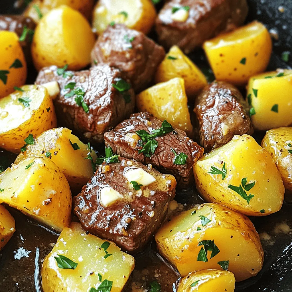 - 450 g Sirloin Steak - 4 mittelgroße Yukon Gold Kartoffeln - 4 Esslöffel Butter (ungesalzen) Die Hauptzutaten sind wichtig für den Geschmack. Sirloin Steak hat einen tollen Geschmack und ist zart. Yukon Gold Kartoffeln geben eine schöne Konsistenz. Ungesalzene Butter sorgt für einen reichen, cremigen Geschmack. - 4 Knoblauchzehen, fein gehackt - 1 Teelöffel getrockneter Rosmarin - 1 Teelöffel getrockneter Thymian Die Gewürze bringen das Gericht auf ein neues Level. Knoblauch gibt einen starken Geschmack. Rosmarin und Thymian fügen frische Aromen hinzu. Diese Kräuter sind einfach zu finden und machen einen großen Unterschied. - Salz und Pfeffer nach Geschmack - 2 Esslöffel Olivenöl - Frische Petersilie für die Garnitur Salz und Pfeffer sind die Basis für jedes Gericht. Sie heben die Aromen hervor. Olivenöl hilft, die Kartoffeln goldbraun zu braten. Frische Petersilie gibt dem Gericht einen schönen Farbkontrast. Garnieren Sie damit vor dem Servieren für einen frischen Touch. Zuerst würfeln Sie die Kartoffeln in kleine Stücke. Schneiden Sie das Sirloin Steak ebenfalls in mundgerechte Stücke. Der nächste Schritt ist das Hacken des Knoblauchs. Nehmen Sie vier Knoblauchzehen und schneiden Sie sie fein. Mischen Sie dann die Gewürze, die Sie verwenden möchten. Fügen Sie getrockneten Rosmarin und Thymian hinzu. Geben Sie auch Salz und Pfeffer dazu. Erhitzen Sie in einer großen Pfanne das Olivenöl. Stellen Sie die Hitze auf mittel bis hoch. Wenn das Öl heiß ist, fügen Sie die gewürfelten Kartoffeln hinzu. Achten Sie darauf, die Kartoffeln in einer einzigen Schicht zu verteilen. Würzen Sie sie mit etwas Salz und Pfeffer. Braten Sie die Kartoffeln etwa 10-12 Minuten. Wenden Sie sie gelegentlich, bis sie goldbraun und zart sind. Wenn die Kartoffeln fertig sind, würzen Sie die Steakstücke mit Salz, Pfeffer, Rosmarin und Thymian. Schieben Sie die Kartoffeln auf eine Seite der Pfanne. Geben Sie zwei Esslöffel Butter auf die leere Seite. Lassen Sie die Butter schmelzen. Fügen Sie dann die gewürzten Steakstücke hinzu. Braten Sie das Steak für etwa 3-4 Minuten. Wenden Sie es regelmäßig, bis es goldbraun ist. Geben Sie den gehackten Knoblauch in die Pfanne. Vermengen Sie alles gut, sodass sich die Aromen verbinden. Kochen Sie für weitere 1-2 Minuten, bis der Knoblauch duftet. Um das Steak perfekt zuzubereiten, achte auf die Garstufe. Du kannst dein Steak nach Wunsch zubereiten: rare, medium oder well done. Für medium rare brate ich das Steak etwa 3-4 Minuten pro Seite. Benutze ein Fleischthermometer, um sicherzustellen, dass die Innentemperatur etwa 55-57 °C beträgt. Beim Wenden des Steaks ist es wichtig, Geduld zu haben. Wende das Steak nur einmal. So bleibt der Saft im Fleisch. Wenn du es zu oft wendest, wird es trocken. Für die Kartoffeln ist die Temperatur entscheidend. Ich empfehle, das Olivenöl bei mittlerer bis hoher Hitze zu erhitzen. So werden die Kartoffeln außen knusprig und innen zart. Um eine gleichmäßige Bräunung zu erzielen, lege die Kartoffeln in einer einzigen Schicht in die Pfanne. Wende sie erst nach etwa 5-6 Minuten. So haben sie genug Zeit, um die goldene Farbe zu bekommen. Bei den Kräutern und Gewürzen hast du viele Optionen. Neben Rosmarin und Thymian kannst du auch Oregano oder Paprika verwenden. Experimentiere mit verschiedenen Geschmäckern. Frisch gepresster Knoblauch bringt mehr Aroma. Verwende ihn kurz vor dem Ende des Garens. So bleibt der Geschmack intensiv und frisch. {{image_4}} Sie können viele Gemüsesorten in Ihre Knoblauchbutter Steak und Kartoffelpfanne einfügen. Zucchini oder Paprika passen gut zu diesem Gericht. Auch Karotten geben einen süßen Geschmack. Das Beste? Sie können saisonales Gemüse verwenden. Im Frühling sind Spargel und Erbsen toll. Im Herbst können Kürbis oder Rosenkohl eine schöne Note geben. Wenn Sie kein Sirloin Steak haben, probieren Sie Hähnchen oder Schweinefleisch. Diese Fleischsorten sind lecker und einfach zuzubereiten. Hähnchenbrust braucht weniger Zeit. Braten Sie sie etwa 5-7 Minuten. Schweinefleisch kann etwas länger brauchen, etwa 6-8 Minuten. Achten Sie darauf, das Fleisch gut zu würzen, um den Geschmack zu verbessern. Eine tolle Low-Carb Option ist, Blumenkohl anstelle von Kartoffeln zu verwenden. Blumenkohlreis passt gut und ist gesund. Für eine vegane Option, nutzen Sie Tofu oder Tempeh anstelle von Fleisch. Braten Sie das Gemüse und den Tofu zusammen in der Pfanne. Verwenden Sie die gleiche Knoblauchbutter für vollen Geschmack. Um die Reste deiner Knoblauchbutter Steak und Kartoffelpfanne frisch zu halten, lagere sie im Kühlschrank. Stelle sicher, dass die Pfanne vollständig abgekühlt ist, bevor du die Reste in luftdichte Behälter gibst. So bleibt der Geschmack erhalten und die Frische bleibt länger bestehen. Die Reste des Gerichts halten sich in der Regel 3 bis 4 Tage im Kühlschrank. Achte darauf, dass du sie gut verpackst. Wenn du die Reste aufwärmst, mache dies langsam, um das Fleisch zart zu halten. Du kannst die Reste auch in einer Pfanne oder Mikrowelle aufwärmen. Füge bei Bedarf einen kleinen Schuss Wasser oder Brühe hinzu, um das Gericht saftig zu halten. Die Zubereitung dauert etwa 10 Minuten. Die gesamte Zeit für das Gericht beträgt 30 Minuten. So kannst du schnell ein leckeres Essen auf den Tisch bringen. Ja, du kannst andere Fleischsorten verwenden. Hähnchenbrust oder Schweinefilet sind gute Alternativen. Beachte dabei, dass die Garzeiten sich ändern können. Hähnchen braucht etwas länger, etwa 5-7 Minuten, während Schweinefleisch ähnlich wie Steak zubereitet wird. Ja, das Gericht eignet sich gut für Meal Prepping. Du kannst die Reste in einem luftdichten Behälter lagern. Stelle sicher, dass die Speisen abgekühlt sind, bevor du sie in den Kühlschrank stellst. So bleiben sie frisch. Du kannst das Gericht bis zu 3 Tage aufbewahren. Um das Rezept würziger zu machen, füge etwas Cayennepfeffer hinzu. Du kannst auch frische Chilis oder scharfe Soßen verwenden. Eine weitere Option ist, geräuchertes Paprikapulver zu verwenden. Das bringt nicht nur Schärfe, sondern auch einen tollen Geschmack. In diesem Blogbeitrag haben wir die wichtigsten Zutaten und Schritte zum Kochen von Garlic Butter Steak und Kartoffeln behandelt. Du hast gelernt, wie man das Steak perfekt zubereitet und die Kartoffeln optimal brät. Denke daran, dass du das Gericht nach deinem Geschmack anpassen kannst, sei es durch andere Fleischsorten oder zusätzliche Gewürze. Bewahre die Reste gut auf, damit du später noch genießen kannst. Probiere es aus und entdecke deine eigenen Variationen!
