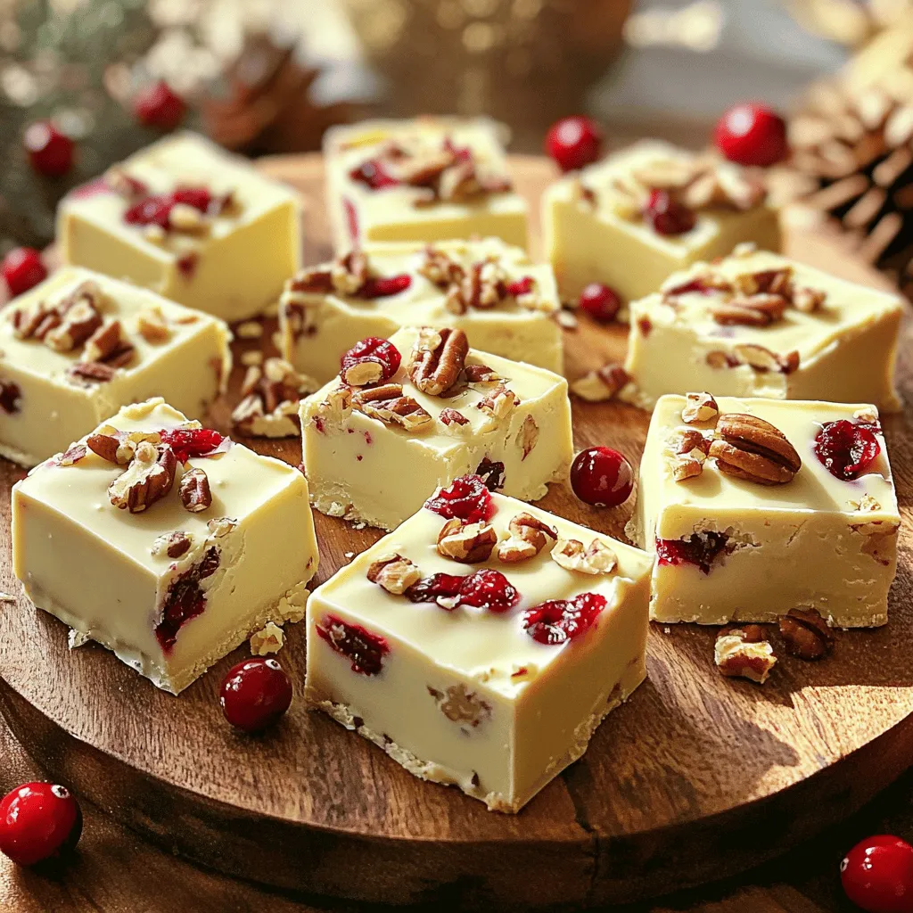 - 2 Tassen weiße Schokoladenstückchen - 1 Tasse gezuckerte Kondensmilch - 1 Tasse getrocknete Cranberries Diese Zutaten sind einfach zu finden. Die weißen Schokoladenstückchen sind die Basis. Sie geben dem Fudge seine süße und cremige Textur. Die gezuckerte Kondensmilch sorgt für die nötige Feuchtigkeit und Bindung. Die getrockneten Cranberries bringen eine fruchtige Säure und eine schöne Farbe ins Spiel. - ½ Tasse gehackte Pekannüsse oder Walnüsse - 1 Teelöffel Vanilleextrakt - Eine Prise Salz Die Nüsse geben einen tollen Crunch. Sie fügen auch einen nussigen Geschmack hinzu, der gut zu den anderen Zutaten passt. Vanilleextrakt bringt ein warmes Aroma. Eine Prise Salz balanciert die Süße aus und hebt den Geschmack hervor. Alle diese Zutaten zusammen machen das Fudge besonders lecker. Legen Sie eine 20x20 cm große Backform mit Backpapier aus. Achten Sie darauf, dass das Papier über den Rand hängt. So können Sie das Fudge später leicht herausnehmen. Dieser Schritt ist wichtig, um ein Ankleben zu verhindern. Nehmen Sie einen mittelgroßen Topf und stellen Sie ihn auf niedrige Hitze. Geben Sie die weißen Schokoladenstückchen und die gezuckerte Kondensmilch hinein. Rühren Sie ständig, bis alles geschmolzen ist. Die Mischung sollte eine samtige Konsistenz haben. Sehen Sie, wie die Schokolade schmilzt? Es ist ein schöner Anblick. Nehmen Sie den Topf vom Herd. Fügen Sie einen Teelöffel Vanilleextrakt und eine Prise Salz hinzu. Rühren Sie gut um, bis alles gut vermischt ist. Jetzt kommen die getrockneten Cranberries und die gehackten Nüsse dazu. Heben Sie sie vorsichtig unter, damit sie gleichmäßig verteilt sind. So sorgt jede Biss für einen leckeren Geschmack. Um die perfekte Konsistenz für dein White Chocolate Cranberry Fudge zu erzielen, ist die Temperatur wichtig. Schmelze die Schokolade langsam bei niedriger Hitze. So verhinderst du Verbrennungen und klumpige Massen. Rühre ständig, damit alles gleichmäßig schmilzt. Wenn die Mischung samtig aussieht, bist du bereit für die nächsten Schritte. Ein schönes Anrichten macht dein Fudge besonders. Lege die Stücke auf einen dekorativen Servierteller. Du kannst das Fudge mit extra getrockneten Cranberries und Nüssen garnieren. Diese kleinen Details machen einen großen Unterschied. Für Geschenke, wickel die Fudgestücke in Zellophanfolie. Binde sie mit einem festlichen Band zusammen. So wird es zu einem tollen Präsent. Die Qualität der Schokolade ist sehr wichtig. Nutze echte weiße Schokolade, nicht nur Schokoladenstückchen. Achte auch auf frische Nüsse. Gehackte Pekannüsse oder Walnüsse sollten knackig und aromatisch sein. Hochwertige Zutaten bringen den besten Geschmack in dein Fudge. Es lohnt sich, hier etwas mehr zu investieren. {{image_4}} Eine tolle Idee ist, Mandeln anstelle von Pekannüssen zu verwenden. Mandeln geben dem Fudge einen feinen, nussigen Geschmack. Du kannst sie grob hacken und unter die Schokolade mischen. Auch Macadamianüsse sind eine wunderbare Wahl. Sie bringen eine cremige Textur und einen leicht süßlichen Geschmack mit. Diese Nüsse machen das Fudge besonders lecker und spannend. Um dem Fudge mehr Tiefe zu geben, kannst du Zimt oder Muskat hinzufügen. Diese Gewürze bringen in Kombination mit der weißen Schokolade einen warmen, festlichen Flair. Ein Teelöffel Zimt reicht oft aus, um den Geschmack zu heben. Eine andere Möglichkeit ist, einen Schuss Kaffeearoma hinzuzufügen. Das Kaffeearoma verstärkt die Süße und sorgt für eine interessante Note. Experimentiere mit den Mengen, um deinen perfekten Geschmack zu finden. Wenn du eine vegane Version machen möchtest, ist das einfach. Tausche die weiße Schokolade gegen vegane Alternativen aus. Diese sind in vielen Geschäften erhältlich. Außerdem kannst du pflanzliche Kondensmilch verwenden. Damit bleibt das Fudge cremig und lecker. Diese Alternativen machen das Rezept für jeden zugänglich und lecker. Bewahre das White Chocolate Cranberry Fudge kühl und trocken auf. Ein luftdichter Behälter ist ideal. So bleibt das Fudge frisch und lecker. Vermeide Feuchtigkeit, da sie das Fudge klebrig macht. Ein guter Behälter schützt auch vor Gerüchen. So bleibt der Geschmack rein. Das Fudge bleibt optimal frisch für bis zu zwei Wochen. Nach dieser Zeit kann der Geschmack nachlassen. Achte auf Anzeichen von Verderb, wie einen seltsamen Geruch oder eine unappetitliche Textur. Wenn das Fudge trocken oder bröckelig wird, ist es Zeit, es zu entsorgen. Du kannst das Fudge auch einfrieren. Schneide es in Stücke und lege es in einen gefrierfesten Behälter. Achte darauf, dass kein Luftkontakt besteht. Zum Auftauen lege das Fudge einfach in den Kühlschrank. So bleibt die Konsistenz gut. Du kannst auch Stücke direkt genießen, wenn du es magst. Das Fudge braucht mindestens 2 Stunden im Kühlschrank, um fest zu werden. Manchmal dauert es länger, je nach Kühlschranktemperatur. Die Kälte hilft der Mischung, die richtige Konsistenz zu erreichen. Wenn das Fudge nach 2 Stunden noch weich ist, lassen Sie es einfach länger im Kühlschrank. Überprüfen Sie es alle 30 Minuten, bis es fest ist. Ja, Sie können das Fudge ohne Backpapier machen, aber es wird schwieriger sein, es herauszunehmen. Das Backpapier hilft, das Fudge leicht aus der Form zu heben. Wenn Sie kein Backpapier verwenden, fetten Sie die Form gut ein. Dies kann aber dazu führen, dass das Fudge an der Form kleben bleibt. Backpapier ist also sehr nützlich für eine einfache Handhabung. Sie können vorgefertigtes Fudge in vielen Geschäften finden. Supermärkte und Feinkostläden führen oft Fudge. Online gibt es auch viele Shops, die Fudge verkaufen. Websites wie Amazon haben eine große Auswahl. Achten Sie auf Bewertungen, um die beste Qualität zu finden. Zusammenfassend haben wir die Zutaten, Schritte und Tipps für köstliches Fudge behandelt. Wir begannen mit den Hauptzutaten wie Weißer Schokolade, Cranberries und Nüssen. Dann diskutierten wir die Zubereitung und das richtige Lagern. Du kannst dein Fudge personalisieren und auch vegane Optionen ausprobieren. Denke daran, hochwertige Zutaten zu nutzen, um den besten Geschmack zu erzielen. Viel Spaß beim Ausprobieren und Genießen deiner Fudge-Kreationen!