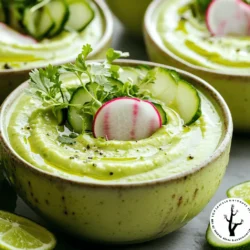 - 2 reife Avocados - 1 große Gurke - 1/2 Tasse grüne Paprika - 1/4 rote Zwiebel Diese Zutaten geben der Gazpacho ihren frischen und cremigen Geschmack. Avocados sind reich an gesunden Fetten und machen die Suppe schön glatt. Gurken bringen eine knackige Frische. Grüne Paprika fügt eine süße Note hinzu, während rote Zwiebeln ein wenig Schärfe bieten. - 2 Tassen gekühlte Gemüsebrühe - 2 Esslöffel frischer Limettensaft - 1 Knoblauchzehe - 1 Esslöffel Olivenöl - Salz und Pfeffer Die Gemüsebrühe sorgt für eine leichte Basis. Limettensaft bringt einen spritzigen Geschmack. Knoblauch fügt Tiefe hinzu, während Olivenöl die Textur verbessert. Mit Salz und Pfeffer würzen wir die Gazpacho nach Geschmack. - 1/4 Tasse frischer Koriander - Radieschen-Scheiben und Microgreens Garnierungen geben der Gazpacho das gewisse Extra. Frischer Koriander bringt Aromen, die gut zu Avocado passen. Radieschen und Microgreens sorgen für einen schönen Farbkontrast und einen knackigen Biss. Zuerst schält man die Avocados und entfernt die Kerne. Dann ist es Zeit, die Gurke zu schälen und sie grob zu hacken. Die grüne Paprika wird gewürfelt und die rote Zwiebel wird fein gehackt. Diese Vorbereitungen sorgen für eine gute Basis. Jetzt kommen alle vorbereiteten Zutaten in den Mixer. Ich gebe die Avocados, die Gurke, die Paprika, die Zwiebel, die gekühlte Brühe, den Limettensaft, den Knoblauch und das Olivenöl hinein. Dann püriere ich alles, bis die Mischung glatt und cremig ist. Sollte die Gazpacho zu dick sein, füge ich etwas Brühe hinzu, um die gewünschte Konsistenz zu erreichen. Jetzt schmecke ich die Gazpacho mit Salz und Pfeffer ab. Dann fülle ich sie in eine Schüssel oder einen Krug und decke sie ab. Ich stelle die Gazpacho für mindestens eine Stunde in den Kühlschrank. So können sich die Aromen gut entfalten. Um die perfekte Konsistenz zu erreichen, füge Brühe oder Wasser hinzu. Wenn die Mischung zu dick ist, mach sie dünner. Du kannst auch die Gemüsemischung nach deinem Geschmack variieren. Vielleicht magst du eine süße Karotte oder eine würzige Jalapeño? Experimentiere und finde deine Lieblingstextur. Um mehr Geschmack zu erzielen, benutze frische Kräuter. Koriander passt gut zu Avocado und Gurke. Du kannst auch andere Gewürze ausprobieren. Mehr Knoblauch oder eine Prise Cayennepfeffer bringt einen tollen Kick. Sei mutig und entdecke neue Aromen. Serviere die Gazpacho in kühlen Schalen. Dadurch bleibt sie frisch und erfrischend. Lege eine Limette neben die Schüssel. So kann jeder den spritzigen Geschmack nach Belieben hinzufügen. Diese kleinen Details machen das Essen noch besonderer. {{image_4}} Für eine köstliche Gazpacho können Sie verschiedene Gemüse verwenden. Probieren Sie zum Beispiel Zucchini oder Sellerie. Diese Gemüsesorten geben einen frischen Geschmack. Sie können auch die Brühe anpassen. Eine pilzbasierte Brühe bringt einen neuen, herzhaften Geschmack. So bleibt Ihre Gazpacho vegan und lecker. Nutzen Sie lokale Kräuter und Gemüse für mehr Frische. Petersilie, Schnittlauch oder Basilikum sind tolle Optionen. Saisonale Anpassungen machen Ihr Gericht besonders. Im Sommer sind frische Tomaten und Paprika sehr schmackhaft. Im Herbst können Sie Kürbis hinzufügen, um die Gazpacho zu variieren. Garnieren Sie Ihre Gazpacho kreativ, um Abwechslung zu schaffen. Frische Kräuter wie Dill oder Minze bringen neue Aromen. Probieren Sie auch Nüsse oder Samen als Topping. Gehackte Mandeln oder Sonnenblumenkerne geben einen knackigen Biss. Diese kleinen Änderungen machen Ihre Gazpacho einzigartig und spannend. Wie lange hält die Gazpacho? Die Avocado-Cucumber-Gazpacho hält sich im Kühlschrank bis zu drei Tage. Achte darauf, sie gut abzudecken, damit sie frisch bleibt. Beste Behälter für die Lagerung Verwende luftdichte Behälter, um die Gazpacho aufzubewahren. Glasbehälter sind ideal, da sie keine Gerüche aufnehmen. Plastikbehälter sind leichter, aber weniger langlebig. Tipps zum Einfrieren und Auftauen Du kannst Gazpacho bis zu drei Monate einfrieren. Fülle sie in gefriergeeignete Behälter. Lasse etwas Platz, da die Gazpacho beim Gefrieren expandiert. Zum Auftauen lege sie einfach in den Kühlschrank über Nacht. Zurückhaltung der Garnierungen beim Einfrieren Garnierungen wie Koriander oder Radieschen solltest du getrennt aufbewahren. Füge sie erst nach dem Auftauen hinzu. So bleibt der Geschmack frisch und die Textur knackig. Verwendung in anderen Rezepten Die übrig gebliebene Gazpacho kann als Dressing für Salate dienen. Du kannst sie auch als Soße für gegrilltes Gemüse nutzen. Kreative Wege, um übrig gebliebene Gazpacho zu verwenden Mixe die Gazpacho mit Joghurt für einen erfrischenden Dip. Fülle sie in Tortillas für eine schnelle Wrap-Füllung. Sei kreativ und genieße die Vielfalt! Gazpacho ist sehr gesund. Es enthält viele Vitamine und Mineralien. Die Hauptzutaten sind Gemüse. Sie sind reich an Antioxidantien. Antioxidantien helfen, den Körper zu schützen. Avocados bieten gesunde Fette. Diese Fette fördern das Herz. Gurken sind hydrierend und kalorienarm. Sie helfen, den Körper kühl zu halten. Diese Suppe ist oft kalorienarm und nährstoffreich. Wenn Sie frische Zutaten verwenden, ist das noch besser. Ja, Sie können kreativ sein! Fügen Sie mehr Gemüse hinzu. Zum Beispiel, Tomaten oder Karotten. Auch frische Kräuter sind eine gute Wahl. Basilikum oder Dill können den Geschmack verbessern. Wenn Sie etwas Schärfe mögen, probieren Sie Jalapeños. Diese geben einen tollen Kick. Es ist einfach, Ihre eigene Version zu machen. Experimentieren macht Spaß! Gazpacho hält sich gut im Kühlschrank. Sie können es bis zu drei Tage lagern. Achten Sie darauf, es in einem luftdichten Behälter zu halten. Wenn es unangenehm riecht oder die Farbe sich ändert, werfen Sie es weg. Diese Zeichen zeigen, dass die Suppe nicht mehr gut ist. Es ist besser, auf Nummer sicher zu gehen. Servieren Sie Gazpacho sehr kalt. Stellen Sie sicher, dass Ihre Schalen kühl sind. Das macht das Essen erfrischender. Garnieren Sie die Suppe mit frischem Koriander. Radieschen-Scheiben sind auch ein schöner Akzent. Eine Limette zum Drücken beiseite legen, bringt zusätzlichen Geschmack. So wird Ihre Gazpacho nicht nur lecker, sondern auch schön anzusehen! Gazpacho lässt sich einfach zubereiten und ist sehr gesund. Wir haben die Hauptzutaten, Flüssigkeiten und Gewürze besprochen. Außerdem zeigten wir Tipps zum Anpassen der Konsistenz und die besten Serviermethoden. Variationen machen das Rezept spannend und kreativ. Du kannst Gazpacho im Kühlschrank lagern oder sogar einfrieren. Nutze Reste für andere Gerichte. Mit frischen Zutaten schmeckt Gazpacho immer besser. Probiere es aus und genieße die Frische!