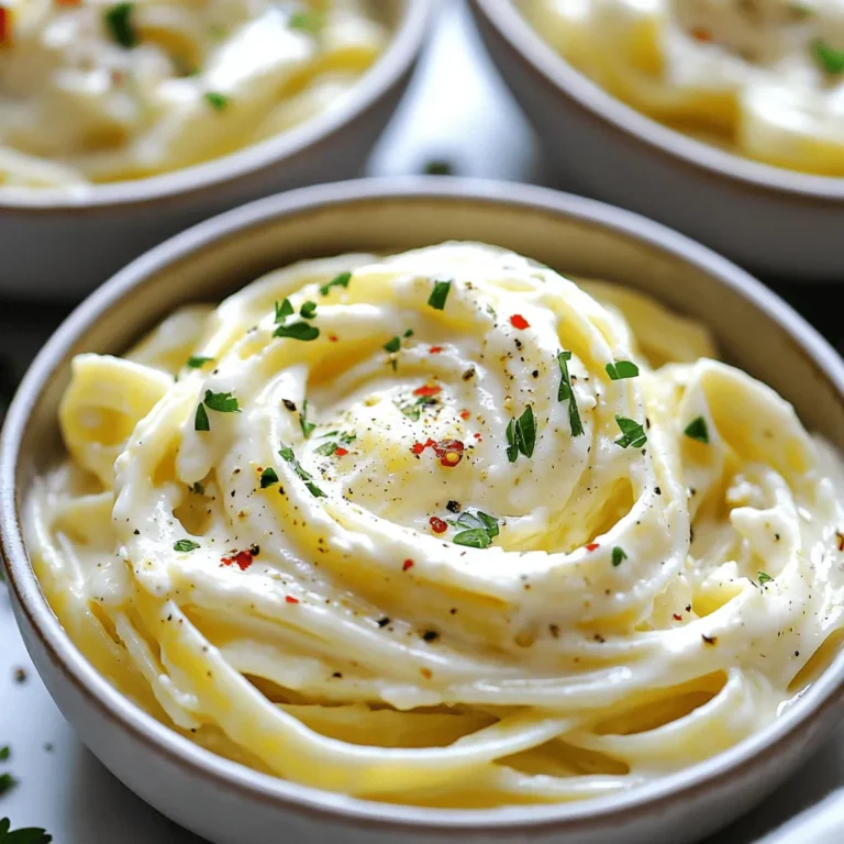 Für dieses leckere Rezept benötigst du: - 340 g Fettuccine-Pasta - 250 g Mascarpone-Käse - 4 Knoblauchzehen, fein gehackt - 2 Esslöffel Olivenöl - 240 ml Gemüsebrühe - 100 g geriebener Parmesan-Käse - 1 Teelöffel rote Pfefferflocken (nach Geschmack anpassen) - Salz und Pfeffer nach Geschmack - Frische Petersilie, grob gehackt (zur Garnierung) Wähle frische Zutaten für den besten Geschmack. Achte darauf, dass der Mascarpone cremig und glatt ist. Der Knoblauch sollte fest und ohne Flecken sein. Verwende hochwertiges Olivenöl. Das gibt der Sauce mehr Tiefe. Für die Brühe wähle eine naturnahe Gemüsebrühe ohne Zusatzstoffe. Parmesan sollte frisch gerieben sein, da er besser schmilzt und mehr Aroma hat. Petersilie bringt Frische ins Gericht. Achte darauf, dass sie knackig und grün ist. Die Zutaten bieten eine Vielzahl von Nährstoffen: - Fettuccine-Pasta: Hauptquelle für Kohlenhydrate. - Mascarpone-Käse: Reich an Fett und Kalzium. - Knoblauch: Unterstützt das Immunsystem und hat viele Antioxidantien. - Olivenöl: Gesundes Fett, reich an einfach ungesättigten Fettsäuren. - Gemüsebrühe: Gibt Geschmack und ist kalorienarm. - Parmesan: Liefert Protein und Kalzium. - Rote Pfefferflocken: Fügen Schärfe hinzu und steigern den Stoffwechsel. - Petersilie: Enthält Vitamine und Mineralien, die gut für die Gesundheit sind. Mit diesen Zutaten kochst du eine einfache und gesunde Mahlzeit. Um die Fettuccine perfekt zu kochen, bringe in einem großen Topf viel gesalzenes Wasser zum Kochen. Füge die Fettuccine hinzu und koche sie gemäß der Anleitung auf der Verpackung. Du willst sie al dente, also in der Mitte noch einen kleinen Biss haben. Bevor du die Pasta abgießt, behalte 240 ml des Kochwassers. Das hilft später mit der Sauce. Lass die Pasta abtropfen und stelle sie beiseite. Während die Pasta kocht, erhitze in einer großen Pfanne bei mittlerer Hitze 2 Esslöffel Olivenöl. Wenn das Öl heiß ist, füge die fein gehackten Knoblauchzehen hinzu. Brate den Knoblauch 1-2 Minuten lang an, bis er duftet, aber nicht braun wird. Dann gib die 240 ml Gemüsebrühe dazu und bringe alles leicht zum Köcheln. Lass es 2-3 Minuten köcheln, damit der Geschmack intensiver wird. Reduziere die Hitze und rühre den Mascarpone-Käse ein. So entsteht eine glatte, cremige Sauce. Füge nach und nach den geriebenen Parmesan-Käse hinzu, während du ständig rührst. Wenn die Sauce zu dick ist, nimm etwas vom aufbewahrten Pasta-Wasser und gib es dazu, bis die Konsistenz stimmt. Jetzt wird es spannend! Gib die gekochten Fettuccine in die Pfanne mit der Sauce. Mische alles gut durch, damit die Pasta gleichmäßig mit der cremigen Sauce überzogen wird. Schmecke die Mischung mit roten Pfefferflocken, Salz und Pfeffer ab. Erhitze alles noch eine weitere Minute, damit es gut warm wird. Dann serviere die Pasta sofort! Garniere sie mit frisch gehackter Petersilie für einen frischen Kick. Um die ideale Konsistenz deiner Sauce zu erzielen, achte darauf, das Kochwasser der Pasta aufzuheben. Dieses Wasser ist stärkehaltig und hilft, die Sauce zu binden. Wenn die Sauce zu dick ist, füge einfach einen Schöpfer davon hinzu. Rühre gut um, bis die Sauce schön cremig ist. Wenn du eine dünnere Sauce magst, scheue dich nicht, mehr hinzuzufügen. Es gibt viele Wege, um das Rezept anzupassen. Wenn du einen anderen Geschmack suchst, probiere Frischkäse anstelle von Mascarpone. Füge auch Gemüse wie Spinat oder Erbsen hinzu. Das bringt Farbe und Nährstoffe ins Gericht. Du kannst auch verschiedene Käsesorten verwenden, wie Feta oder Gouda. Für mehr Würze, füge zusätzliche Kräuter oder Gewürze hinzu. Die Präsentation macht viel aus! Serviere die Pasta in flachen Tellern für einen eleganten Look. Gib eine Prise Parmesan obenauf und einen Spritzer Olivenöl, um Glanz zu verleihen. Streue frische, gehackte Petersilie darüber, um Farbe und Frische zu zeigen. Für einen zusätzlichen Farbtupfer, füge rote Pfefferflocken hinzu. Das sieht nicht nur gut aus, sondern gibt auch einen kleinen Kick! {{image_4}} Möchtest du mehr Protein? Füge Hähnchen oder Garnelen hinzu. Hähnchenbrust ist eine gute Wahl. Einfach in Stücke schneiden und in der Pfanne anbraten. Garniere die Pasta damit. Garnelen sind schnell und lecker. Brate sie in Olivenöl an, bis sie rosa sind. Beide Optionen machen dein Gericht nahrhafter und sättigender. Gemüse bringt Farbe und Geschmack. Du kannst saisonales Gemüse einfügen. Zucchini, Spinat oder Erbsen sind tolle Optionen. Schneide das Gemüse klein und brate es mit dem Knoblauch. So erhältst du eine gesunde und bunte Pasta. Du kannst auch Brokkoli oder Paprika verwenden. Experimentiere mit dem, was du magst oder gerade zur Hand hast. Du kannst die Pasta an verschiedene Küchen anpassen. Für einen italienischen Twist füge frische Basilikumblätter hinzu. Das gibt einen tollen Geschmack. Für mediterrane Einflüsse probiere Oliven und getrocknete Tomaten. Beide bieten eine interessante Note. Du kannst auch Feta-Käse statt Parmesan verwenden. So schaffst du ein ganz neues Geschmackserlebnis. Wenn du Pasta übrig hast, lagere sie in einem luftdichten Behälter. Stelle sicher, dass die Sauce und die Pasta gut vermischt sind. So bleibt der Geschmack frisch. Du kannst auch die Pasta und die Sauce getrennt aufbewahren. Das schützt die Textur der Pasta. Um die Pasta wieder aufzuwärmen, benutze eine Pfanne. Füge ein wenig Wasser oder Brühe hinzu. Erhitze die Pasta bei mittlerer Hitze. Rühre gut um, damit sie gleichmäßig warm wird. Du kannst auch die Mikrowelle nutzen. Decke die Pasta mit einem feuchten Tuch ab, damit sie nicht austrocknet. Im Kühlschrank hält sich die Pasta etwa 3 bis 4 Tage. Achte darauf, sie gut zu verpacken. Im Gefrierschrank kannst du die Pasta bis zu 2 Monate aufbewahren. Stelle sicher, dass sie in einem gefrierfesten Behälter ist. So bleibt der Geschmack tiptop. Ja, du kannst die Creme-Schicht reduzieren. Wenn du weniger Mascarpone verwenden möchtest, setze auf eine Mischung aus Joghurt oder Frischkäse. Diese Alternativen liefern eine ähnliche Cremigkeit. Du kannst auch die Menge an Gemüsebrühe erhöhen. So bleibt die Sauce trotzdem lecker und flüssig. Um die Pasta vegan zu machen, ersetze den Mascarpone-Käse durch eine pflanzliche Alternative. Es gibt viele vegane Cremes, die gut funktionieren. Nutze auch Hefeflocken anstelle von Parmesan. Sie geben einen guten, käsigen Geschmack. Achte darauf, dass die Gemüsebrühe auch vegan ist. Zu dieser Pasta passen viele Beilagen. Ein frischer, grüner Salat ist eine tolle Wahl. Er bringt einen guten Kontrast zur Cremigkeit. Auch geröstetes Gemüse macht sich gut. Du kannst auch Brot servieren, um die Sauce aufzutunken. Bruschetta oder Knoblauchbrot sind ebenfalls super Beilagen. In diesem Artikel haben wir die besten Zutaten für cremige Knoblauch-Mascarpone-Pasta besprochen. Ich habe Tipps zur Zubereitung und Lagerung gegeben. Vergessen Sie nicht die Variationen mit Proteinen oder Gemüse. Experimentieren Sie mit Aromen und präsentieren Sie Ihr Gericht schön. So wird Ihr Essen zum Erlebnis. Die richtige Wahl von Zutaten und Zubereitung macht den Unterschied. Lassen Sie sich inspirieren und genießen Sie die Pasta!