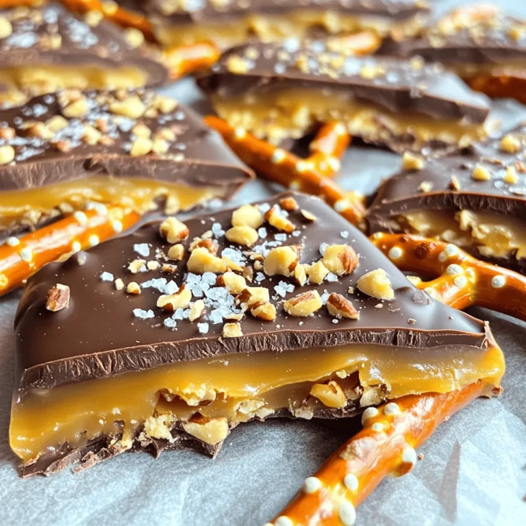 Für die Schokoladen-Karamell-Brezel-Bark benötigst du: - 2 Tassen Brezelstangen - 1 Tasse halbsüße Schokoladenstückchen - 1 Tasse Karamellsauce - 1/2 Tasse gehackte Nüsse (z. B. Pekannüsse, Walnüsse oder Mandeln) - Meersalz zum Bestreuen Die Brezelstangen geben einen tollen Crunch. Sie sind die perfekte Basis für diese Süßigkeit. Halbsüße Schokoladenstückchen sorgen für die richtige Balance zwischen süß und herzhaft. Du kannst Karamellsauce kaufen oder selbst machen. Wenn du Nüsse magst, wähle deine Lieblingssorte. Meersalz bringt die Aromen gut zur Geltung. Achte beim Kauf der Schokoladenstückchen auf eine gute Qualität. Marken mit echtem Kakao machen einen großen Unterschied. Für die Karamellsauce empfehle ich, eine zu wählen, die keine künstlichen Zutaten hat. Wenn du Nüsse verwendest, greife zu frischen und ungesalzenen Nüssen. So bleibt der Geschmack klar und intensiv. Zuerst heizen Sie Ihren Ofen auf 175°C vor. Das ist wichtig, damit die Brezelstangen knusprig werden. Nehmen Sie ein Backblech und legen Sie es mit Backpapier aus. So bleibt alles kleben. Verteilen Sie die Brezelstangen gleichmäßig auf dem Backblech. Backen Sie sie für 5 bis 7 Minuten. Achten Sie darauf, dass sie leicht knusprig sind. Nehmen Sie sie dann aus dem Ofen und lassen Sie sie etwas abkühlen. So sind sie perfekt für die nächste Schicht. Jetzt ist es Zeit für die Schokolade! Nehmen Sie eine mikrowellenfeste Schüssel und geben Sie die Schokoladenstückchen hinein. Erhitzen Sie sie in 30-Sekunden-Intervallen. Rühren Sie zwischendurch gut um. So wird die Schokolade schön glatt und cremig. Gießen Sie die geschmolzene Schokolade gleichmäßig über die abgekühlten Brezelstangen. Verwenden Sie einen Spatel, um sie gleichmäßig zu verteilen. Jetzt kommt die Karamellsauce. Träufeln Sie sie über die Schokolade. Nutzen Sie einen Holzspieß, um die Schokolade und das Karamell leicht zu vermischen. So entsteht ein hübsches Muster. Bestreuen Sie die Bark mit den gehackten Nüssen. Geben Sie eine Prise Meersalz oben drauf. Das bringt die Aromen hervor. Stellen Sie das Backblech für etwa 30 Minuten in den Kühlschrank. Warten Sie, bis die Schokolade fest ist. Dann können Sie die Bark in Stücke brechen und genießen! Ein häufiges Problem ist, die Brezelstangen zu lange zu backen. Sie sollten nur leicht knusprig sein. Wenn sie zu dunkel werden, schmecken sie bitter. Achten Sie darauf, die Schokolade gleichmäßig zu schmelzen. Wenn sie klumpig bleibt, kann das Dessert nicht gut werden. Fühlen Sie sich frei, die Nüsse zu wechseln. Mandeln oder Erdnüsse passen gut. Sie können auch unterschiedliche Schokoladensorten verwenden. Weiße Schokolade oder Zartbitterschokolade geben einen neuen Geschmack. Für etwas Extra können Sie eine Prise Zimt hinzufügen. Servieren Sie die Bark auf einer schönen Platte. Streuen Sie zusätzliches Meersalz oder Schokoladenspäne darüber. So sieht es noch ansprechender aus. Kleine Papiertüten sind perfekt für Geschenke. Damit machen Sie jedem eine Freude! {{image_4}} Um die Schokoladen-Karamell-Brezel-Bark zu variieren, füge weitere Zutaten hinzu. Du kannst zum Beispiel getrocknete Früchte wie Cranberries oder Aprikosen verwenden. Diese geben einen süßen, fruchtigen Geschmack. Auch Mini-Marshmallows sind eine tolle Ergänzung. Sie sorgen für eine weiche Textur und einen weiteren süßen Kick. Für etwas mehr Crunch kannst du auch Keksbrösel oder gefriergetrocknete Erdbeeren hinzufügen. Diese Variationen machen das Rezept interessanter und kreativer. Falls du glutenfrei essen möchtest, wähle glutenfreie Brezelstangen. Viele Marken bieten diese an. Für eine vegane Bark, nutze vegane Schokoladenstückchen und eine pflanzliche Karamellsauce. Du kannst Karamell aus Datteln und Kokosmilch selber machen. Diese Optionen machen das Rezept für jeden zugänglich und lecker. Du kannst die Brezel-Bark auch mit anderen Süßigkeiten kombinieren. Zum Beispiel passen Erdnussbutterstückchen gut dazu. Sie geben einen nussigen, cremigen Geschmack. Du kannst auch Schokoladensplitter oder Keksstückchen einarbeiten. Diese sorgen für einen extra süßen Biss. Experimentiere mit verschiedenen Kombinationen, um deine eigene Lieblingsversion zu finden! Die Schokoladen-Karamell-Brezel-Bark bleibt am besten frisch, wenn Sie sie an einem kühlen, trockenen Ort lagern. Ein luftdichter Behälter schützt sie vor Feuchtigkeit und sorgt dafür, dass die Schokolade nicht schmilzt. Vermeiden Sie direkte Sonneneinstrahlung und hohe Temperaturen. Das Kühlschrankregal ist ein guter Platz, wenn Sie die Bark länger aufbewahren wollen. Die Haltbarkeit dieser leckeren Bark beträgt etwa zwei Wochen, wenn sie richtig gelagert wird. Wenn Sie sie im Kühlschrank aufbewahren, bleibt sie länger frisch. Achten Sie darauf, dass der Behälter gut verschlossen ist, um die Aromen zu bewahren. Nach zwei Wochen kann die Textur und der Geschmack nachlassen, aber sie bleibt sicher zu essen. Falls Sie noch Zutaten übrig haben, können Sie diese kreativ nutzen. Brezelstangen können in anderen Süßigkeiten oder Snacks verwendet werden. Die Karamellsauce passt gut zu Eis oder Obst. Gehackte Nüsse sind perfekt für Salate oder Müsli. So verschwenden Sie nichts und genießen neue Leckereien! Die Schokoladen-Karamell-Brezel-Bark hält sich gut. Bewahren Sie sie in einem luftdichten Behälter auf. So bleibt sie frisch. An einem kühlen, dunklen Ort bleibt sie bis zu zwei Wochen lecker. Wenn Sie sie im Kühlschrank lagern, kann sie sogar etwas länger halten. Ja, Sie können die Karamellsauce selbst machen. Dazu benötigen Sie nur Zucker, Butter und Sahne. Erhitzen Sie den Zucker in einem Topf, bis er schmilzt. Fügen Sie dann die Butter hinzu und rühren Sie gut um. Gießen Sie die Sahne langsam dazu. Das gibt Ihnen eine frische, leckere Karamellsauce. Wenn die Schokolade nicht schmilzt, kann das an der Temperatur liegen. Stellen Sie sicher, dass die Mikrowelle nicht zu heiß ist. Erwärmen Sie die Schokolade in kurzen Intervallen. Rühren Sie zwischen den Intervallen gut um, um Klumpen zu vermeiden. Wenn alles gut läuft, wird die Schokolade glatt und glänzend. Ja, Sie können verschiedene Nüsse nutzen. Pekannüsse, Walnüsse oder Mandeln passen gut. Sie können auch geröstete Erdnüsse oder Haselnüsse verwenden. Diese Optionen geben der Bark einen neuen Geschmack und eine andere Textur. Experimentieren Sie, um Ihre perfekte Kombination zu finden! In diesem Artikel haben wir die besten Zutaten und eine Schritt-für-Schritt-Anleitung für Schokoladen-Karamell-Brezel-Bark besprochen. Ich habe Tipps und Variationen vorgestellt, um das Rezept für jeden Geschmack anzupassen. Denk daran, die häufigsten Fehler zu vermeiden und die Bark richtig zu lagern, damit du lange Freude daran hast. Mit diesen Anregungen wirst du köstliche Snacks zaubern. Viel Spaß beim Ausprobieren und Genießen!
