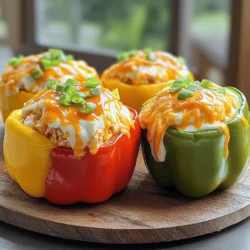 - Paprika: Ich wähle für diese Rezept rot, gelb oder grün. Jede Farbe bringt ihren eigenen Geschmack. - Hähnchen: Gekochtes, zerrupftes Hähnchen ist wichtig. Es sorgt für eine zarte Füllung. - Käsesorten: Ich benutze Frischkäse für Cremigkeit, Cheddar für den Geschmack und manchmal Blauschimmelkäse für zusätzlichen Kick. Wenn Sie die Paprika auswählen, achten Sie auf frische, feste Exemplare. Die Farben sind nicht nur schön, sie bringen auch unterschiedliche Aromen. Gekochtes Hähnchen macht das Gericht einfach und schnell. Es ist wichtig, dass es gut zerrupft ist, damit die Füllung gleichmäßig bleibt. Die Käsesorten sind der Schlüssel zu einem leckeren Gericht. Der Frischkäse macht die Füllung cremig. Cheddar schmilzt gut und gibt einen herzhaften Geschmack. Blauschimmelkäse ist optional, aber er kann das Gericht auf ein neues Level bringen. Diese Zutaten machen Buffalo Chicken Stuffed Peppers zu einem echten Genuss. Heize deinen Ofen auf 190°C (375°F) vor. Das sorgt für eine perfekte Garzeit. Während der Ofen sich aufheizt, bereite die Paprika vor. Schneide die Oberseite der Paprika ab und entferne die Samen und Membranen. Träufle etwas Olivenöl über die Außenseite und Innenseite jeder Paprika. Das hilft beim Rösten. Lege die Paprika in eine Auflaufform. Jetzt kommt der spaßige Teil! In einer großen Schüssel mische das zerrupfte Hähnchen mit der Buffalo-Sauce. Füge den Frischkäse und die Hälfte des geriebenen Cheddars hinzu. Wenn du Blauschimmelkäse magst, gib ihn jetzt auch dazu. Das gibt einen tollen Geschmack! Würze die Mischung mit Salz und Pfeffer nach deinem Geschmack. Rühre alles gut zusammen. Fülle jede Paprika gleichmäßig mit der Hähnchenmischung. Drücke die Füllung sanft hinein, damit sie nicht herausfällt. Bestreue die gefüllten Paprika mit dem restlichen Cheddar-Käse. Das macht sie schön cremig. Decke die Auflaufform mit Aluminiumfolie ab und backe die Paprika für 25-30 Minuten. Nach dieser Zeit nimm die Folie ab und backe sie weitere 10-15 Minuten. So wird der Käse schmelzig und die Paprika zart. Lass die gefüllten Paprika nach dem Backen kurz abkühlen, bevor du sie servierst. Die Auswahl der besten Paprika ist wichtig. Ich empfehle, große, feste Paprika zu wählen. Rot, gelb oder grün – alle sind lecker. Achte darauf, dass die Haut glänzend ist. Um die Paprika perfekt vorzubereiten, schneide die Oberseite ab. Entferne die Samen und die weißen Membranen. Das sorgt für mehr Platz für die Füllung. Träufle etwas Olivenöl über die Außenseite. So wird die Paprika schön weich und aromatisch. Die Buffalo-Sauce ist der Schlüssel zu diesem Rezept. Wähle eine Sauce, die deinem persönlichen Geschmack entspricht. Mild, mittel oder scharf – die Wahl liegt bei dir. Wenn du noch mehr Geschmack willst, füge Gewürze hinzu. Knoblauchpulver oder Paprika geben einen tollen Kick. Experimentiere mit verschiedenen Zutaten, um deinen eigenen Twist zu finden. Die Präsentation macht viel aus. Serviere die gefüllten Paprika auf einem schönen Tablett. Beträufle sie mit mehr Buffalo-Sauce für einen extra Wow-Effekt. Garnieren mit frischer Petersilie oder zusätzlichen grünen Zwiebeln sorgt für einen tollen Farbkontrast. Zu diesen gefüllten Paprika passen viele Beilagen. Ich empfehle einen frischen Salat oder knuspriges Brot. Diese Kombination macht das Gericht noch leckerer und sättigender. {{image_4}} Wenn Sie eine vegetarische Option suchen, probieren Sie Quinoa oder Tofu. Diese Zutaten bieten einen tollen Geschmack und eine gute Textur. Quinoa hat eine nussige Note und ist voller Proteine. Tofu nimmt die Aromen gut auf und wird schön zart. Sie können auch andere Fleischsorten verwenden, wie Rind oder Pute. Rind hat einen kräftigen Geschmack, der gut mit der Buffalo-Sauce harmoniert. Pute ist magerer und bietet eine leckere, leichte Variante. Es gibt viele Möglichkeiten, um das Gericht zu verändern und anzupassen. Fügen Sie Gemüse hinzu, um den Nährwert zu steigern. Spinat ist eine großartige Wahl. Er bringt Farbe und viele Vitamine mit sich. Zucchini kann auch eine schöne Ergänzung sein. Sie gibt zusätzliche Feuchtigkeit und einen milden Geschmack. Experimentieren Sie mit verschiedenen Kräutern und Gewürzen. Basilikum, Oregano oder sogar etwas Knoblauchpulver können neue Geschmäcker erzeugen. Diese kleinen Änderungen machen das Gericht aufregend und individuell. Wechseln Sie die Käsesorten für neue Geschmäcker. Gouda hat einen süßlichen Geschmack und schmilzt wunderbar. Mozzarella ist ebenfalls eine gute Wahl, da er frisch und cremig ist. Diese Käsesorten können die Füllung noch köstlicher machen. Wenn Sie vegan leben, gibt es viele Käsealternativen. Veganer Käse aus Nüssen oder Soja kann ebenfalls gut schmelzen. Sie müssen nicht auf den cremigen Geschmack verzichten, auch wenn Sie keine Milchprodukte verwenden. Um die gefüllten Paprika frisch zu halten, gibt es einige einfache Tipps. Lassen Sie die Paprika zuerst auf Raumtemperatur abkühlen. Danach können Sie sie in einem luftdichten Behälter im Kühlschrank aufbewahren. So bleiben sie bis zu drei Tage lecker und saftig. Wenn Sie die Paprika länger aufbewahren möchten, frieren Sie sie einfach ein. Wickeln Sie sie dazu in Frischhaltefolie und legen Sie sie in einen Gefrierbeutel. So halten sie sich bis zu drei Monate. Wenn es an der Zeit ist, die gefüllten Paprika wieder zu genießen, gibt es zwei Möglichkeiten. Die erste ist die Mikrowelle. Stellen Sie die Paprika auf einen Teller und decken Sie sie mit einem feuchten Tuch ab. Erwärmen Sie sie in der Mikrowelle für etwa zwei bis drei Minuten. Prüfen Sie zwischendurch, ob sie heiß genug sind. Die zweite Methode ist der Ofen. Heizen Sie den Ofen auf 180°C vor. Legen Sie die Paprika in eine Auflaufform und decken Sie sie mit Aluminiumfolie ab. Backen Sie sie für etwa 15 bis 20 Minuten. Diese Methode sorgt dafür, dass die Paprika gleichmäßig warm werden und die Füllung ihren Geschmack behält. Buffalo Chicken Stuffed Peppers brauchen etwa 35 bis 45 Minuten im Ofen. Heizen Sie den Ofen auf 190°C (375°F) vor. Backen Sie die gefüllten Paprika zuerst für 25 bis 30 Minuten mit Folie. Nach dem Entfernen der Folie backen Sie sie für weitere 10 bis 15 Minuten. So wird der Käse schön geschmolzen und die Paprika zart. Ja, Sie können diese gefüllten Paprika im Voraus zubereiten. Füllen Sie die Paprika und stellen Sie sie dann in den Kühlschrank. Bereiten Sie sie bis zu einem Tag vorher vor. Wenn Sie bereit sind zu backen, können Sie sie direkt aus dem Kühlschrank in den Ofen geben. Achten Sie darauf, die Backzeit um einige Minuten zu verlängern, wenn sie kalt sind. Buffalo Chicken Stuffed Peppers können Teil einer gesunden Ernährung sein. Sie enthalten mageres Hähnchen, Gemüse und Käse. Eine Portion hat etwa 400 Kalorien, abhängig von den Käsesorten und der Buffalo-Sauce, die Sie verwenden. Sie sind reich an Protein und bieten eine gute Menge an Vitaminen durch die Paprika. In diesem Artikel haben wir die besten Zutaten für gefüllte Paprika behandelt. Sie wissen jetzt, wie man Paprika auswählt und das Hähnchen zubereitet. Die Schritt-für-Schritt-Anleitung erleichtert das Backen. Denken Sie daran, die Schärfe nach Ihrem Geschmack anzupassen. Vegane und vegetarische Optionen sind ebenfalls möglich. Lagern Sie die Reste richtig und wissen Sie, wie man sie aufwärmt. Gewinnen Sie neue Ideen und Variationen, die Ihrem Abendessen mehr Geschmack geben. So wird jede Mahlzeit zu einem Genuss.