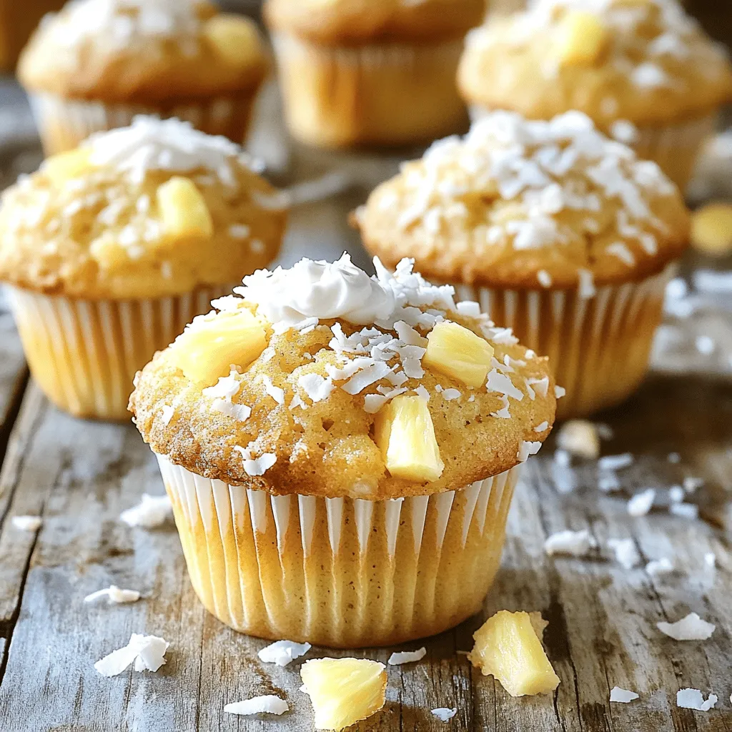 Für die saftigen Ananas-Kokos-Muffins brauchen wir einige wichtige Zutaten. Diese Zutaten geben den Muffins ihren tollen Geschmack und die schöne Textur: - 240 g Weizenmehl - 60 g ungesüßte Kokosraspeln - 2 g Backpulver - 2 g Natron - 1 g Salz - 100 g Kristallzucker - 80 ml Pflanzenöl - 120 g zerdrückte Ananas (abgegossen) - 60 ml Milch oder Kokosmilch - 1 großes Ei - 5 ml Vanilleextrakt - Optional: 30 g gehackte Walnüsse oder Macadamianüsse Diese Zutaten sind einfach zu finden und machen die Muffins besonders lecker. Wenn du die Muffins noch interessanter machen möchtest, kannst du einige zusätzliche Zutaten hinzufügen. Hier sind ein paar Ideen: - Schokoladenstückchen für einen süßen Kick - Zimt für mehr Wärme und Tiefe - Trockenfrüchte wie Mango oder Cranberries für einen fruchtigen Geschmack Mit diesen Variationen kannst du die Muffins nach deinem Geschmack anpassen. Die Qualität der Zutaten macht einen großen Unterschied. Hier sind einige Tipps, um die besten Zutaten auszuwählen: - Wähle frische Ananas. Sie sollte reif und saftig sein. - Achte auf ungesüßte Kokosraspeln. Sie geben den Muffins einen natürlichen Kokosgeschmack. - Verwende hochwertiges Pflanzenöl. Ein gutes Öl macht die Muffins feuchter. - Kaufe frisches Mehl. Es sollte gut verpackt und trocken sein. Hochwertige Zutaten bringen den besten Geschmack. So werden deine Muffins noch besser! Heize deinen Ofen auf 190°C vor. Nimm ein Muffinblech und lege es mit Papierförmchen aus. Alternativ kannst du das Blech leicht mit Öl einfetten. So kleben die Muffins nicht fest. In einer großen Schüssel vermischst du das Weizenmehl, die ungesüßten Kokosraspeln, das Backpulver, das Natron und das Salz. Mische alles gut mit einem Schneebesen. Achte darauf, dass es gleichmäßig verteilt ist. So sorgen die Zutaten für das beste Ergebnis. In einer anderen Schüssel schlägst du den Kristallzucker mit dem Pflanzenöl cremig. Füge die zerdrückte Ananas, die Milch, das Ei und den Vanilleextrakt hinzu. Rühre alles gut um, bis es eine homogene Mischung wird. Diese Zutaten geben den Muffins ihren tollen Geschmack. Gieße die nassen Zutaten in die Schüssel mit den trockenen Zutaten. Mische alles vorsichtig mit einem Teigschaber. Rühre nur so lange, bis alles gerade vermischt ist. Wenn du magst, kannst du die gehackten Nüsse jetzt unterheben. Fülle die Förmchen etwa 2/3 voll mit dem Teig. Stelle das Muffinblech in den vorgeheizten Ofen. Backe die Muffins 18 bis 22 Minuten. Ein Zahnstocher sollte sauber herauskommen, wenn du ihn in die Mitte steckst. Lass die Muffins 5 Minuten im Blech abkühlen. Danach vorsichtig auf ein Kuchengitter setzen, damit sie komplett auskühlen. Beim Backen der Muffins gibt es einige Fehler, die du meiden solltest. - Zu lange rühren: Wenn du die trockenen und nassen Zutaten mischst, rühre nur kurz. Zu langes Rühren macht die Muffins hart. - Falsche Ofentemperatur: Stelle sicher, dass dein Ofen gut vorheizt. Ein kalter Ofen kann die Muffins ungleichmäßig backen. - Überfüllte Förmchen: Fülle die Muffinförmchen nur bis zu zwei Dritteln. Zu viel Teig lässt die Muffins überlaufen. Um die Muffins besonders saftig zu machen, beachte diese Tipps: - Verwende Kokosmilch: Statt normaler Milch kannst du Kokosmilch benutzen. So bekommst du mehr Geschmack. - Zerdrückte Ananas: Achte darauf, dass die Ananas gut abgetropft ist. Zu viel Flüssigkeit kann die Muffins matschig machen. - Lass die Muffins abkühlen: Nach dem Backen sollten die Muffins auf einem Gitter abkühlen. Das hilft, die Feuchtigkeit zu bewahren. Die Präsentation der Muffins macht einen großen Unterschied. Hier sind einige Ideen: - Warm servieren: Muffins schmecken am besten warm. So kommen die Aromen am besten zur Geltung. - Kokosraspeln oben drauf: Streue vor dem Servieren etwas Kokosraspeln auf die Muffins. Das sieht schön aus und schmeckt lecker. - Mit Toppings: Du kannst die Muffins auch mit Schlagsahne oder Frischkäse-Frosting dekorieren. Das macht sie noch verführerischer. {{image_4}} Ich liebe es, Nüsse in meine Muffins zu geben. Sie machen die Muffins noch knuspriger. Für Ananas-Kokos-Muffins nehme ich oft gehackte Walnüsse oder Macadamianüsse. Diese Nüsse passen perfekt zu den süßen Aromen von Ananas und Kokos. Um sie hinzuzufügen, mische einfach 30 g Nüsse in den Teig. Achte darauf, dass du sie grob hackst, damit du den richtigen Biss hast. Wenn du eine glutenfreie Option brauchst, ist das einfach möglich! Ersetze das Weizenmehl durch eine glutenfreie Mehlmischung. Achte darauf, dass die Mischung auch Backpulver enthält. Du kannst auch Mandelmehl verwenden, das einen tollen Geschmack gibt. Die anderen Zutaten bleiben gleich. So kannst du auch ohne Gluten leckere Muffins genießen. Es gibt viele tolle Möglichkeiten, die Muffins zu variieren. Du kannst zum Beispiel Kokosmilch anstelle von normaler Milch verwenden. Das gibt den Muffins einen stärkeren Kokosgeschmack. Eine andere Idee ist, getrocknete Früchte wie Mango oder Papaya hinzuzufügen. Sie bringen eine neue süße Note. Für eine schokoladige Variante kannst du Schokoladenstückchen unter den Teig mischen. So wird jeder Biss zum Genuss! Um die saftigen Pineapple Coconut Muffins frisch zu halten, bewahre sie in einem luftdichten Behälter auf. Ein Behälter aus Glas oder einem stabilen Kunststoff eignet sich gut. Stelle sicher, dass die Muffins vollständig abgekühlt sind, bevor du sie einpackst. So vermeidest du Feuchtigkeit und Schimmel. Das Einfrieren von Muffins ist einfach und effektiv. Lege die Muffins in eine einzelne Schicht auf ein Backblech. Friere sie für etwa eine Stunde ein, bis sie fest sind. Danach kannst du sie in einen Gefrierbeutel legen. Vergiss nicht, das Datum darauf zu schreiben. So behältst du den Überblick über die Haltbarkeit. Diese Muffins bleiben bei Raumtemperatur bis zu drei Tage frisch. Wenn du sie länger aufbewahren möchtest, ist das Einfrieren die beste Option. Gefrorene Muffins bleiben bis zu drei Monate gut. Um sie wieder aufzutauen, lasse sie einfach bei Raumtemperatur stehen oder erwärme sie kurz in der Mikrowelle. So schmecken sie fast wie frisch gebacken! Die Muffins halten sich gut in einem luftdichten Behälter. Sie bleiben frisch bis zu fünf Tage. Wenn du sie länger aufbewahren möchtest, friere sie ein. So bleiben sie bis zu drei Monate genießbar. Vor dem Essen einfach auftauen lassen. Ja, du kannst das Rezept ganz leicht anpassen. Verwende andere Früchte wie Mango oder Erdbeeren. Du kannst auch die Nüsse weglassen oder durch andere Sorten ersetzen. Um die Muffins gesünder zu machen, tausche einen Teil des Zuckers gegen Honig oder Agavendicksaft aus. Frische Ananas findest du in Supermärkten oder auf Wochenmärkten. Achte darauf, dass sie reif ist. Eine reife Ananas hat eine goldene Farbe und einen süßen Duft. Du kannst auch Ananas aus der Dose verwenden, aber achte darauf, dass sie ungesüßt ist. Ja, du kannst die Muffins vegan machen. Ersetze das Ei durch einen Esslöffel Leinsamenmehl und drei Esslöffel Wasser. Verwende pflanzliche Milch wie Mandel- oder Hafermilch. Achte darauf, dass das Pflanzenöl auch vegan ist. So kannst du leckere vegane Muffins genießen! Zusammenfassend haben wir die besten Zutaten für Ananas-Kokos-Muffins untersucht. Wir haben die Schritte zum perfekten Backen durchgegangen und einige Fehler vermieden. Zudem sahen wir uns tolle Variationen an, um das Rezept zu verändern. Denke daran, die Muffins richtig zu lagern, damit sie frisch bleiben. Du kannst die Rezepte anpassen oder sogar vegan machen! Experimentiere und finde deinen eigenen perfekten Muffin.