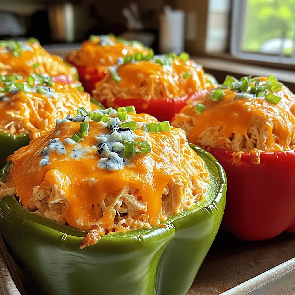 - 4 große Paprika (jede Farbe nach Wahl) - 2 Tassen gekochtes, zerrissenes Hähnchen - 1/2 Tasse Buffalo-Sauce Buffalo Chicken Stuffed Peppers sind einfach und lecker. Die Hauptzutaten sind praktisch. Du kannst jede Farbe von Paprika wählen. Diese Paprika sind der perfekte Behälter für die Füllung. Das zerrissene Hähnchen bringt viel Geschmack. Die Buffalo-Sauce gibt dem Gericht die nötige Würze. - 1 Tasse Frischkäse, weich gemacht - 1 Tasse geriebener Cheddar-Käse - 1/2 Tasse Blauschimmelkäse-Stücke (optional) - 1/4 Tasse Frühlingszwiebeln, gehackt - Salz und Pfeffer nach Geschmack Käse macht alles besser! Frischkäse sorgt für eine cremige Füllung. Geriebener Cheddar-Käse schmilzt schön und gibt zusätzlichen Geschmack. Blauschimmelkäse ist optional, aber sehr lecker. Frühlingszwiebeln bringen Frische und Farbe. Du kannst mit Salz und Pfeffer abschmecken. Das macht die Füllung perfekt. Die Wahl der Zutaten ist wichtig. Du kannst sie nach deinem Geschmack anpassen. Probiere verschiedene Käsesorten oder füge weiteres Gemüse hinzu. So wirst du immer neue Geschmäcker entdecken! - Ofen auf 190°C vorheizen - Oberseiten der Paprika abtrennen und Kerne entfernen Zuerst heizen Sie Ihren Ofen auf 190°C vor. Dies stellt sicher, dass die Paprika gleichmäßig garen. Nehmen Sie nun die großen Paprika. Schneiden Sie die Oberseite ab und entfernen Sie die Kerne. Achten Sie darauf, dass keine Membranen übrigbleiben. Legen Sie die vorbereiteten Paprika beiseite. Sie sollten stabil stehen, wenn Sie sie füllen. - Hähnchen mit Buffalo-Sauce und Frischkäse vermengen - Käse und Gewürze hinzufügen und gut verrühren Jetzt kommt der spannende Teil. In einer großen Schüssel mischen Sie das gekochte, zerrissene Hähnchen mit der Buffalo-Sauce. Fügen Sie den weichen Frischkäse hinzu. Das sorgt für eine cremige Textur. Dann geben Sie den geriebenen Cheddar-Käse und die gehackten Frühlingszwiebeln dazu. Würzen Sie die Mischung mit Salz und Pfeffer nach Geschmack. Rühren Sie alles gut um, bis die Zutaten gleichmäßig verteilt sind. - Paprika mit der Mischung füllen und in eine Auflaufform stellen - Backen mit und ohne Folie für die richtigen Zeitintervalle Jetzt füllen Sie die Paprika großzügig mit der Hähnchenmischung. Drücken Sie die Füllung leicht an, damit alles hineinpasst. Stellen Sie die gefüllten Paprika in eine Auflaufform. Wenn sie nicht stabil stehen, schneiden Sie die Unterseite leicht ab. Bestreuen Sie jede Paprika mit dem restlichen Cheddar-Käse. Wenn Sie mögen, können Sie auch Blauschimmelkäse hinzufügen. Decken Sie die Auflaufform mit Folie ab und backen Sie die Paprika für 25 Minuten. Danach entfernen Sie die Folie und backen sie weitere 10 Minuten, bis der Käse geschmolzen ist. Lassen Sie die gefüllten Paprika ein paar Minuten abkühlen, bevor Sie sie servieren. Um das Hähnchen perfekt zuzubereiten, verwende gekochtes und zerrissenes Hähnchen. Du kannst auch Hähnchenbrust oder -schenkel nehmen. Mische das Hähnchen gut mit der Buffalo-Sauce und dem Frischkäse. Achte darauf, nicht zu viel Flüssigkeit hinzuzufügen. Zu viel Flüssigkeit macht die Füllung matschig. Halte die Mischung fest, aber cremig. Verwende Aluminiumfolie für die ersten 25 Minuten des Backens. Dies hilft, die Feuchtigkeit zu halten. Danach entferne die Folie, um den Käse schön zu schmelzen. Achte auf die Schmelz-Stufe des Käses. Der Käse sollte goldbraun und sprudelnd sein. Wenn er noch nicht so aussieht, backe ihn etwas länger. Zu gefüllten Paprika passen viele Beilagen. Einige gute Optionen sind ein frischer Salat oder knusprige Kartoffeln. Für das Aussehen kannst du die Paprika mit Frühlingszwiebeln garnieren. Ein Spritzer Buffalo-Sauce oben drauf macht sie noch einladender. {{image_4}} Für eine vegetarische Version der Buffalo Chicken Stuffed Peppers können Sie Tofu oder Quinoa verwenden. Beide Optionen bieten eine gute Textur und Protein. Tofu nimmt den Geschmack der Buffalo-Sauce gut auf. Quinoa ist nahrhaft und sorgt für einen tollen Biss. Sie können auch saisonales Gemüse wie Zucchini oder Spinat hinzufügen. Das bringt Frische und Farbe in Ihr Gericht. Die Sauce ist der Schlüssel zu Ihrem Gericht. Passen Sie die Sauce nach Ihren Vorlieben an. Wenn Sie BBQ mögen, verwenden Sie BBQ-Sauce. Für mehr Schärfe ist Sriracha eine gute Wahl. Außerdem können Sie verschiedene Käsesorten ausprobieren. Mozzarella oder Gouda geben einen sanften Geschmack. Wenn Sie es kräftig mögen, wählen Sie mehr Blauschimmelkäse. Für eine Low-Carb-Option können Sie Zucchini anstelle von Paprika nutzen. Zucchini ist leicht und nimmt die Füllung gut auf. Sie können auch Keto-freundliche Füllungen verwenden. Hähnchen, Frischkäse und etwas Gemüse ergeben eine leckere Mischung. Diese Varianten sind nicht nur gesund, sondern auch sehr schmackhaft. Um Buffalo Chicken Stuffed Peppers frisch zu halten, lege sie in einen luftdichten Behälter. So bleiben sie bis zu fünf Tage im Kühlschrank gut. Wenn du Reste hast, kannst du sie in Eiswürfelformen füllen. So portionierst du sie gut für spätere Snacks. Wenn du die gefüllten Paprika einfrieren möchtest, lass sie vorher ganz abkühlen. Wickel jede Paprika gut in Frischhaltefolie und dann in Aluminiumfolie. So bleiben sie bis zu drei Monate frisch. Zum Aufwärmen, lasse sie über Nacht im Kühlschrank auftauen. Um die gefüllten Paprika wieder warm zu machen, benutze den Ofen oder die Mikrowelle. Im Ofen, stelle sie bei 180°C für etwa 20 Minuten ein. In der Mikrowelle, erwärme sie in 30-Sekunden-Intervallen. Achte darauf, dass sie gleichmäßig heiß sind, um scharfe Kanten zu vermeiden. Buffalo Chicken Stuffed Peppers sind Paprika, die mit einer Mischung aus Hähnchen und Buffalo-Sauce gefüllt sind. Diese Mischung enthält auch Frischkäse und Käse, was sie cremig macht. Die Paprika werden dann gebacken, sodass sie weich und lecker sind. Die Zubereitung dauert insgesamt etwa 40 Minuten. Die Vorbereitungszeit beträgt 15 Minuten. Das Backen im Ofen dauert 35 Minuten. Ja, du kannst die Paprika im Voraus füllen. Fülle sie einfach und stelle sie in den Kühlschrank. Backe sie später, wenn du bereit bist, sie zu servieren. So sparst du Zeit. Zu gefüllten Paprika passen viele Beilagen gut. Ein grüner Salat ist frisch und leicht. Auch Reis oder Quinoa sind ideal. Du kannst auch Nachos oder eine cremige Dipsauce anbieten. Ja, dieses Rezept ist glutenfrei. Alle verwendeten Zutaten sind glutenfrei. Vergewissere dich, dass die Buffalo-Sauce auch glutenfrei ist. So kannst du sicher genießen. Buffalo Chicken Stuffed Peppers sind einfach und lecker. Wir haben die besten Zutaten, die Zubereitung und tolle Tipps betrachtet. Ob für einen Snack oder ein Hauptgericht, diese gefüllten Paprika sind eine großartige Wahl. Denke daran, verschiedene Variationen auszuprobieren, um deinem Geschmack gerecht zu werden. Lagerung und Aufwärmen sind ebenfalls einfach. Mit diesen Tipps zauberst du schmackhafte Paprika immer wieder. Viel Spaß beim Kochen und Genießen!