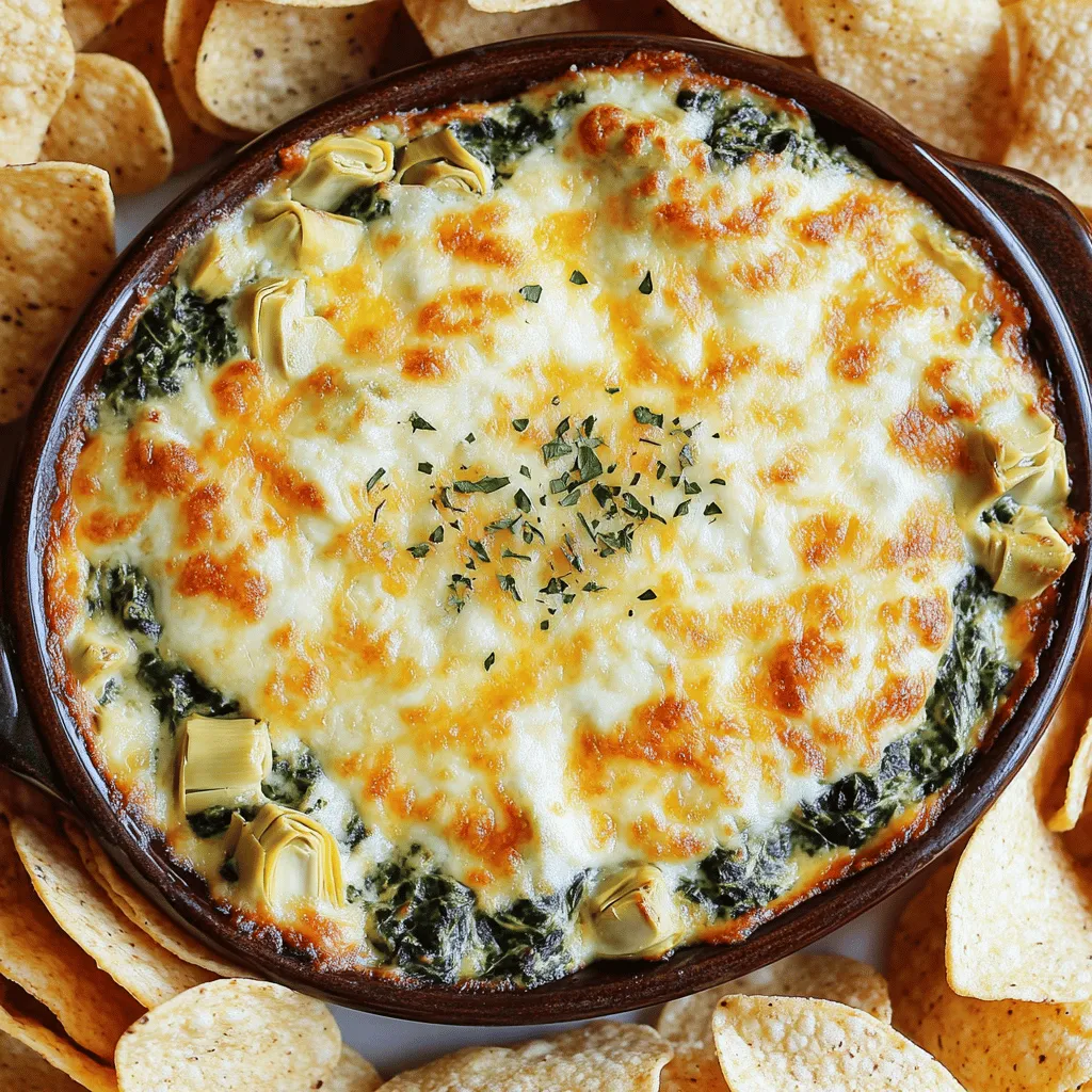 Die Hauptzutaten sind einfach und leicht zu finden. Hier ist, was du brauchst: - 1 Tasse gefrorener Spinat, aufgetaut und gut abgetropft - 1 Tasse eingelegte Artischockenherzen, abgetropft und grob gehackt - 1 Tasse Frischkäse, weich gerührt - 1/2 Tasse saure Sahne - 1 Tasse Mayonnaise - 1 Tasse geriebener Mozzarella-Käse - 1/2 Tasse geriebener Parmesan-Käse - 2 Knoblauchzehen, fein gehackt - 1 Teelöffel Zwiebelpulver - 1 Teelöffel schwarzer Pfeffer - 1/2 Teelöffel zerstoßene rote Pfefferflocken (optional für Schärfe) - Salz nach Geschmack Diese Zutaten schaffen den perfekten Dip. Der Spinat bringt eine schöne Farbe, während die Artischocken einen tollen Geschmack hinzufügen. Manchmal hast du vielleicht nicht alles im Haus. Hier sind einige Alternativen: - Verwende frischen Spinat statt gefrorenem Spinat. - Statt Artischocken kannst du auch Brokkoli verwenden. - Griechischer Joghurt kann die saure Sahne ersetzen. - Für mehr Geschmack kannst du Feta-Käse anstelle von Parmesan probieren. Mit diesen Alternativen bleibt der Dip lecker und spannend. Du kannst auch etwas Kreativität zeigen. Hier sind Vorschläge, was du hinzufügen kannst: - Füge frische Kräuter wie Petersilie oder Basilikum hinzu. - Für zusätzliche Schärfe, probiere Jalapeños. - Mach den Dip noch cremiger mit mehr Frischkäse. - Experimentiere mit verschiedenen Käsesorten, wie Cheddar oder Gouda. Diese Anpassungen machen deinen Käse-Spinat-Artischocken-Dip einzigartig. So kannst du ihn immer wieder neu genießen! Zuerst heizen Sie Ihren Ofen auf 175°C vor. Das ist wichtig, damit der Dip perfekt backt. Nehmen Sie eine große Rührschüssel. Hier geben Sie die weiche Frischkäse, die saure Sahne und die Mayonnaise hinein. Mischen Sie alles gut. Verwenden Sie einen Handmixer, um die Mischung cremig zu machen. Jetzt kommt der spannende Teil. Fügen Sie die gehackten Knoblauchzehen, das Zwiebelpulver und den schwarzen Pfeffer hinzu. Wenn Sie es gerne scharf mögen, können Sie auch die roten Pfefferflocken verwenden. Rühren Sie alles ordentlich um. Dann heben Sie vorsichtig den abgetropften Spinat und die gehackten Artischocken unter. Achten Sie darauf, dass alles gut verteilt ist. Jetzt ist es Zeit für den Käse! Geben Sie den geriebenen Mozzarella und Parmesan dazu. Mischen Sie alles gründlich, bis der Käse gleichmäßig in der Mischung ist. Übertragen Sie die Dip-Mischung in eine ofenfeste Auflaufform. Verteilen Sie die Mischung gleichmäßig. Jetzt kommt der Ofen ins Spiel! Backen Sie den Dip 25-30 Minuten. Achten Sie darauf, dass die Oberseite blubbernd und goldbraun ist. Nehmen Sie das Gericht vorsichtig aus dem Ofen und lassen Sie es kurz abkühlen. Servieren Sie den Dip warm mit Tortillachips oder frischem Gemüse. Ein Hauch von zusätzlichem Parmesan macht das Gericht noch besser. Um die perfekte Konsistenz zu erreichen, nutzen Sie einen Handmixer. Mischen Sie den Frischkäse, die saure Sahne und die Mayonnaise gut. Achten Sie darauf, dass keine Klumpen bleiben. Wenn der Dip zu dick ist, fügen Sie etwas mehr saure Sahne hinzu. Ist er zu dünn, kann mehr Frischkäse helfen. Sie können den Dip nach Ihrem Geschmack anpassen. Fügen Sie zum Beispiel frische Kräuter hinzu, wie Basilikum oder Petersilie. Für einen würzigen Kick verwenden Sie mehr zerstoßene rote Pfefferflocken. Wenn Sie es cremiger mögen, probieren Sie etwas mehr Parmesan. Auch ein Spritzer Zitronensaft kann helfen, den Geschmack aufzuhellen. Servieren Sie den Dip warm für den besten Genuss. Nutzen Sie eine schöne Auflaufform. Streuen Sie etwas Parmesan und frische Kräuter oben drauf. Das sieht nicht nur gut aus, sondern bringt auch mehr Geschmack. Dazu passen Tortillachips, Baguettes oder frisches Gemüse. Die Farben und Texturen machen das Gericht noch ansprechender. {{image_4}} Für eine vegetarische Version des Käse-Spinat-Artischocken-Dips können Sie alle Zutaten verwenden. Achten Sie darauf, dass die Mayonnaise und der Käse ohne tierische Produkte sind. Viele Marken bieten gute Alternativen an. Für glutenfreie Optionen prüfen Sie die Zutatenliste von Tortillachips oder Baguette. Viele Marken sind glutenfrei, sodass Sie sicher snacken können. Wenn Sie den Käse ersetzen möchten, probieren Sie einen veganen Frischkäse oder Hefeflocken. Diese geben einen leckeren, käsigen Geschmack. Für einen besonderen Twist könnten Sie Feta oder Blauschimmelkäse hinzufügen. Das bringt eine neue Dimension in den Dip. Auch etwas Zitronensaft oder frische Kräuter wie Basilikum können den Geschmack aufpeppen. Experimentieren Sie, um Ihre perfekte Mischung zu finden. Für einen scharfen Spinat-Artischocken-Dip fügen Sie etwas Jalapeño oder scharfe Sauce hinzu. Die Menge hängt von Ihrem Geschmack ab. Mischen Sie die scharfen Zutaten in die Dip-Mischung, bevor Sie alles backen. Ein scharfer Dip passt gut zu kalten Getränken. Servieren Sie ihn mit frischem Gemüse oder Chips. So wird er zum Hit auf jeder Party! Nach dem Kochen können Sie den Dip im Kühlschrank aufbewahren. Legen Sie ihn in einen luftdichten Behälter. So bleibt er frisch. Der Dip hält sich etwa 3 bis 5 Tage im Kühlschrank. Vor dem Servieren einfach gut umrühren und eventuell etwas frischen Käse hinzufügen. Sie können den Dip auch einfrieren. Teilen Sie ihn in Portionen auf, um die Verwendung zu erleichtern. Verwenden Sie gefrierfreundliche Behälter. Der Dip hält sich bis zu 3 Monate im Gefrierfach. Achten Sie darauf, die Oberfläche gut abzudecken, um Gefrierbrand zu vermeiden. Um den gefrorenen Dip wieder zu verwenden, lassen Sie ihn im Kühlschrank auftauen. Das dauert einige Stunden oder über Nacht. Zum Aufwärmen geben Sie den Dip in eine Auflaufform. Erwärmen Sie ihn bei 175°C im Ofen für etwa 20 Minuten. Rühren Sie zwischendurch um, damit er gleichmäßig warm wird. Sie können auch etwas Milch oder Sahne hinzufügen, um die Cremigkeit zu verbessern. Der Käse-Spinat-Artischocken-Dip hält sich gut im Kühlschrank. Er bleibt frisch für etwa 3-5 Tage. Achte darauf, ihn in einem luftdichten Behälter zu lagern. Wenn du ihn länger aufbewahren möchtest, ist das Einfrieren eine gute Option. Ja, du kannst frischen Spinat verwenden! Du musst ihn jedoch zuerst blanchieren und dann gut abtropfen lassen. Das hilft, überschüssige Feuchtigkeit zu entfernen und sorgt für die richtige Konsistenz im Dip. Die Schärfe hängt von dir ab. Du kannst zerstoßene rote Pfefferflocken hinzufügen für einen kleinen Kick. Wenn du es würziger magst, füge mehr hinzu. Du kannst auch frische Jalapeños oder andere scharfe Paprika verwenden, um die Hitze zu steigern. Dieser Dip schmeckt super mit Tortillachips, geschnittenem Baguette oder Gemüsesticks. Du kannst auch Nachos oder Pita-Brot verwenden. Garniere den Dip mit etwas Parmesan oder frischen Kräutern für einen schönen Look! Der Käse-Spinat-Artischocken-Dip ist lecker und vielseitig. Wir haben die Hauptzutaten besprochen und Alternativen vorgestellt. Du kannst viele Variationen ausprobieren, um deinen Dip anzupassen. Ich gab dir auch Tipps zur Zubereitung und Lagerung. Denke daran, dass du frischen Spinat verwenden und den Dip nach deinem Geschmack würzen kannst. Mit diesen Informationen steht dir nichts im Weg, einen tollen Dip zu kreieren, der jedem gefällt. Experimentiere und genieße!