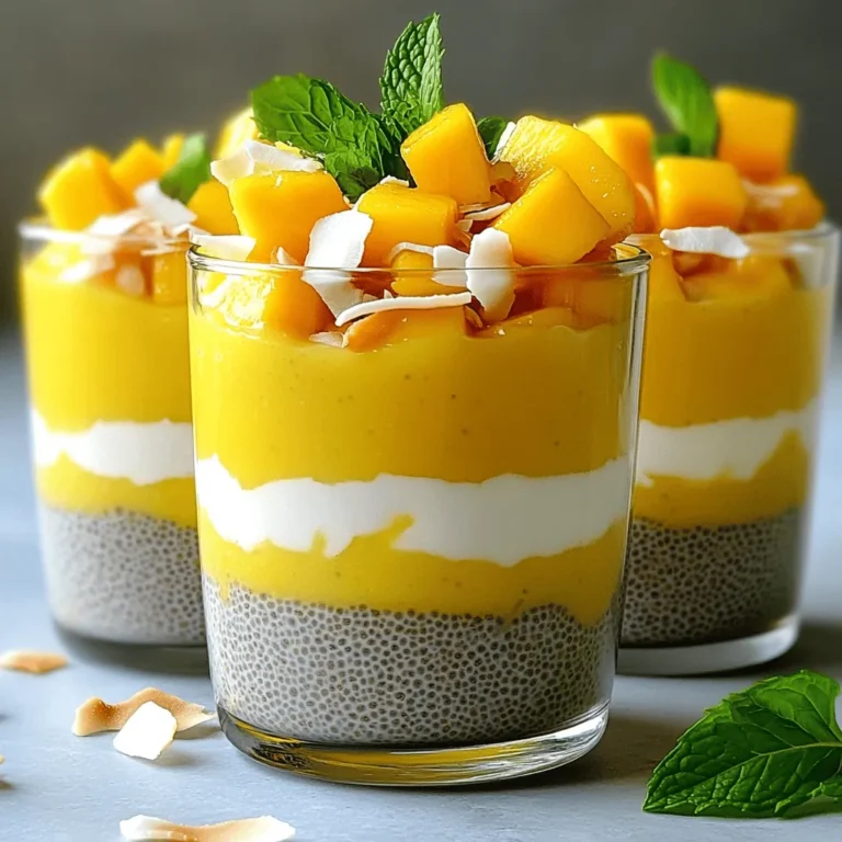 Um einen leckeren Mango Kokos Chia Pudding zu machen, brauchen Sie: - 1 Tasse Kokosmilch - 1/2 Tasse Chiasamen - 2 reife Mangos (püriert und gewürfelt) - 2 Esslöffel Ahornsirup oder Honig - 1 Teelöffel Vanilleextrakt - Eine Prise Salz - Geröstete Kokosflocken - Frische Minzblätter Hier sind die genauen Maße für jede Zutat: - Kokosmilch: 1 Tasse sorgt für die cremige Basis. - Chiasamen: 1/2 Tasse macht den Pudding dick und nahrhaft. - Reife Mangos: 2 Stück, um den Pudding zu süßen und zu aromatisieren. - Ahornsirup oder Honig: 2 Esslöffel für die richtige Süße. - Vanilleextrakt: 1 Teelöffel bringt einen sanften Geschmack. - Salz: Eine Prise hebt die Aromen hervor. - Geröstete Kokosflocken: Zum Garnieren und für den Crunch. - Frische Minzblätter: Für das frische Finish. Wenn Sie einige Zutaten nicht haben, gibt es gute Alternativen: - Kokosmilch: Verwenden Sie Mandel- oder Sojamilch für eine andere Note. - Chiasamen: Leinsamen sind eine gute Option, wenn Sie Chiasamen nicht haben. - Mangos: Sie können auch andere Früchte wie Pfirsiche oder Beeren verwenden. - Ahornsirup: Zucker oder Agavendicksaft sind ebenfalls süß und lecker. - Vanilleextrakt: Stattdessen können Sie auch Vanillepaste nutzen. Um den Mango Kokos Chia Pudding zu machen, beginne ich mit einer großen Schüssel. Ich gebe die Kokosmilch hinein. Dann füge ich die Chiasamen hinzu. Jetzt püriere ich die Mangos. Ich lasse ein paar Würfel für das Topping übrig. Danach mische ich alles gut. Ich verwende einen Schneebesen, um Klumpen zu vermeiden. Vergiss nicht, Ahornsirup oder Honig nach Geschmack hinzuzufügen. Eine Prise Salz bringt die Aromen zusammen. Ich decke die Schüssel mit Frischhaltefolie ab. Alternativ kann ich auch einen luftdichten Behälter verwenden. Der Pudding muss für mindestens 4 Stunden in den Kühlschrank. Am besten lasse ich ihn über Nacht stehen. Nach der Kühlzeit nehme ich ihn heraus. Ich rühre sanft um, um alles gut zu mischen. Jetzt prüfe ich die Konsistenz. Der Pudding sollte dick und cremig sein. Wenn er zu fest ist, kann ich etwas Kokosmilch hinzufügen. Jetzt ist es Zeit zu servieren! Ich schöpfe den Pudding in schöne Schalen oder Gläser. Die reservierten Mango-Würfel lege ich oben drauf. Dann streue ich geröstete Kokosflocken darüber. Frische Minzblätter geben einen tollen Farbkontrast. Für ein schönes Bild serviere ich den Pudding in transparenten Gläsern. So sieht man die leckeren Schichten. Um den Mango Coconut Chia Pudding perfekt zu machen, achte auf die Zutaten. Verwende frische, reife Mangos. Diese sorgen für einen tollen Geschmack. Die Chiasamen sollten gut vermischt sein, damit sie gleichmäßig quellen. Rühre die Mischung gründlich, um Klumpen zu vermeiden. Lass den Pudding mindestens vier Stunden im Kühlschrank. So wird er schön dick und cremig. Die Süße kannst du nach deinem Geschmack anpassen. Wenn du es süßer magst, füge mehr Honig oder Ahornsirup hinzu. Probiere auch verschiedene Aromen aus. Ein wenig Zimt oder geriebene Muskatnuss kann dem Pudding eine neue Note geben. Für einen fruchtigen Kick kannst du Limettensaft hinzufügen. So wird der Pudding noch frischer und lebendiger. Präsentiere deinen Pudding in klaren Gläsern. So sieht man die schönen Schichten aus Mango und Chia. Füge die reservierten Mango-Würfel oben drauf. Streue geröstete Kokosflocken darüber für einen knusprigen Biss. Frische Minzblätter geben ein tolles Aroma und eine schöne Farbe. Mach das Ganze besonders, indem du die Gläser mit bunten Löffeln oder Servietten dekorierst. {{image_4}} Du kannst den Mango Coconut Chia Pudding leicht ändern. Beeren sind eine tolle Wahl. Himbeeren, Erdbeeren oder Blaubeeren bringen frische Aromen. Du musst sie nur pürieren oder ganz hinzufügen. Pfirsiche sind auch lecker. Ihr süßer Geschmack passt gut zur Kokosmilch. Verwende die Früchte, die du magst, um den Pudding zu personalisieren. Für eine vegane Variante nimm Ahornsirup oder Agavendicksaft. Diese sind pflanzlich und süß. Du kannst auch Erythrit oder Stevia verwenden. Diese sind kalorienarm und gut für zuckerfreie Diäten. Achte darauf, die Menge nach deinem Geschmack anzupassen. So bleibt der Pudding lecker und nahrhaft. Der Pudding lässt sich leicht anpassen. Füge Gewürze wie Zimt oder Muskatnuss hinzu. Sie geben dem Pudding eine neue Tiefe. Für einen schokoladigen Geschmack kannst du Kakaopulver einrühren. Das macht den Pudding noch interessanter. Experimentiere mit verschiedenen Kombinationen, um deinen Lieblingsgeschmack zu finden. Nach dem Zubereiten ist die richtige Lagerung wichtig. Ich empfehle, den Pudding in einem luftdichten Behälter zu lagern. So bleibt er frisch und wird nicht schnell schlecht. Stelle den Behälter in den Kühlschrank. Achte darauf, dass er gut verschlossen ist. So bleibt der Geschmack am besten erhalten. Mango Coconut Chia Pudding hält sich gut im Kühlschrank. Du kannst ihn bis zu fünf Tage lagern. Nach drei Tagen wird der Geschmack am besten sein. Es ist wichtig, regelmäßig nach der Frische zu schauen. So kannst du sicher sein, dass dein Pudding immer lecker bleibt. Achte auf Veränderungen im Pudding. Wenn der Pudding eine seltsame Farbe hat oder einen unangenehmen Geruch verbreitet, ist es Zeit, ihn wegzuwerfen. Auch wenn die Konsistenz wässrig oder klumpig wird, ist das ein Zeichen für Verderb. Schmecke vorsichtig, wenn du unsicher bist. Sicherheit geht vor! Chiasamen sind sehr gesund. Sie sind reich an Ballaststoffen, Omega-3-Fettsäuren und Antioxidantien. Diese Samen helfen dir, gut zu verdauen. Sie halten dich auch lange satt. Du bekommst viele Nährstoffe aus einer kleinen Menge. Chiasamen können sogar deinen Blutzuckerspiegel stabilisieren. Ja, du kannst andere Milchsorten verwenden. Mandelmilch oder Hafermilch sind tolle Alternativen. Diese Milchsorten geben dem Pudding einen neuen Geschmack. Achte darauf, dass die Milch ungesüßt ist, wenn du es magst. So bleibt der Pudding gesund und lecker. Der Pudding muss mindestens 4 Stunden kühlen. Am besten lässt du ihn über Nacht im Kühlschrank. So kann der Chia-Pudding schön dick werden. Er wird cremig und hat die perfekte Konsistenz. Wenn du ihn nach 4 Stunden nimmst, rühre ihn gut durch. Dann kannst du ihn sofort genießen! In diesem Blogbeitrag haben wir die besten Zutaten für deinen Pudding durchgearbeitet. Du hast erfahren, wie man die Mischung vorbereitet und perfekt serviert. Mit Tipps kannst du deine Kreation anpassen und schön präsentieren. Variationen mit Obst und vegane Optionen erweitern dein Rezept. Denke an die Lagerung und Haltbarkeit, damit dein Pudding frisch bleibt. Jede Zutat und jeder Schritt ist wichtig für ein leckeres Ergebnis. Nutze dieses Wissen, um deinen Pudding zu einem echten Hit zu machen!