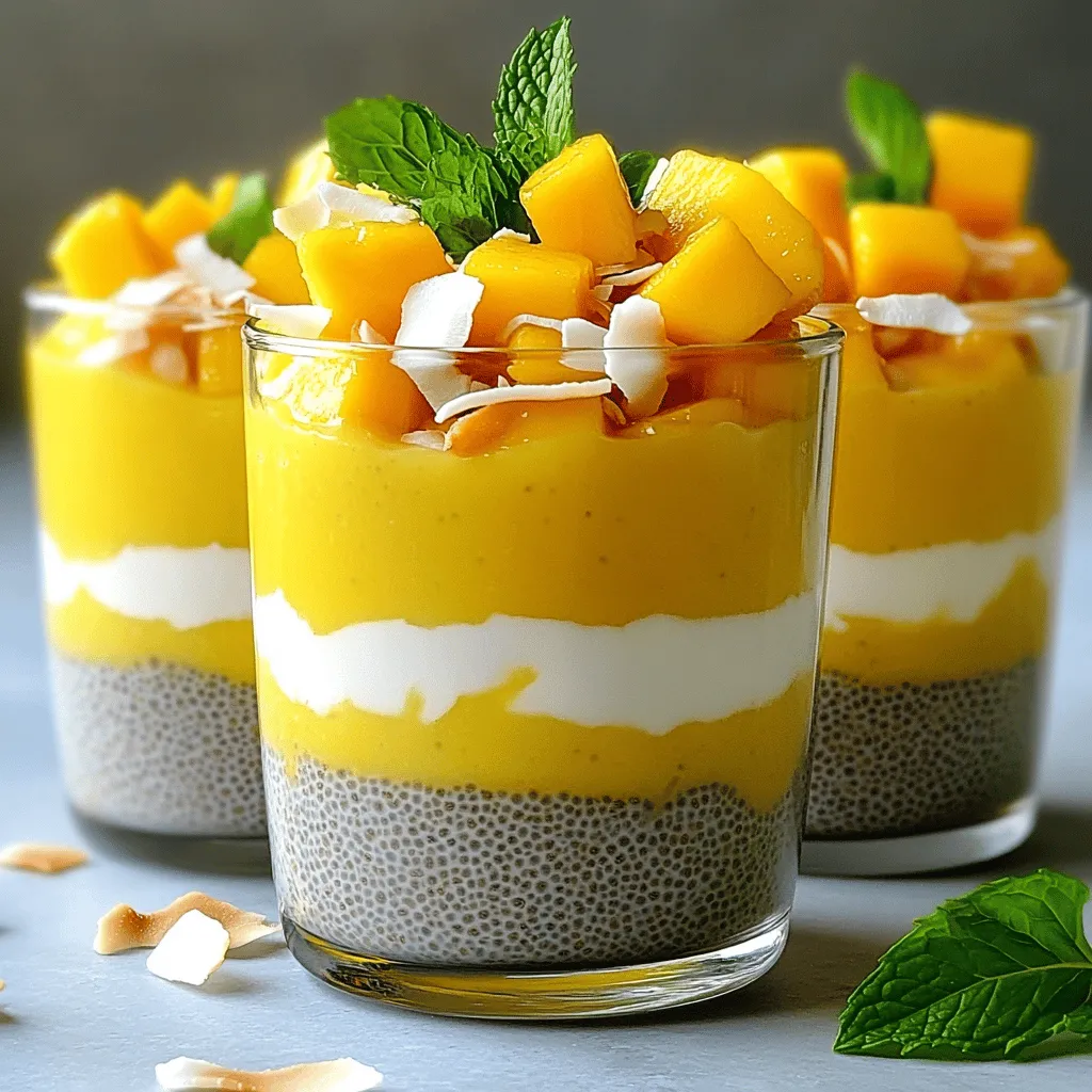Um einen leckeren Mango Kokos Chia Pudding zu machen, brauchen Sie: - 1 Tasse Kokosmilch - 1/2 Tasse Chiasamen - 2 reife Mangos (püriert und gewürfelt) - 2 Esslöffel Ahornsirup oder Honig - 1 Teelöffel Vanilleextrakt - Eine Prise Salz - Geröstete Kokosflocken - Frische Minzblätter Hier sind die genauen Maße für jede Zutat: - Kokosmilch: 1 Tasse sorgt für die cremige Basis. - Chiasamen: 1/2 Tasse macht den Pudding dick und nahrhaft. - Reife Mangos: 2 Stück, um den Pudding zu süßen und zu aromatisieren. - Ahornsirup oder Honig: 2 Esslöffel für die richtige Süße. - Vanilleextrakt: 1 Teelöffel bringt einen sanften Geschmack. - Salz: Eine Prise hebt die Aromen hervor. - Geröstete Kokosflocken: Zum Garnieren und für den Crunch. - Frische Minzblätter: Für das frische Finish. Wenn Sie einige Zutaten nicht haben, gibt es gute Alternativen: - Kokosmilch: Verwenden Sie Mandel- oder Sojamilch für eine andere Note. - Chiasamen: Leinsamen sind eine gute Option, wenn Sie Chiasamen nicht haben. - Mangos: Sie können auch andere Früchte wie Pfirsiche oder Beeren verwenden. - Ahornsirup: Zucker oder Agavendicksaft sind ebenfalls süß und lecker. - Vanilleextrakt: Stattdessen können Sie auch Vanillepaste nutzen. Um den Mango Kokos Chia Pudding zu machen, beginne ich mit einer großen Schüssel. Ich gebe die Kokosmilch hinein. Dann füge ich die Chiasamen hinzu. Jetzt püriere ich die Mangos. Ich lasse ein paar Würfel für das Topping übrig. Danach mische ich alles gut. Ich verwende einen Schneebesen, um Klumpen zu vermeiden. Vergiss nicht, Ahornsirup oder Honig nach Geschmack hinzuzufügen. Eine Prise Salz bringt die Aromen zusammen. Ich decke die Schüssel mit Frischhaltefolie ab. Alternativ kann ich auch einen luftdichten Behälter verwenden. Der Pudding muss für mindestens 4 Stunden in den Kühlschrank. Am besten lasse ich ihn über Nacht stehen. Nach der Kühlzeit nehme ich ihn heraus. Ich rühre sanft um, um alles gut zu mischen. Jetzt prüfe ich die Konsistenz. Der Pudding sollte dick und cremig sein. Wenn er zu fest ist, kann ich etwas Kokosmilch hinzufügen. Jetzt ist es Zeit zu servieren! Ich schöpfe den Pudding in schöne Schalen oder Gläser. Die reservierten Mango-Würfel lege ich oben drauf. Dann streue ich geröstete Kokosflocken darüber. Frische Minzblätter geben einen tollen Farbkontrast. Für ein schönes Bild serviere ich den Pudding in transparenten Gläsern. So sieht man die leckeren Schichten. Um den Mango Coconut Chia Pudding perfekt zu machen, achte auf die Zutaten. Verwende frische, reife Mangos. Diese sorgen für einen tollen Geschmack. Die Chiasamen sollten gut vermischt sein, damit sie gleichmäßig quellen. Rühre die Mischung gründlich, um Klumpen zu vermeiden. Lass den Pudding mindestens vier Stunden im Kühlschrank. So wird er schön dick und cremig. Die Süße kannst du nach deinem Geschmack anpassen. Wenn du es süßer magst, füge mehr Honig oder Ahornsirup hinzu. Probiere auch verschiedene Aromen aus. Ein wenig Zimt oder geriebene Muskatnuss kann dem Pudding eine neue Note geben. Für einen fruchtigen Kick kannst du Limettensaft hinzufügen. So wird der Pudding noch frischer und lebendiger. Präsentiere deinen Pudding in klaren Gläsern. So sieht man die schönen Schichten aus Mango und Chia. Füge die reservierten Mango-Würfel oben drauf. Streue geröstete Kokosflocken darüber für einen knusprigen Biss. Frische Minzblätter geben ein tolles Aroma und eine schöne Farbe. Mach das Ganze besonders, indem du die Gläser mit bunten Löffeln oder Servietten dekorierst. {{image_4}} Du kannst den Mango Coconut Chia Pudding leicht ändern. Beeren sind eine tolle Wahl. Himbeeren, Erdbeeren oder Blaubeeren bringen frische Aromen. Du musst sie nur pürieren oder ganz hinzufügen. Pfirsiche sind auch lecker. Ihr süßer Geschmack passt gut zur Kokosmilch. Verwende die Früchte, die du magst, um den Pudding zu personalisieren. Für eine vegane Variante nimm Ahornsirup oder Agavendicksaft. Diese sind pflanzlich und süß. Du kannst auch Erythrit oder Stevia verwenden. Diese sind kalorienarm und gut für zuckerfreie Diäten. Achte darauf, die Menge nach deinem Geschmack anzupassen. So bleibt der Pudding lecker und nahrhaft. Der Pudding lässt sich leicht anpassen. Füge Gewürze wie Zimt oder Muskatnuss hinzu. Sie geben dem Pudding eine neue Tiefe. Für einen schokoladigen Geschmack kannst du Kakaopulver einrühren. Das macht den Pudding noch interessanter. Experimentiere mit verschiedenen Kombinationen, um deinen Lieblingsgeschmack zu finden. Nach dem Zubereiten ist die richtige Lagerung wichtig. Ich empfehle, den Pudding in einem luftdichten Behälter zu lagern. So bleibt er frisch und wird nicht schnell schlecht. Stelle den Behälter in den Kühlschrank. Achte darauf, dass er gut verschlossen ist. So bleibt der Geschmack am besten erhalten. Mango Coconut Chia Pudding hält sich gut im Kühlschrank. Du kannst ihn bis zu fünf Tage lagern. Nach drei Tagen wird der Geschmack am besten sein. Es ist wichtig, regelmäßig nach der Frische zu schauen. So kannst du sicher sein, dass dein Pudding immer lecker bleibt. Achte auf Veränderungen im Pudding. Wenn der Pudding eine seltsame Farbe hat oder einen unangenehmen Geruch verbreitet, ist es Zeit, ihn wegzuwerfen. Auch wenn die Konsistenz wässrig oder klumpig wird, ist das ein Zeichen für Verderb. Schmecke vorsichtig, wenn du unsicher bist. Sicherheit geht vor! Chiasamen sind sehr gesund. Sie sind reich an Ballaststoffen, Omega-3-Fettsäuren und Antioxidantien. Diese Samen helfen dir, gut zu verdauen. Sie halten dich auch lange satt. Du bekommst viele Nährstoffe aus einer kleinen Menge. Chiasamen können sogar deinen Blutzuckerspiegel stabilisieren. Ja, du kannst andere Milchsorten verwenden. Mandelmilch oder Hafermilch sind tolle Alternativen. Diese Milchsorten geben dem Pudding einen neuen Geschmack. Achte darauf, dass die Milch ungesüßt ist, wenn du es magst. So bleibt der Pudding gesund und lecker. Der Pudding muss mindestens 4 Stunden kühlen. Am besten lässt du ihn über Nacht im Kühlschrank. So kann der Chia-Pudding schön dick werden. Er wird cremig und hat die perfekte Konsistenz. Wenn du ihn nach 4 Stunden nimmst, rühre ihn gut durch. Dann kannst du ihn sofort genießen! In diesem Blogbeitrag haben wir die besten Zutaten für deinen Pudding durchgearbeitet. Du hast erfahren, wie man die Mischung vorbereitet und perfekt serviert. Mit Tipps kannst du deine Kreation anpassen und schön präsentieren. Variationen mit Obst und vegane Optionen erweitern dein Rezept. Denke an die Lagerung und Haltbarkeit, damit dein Pudding frisch bleibt. Jede Zutat und jeder Schritt ist wichtig für ein leckeres Ergebnis. Nutze dieses Wissen, um deinen Pudding zu einem echten Hit zu machen!