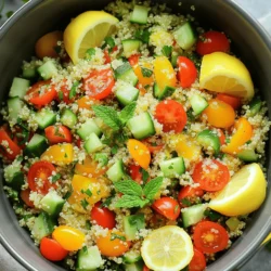 - 1 Tasse Quinoa - 2 Tassen Gemüsebrühe oder Wasser - 1 Tasse Kirschtomaten, halbiert - 1 Gurke, gewürfelt - 1 Paprika (nach Wahl), gewürfelt - 1/4 rote Zwiebel, fein gehackt - 1/2 Tasse frische Petersilie, gehackt - 1/4 Tasse frische Minze, gehackt Die Hauptzutaten sind einfach und frisch. Quinoa ist reich an Proteinen. Sie kochen es in Gemüsebrühe oder Wasser. Das gibt Geschmack. Frisches Gemüse bringt Farbe und Vitamine hinein. Kirschtomaten, Gurken und Paprika sind knackig und lecker. Rote Zwiebeln fügen einen kleinen Biss hinzu. Petersilie und Minze bringen frische Aromen. - Saft von 2 Zitronen - 1/4 Tasse Olivenöl - Salz und Pfeffer nach Geschmack Das Dressing ist einfach zuzubereiten. Zitronensaft gibt Frische und Säure. Olivenöl macht das Dressing glatt und reichhaltig. Salz und Pfeffer runden den Geschmack ab. Diese Zutaten verbinden sich gut. - 1/4 Tasse Feta-Käse, zerbröselt (optional) - Zusätzliche Kräuter Feta-Käse gibt dem Salat eine cremige Textur. Wenn Sie ihn mögen, streuen Sie ihn darüber. Zusätzliche Kräuter wie Dill oder Schnittlauch sind auch toll. Sie bringen noch mehr Geschmack. Experimentieren Sie mit diesen Zutaten. - Abspülen der Quinoa: Beginne damit, die Quinoa in ein feines Sieb zu geben. Spüle sie unter kaltem Wasser ab. Dies entfernt Bitterstoffe, die den Geschmack beeinträchtigen können. So erhältst du einen klaren, nussigen Geschmack. - Kochen der Quinoa in Brühe oder Wasser: Gib die abgespülte Quinoa in einen Kochtopf. Füge zwei Tassen Gemüsebrühe oder Wasser hinzu. Bringe das Ganze zum Kochen. Reduziere dann die Hitze und decke den Topf ab. Lass die Quinoa 15 Minuten köcheln, bis die Flüssigkeit aufgesogen ist. Nach dem Kochen nimm den Topf vom Herd und lasse ihn für fünf Minuten stehen. Lockere die Quinoa mit einer Gabel auf und lasse sie abkühlen. - Waschen und Schneiden des Gemüses: Während die Quinoa abkühlt, kannst du das Gemüse vorbereiten. Nimm die Kirschtomaten, die Gurke, die Paprika und die rote Zwiebel. Wasche sie gründlich. Halbiere die Kirschtomaten, würfle die Gurke und die Paprika, und hacke die Zwiebel fein. - Vermengen der Zutaten in einer Schüssel: Nimm eine große Rührschüssel. Gib die vorbereiteten Tomaten, Gurken, Paprika und Zwiebeln hinein. Mische die Zutaten gut durch. - Mischen von Zitronensaft und Olivenöl: In einer kleinen Schüssel nimm den Saft von zwei Zitronen. Füge ein Viertel Tasse Olivenöl hinzu. Würze das Dressing mit Salz und Pfeffer. Rühre alles gut um, bis es gleichmäßig vermischt ist. - Kombinieren aller Komponenten: Wenn die Quinoa abgekühlt ist, gib sie in die Schüssel mit dem Gemüse. Gieße das Dressing darüber. Mische alles vorsichtig, bis alle Zutaten gut verteilt sind. Füge die gehackte Petersilie und Minze hinzu und mische erneut. Wenn du magst, streue Feta-Käse darüber. Um Quinoa gut zuzubereiten, spülen Sie sie zuerst. Spülen entfernt Bitterstoffe. Nehmen Sie eine feine Sieb und spülen Sie die Körner unter kaltem Wasser. Diese einfache Technik macht einen großen Unterschied. Kochen Sie die Quinoa dann in Gemüsebrühe oder Wasser. Verwenden Sie dafür das Verhältnis 1:2. Ein Teil Quinoa braucht zwei Teile Flüssigkeit. Bringen Sie es zum Kochen und reduzieren Sie dann die Hitze. Lassen Sie die Quinoa 15 Minuten köcheln. Decken Sie den Topf ab, damit die Hitze bleibt. Nach dem Kochen lassen Sie sie fünf Minuten ruhen. Lockern Sie die Quinoa mit einer Gabel auf. So wird sie locker und fluffig. Sie können den Salat ganz nach Ihrem Geschmack anpassen. Fügen Sie andere Gemüsesorten hinzu. Karotten, Avocado oder sogar Spinat passen gut. Mischen Sie einfach, was Ihnen gefällt. Alternativ können Sie auch verschiedene Dressings ausprobieren. Ein Joghurtdressing oder ein Balsamico-Dressing geben dem Salat eine neue Note. Experimentieren Sie mit verschiedenen Geschmäckern, um Ihre eigene Variante zu finden. Die Präsentation ist wichtig. Servieren Sie den Salat in einer großen Schüssel. Das sieht einladend aus und macht es einfach, sich zu bedienen. Sie können auch einzelne Schalen verwenden. Garnieren Sie den Salat mit einer Zitronenscheibe. Ein Zweig frische Minze macht alles schöner. Überlegen Sie, welche Beilagen gut dazu passen. Gegrilltes Hähnchen oder Fisch sind tolle Ergänzungen. Auch frisches Brot macht sich gut. So wird Ihre Mahlzeit perfekt abgerundet. {{image_4}} Um den Zitronen-Kräuter-Quinoa-Salat vegetarisch oder vegan zu machen, können Sie den Feta-Käse weglassen. Er hat einen salzigen Geschmack, der gut passt, aber nicht nötig ist. Stattdessen können Sie mehr frische Kräuter oder Nüsse hinzufügen. Diese sorgen für einen leckeren Biss und einen tollen Geschmack. Zum Beispiel passen geröstete Sonnenblumenkerne gut in den Salat. Sie bringen eine schöne Textur und sind proteinreich. Eine tolle Idee für den Salat ist, saisonales Gemüse zu verwenden. Im Sommer sind Zucchini und Paprika frisch und saftig. Im Herbst sind Kürbis oder Rüben eine gute Wahl. Diese Zutaten bringen Farbe und Nährstoffe in den Salat. Auch Kräuter sind wichtig. Verwenden Sie frische Kräuter wie Basilikum oder Estragon, um den Geschmack zu verfeinern. Sie geben dem Gericht eine persönliche Note. Um den Salat noch nahrhafter zu machen, können Sie proteinreiche Ergänzungen hinzufügen. Kichererbsen oder Tofu sind großartige Optionen. Sie machen den Salat sättigender und lecker. Wenn Sie Fleisch mögen, können Sie auch Hühnchen oder Shrimps hinzufügen. Braten Sie sie leicht an und mischen Sie sie unter den Salat. So wird Ihr Gericht noch vielfältiger und schmackhafter. Um den Zitronen-Kräuter-Quinoa-Salat frisch zu halten, kühlen Sie ihn gut. Sie können den Salat in einem luftdichten Behälter aufbewahren. Achten Sie darauf, dass er vollständig abgekühlt ist, bevor Sie ihn im Kühlschrank lagern. Wenn Sie den Salat einfrieren möchten, gehen Sie wie folgt vor: - Teilen Sie den Salat in Portionen auf. - Legen Sie jede Portion in einen Gefrierbeutel. - Drücken Sie die Luft heraus, bevor Sie sie verschließen. - Beschriften Sie die Beutel mit dem Datum. Im Kühlschrank hält sich der Salat etwa drei bis vier Tage. Beachten Sie diese Empfehlungen zur Lagerdauer: - Bei frischen Zutaten ist eine schnellere Verwendung besser. - Überprüfen Sie den Salat täglich auf Anzeichen von Verderb. Achten Sie auf folgende Anzeichen: - Schlechter Geruch - Verfärbungen - Schleimige Textur Haben Sie Reste? Nutzen Sie sie kreativ! Hier sind einige Ideen für Reste: - Fügen Sie den Salat zu Wraps oder Sandwiches hinzu. - Mischen Sie ihn in eine Omelette für ein proteinreiches Frühstück. Für neue Rezepte: - Verwenden Sie den Salat als Füllung für gefüllte Paprika. - Kombinieren Sie ihn mit Pasta für einen schnellen Nudelsalat. Um Quinoa perfekt zuzubereiten, spüle sie zuerst gut ab. Dies entfernt bittere Stoffe. Verwende zwei Teile Gemüsebrühe oder Wasser auf einen Teil Quinoa. Koche die Quinoa bei hoher Hitze, bis sie blubbert. Dann reduziere die Hitze und koche sie 15 Minuten lang. Lasse die Quinoa nach dem Kochen noch 5 Minuten abgedeckt ruhen. Dies sorgt für eine lockere und zarte Konsistenz. Ja, du kannst den Salat im Voraus machen. Bereite die Quinoa und das Gemüse vor. Mische sie dann mit dem Dressing. Der Salat hält sich gut im Kühlschrank für bis zu drei Tage. Achte darauf, die frischen Kräuter kurz vor dem Servieren hinzuzufügen. So bleiben sie frisch und grün. Dieser Salat passt gut zu vielen Beilagen. Probiere gegrilltes Hähnchen oder gebratene Garnelen. Sie fügen Protein hinzu und machen das Gericht vollwertig. Ein frisches Brot oder Pita passt ebenfalls gut. Für Getränke empfehle ich einen leichten Weißwein oder einen frischen Kräutertee. Dieser Artikel zeigt, wie man einen leckeren Quinoa-Salat zubereitet. Wir haben die Hauptzutaten, Dressings und optionale Zutaten besprochen. Außerdem erklärten wir die Zubereitung, Tipps für perfekte Quinoa und leckere Variationen. Denken Sie daran, lagerfreundlich zu arbeiten und Reste kreativ zu verwenden. Ein gesunder Salat macht viel Freude, ob alleine oder als Beilage. Probieren Sie neue Optionen mit saisonalem Gemüse und unterschiedlichen Dressings aus! Guten Appetit!