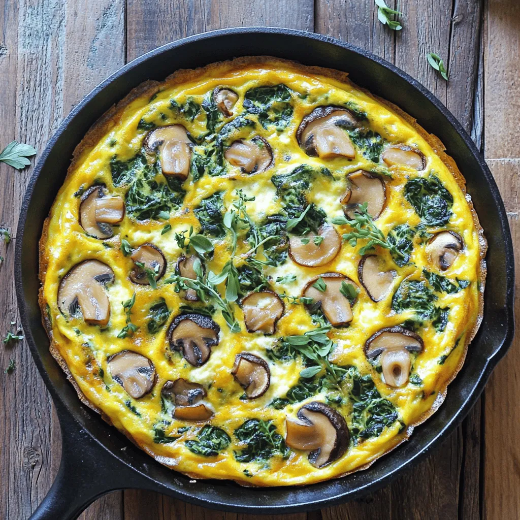 - 6 große Eier - 1 Tasse frischer Spinat, grob gehackt - 1 Tasse Champignons oder Cremini-Pilze, in Scheiben geschnitten Die Hauptzutaten sind einfach zu finden und sehr nahrhaft. Die Eier geben der Frittata Struktur. Spinat bringt frische und Farbe. Die Pilze verleihen einen herzhaften Geschmack. - 1 Tasse geriebener Schweizer Käse - 1 kleine Zwiebel, fein gewürfelt - 2 Knoblauchzehen, fein gehackt - Olivenöl, Salz und Pfeffer nach Geschmack Der Schweizer Käse sorgt für Cremigkeit. Zwiebeln und Knoblauch geben ein tolles Aroma. Olivenöl bringt gesunde Fette. Salz und Pfeffer verstärken den Geschmack. - Frische Kräuter (wie Thymian oder Petersilie) zum Garnieren Frische Kräuter sind eine schöne Ergänzung. Sie bringen Farbe und einen frischen Geschmack. Verwende sie, um deine Frittata optisch und geschmacklich aufzuwerten. - Heize deinen Ofen auf 190°C (375°F) vor. - Erhitze 2 Esslöffel Olivenöl in einer ofenfesten Pfanne bei mittlerer Hitze. - Füge 1 kleine, gewürfelte Zwiebel in die Pfanne und dünste sie 3-4 Minuten. - Gib 1 Tasse in Scheiben geschnittene Champignons hinzu und brate sie 5-6 Minuten. - Füge 2 fein gehackte Knoblauchzehen und 1 Tasse grob gehackten Spinat hinzu. - Koche die Mischung für 1-2 Minuten, bis der Spinat zusammenfällt. - Würze mit Salz und Pfeffer nach deinem Geschmack. - Schlage 6 große Eier in einer Schüssel gut auf. - Gieße die Eier über die Gemüse-Mischung in der Pfanne. - Rühre sanft, um alle Zutaten zu verteilen. - Streue 1 Tasse geriebenen Schweizer Käse gleichmäßig über die Eimischung. - Backe die Frittata 20-25 Minuten im Ofen, bis sie fest und goldbraun ist. - Lass die Frittata einige Minuten abkühlen, bevor du sie servierst. Um die beste Frittata zu machen, beginne mit den Eiern. Verquirle die Eier gut, bis sie schaumig sind. Das sorgt für eine luftige Frittata. Gieße die Eier gleichmäßig über das Gemüse in der Pfanne. Rühre sanft um, damit alles gut verteilt ist. Behalte die Backzeit und die Temperatur im Auge. Backe die Frittata bei 190°C für 20 bis 25 Minuten. Sie ist fertig, wenn die Oberfläche goldbraun ist. Die Frittata sieht toll aus, wenn du frische Kräuter oben drauf gibst. Petersilie oder Thymian sind gute Optionen. Du kannst die Frittata in Stücke schneiden. Serviere sie warm. Sie passt gut zu einem frischen grünen Salat oder knusprigem Brot. Diese Beilagen ergänzen den Geschmack sehr gut. Für diese Frittata brauchst du ein paar wichtige Küchenutensilien. Eine große, ofenfeste Pfanne ist wichtig. Ein Schneidebrett und ein scharfes Messer helfen dir beim Vorbereiten der Zutaten. Du benötigst auch eine Schüssel, um die Eier zu verquirlen. Wenn du diese Utensilien hast, gelingt dir die Frittata ganz leicht. {{image_4}} Du kannst die Frittata leicht variieren. Versuche, andere Gemüsesorten hinzuzufügen. Paprika oder Brokkoli sind tolle Optionen. Sie bringen Farbe und Geschmack in das Gericht. Auch verschiedene Käsesorten machen viel aus. Feta oder Cheddar passen ebenfalls gut. Experimentiere mit Geschmäckern, die du magst! Wenn du eine vegane Frittata machen möchtest, gibt es gute Ei-Alternativen. Du kannst Kichererbsenmehl verwenden. Mische das Mehl mit Wasser, um eine cremige Konsistenz zu bekommen. So bekommst du einen ähnlichen Geschmack. Auch Seidentofu ist eine tolle Option. Mische ihn gut, um eine glatte Masse zu erhalten. So kannst du eine leckere, pflanzliche Frittata genießen. Frittata hat viele internationale Einflüsse. Du kannst ihr einen italienischen Flair geben, indem du Basilikum und Tomaten hinzufügst. Für einen mexikanischen Twist probiere Jalapeños und Avocado. So wird dein Gericht noch spannender. Nutze Gewürze aus anderen Ländern, um neue Geschmäcker zu entdecken. Die Möglichkeiten sind endlos! Um die Frittata frisch zu halten, lagere sie im Kühlschrank. Lass die Frittata nach dem Backen etwas abkühlen. Schneide sie dann in Stücke. Lege die Stücke in einen luftdichten Behälter. Du kannst auch Frischhaltefolie verwenden, um sie abzudecken. Achte darauf, dass die Frittata vollständig abgedeckt ist. So bleibt sie frisch und lecker. Um die Frittata aufzuwärmen, benutze den Ofen oder die Mikrowelle. Im Ofen heize ihn auf 175°C (350°F) vor. Lege die Frittata auf ein Backblech. Backe sie für etwa 10 bis 15 Minuten. In der Mikrowelle erwärmst du die Frittata in 30-Sekunden-Intervallen. Überprüfe immer die Temperatur, damit sie nicht zu trocken wird. Die Frittata bleibt im Kühlschrank etwa 3 bis 4 Tage frisch. Achte darauf, sie gut verpackt zu halten. Wenn du sie länger aufbewahren möchtest, kannst du sie auch einfrieren. In einem gefrierfesten Behälter hält sie sich bis zu 2 Monate. Wenn du sie auftauen möchtest, lass sie über Nacht im Kühlschrank auftauen. So bleibt der Geschmack erhalten. Die Zubereitung einer Spinats-Pilz-Frittata dauert insgesamt etwa 35 Minuten. Die Vorbereitungszeit beträgt 10 Minuten. Die Kochzeit im Ofen liegt bei 20 bis 25 Minuten. In dieser Zeit wird die Frittata goldbraun und fest. So kannst du schnell ein gesundes Gericht zaubern. Ja, du kannst die Frittata im Voraus zubereiten. Lasse sie nach dem Backen etwas abkühlen und lagere sie im Kühlschrank. Verwende einen luftdichten Behälter, um die Frische zu bewahren. So bleibt der Geschmack und die Textur erhalten. Du kannst die Frittata bis zu drei Tage im Kühlschrank aufbewahren. Die Spinats-Pilz-Frittata passt gut zu vielen Beilagen. Ein frischer grüner Salat ist sehr lecker. Auch knuspriges Brot ergänzt das Gericht gut. Du kannst auch einen Joghurtdip oder eine leichte Vinaigrette dazu servieren. Diese Kombination macht dein Essen noch schmackhafter und gesünder. Eine Frittata mit Spinat und Pilzen ist einfach zuzubereiten. Sie braucht Eier, Gemüse und Gewürze. Wir haben die Schritte, Tipps und Varianten durchgesehen. Vergessen Sie nicht, kreativ zu sein! Sie können weitere Zutaten hinzufügen oder verschiedene Käsesorten ausprobieren. Lagern Sie Reste im Kühlschrank und genießen Sie sie später. Diese Frittata ist nicht nur lecker, sondern auch vielseitig. Sie ist perfekt für jedes Frühstück oder jeder Brunch. Machen Sie sich bereit, Ihre Fähigkeiten in der Küche zu zeigen!