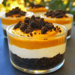- Oreo-Kekse: Diese Kekse geben unseren Bechern den perfekten Crunch und Geschmack. Ihr süßes Aroma harmoniert super mit der Kürbisfüllung. - Frischkäse und Kürbispüree: Frischkäse sorgt für eine cremige Textur. Das Kürbispüree bringt nicht nur Geschmack, sondern auch die schöne orange Farbe. - Schlagsahne und Gewürze: Schlagsahne macht die Füllung leicht und luftig. Das Pumpkin Pie Gewürz verleiht dem Ganzen eine herbstliche Note. - Zucker und Butter: Puderzucker süßt die Füllung, während geschmolzene Butter die Keksbasis zusammenhält. Beide sind wichtig für den Geschmack und die Stabilität. - Dekorationselemente: Zerbröselte Oreos obenauf sorgen für eine schöne Optik. Sie machen die Becher auch noch leckerer und knuspriger. Diese Zutaten sind leicht zu finden und machen das Rezept einfach und schnell. Ich liebe es, wie sie zusammenkommen und die Becher so besonders machen! - Zuerst zerbröseln Sie 12 Oreo-Kekse in einer Schüssel. - Mischen Sie die Keksbrösel mit 4 Esslöffeln geschmolzener Butter. - Rühren Sie gut, bis die Brösel die Butter aufnehmen. - Teilen Sie die Mischung gleichmäßig auf die Becher auf. - Drücken Sie die Brösel fest nach unten, um eine stabile Basis zu schaffen. - Nehmen Sie 225 g zimmerwarmen Frischkäse und schlagen Sie ihn in einer großen Schüssel. - Fügen Sie 240 g Kürbispüree, 60 g Puderzucker, 1 Teelöffel Vanilleextrakt und 1 Teelöffel Pumpkin Pie Gewürz hinzu. - Mischen Sie alles gut, bis die Masse glatt ist. - Heben Sie 240 ml Schlagsahne vorsichtig unter die Mischung. - Dies sorgt für eine leichte und luftige Füllung. - Löffeln Sie die Kürbis-Cheesecake-Mischung über die Oreo-Kruste in jedem Becher. - Füllen Sie die Becher etwa bis zur Dreiviertel-Höhe. - Stellen Sie die Becher für mindestens 2-4 Stunden in den Kühlschrank. - Diese Kühlzeit ist wichtig, damit die Mischung fest wird. - Vor dem Servieren garnieren Sie jeden Becher mit zusätzlichen zerbröselten Oreos. Um eine luftige Füllung zu erreichen, hebe die Schlagsahne vorsichtig unter. Mach das in mehreren Schritten. Beginne mit einem kleinen Teil der Schlagsahne und mische sie gut mit der Käsemasse. Danach füge den Rest hinzu. So bleibt die Füllung leicht und luftig. Verwende zimmerwarmen Frischkäse. Kalter Frischkäse kann Klumpen bilden. Er lässt sich nur schwer glatt rühren. Wenn der Frischkäse warm ist, vermischt er sich viel besser mit den anderen Zutaten. Serviere die Cheesecake Cups auf einem rustikalen Holzbrett. Das gibt deinem Dessert einen schönen, herzlichen Look. Dekoriere die Becher mit frischem Kürbis und zerbröselten Oreos. Diese kleinen Details machen viel aus und ziehen die Blicke an. Du kannst auch einen kleinen Zweig Zimt oder Muskatnuss dazu stecken. Das bringt noch mehr Herbststimmung auf deinen Tisch. Ein häufiger Fehler ist, zu viel Sahne unterzuheben. Das macht die Füllung schwer und dicht. Achte darauf, die Schlagsahne sanft zu unterheben. Ein weiterer Fehler ist eine uneinheitliche Keksbasis. Stelle sicher, dass die Keksbrösel gut mit der Butter vermischt sind. Drücke die Mischung fest in die Becher, damit sie nicht auseinanderfällt. {{image_4}} Um diese köstlichen Cheesecake Cups vegan zu machen, verwenden Sie pflanzlichen Frischkäse. Es gibt viele Marken, die cremigen und leckeren veganen Frischkäse anbieten. Sie können auch pflanzliche Sahne nutzen, um die Füllung luftig zu machen. Statt Puderzucker können Sie Agavendicksaft oder Kokosblütenzucker verwenden. So bleibt der Geschmack toll und die Cups sind für alle geeignet. Wenn Sie Schokolade lieben, fügen Sie Schokoladenstückchen zur Füllung hinzu. Sie schmelzen in der Creme und geben einen tollen Geschmack. Sie können auch die Oreo-Bodenbasis ändern. Statt normaler Oreo-Kekse können Sie Schokoladen-Oreos verwenden. Das macht die Basis noch schokoladiger und intensiver. Für eine saisonale Note können Sie verschiedene Gewürze hinzufügen. Zimt, Muskatnuss oder sogar Ingwer passen gut zu Kürbis. Diese Gewürze bringen den Herbst in Ihre Cheesecake Cups. Außerdem können Sie die Cups für andere Feiertage anpassen. Für Weihnachten können Sie Cranberrys oder Nüsse in die Füllung geben. So bleibt das Dessert frisch und spannend. - Bewahre die Cheesecake Cups in einem luftdichten Behälter auf. - Stelle sicher, dass die Becher gut abgedeckt sind, damit sie nicht austrocknen. - Die maximale Haltbarkeit liegt bei etwa 3-5 Tagen. - Du kannst die Cheesecake Cups auch einfrieren. - Fülle die Becher bis zur Oberkante, um Platz für das Ausdehnen zu lassen. - Lasse die Becher vor dem Einfrieren vollständig abkühlen. - Zum Auftauen stelle sie einfach über Nacht in den Kühlschrank. - Cheesecake Cups sind im Kühlschrank etwa 3-5 Tage haltbar. - Achte auf einen unangenehmen Geruch oder verfärbte Füllung. Das sind Anzeichen für Verderb. Ich empfehle, die Cheesecake Cups mindestens einen Tag vor dem Servieren zuzubereiten. So haben sie genug Zeit, im Kühlschrank zu kühlen. Die optimale Kühlzeit beträgt 2 bis 4 Stunden. Je länger sie kühlen, desto fester werden sie. Diese Zeit macht die Füllung schön cremig und lecker. Ja, du kannst die Oreo-Kekse durch andere Kekse ersetzen. Einige gute Alternativen sind: - Butterkekse - Schokoladenkekse - Graham Crackers Diese Kekse geben der Kruste einen anderen Geschmack, aber sie funktionieren gut. Experimentiere ruhig mit verschiedenen Sorten, um deine Lieblingskombination zu finden. Wenn die Füllung nicht fest wird, gibt es einige Tipps, die helfen können: - Stelle sicher, dass der Frischkäse zimmerwarm ist. Kalter Frischkäse kann die Mischung klumpig machen. - Achte darauf, die Sahne richtig unterzuheben. Mach das sanft, um die Luftigkeit zu erhalten. - Wenn es immer noch nicht fest wird, lasse die Cups länger im Kühlschrank. Geduld ist hier wichtig! Zusammenfassend sind die Cheesecake Cups einfach und lecker. Wir haben die Hauptzutaten wie Oreo-Kekse, Frischkäse und Kürbispüree besprochen. Die Schritt-für-Schritt-Anleitung hilft dir, die perfekte Füllung und Basis zu machen. Beachte die Tipps, um eine luftige Konsistenz zu erzielen. Variationen wie vegane oder schokoladige Optionen bringen Abwechslung. Wenn du die richtigen Lagerungsmethoden anwendest, bleiben sie frisch und köstlich. Mit diesen Informationen kannst du garantiert leckere Cheesecake Cups zubereiten. Viel Spaß beim Ausprobieren!