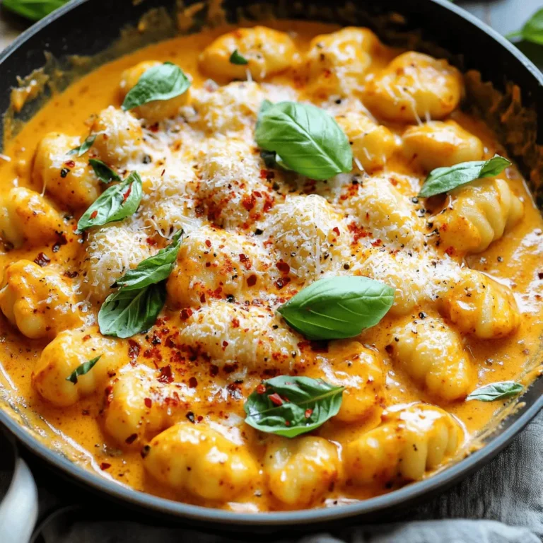 - 1 Packung (450 g) Kartoffelgnocchi - 2 große geröstete rote Paprika, geschält und grob gehackt - 240 ml Schlagsahne Die Hauptzutaten sind der Schlüssel zu einer leckeren Gnocchi-Pfanne. Kartoffelgnocchi sind weich und nehmen den Geschmack gut auf. Geröstete rote Paprika bringen Süße und Farbe. Die Schlagsahne sorgt für die cremige Textur der Sauce. - 2 Esslöffel Olivenöl - 3 Knoblauchzehen, fein gehackt - 1 Teelöffel geräuchertes Paprikapulver Olivenöl ist perfekt für das Anbraten. Es hat einen milden Geschmack. Knoblauch gibt der Pfanne ein tolles Aroma. Geräuchertes Paprikapulver bringt eine rauchige Note und Tiefe in das Gericht. - 50 g frisch geriebener Parmesan - Frisch gebrochene Basilikumblätter - Chiliflocken für einen scharfen Kick Das Topping macht das Gericht besonders. Parmesan fügt einen würzigen Geschmack hinzu. Basilikum bringt Frische und Farbe. Chiliflocken geben einen kleinen Kick, wenn du es scharf magst. Um die Gnocchi perfekt zu kochen, bringe einen großen Topf mit gesalzenem Wasser zum Kochen. Gib die Gnocchi vorsichtig hinein. Sie sind fertig, wenn sie an die Oberfläche steigen, etwa nach 2-3 Minuten. Achte darauf, sie nicht zu lange zu kochen. Das kann die Textur ruinieren. In einer großen Pfanne erhitze 2 Esslöffel Olivenöl bei mittlerer Hitze. Füge die fein gehackten Knoblauchzehen hinzu. Brate den Knoblauch etwa 1 Minute an, bis er duftet. Es ist wichtig, dass der Knoblauch nicht verbrennt, da er sonst bitter wird. Jetzt füge die grob gehackten, gerösteten Paprika hinzu und rühre sie für etwa 2 Minuten unter. Gieße 240 ml Schlagsahne in die Pfanne. Streue 1 Teelöffel geräuchertes Paprikapulver dazu. Rühre gut um und bringe die Mischung leicht zum Köcheln. Diese Schritte sind wichtig, um die richtige Konsistenz zu erreichen. Die Sauce sollte cremig, aber nicht zu dick sein. Füge nach und nach 50 g frisch geriebenen Parmesan zur Sauce hinzu. Rühre kontinuierlich, bis der Käse schmilzt. Dies sorgt für eine schöne, glatte Sauce. Dann gib die gekochten Gnocchi in die Pfanne. Hebe sie vorsichtig unter die Sauce, bis sie gleichmäßig bedeckt sind und warm werden. Nehme die Pfanne vom Herd, wenn alles gut erhitzt ist. Richte die Gnocchi auf Tellern an. Garniere sie mit frischen Basilikumblättern und, wenn gewünscht, mit Chiliflocken für etwas Schärfe. Die Präsentation macht das Gericht noch einladender. Um tolle Gnocchi zu machen, achte auf diese Punkte: - Wasser richtig salzen: Verwende genug Salz im Wasser. Das gibt den Gnocchi Geschmack. - Kochen nicht übertreiben: Gnocchi sind fertig, wenn sie an die Oberfläche steigen. Das dauert etwa 2-3 Minuten. Wenn du die Gnocchi zu lange kochst, werden sie weich und matschig. Achte darauf, sie rechtzeitig abzuschütten. Eine leckere Sauce macht das Gericht besonders. Hier sind einige Tipps: - Variationen der Sahnesorten: Du kannst auch saure Sahne oder Frischkäse verwenden. Diese Optionen geben der Sauce einen anderen Geschmack. - Gewürzvarianten für zusätzlichen Geschmack: Probiere verschiedene Gewürze aus! Zum Beispiel, Thymian oder Oregano passen gut. Ein Hauch von Zitronensaft bringt Frische in die Sauce. Diese kleinen Änderungen machen viel aus und geben dir die Chance, kreativ zu sein. Beim Kochen kann viel schiefgehen. Hier sind einige häufige Fehler und wie du sie vermeidest: - Zu viel Hitze: Wenn die Hitze zu hoch ist, kann die Sauce brennen. Halte die Hitze auf mittlerer Stufe. - Nicht genug umrühren: Rühre die Sauce regelmäßig. So wird sie gleichmäßig dick und klebt nicht am Boden der Pfanne. Falls du die Sauce zu dick findest, kannst du etwas mehr Sahne oder Wasser hinzufügen. So bleibt alles schön cremig. {{image_4}} Sie können die Gnocchi-Pfanne leicht anpassen. Fügen Sie zusätzliches Gemüse hinzu, um mehr Farbe und Nährstoffe zu erhalten. Brokkoli, Spinat oder Zucchini passen gut. Sie bringen Frische und Textur in das Gericht. Für eine Fusion der Geschmäcker probieren Sie asiatische Einflüsse. Fügen Sie etwas Karotten und Erbsen hinzu oder verwenden Sie Sojasauce für einen anderen Kick. Um das Gericht zu bereichern, können Sie Protein hinzufügen. Hähnchenbrust oder Speck geben einen herzhaften Geschmack. Braten Sie das Fleisch zuerst an, bevor Sie die Gnocchi hinzufügen. Für eine pflanzliche Option sind Kichererbsen oder Tofu ideal. Sie nehmen die Aromen der Sauce gut auf und machen das Gericht sättigend. Wenn Sie glutenfrei essen, gibt es gute Alternativen. Suchen Sie nach glutenfreien Gnocchi aus Mais oder Reis. Diese sind leicht erhältlich und schmecken lecker. Außerdem können Sie die Sauce anpassen. Verwenden Sie Kokosnuss- oder Mandelmilch anstelle von Schlagsahne. Diese Optionen sind leicht und gesund. Um die Reste deiner cremigen Gnocchi-Pfanne richtig zu lagern, benutze einen luftdichten Behälter. Stelle sicher, dass der Behälter gut verschlossen ist, damit keine Luft eindringt. So bleiben die Aromen frisch. Lagere die Pfanne im Kühlschrank. Dort hält sie sich bis zu drei Tage. Wenn du die Gnocchi-Pfanne länger aufbewahren möchtest, kannst du sie auch einfrieren. Fülle die Gnocchi in einen gefrierfesten Behälter oder Beutel. Achte darauf, so viel Luft wie möglich herauszudrücken. So bleibt die Qualität erhalten. Eingefroren hält das Gericht bis zu drei Monate. Die beste Methode, um die Gnocchi-Pfanne wieder aufzuwärmen, ist die Mikrowelle oder der Herd. Wenn du den Herd benutzt, erhitze die Pfanne bei niedriger Hitze. Füge einen Spritzer Wasser oder etwas Sahne hinzu, um die Sauce cremig zu halten. Rühre die Gnocchi gut um, um gleichmäßige Wärme zu erreichen. Wenn du die Mikrowelle nutzt, erwärme die Portion in kurzen Abständen von 30 Sekunden. So kannst du die Gnocchi gut im Blick behalten. Achte darauf, die Gnocchi nicht zu lange zu erhitzen, um ein Austrocknen zu vermeiden. Die Haltbarkeit der cremigen Gnocchi-Pfanne beträgt im Kühlschrank etwa drei Tage. Achte darauf, die Reste gut zu lagern. Wenn du die Pfanne einfrierst, kannst du sie bis zu drei Monate aufbewahren. Achte auf Anzeichen von Verderbheit. Wenn die Sauce einen seltsamen Geruch hat oder die Gnocchi eine komische Farbe zeigen, solltest du sie nicht mehr essen. Sicherheit geht vor. Die Zubereitung dieser Gnocchi-Pfanne dauert insgesamt 20 Minuten. Du brauchst etwa 10 Minuten für die Vorbereitung und 10 Minuten zum Kochen. Es ist ein schnelles und einfaches Gericht, perfekt für hektische Tage. Ja, du kannst frische Gnocchi verwenden. Frische Gnocchi haben oft eine weichere Textur und einen anderen Geschmack als die verpackten. Du musst die Kochzeit anpassen. Frische Gnocchi kochen meist nur 1-2 Minuten, bis sie an die Oberfläche steigen. Wenn du keine Schlagsahne verwenden möchtest, gibt es einige Alternativen. Du kannst auch Kokosmilch, Cashewcreme oder pflanzliche Sahne nehmen. Diese Optionen geben dir eine ähnliche cremige Konsistenz, ohne Milchprodukte zu nutzen. Die Schärfe hängt von der Menge der Chiliflocken ab, die du hinzufügst. Ein Teelöffel bringt einen milden Kick. Für mehr Schärfe kannst du mehr hinzufügen. Probiere es aus und passe es deinem persönlichen Geschmack an. Zusammenfassend haben wir gesehen, wie man eine köstliche Gnocchi-Pfanne zubereitet. Wir starteten mit einfachen Zutaten und einer klaren Schritt-für-Schritt-Anleitung. Außerdem gab ich nützliche Tipps, um Fehler zu vermeiden und Variationen einzuführen. Diese Pfanne ist einfach und flexibel. Egal, ob du sie schärfer oder milder magst, sie ist immer lecker. Mit den richtigen Methoden wird dein Gericht perfekt. Jetzt bist du dran, es auszuprobieren!