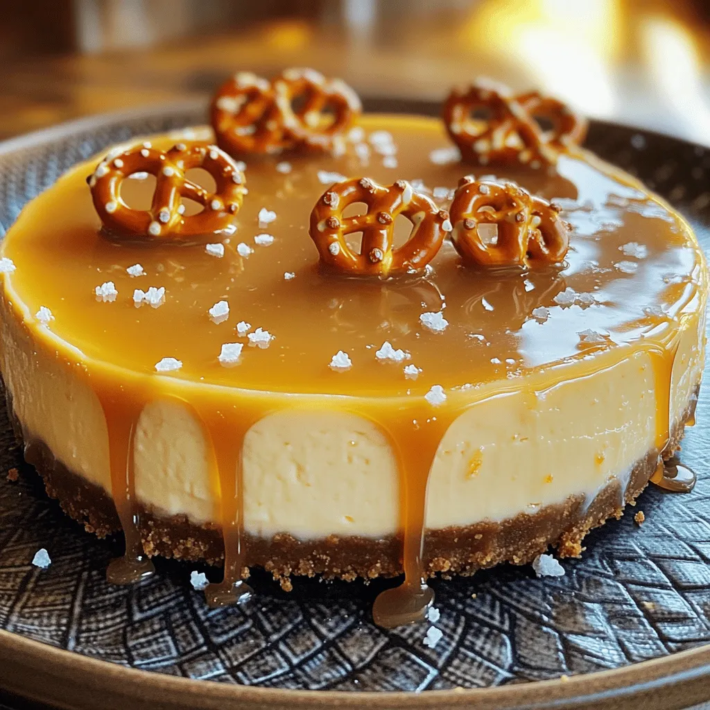 Für den Boden unseres köstlichen Käsekuchens benötigen Sie: - 2 Tassen Butterbrezelbrösel - 1/2 Tasse ungesalzene Butter, geschmolzen - 1/4 Tasse brauner Zucker Diese Zutaten sorgen für eine knusprige und salzige Basis. Die Butterbrezelbrösel geben dem Käsekuchen eine einzigartige Textur und einen tollen Geschmack. Für die Füllung brauchen Sie: - 450 g Frischkäse, weich - 200 g Kristallzucker - 1 Teelöffel Vanilleextrakt - 3 große Eier - 240 g saure Sahne - 125 ml gesalzene Karamellsauce Diese Zutaten machen die Füllung cremig und süß. Der Frischkäse sorgt für die Basis, während die gesalzene Karamellsauce den besonderen Kick gibt. Für das Topping verwenden Sie: - 125 ml gesalzene Karamellsauce - 1/2 Tasse ganze Butterbrezeln zur Dekoration - Flaky Meersalz zum Bestreuen Dieses Topping bringt alles zusammen. Die gesalzene Karamellsauce macht den Käsekuchen noch verlockender. Die Butterbrezeln und das Meersalz verleihen dem Dessert eine tolle Optik und einen zusätzlichen Crunch. Um den Boden zu machen, heize zuerst deinen Ofen auf 175 °C vor. Nimm eine Rührschüssel und mische 2 Tassen Butterbrezelbrösel, 1/2 Tasse geschmolzene ungesalzene Butter und 1/4 Tasse braunen Zucker. Mische alles gut, bis es gleichmäßig aussieht. Drücke die Mischung fest in den Boden einer 23 cm Springform. So entsteht eine feste Schicht. Backe den Boden für 10 Minuten und lasse ihn dann abkühlen. Jetzt kommt der Spaß! Nimm eine große Schüssel und rühre 450 g weichen Frischkäse mit einem Handmixer glatt. Füge 200 g Kristallzucker nach und nach hinzu. Mixe weiter, bis alles gut vermischt ist. Gib 1 Teelöffel Vanilleextrakt dazu und rühre es unter. Jetzt fügst du die Eier hinzu. Nimm 3 große Eier und gebe sie nacheinander in die Mischung. Rühre nach jeder Zugabe kurz auf niedriger Stufe. Zum Schluss rühre 240 g saure Sahne und 125 ml gesalzene Karamellsauce unter, bis die Masse schön cremig ist. Gieße die Käsekuchenfüllung auf den abgekühlten Brezelboden. Glätte die Oberfläche mit einem Spatel. Backe den Käsekuchen 50 bis 60 Minuten. Die Mitte sollte fest sein, aber leicht wackeln. Schalte den Ofen aus und öffne die Tür einen Spalt. Lass den Käsekuchen eine Stunde im warmen Ofen abkühlen, um Risse zu vermeiden. Nach dem Backen nimm den Käsekuchen aus dem Ofen. Stelle ihn für mindestens 4 Stunden, besser über Nacht, in den Kühlschrank. So wird er schön fest. Vermeiden Sie es, den Käsekuchen zu lange zu backen. Der Käsekuchen sollte in der Mitte leicht wackeln. Wenn er zu fest ist, wird er trocken. Auch ist es wichtig, die Eier einzeln und in niedriger Stufe hinzuzufügen. So bleibt die Füllung schön cremig. Lassen Sie den Käsekuchen im Ofen abkühlen, um Risse zu verhindern. Um die perfekte Konsistenz zu erzielen, verwenden Sie weichen Frischkäse. Nehmen Sie diesen mindestens eine Stunde vorher aus dem Kühlschrank. So wird er leichter cremig. Mischen Sie die Zutaten gut, aber übermixen Sie sie nicht. Die saure Sahne verleiht dem Käsekuchen eine schöne Cremigkeit, also fügen Sie sie zuletzt hinzu. Für eine schöne Präsentation träufeln Sie die Karamellsauce gleichmäßig über den Käsekuchen. Dekorieren Sie mit ganzen Butterbrezeln und streuen Sie etwas flaky Meersalz darüber. Servieren Sie die Stücke auf stilvollen Tellern. Fügen Sie zusätzlich Karamellsoßen-Tropfen und eine Butterbrezel obendrauf hinzu. Das sieht nicht nur gut aus, sondern schmeckt auch köstlich. {{image_4}} Ich liebe es, mit verschiedenen Karamellsaucen zu experimentieren. Du kannst selbstgemachte Sauce verwenden. Mische Zucker und Wasser in einem Topf, bis es karamellisiert. Für ein anderes Aroma probiere Schokoladenkaramell. Es gibt viele Möglichkeiten! Für einen glutenfreien Boden kannst du glutenfreie Brezeln nutzen. Mahle sie zu Bröseln und mische sie mit geschmolzener Butter. Das gibt dem Käsekuchen den gleichen tollen Geschmack und die Textur. So können auch glutenfreie Genießer diese Leckerei genießen. Füge einen Hauch Zimt oder Muskatnuss zur Käsekuchenfüllung hinzu. Diese Gewürze geben dem Kuchen eine warme Note. Auch ein Schuss Espresso kann die Karamellnoten verstärken. Sei kreativ und finde deine perfekte Mischung! Kühlen ist wichtig für die Frische des Käsekuchens. Nach dem Backen lasse den Kuchen mindestens vier Stunden im Kühlschrank. Am besten über Nacht, damit er fest wird. Decke die Springform mit Frischhaltefolie ab. So bleibt er frisch und nimmt keine Gerüche auf. Im Kühlschrank bleibt der Käsekuchen etwa fünf bis sieben Tage gut. Achte darauf, ihn in einem luftdichten Behälter zu lagern. So bleibt die Textur weich und der Geschmack intensiv. Wenn du ihn länger aufbewahren möchtest, solltest du ihn einfrieren. Um den Käsekuchen einzufrieren, lasse ihn zuerst vollständig abkühlen. Schneide ihn in Stücke und lege sie in einen Gefrierbeutel. Drücke die Luft heraus und schließe den Beutel gut. So bleibt der Käsekuchen bis zu drei Monate frisch. Zum Auftauen lege die Stücke einfach über Nacht in den Kühlschrank. Um gesalzene Karamellsauce zu machen, brauchen Sie Zucker, Butter, Sahne und Salz. 1. Erhitzen Sie 1 Tasse Zucker in einem Topf über mittlerer Hitze. 2. Rühren Sie den Zucker um, bis er schmilzt und goldbraun wird. 3. Fügen Sie 6 Esslöffel Butter hinzu und rühren Sie gut. 4. Gießen Sie langsam 1/2 Tasse Sahne dazu und rühren Sie weiter. 5. Fügen Sie 1 Teelöffel Meersalz hinzu. Lassen Sie die Sauce abkühlen. Selbstgemachte Sauce schmeckt frisch und ist perfekt für den Käsekuchen. Ja, Sie können verschiedene Kekse verwenden. Verwenden Sie zerbröselte Graham-Cracker oder Oreos für einen anderen Geschmack. Diese Alternativen geben dem Käsekuchen einen neuen Kick. Achten Sie darauf, dass die Kekse gut zerbröselt sind. Mischen Sie sie mit Butter und Zucker, wie im Rezept beschrieben. So bleibt der Boden stabil und lecker. Der Käsekuchen sollte mindestens 4 Stunden im Kühlschrank stehen. Besser ist es, ihn über Nacht kühlen zu lassen. So wird er fest und die Aromen können sich gut entfalten. Stellen Sie sicher, dass der Käsekuchen gut abgedeckt ist. So bleibt er frisch und nimmt keine anderen Gerüche auf. Genießen Sie ihn kalt für die beste Textur und den besten Geschmack. Zusammengefasst haben wir die besten Zutaten, Schritte und Tipps für deinen Käsekuchen besprochen. Von der perfekten Füllung bis zu tollen Variationen gibt es viele Wege, diesen Kuchen zu genießen. Denke daran, häufige Fehler zu vermeiden, um die beste Konsistenz zu erreichen. Wenn du die richtigen Lagerinformationen beachtest, bleibt dein Käsekuchen frisch. Probiere verschiedene Geschmäcker aus und mache ihn ganz nach deinem Wunsch. So wird jeder Bissen zum Genuss!