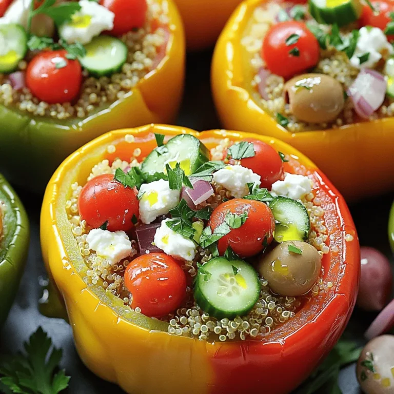 - 4 große Paprika (jede Farbe nach Wahl) - 1 Tasse gekochter Quinoa oder Couscous - 1 Tasse Kirschtomaten, halbiert - 1 Tasse Gurke, gewürfelt - 1/2 Tasse rote Zwiebel, fein gehackt - 1/2 Tasse Kalamata-Oliven, entsteint und in Scheiben geschnitten Die großen Paprika sind wichtig, um die Füllung gut zu halten. Du kannst jede Farbe wählen: rot, gelb oder grün. Quinoa oder Couscous geben der Füllung eine tolle Textur. Die Kirschtomaten und Gurken sorgen für Frische. Rote Zwiebeln bringen einen süßen, leicht scharfen Geschmack. Die Kalamata-Oliven fügen einen salzigen, herzhaften Akzent hinzu. - 1/2 Tasse zerbröckelter Feta-Käse - 2 Esslöffel frische Petersilie, gehackt - 2 Esslöffel frische Minze, gehackt - 3 Esslöffel Olivenöl - 2 Esslöffel Zitronensaft - Salz und Pfeffer nach Geschmack Feta-Käse bringt Cremigkeit und einen salzigen Geschmack. Die frischen Kräuter, Petersilie und Minze, geben ein tolles Aroma. Olivenöl und Zitronensaft sorgen für einen leckeren Dressing. Salz und Pfeffer sind wichtig, um die Aromen zu betonen. Diese Zutaten machen die Füllung nicht nur schmackhaft, sondern auch gesund und bunt. Heize deinen Ofen auf 190°C vor. Das sorgt dafür, dass die Paprika gleichmäßig garen. Nimm die großen Paprika und schneide die Oberseiten ab. Entferne die Samen und die Membranen. So entstehen hohle Tassen, die du später füllen kannst. Stelle die vorbereiteten Paprika in eine Backform aufrecht. In einer großen Schüssel vermenge den gekochten Quinoa, die halbierten Kirschtomaten, die gewürfelte Gurke, die fein gehackte rote Zwiebel, die geschnittenen Kalamata-Oliven, den zerbröckelten Feta-Käse, die gehackte Petersilie und die gehackte Minze. Diese Zutaten bringen frische und Farbe in die Füllung. In einer kleinen Schüssel verquirle das Olivenöl, den Zitronensaft, Salz und Pfeffer. Gieße das Dressing über die Quinoa-Mischung. Rühre gut um, bis alles gleichmäßig bedeckt ist. Fülle vorsichtig jede hohle Paprika mit der Mischung. Drücke die Füllung leicht an, um sie zu verdichten. Träufle etwas zusätzliches Olivenöl über die Oberseiten der gefüllten Paprika. Decke die Backform mit Aluminiumfolie ab. Backe die Paprika im vorgeheizten Ofen etwa 25 Minuten lang. Entferne die Folie und backe die Paprika weitere 10-15 Minuten, bis sie zart und leicht angebräunt sind. Lass die Paprika einige Minuten abkühlen, bevor du sie servierst. Garniere nach Wunsch mit zusätzlicher Petersilie oder Minze. Um den besten Geschmack in deinen gefüllten Paprika zu erreichen, nutze frische Zutaten. Frisches Gemüse macht den Unterschied. Wähle knackige Paprika in verschiedenen Farben. Sie sehen nicht nur gut aus, sondern bringen auch mehr Geschmack. Achte auf die Füllmenge der Paprika. Fülle die Paprika bis zum Rand, aber überfülle sie nicht. Wenn du die Füllung leicht andrückst, bleibt alles besser zusammen. So vermeidest du, dass die Füllung beim Backen herausfällt. Die Präsentation ist wichtig, um deine gefüllten Paprika appetitlich zu zeigen. Stelle die Paprika in eine schöne Auflaufform. Du kannst sie mit frischen Kräutern garnieren, um mehr Farbe und Geschmack zu bringen. Serviere die Paprika mit einem frischen Salat oder knusprigem Brot. Das ergänzt die Aromen perfekt. Du kannst auch Joghurt oder Tzatziki als Dip anbieten. Das gibt einen tollen, kühlen Kontrast zu den warmen Paprika. {{image_4}} Wenn du Feta-Käse vermeiden möchtest, gibt es tolle Alternativen. Du kannst zum Beispiel veganen Käse verwenden. Er gibt den gefüllten Paprika einen ähnlichen Geschmack. Eine weitere Option sind zerdrückte Avocados. Sie bringen eine cremige Textur und einen frischen Geschmack. Wenn du keinen Quinoa oder Couscous magst, versuche Bulgur oder Hirse. Diese Körner sind leicht und bieten eine gute Basis für die Füllung. Du kannst auch Reis nutzen, wenn du es einfacher halten möchtest. Du kannst die Füllung ganz nach deinem Geschmack anpassen. Zucchini, Auberginen oder Spinat sind tolle Gemüseoptionen. Sie fügen mehr Farbe und Nährstoffe hinzu. Auch Kichererbsen oder schwarze Bohnen passen gut. Diese Hülsenfrüchte machen die Füllung sättigender. Bei den Gewürzen kannst du kreativ sein. Kümmel oder Paprika geben einen warmen Geschmack. Frische Kräuter wie Dill oder Oregano bringen eine neue Note. Experimentiere mit dem, was du magst. So werden deine gefüllten Paprika immer wieder anders und spannend! Wenn du Reste von den gefüllten Paprika hast, bewahre sie abgedeckt im Kühlschrank auf. So bleiben sie frisch und lecker. Du kannst sie in einem luftdichten Behälter lagern. Vor dem Servieren erwärmst du sie einfach in der Mikrowelle oder im Ofen. So schmecken sie fast wie frisch gemacht. Die Haltbarkeit der gefüllten Paprika beträgt etwa drei bis vier Tage im Kühlschrank. Möchtest du sie länger aufbewahren? Dann empfehle ich dir, die gefüllten Paprika einzufrieren. Wickel sie gut in Frischhaltefolie oder lege sie in einen gefrierfesten Behälter. So bleiben sie bis zu drei Monate haltbar. Wenn du sie essen möchtest, lasse sie über Nacht im Kühlschrank auftauen. Dann kannst du sie wie gewohnt aufwärmen. Gefüllte Paprika halten im Kühlschrank etwa 3 bis 5 Tage. Achten Sie darauf, sie in einem luftdichten Behälter zu lagern. So bleiben sie frisch und lecker. Wenn Sie die Paprika richtig lagern, vermeiden Sie, dass sie matschig werden. Ja, Sie können die Paprika im Voraus zubereiten. Füllen Sie die Paprika und lagern Sie sie im Kühlschrank. Sie können die gefüllten Paprika bis zu einem Tag im Voraus machen. Wenn Sie bereit sind, sie zu backen, heizen Sie den Ofen vor und backen Sie sie direkt aus dem Kühlschrank. So sparen Sie Zeit und machen das Kochen einfacher. Zu gefüllten Paprika passen viele Beilagen. Hier sind einige Vorschläge: - Ein frischer grüner Salat - Knuspriges Brot oder Fladenbrot - Joghurt-Dip mit Knoblauch und Gurke - Ein leichter Weißwein oder spritziger Rosé Diese Kombinationen runden die Mahlzeit ab und machen sie noch köstlicher. Die gefüllten Paprika sind eine tolle Wahl für jede Mahlzeit. Wir haben die frischen Zutaten und Schritte besprochen, um sie perfekt zuzubereiten. In der Anleitung fandest du Tipps für die Füllung und optimale Lagerung. Diese einfache, leckere Speise bringt Abwechslung auf deinen Tisch. Experimentiere mit verschiedenen Füllungen und Varianten, um deinen eigenen Geschmack zu finden. Die gefüllten Paprika sind nicht nur nahrhaft, sondern auch ansprechend. Viel Spaß beim Zubereiten!