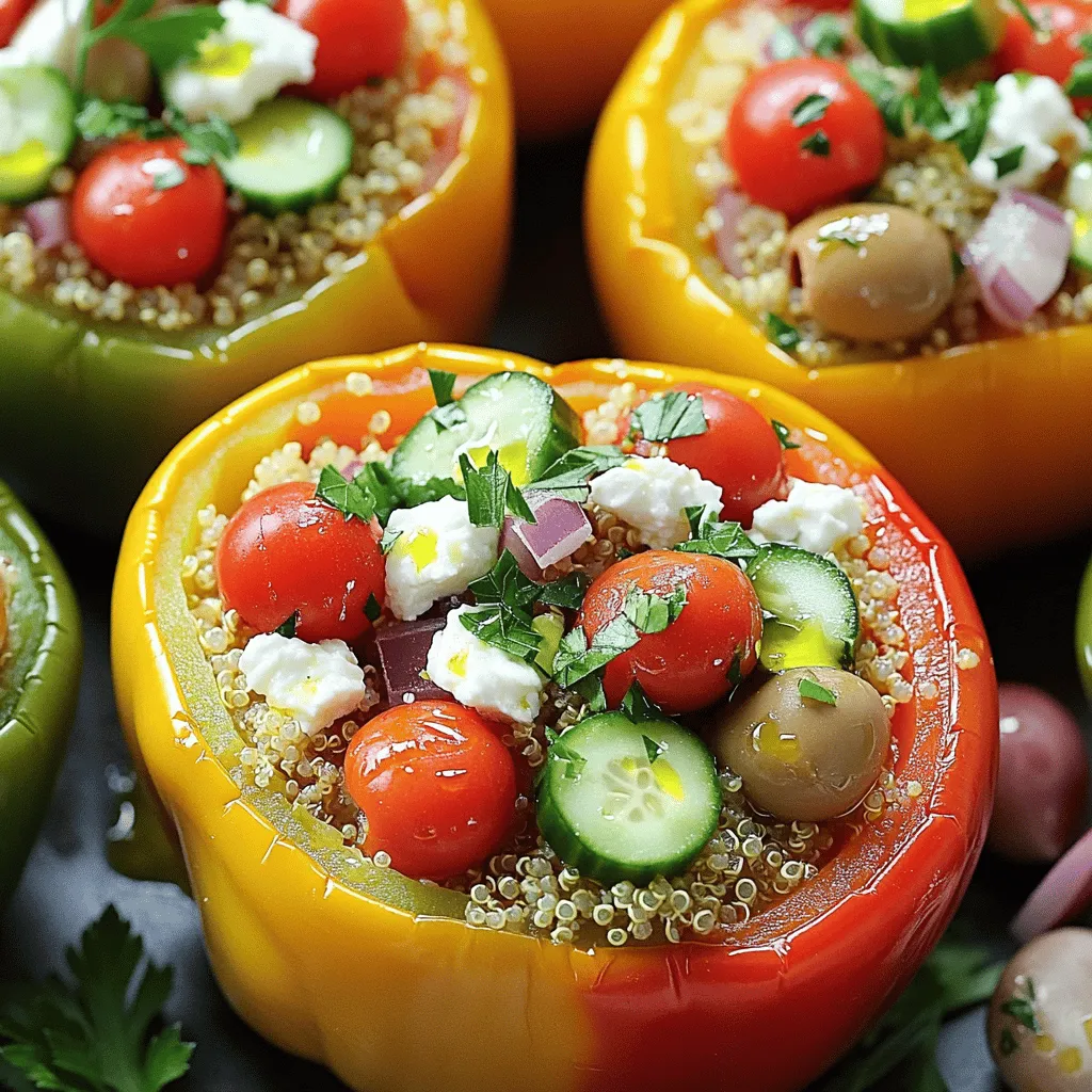 - 4 große Paprika (jede Farbe nach Wahl) - 1 Tasse gekochter Quinoa oder Couscous - 1 Tasse Kirschtomaten, halbiert - 1 Tasse Gurke, gewürfelt - 1/2 Tasse rote Zwiebel, fein gehackt - 1/2 Tasse Kalamata-Oliven, entsteint und in Scheiben geschnitten Die großen Paprika sind wichtig, um die Füllung gut zu halten. Du kannst jede Farbe wählen: rot, gelb oder grün. Quinoa oder Couscous geben der Füllung eine tolle Textur. Die Kirschtomaten und Gurken sorgen für Frische. Rote Zwiebeln bringen einen süßen, leicht scharfen Geschmack. Die Kalamata-Oliven fügen einen salzigen, herzhaften Akzent hinzu. - 1/2 Tasse zerbröckelter Feta-Käse - 2 Esslöffel frische Petersilie, gehackt - 2 Esslöffel frische Minze, gehackt - 3 Esslöffel Olivenöl - 2 Esslöffel Zitronensaft - Salz und Pfeffer nach Geschmack Feta-Käse bringt Cremigkeit und einen salzigen Geschmack. Die frischen Kräuter, Petersilie und Minze, geben ein tolles Aroma. Olivenöl und Zitronensaft sorgen für einen leckeren Dressing. Salz und Pfeffer sind wichtig, um die Aromen zu betonen. Diese Zutaten machen die Füllung nicht nur schmackhaft, sondern auch gesund und bunt. Heize deinen Ofen auf 190°C vor. Das sorgt dafür, dass die Paprika gleichmäßig garen. Nimm die großen Paprika und schneide die Oberseiten ab. Entferne die Samen und die Membranen. So entstehen hohle Tassen, die du später füllen kannst. Stelle die vorbereiteten Paprika in eine Backform aufrecht. In einer großen Schüssel vermenge den gekochten Quinoa, die halbierten Kirschtomaten, die gewürfelte Gurke, die fein gehackte rote Zwiebel, die geschnittenen Kalamata-Oliven, den zerbröckelten Feta-Käse, die gehackte Petersilie und die gehackte Minze. Diese Zutaten bringen frische und Farbe in die Füllung. In einer kleinen Schüssel verquirle das Olivenöl, den Zitronensaft, Salz und Pfeffer. Gieße das Dressing über die Quinoa-Mischung. Rühre gut um, bis alles gleichmäßig bedeckt ist. Fülle vorsichtig jede hohle Paprika mit der Mischung. Drücke die Füllung leicht an, um sie zu verdichten. Träufle etwas zusätzliches Olivenöl über die Oberseiten der gefüllten Paprika. Decke die Backform mit Aluminiumfolie ab. Backe die Paprika im vorgeheizten Ofen etwa 25 Minuten lang. Entferne die Folie und backe die Paprika weitere 10-15 Minuten, bis sie zart und leicht angebräunt sind. Lass die Paprika einige Minuten abkühlen, bevor du sie servierst. Garniere nach Wunsch mit zusätzlicher Petersilie oder Minze. Um den besten Geschmack in deinen gefüllten Paprika zu erreichen, nutze frische Zutaten. Frisches Gemüse macht den Unterschied. Wähle knackige Paprika in verschiedenen Farben. Sie sehen nicht nur gut aus, sondern bringen auch mehr Geschmack. Achte auf die Füllmenge der Paprika. Fülle die Paprika bis zum Rand, aber überfülle sie nicht. Wenn du die Füllung leicht andrückst, bleibt alles besser zusammen. So vermeidest du, dass die Füllung beim Backen herausfällt. Die Präsentation ist wichtig, um deine gefüllten Paprika appetitlich zu zeigen. Stelle die Paprika in eine schöne Auflaufform. Du kannst sie mit frischen Kräutern garnieren, um mehr Farbe und Geschmack zu bringen. Serviere die Paprika mit einem frischen Salat oder knusprigem Brot. Das ergänzt die Aromen perfekt. Du kannst auch Joghurt oder Tzatziki als Dip anbieten. Das gibt einen tollen, kühlen Kontrast zu den warmen Paprika. {{image_4}} Wenn du Feta-Käse vermeiden möchtest, gibt es tolle Alternativen. Du kannst zum Beispiel veganen Käse verwenden. Er gibt den gefüllten Paprika einen ähnlichen Geschmack. Eine weitere Option sind zerdrückte Avocados. Sie bringen eine cremige Textur und einen frischen Geschmack. Wenn du keinen Quinoa oder Couscous magst, versuche Bulgur oder Hirse. Diese Körner sind leicht und bieten eine gute Basis für die Füllung. Du kannst auch Reis nutzen, wenn du es einfacher halten möchtest. Du kannst die Füllung ganz nach deinem Geschmack anpassen. Zucchini, Auberginen oder Spinat sind tolle Gemüseoptionen. Sie fügen mehr Farbe und Nährstoffe hinzu. Auch Kichererbsen oder schwarze Bohnen passen gut. Diese Hülsenfrüchte machen die Füllung sättigender. Bei den Gewürzen kannst du kreativ sein. Kümmel oder Paprika geben einen warmen Geschmack. Frische Kräuter wie Dill oder Oregano bringen eine neue Note. Experimentiere mit dem, was du magst. So werden deine gefüllten Paprika immer wieder anders und spannend! Wenn du Reste von den gefüllten Paprika hast, bewahre sie abgedeckt im Kühlschrank auf. So bleiben sie frisch und lecker. Du kannst sie in einem luftdichten Behälter lagern. Vor dem Servieren erwärmst du sie einfach in der Mikrowelle oder im Ofen. So schmecken sie fast wie frisch gemacht. Die Haltbarkeit der gefüllten Paprika beträgt etwa drei bis vier Tage im Kühlschrank. Möchtest du sie länger aufbewahren? Dann empfehle ich dir, die gefüllten Paprika einzufrieren. Wickel sie gut in Frischhaltefolie oder lege sie in einen gefrierfesten Behälter. So bleiben sie bis zu drei Monate haltbar. Wenn du sie essen möchtest, lasse sie über Nacht im Kühlschrank auftauen. Dann kannst du sie wie gewohnt aufwärmen. Gefüllte Paprika halten im Kühlschrank etwa 3 bis 5 Tage. Achten Sie darauf, sie in einem luftdichten Behälter zu lagern. So bleiben sie frisch und lecker. Wenn Sie die Paprika richtig lagern, vermeiden Sie, dass sie matschig werden. Ja, Sie können die Paprika im Voraus zubereiten. Füllen Sie die Paprika und lagern Sie sie im Kühlschrank. Sie können die gefüllten Paprika bis zu einem Tag im Voraus machen. Wenn Sie bereit sind, sie zu backen, heizen Sie den Ofen vor und backen Sie sie direkt aus dem Kühlschrank. So sparen Sie Zeit und machen das Kochen einfacher. Zu gefüllten Paprika passen viele Beilagen. Hier sind einige Vorschläge: - Ein frischer grüner Salat - Knuspriges Brot oder Fladenbrot - Joghurt-Dip mit Knoblauch und Gurke - Ein leichter Weißwein oder spritziger Rosé Diese Kombinationen runden die Mahlzeit ab und machen sie noch köstlicher. Die gefüllten Paprika sind eine tolle Wahl für jede Mahlzeit. Wir haben die frischen Zutaten und Schritte besprochen, um sie perfekt zuzubereiten. In der Anleitung fandest du Tipps für die Füllung und optimale Lagerung. Diese einfache, leckere Speise bringt Abwechslung auf deinen Tisch. Experimentiere mit verschiedenen Füllungen und Varianten, um deinen eigenen Geschmack zu finden. Die gefüllten Paprika sind nicht nur nahrhaft, sondern auch ansprechend. Viel Spaß beim Zubereiten!