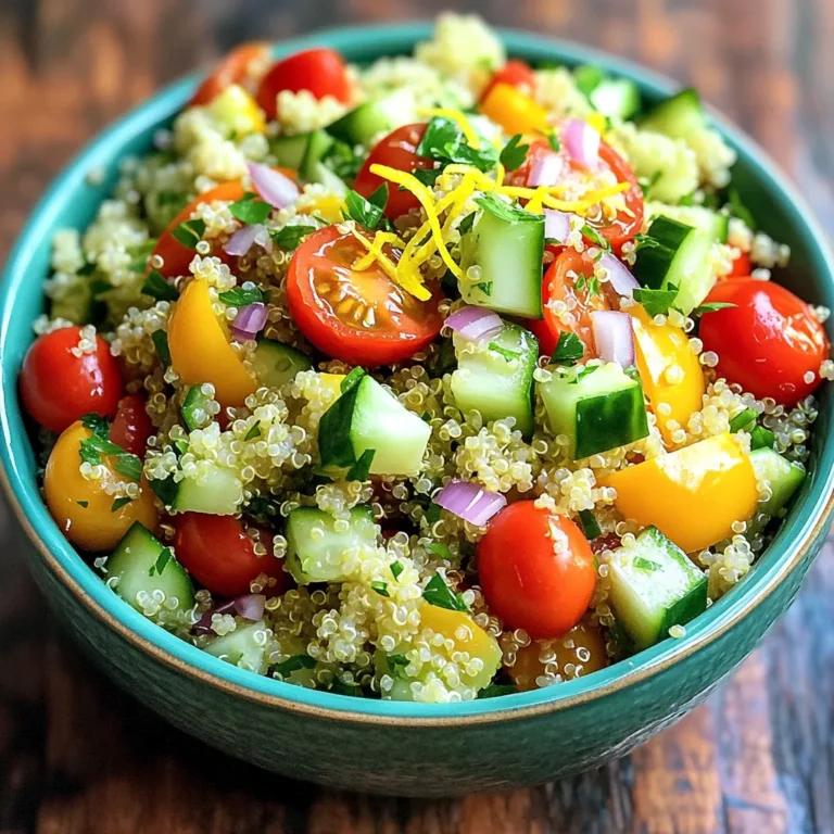 Für den Zitronenkräuter-Quinoa-Salat brauche ich einige frische und gesunde Zutaten. Hier sind sie: - 1 Tasse Quinoa, gründlich gewaschen - 2 Tassen Gemüsebrühe (oder Wasser) - 1 Tasse Kirschtomaten, halbiert - 1 Gurke, gewürfelt - 1 Paprika (rot oder gelb), gewürfelt - ½ rote Zwiebel, fein gehackt - ½ Tasse frische Petersilie, grob gehackt - ¼ Tasse frische Minze, grob gehackt Quinoa ist die Basis. Ich wasche sie gut, um den bitteren Geschmack zu entfernen. Dann koche ich sie in Gemüsebrühe. Das bringt mehr Geschmack in den Salat. Kirschtomaten, Gurke und Paprika geben Frische und Farbe. Rote Zwiebeln fügen einen knackigen Biss hinzu. Petersilie und Minze sorgen für ein frisches Aroma. Die richtigen Gewürze und Öle machen den Salat besonders lecker. Hier ist, was ich benutze: - ¼ Tasse Olivenöl - Saft von 2 Zitronen - Schale von 1 Zitrone - Salz und Pfeffer nach Geschmack Olivenöl sorgt für einen reichen Geschmack. Zitronensaft und -schale bringen Frische und Säure. Salz und Pfeffer runden alles ab. Ich mische das Dressing gut, damit es gleichmäßig verteilt wird. Um den Salat noch besser zu machen, kann ich einige optionale Zutaten hinzufügen: - ¼ Tasse Feta-Käse, zerbröckelt (für eine nicht-vegane Option) Feta-Käse gibt dem Salat eine cremige Textur. Er passt gut zu den frischen Zutaten. Wenn ich vegan bleiben möchte, lasse ich den Käse einfach weg. Mit diesen Zutaten ist der Zitronenkräuter-Quinoa-Salat frisch und nahrhaft. Zuerst waschen Sie die Quinoa gut. Das entfernt Bitterstoffe. Nehmen Sie einen mittelgroßen Topf. Geben Sie die gewaschene Quinoa und die Gemüsebrühe hinein. Stellen Sie die Hitze hoch, bis es kocht. Reduzieren Sie dann die Hitze und decken Sie den Topf ab. Lassen Sie die Quinoa 15 Minuten köcheln. Nach 15 Minuten sollte die Quinoa fluffig sein. Nehmen Sie den Topf vom Herd und lassen Sie ihn abkühlen. In einer großen Schüssel vermengen Sie die abgekühlte Quinoa. Fügen Sie die Kirschtomaten, die Gurke, die Paprika und die rote Zwiebel hinzu. Geben Sie auch die gehackte Petersilie und Minze dazu. Mischen Sie alles vorsichtig, damit die Zutaten ganz bleiben. Achten Sie darauf, dass sich die Farben schön mischen. Nehmen Sie eine kleine Schüssel. Gießen Sie das Olivenöl hinein. Fügen Sie dann den Zitronensaft und die Zitronenschale hinzu. Streuen Sie Salz und Pfeffer dazu. Rühren Sie alles gut mit einem Schneebesen. Das Dressing sollte schön cremig und glatt sein. Gießen Sie das Dressing gleichmäßig über die Quinoa-Mischung. Mischen Sie alles sanft, damit der Salat gut gewürzt wird. Schmecken Sie ab und passen Sie nach Bedarf an. Wenn Sie Feta mögen, heben Sie ihn vorsichtig unter. Decken Sie den Salat ab und stellen Sie ihn für mindestens 30 Minuten in den Kühlschrank. So können die Aromen gut durchziehen. Servieren Sie den Salat kühl oder bei Zimmertemperatur. Quinoa ist sehr einfach zu kochen. Du musst sie zuerst gründlich waschen. Das entfernt Bitterstoffe. Koche die gewaschene Quinoa mit Gemüsebrühe oder Wasser. Bring die Flüssigkeit zum Kochen. Reduziere dann die Hitze und decke den Topf ab. Lass die Quinoa 15 Minuten köcheln. Sie sollte fluffig sein und die ganze Flüssigkeit aufnehmen. Lass sie danach etwas abkühlen. So bleibt sie locker und lecker. Du kannst den Geschmack deines Salats ganz einfach ändern. Füge mehr Zitronensaft hinzu, wenn du es sauer magst. Wenn du es süßer willst, probiere etwas Honig. Kräuter wie Basilikum oder Koriander bringen neue Aromen. Du kannst auch mehr Gemüse hinzufügen, um es bunter zu machen. Geschmack ist wichtig. Probiere die Mischung und passe sie nach deinem Wunsch an. Serviere den Salat kalt oder bei Zimmertemperatur. Er ist perfekt für Picknicks oder Grillpartys. Du kannst ihn auch in einer Schüssel anrichten oder in Gläser füllen. So sieht er schön aus. Wenn du Gäste hast, kannst du Feta-Käse darüber streuen. Er gibt dem Salat eine cremige Note. Egal wie du ihn servierst, dieser Salat wird immer gut ankommen! {{image_4}} Wenn du eine vegane Option suchst, lass den Feta-Käse einfach weg. Der Salat bleibt frisch und lecker. Du kannst auch Avocado hinzufügen. Sie gibt eine cremige Textur und gesunde Fette. Statt Olivenöl kannst du auch ein anderes Pflanzenöl verwenden. Nussöl oder Sesamöl passen gut. Um mehr Protein hinzuzufügen, probiere Kichererbsen oder schwarze Bohnen. Diese Hülsenfrüchte sind nahrhaft und sättigend. Du kannst auch geröstete Nüsse oder Samen verwenden. Mandeln oder Sonnenblumenkerne geben einen tollen Crunch. Diese Optionen machen den Salat noch nahrhafter. Denke daran, saisonale Zutaten zu wählen. Im Sommer sind frische Tomaten und Gurken am besten. Im Herbst kannst du Kürbis oder geröstete Süßkartoffeln verwenden. Diese Zutaten bringen Farbe und neuen Geschmack in deinen Salat. Achte darauf, was gerade frisch ist. So bleibt dein Salat spannend und lecker. Du kannst den Zitronenkräuter-Quinoa-Salat einfach im Kühlschrank aufbewahren. Verwende einen luftdichten Behälter. So bleibt der Salat frisch und lecker. Er hält sich dort bis zu fünf Tage. Stelle sicher, dass der Salat gut gekühlt ist, bevor du ihn in den Kühlschrank stellst. Das Einfrieren des Salats ist nicht ideal, aber möglich. Der Salat kann die Textur verlieren, wenn er gefroren wird. Wenn du ihn dennoch einfrieren möchtest, achte darauf, die Zutaten gut zu trennen. Die Quinoa kann gut eingefroren werden, das Gemüse eher nicht. Nach dem Auftauen kann der Salat etwas matschig sein. Um die Frische zu bewahren, achte darauf, den Salat nicht zu lange bei Raumtemperatur stehen zu lassen. Nach dem Servieren solltest du ihn sofort in den Kühlschrank stellen. Wenn du den Salat mit Feta-Käse zubereitest, esse ihn innerhalb von drei Tagen. So schmeckt er am besten. Du kannst den Zitronenkräuter-Quinoa-Salat bis zu drei Tage im Kühlschrank aufbewahren. Achte darauf, ihn in einem luftdichten Behälter zu lagern. So bleibt er frisch und lecker. Nach ein paar Tagen kann der Salat etwas weich werden, aber der Geschmack bleibt toll. Ja, du kannst andere Kräuter verwenden! Basilikum, Schnittlauch oder Koriander passen gut dazu. Experimentiere mit verschiedenen Kräutern, um deinen eigenen Geschmack zu finden. Frische Kräuter bringen viel Aroma in den Salat. So bleibt er immer spannend und abwechslungsreich. Ja, dieser Salat ist sehr gesund! Quinoa ist eine tolle Proteinquelle und enthält viele Ballaststoffe. Das Gemüse sorgt für wichtige Vitamine und Mineralien. Die Kräuter bringen noch mehr Nährstoffe und Geschmack. Wenn du Feta-Käse hinzufügst, bekommst du auch etwas Calcium. Dieser Salat ist ideal für eine ausgewogene Ernährung. Dieser Blogbeitrag hat die wichtigsten Zutaten und Schritte für den Zitronenkräuter-Quinoa-Salat vorgestellt. Wir haben gelernt, wie man Quinoa kocht und die Zutaten mixen kann. Ich habe Tipps gegeben, um den Geschmack zu verbessern und das Rezept anzupassen. Variationen bieten gute Alternativen und frische Zutaten. Bewertungen zeigen, wie lange der Salat hält und welche Kräuter man verwenden kann. Mache diesen Salat zu deinem nächsten gesunden Gericht. Er ist einfach und voller Geschmack. Nutze diese Tipps, um ihn nach deinem Geschmack zu gestalten. Viel Spaß beim Ausprobieren!