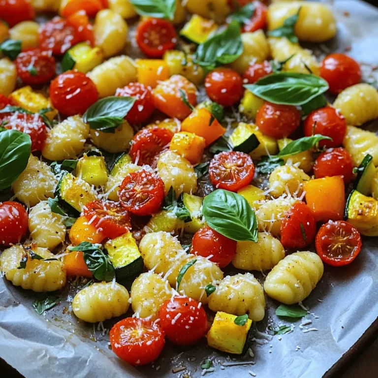 Die Hauptzutaten sind einfach und lecker. Du brauchst: - 450 g Gnocchi (frisch oder haltbar) - 85 g ungesalzene Butter, geschmolzen - 4 Knoblauchzehen, fein gehackt - 240 ml Cherrytomaten, halbiert - 1 Paprika, gewürfelt (jede Farbe) - 1 kleine Zucchini, in Scheiben geschnitten Diese Zutaten machen das Gericht bunt und schmackhaft. Gnocchi sind das Herzstück. Sie sind weich und nehmen den Geschmack gut auf. Die Gewürze bringen alles zum Leben. Du brauchst: - 1 Teelöffel italienische Gewürzmischung - Salz und Pfeffer nach Geschmack Die italienische Gewürzmischung gibt einen tollen Geschmack. Salz und Pfeffer sind wichtig für den letzten Schliff. Sie helfen, alle Aromen zu vereinen. Ein paar optionale Zutaten können das Gericht noch besser machen. Denke an: - Frische Basilikumblätter zum Garnieren - Geriebener Parmesan zum Servieren Basilikum bringt Frische und Farbe. Parmesan fügt einen herzhaften Geschmack hinzu. Du kannst beides nach Belieben verwenden. Heize deinen Ofen auf 220°C vor. Nimm ein großes Backblech und lege es mit Backpapier aus. Das macht die Reinigung leicht. Du willst sicherstellen, dass die Gnocchi und das Gemüse nicht kleben bleiben. In einer Schüssel mischst du die geschmolzene Butter mit dem fein gehackten Knoblauch. Rühre alles gut um. Lass die Mischung dann beiseite. Der Knoblauch verleiht dem Gericht tollen Geschmack. Verteile die Gnocchi gleichmäßig auf dem Backblech. Füge die halbierten Cherrytomaten, die gewürfelte Paprika und die Zucchini-Scheiben hinzu. Diese Farben machen dein Gericht lebendig. Gieße die Knoblauchbutter darüber. Bestreue alles mit der italienischen Gewürzmischung, Salz und Pfeffer. Vermenge die Zutaten vorsichtig, bis alles gut überzogen ist. Verteile die Mischung in einer einzigen Schicht auf dem Blech. Röste das Ganze im Ofen für 20 bis 25 Minuten. Rühre alles nach der Hälfte der Zeit um. So garen die Gnocchi und das Gemüse gleichmäßig. Nimm das Blech aus dem Ofen, wenn die Gnocchi goldbraun sind. Lass das Gericht kurz abkühlen. Garniere es mit frischen Basilikumblättern und geriebenem Parmesan, wenn du magst. Ich liebe frische Gnocchi. Sie sind weich und schmecken toll. Haltbare Gnocchi sind jedoch praktisch. Sie sind einfach zu lagern und schnell bereit. Wenn du frische Gnocchi nimmst, koche sie kurz, bevor du sie backst. Haltbare Gnocchi brauchen das nicht. Beides kann sehr gut im Ofen gebacken werden. Die Backzeit ist wichtig für knusprige Gnocchi. Stelle deinen Ofen auf 220°C ein. Röste die Gnocchi und das Gemüse für 20 bis 25 Minuten. Rühre die Mischung nach der Hälfte um. So garen sie gleichmäßig. Achte darauf, dass die Gnocchi goldbraun sind. Das bedeutet, dass sie perfekt sind. Serviere die Gnocchi heiß aus dem Ofen. Garniere sie mit frischen Basilikumblättern. Parmesan ist eine schöne Option, aber nicht nötig. Du kannst auch einen Spritzer Zitronensaft hinzufügen. Das gibt einen tollen Geschmack. Serviere dazu einen frischen grünen Salat. So hast du eine komplette Mahlzeit. {{image_4}} Du kannst viele verschiedene Gemüsesorten für deine Gnocchi wählen. Brokkoli, Spinat oder Karotten sind tolle Alternativen. Diese Gemüsesorten bringen neue Farben und Texturen. Du kannst auch Pilze für einen herzhaften Geschmack nutzen. Experimentiere mit dem Gemüse, das du magst. So macht das Kochen mehr Spaß. Die Gewürze sind der Schlüssel zu einem tollen Gericht. Du kannst frische Kräuter wie Thymian oder Rosmarin verwenden. Diese Kräuter geben dem Gericht einen tollen Duft. Auch Paprika oder Cayennepfeffer sorgen für eine angenehme Schärfe. Die italienische Gewürzmischung kannst du nach Belieben anpassen. Probiere verschiedene Kombinationen aus, um deinen perfekten Geschmack zu finden. Wenn du eine vegane Option möchtest, ersetze die Butter durch pflanzliche Margarine. So bleibt das Gericht vegan und lecker. Für glutenfreie Gnocchi gibt es spezielle Sorten aus Kartoffeln oder Reis. Achte beim Kauf auf die Etiketten, um sicherzugehen, dass sie glutenfrei sind. Diese Optionen machen das Rezept für alle zugänglich. Du solltest die Reste in einem luftdichten Behälter aufbewahren. So bleiben die Gnocchi frisch. Lass das Gericht zuerst abkühlen. Danach kannst du es in den Behälter geben. Stelle sicher, dass die Reste nicht länger als zwei Stunden bei Raumtemperatur stehen. So vermeidest du Bakterien. Um die Gnocchi wieder warm zu machen, nutze den Ofen oder die Mikrowelle. Für den Ofen, heize ihn auf 180°C vor. Lege die Gnocchi auf ein Backblech. Decke sie mit Alufolie ab, damit sie nicht austrocknen. Backe sie etwa 10-15 Minuten. In der Mikrowelle erwärmst du sie in kurzen Intervallen. Rühre die Gnocchi zwischen den Intervallen um, um eine gleichmäßige Wärme zu erreichen. Im Kühlschrank sind die Gnocchi bis zu drei Tage haltbar. Stelle sicher, dass sie gut verpackt sind. Im Gefrierschrank halten sie bis zu zwei Monate. Um sie einzufrieren, lege sie auf ein Backblech. Friere sie zuerst ein, bevor du sie in einen Behälter gibst. So kleben sie nicht zusammen. Die Zubereitung von Backblech-Gnocchi dauert insgesamt etwa 35 Minuten. Die Vorbereitung nimmt nur 10 Minuten in Anspruch. Das Backen dauert 20 bis 25 Minuten. In dieser kurzen Zeit kannst du ein leckeres Gericht zaubern. Ja, du kannst dieses Rezept im Voraus zubereiten. Bereite einfach alles vor und lege es auf das Backblech. Du kannst die Mischung auch abdecken und bis zu einem Tag im Kühlschrank aufbewahren. Wenn du bereit bist, backe es einfach im Ofen. Zu den Backblech-Gnocchi passen viele Beilagen. Ein frischer grüner Salat ist eine gute Wahl. Auch Knoblauchbrot oder ein einfacher Joghurt-Dip ergänzen das Gericht. Diese Beilagen bringen frische und zusätzliche Aromen ins Spiel. Für die Garnitur empfehle ich geriebenen Parmesan oder Pecorino. Diese Käsesorten schmelzen gut und fügen einen herzhaften Geschmack hinzu. Auch Mozzarella oder Feta sind tolle Optionen. Sie bringen eine cremige Textur und einen reichen Geschmack. Backblech-Gnocchi ist einfach und lecker. Wir haben die wichtigsten Zutaten, die Zubereitung, Tipps und Variationen besprochen. Jetzt weißt du, wie du Gnocchi perfekt backst und anrichtest. Denke daran, frisches Gemüse und Gewürze zu nutzen. Du kannst das Rezept an deinen Geschmack anpassen. Mit diesen Tipps machst du jede Zubereitung besonders. Probiere neue Variationen aus und teile sie mit Freunden. Deine Gnocchi werden ein Hit auf jeder Tafel!
