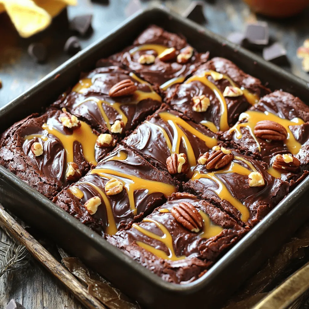 Für die perfekten Schokoladen-Karamell-Schildkröten-Brownies brauchen wir folgende Zutaten: - 1 Tasse ungesalzene Butter, geschmolzen - 2 Tassen Kristallzucker - 4 große Eier - 1 Teelöffel Vanilleextrakt - 1 Tasse Weizenmehl (Type 550) - 1 Tasse ungesüßtes Kakaopulver - 1 Teelöffel Backpulver - 1/2 Teelöffel Salz - 1 Tasse gehackte Pekannüsse (geröstet, wenn gewünscht) - 1 Tasse Karamellsauce (fertig gekauft oder hausgemacht) - 1/2 Tasse Schokoladenstückchen Jede Zutat hat ihren eigenen Zweck. Butter gibt den Brownies Feuchtigkeit und Geschmack. Zucker sorgt für die Süße und hilft, die Struktur zu entwickeln. Eier binden die Zutaten und machen die Brownies reichhaltig. Vanilleextrakt fügt einen tiefen, aromatischen Geschmack hinzu. Mehl sorgt für die Basis und gibt Halt. Kakaopulver bringt den Schokoladengeschmack. Backpulver lässt die Brownies aufgehen und macht sie fluffig. Salz hebt die Aromen hervor. Pekannüsse bringen Crunch und einen nussigen Geschmack. Karamellsauce verleiht eine süße, klebrige Schicht. Schokoladenstückchen fügen zusätzliche Schokolade hinzu. Wenn du glutenfreie Brownies machen willst, kannst du das Weizenmehl durch Mandel- oder Kokosmehl ersetzen. Für vegane Brownies, tausche die Eier gegen Leinsamen oder Apfelmus. Nutze vegane Butter und pflanzliche Karamellsauce. Diese Anpassungen machen die Brownies für verschiedene Ernährungsweisen geeignet. Um die Schokoladen-Karamell-Schildkröten-Brownies perfekt zu machen, starte mit der Vorbereitung. Heize deinen Ofen auf 175°C vor. Fette eine 23x33 cm große Backform ein oder lege sie mit Backpapier aus. Das macht das Herausnehmen der Brownies einfacher. Stelle alle Zutaten bereit. Du brauchst Butter, Zucker, Eier, Vanilleextrakt, Mehl, Kakaopulver, Backpulver, Salz, Pekannüsse, Karamellsauce und Schokoladenstückchen. Beginne mit einer großen Rührschüssel. Vermenge die geschmolzene Butter mit dem Kristallzucker. Rühre gut, bis alles gleichmäßig gemischt ist. Füge dann die Eier nacheinander hinzu und rühre nach jedem Ei gut um. Gib den Vanilleextrakt dazu. In einer separaten Schüssel siebe das Mehl, Kakaopulver, Backpulver und Salz. Mische diese trockenen Zutaten gut. Füge sie dann nach und nach zu den feuchten Zutaten. Rühre, bis alles gerade so verbunden ist. Hebe die gehackten Pekannüsse und die Schokoladenstückchen vorsichtig unter. Gieße die Hälfte des Brownieteigs in die vorbereitete Backform. Verteile ihn gleichmäßig. Träufle die Hälfte der Karamellsauce über den Teig. Verteile die Karamellsauce vorsichtig, um einen Karamellstrang zu erzeugen. Gieße den restlichen Teig über die Karamellschicht und glätte die Oberfläche. Träufle die restliche Karamellsauce oben auf den Teig. Wenn du magst, füge ein paar extra Schokoladenstückchen oder Pekannüsse zur Dekoration hinzu. Backe die Brownies 30–35 Minuten. Ein Zahnstocher sollte größtenteils sauber herauskommen. Lass die Brownies mindestens 20 Minuten in der Form bei Raumtemperatur abkühlen. Warte, bis sie fest sind. Jetzt kannst du sie in Quadrate schneiden. Diese Brownies schmecken warm am besten. Du kannst sie mit Karamellsauce und gehackten Pekannüssen servieren. Ein Stück Vanilleeis dazu macht das Dessert perfekt. Um die perfekte Konsistenz deiner Brownies zu erreichen, achte auf die Temperatur der Zutaten. Verwende weiche Butter und Raumtemperatur-Eier. Das sorgt für ein gleichmäßiges Rühren. Mische die trockenen Zutaten gut, bevor du sie zu den feuchten Zutaten hinzufügst. So verhinderst du Klumpen. Achte darauf, den Teig nicht zu übermixen, wenn du die trockenen Zutaten hinzufügst. Ein paar kleine Klumpen sind völlig in Ordnung. Ein häufiger Fehler ist, die Brownies zu lange zu backen. Die Karamellsauce macht sie feucht. Überprüfe die Brownies nach 30 Minuten. Ein Zahnstocher sollte leicht klebrig sein. Ein weiterer Fehler ist, die Brownies zu früh zu schneiden. Lass sie nach dem Backen mindestens 20 Minuten abkühlen. Das macht das Schneiden einfacher und die Stücke bleiben ganz. Die Dekoration macht deine Brownies besonders. Du kannst die Brownies warm servieren, mit zusätzlicher Karamellsauce beträufelt. Streue gehackte Pekannüsse oder Schokoladenstückchen darüber. Für einen besonderen Kick, serviere sie mit einer Kugel Vanilleeis. Das macht das Dessert noch köstlicher! {{image_4}} Du kannst die Schokoladen-Karamell-Schildkröten-Brownies ganz einfach anpassen. Hier sind einige tolle Ideen für Toppings und Mix-Ins: - Geröstete Mandeln: Diese Nüsse bringen einen tollen Crunch. - Weiße Schokolade: Füge weiße Schokoladenstückchen hinzu für einen süßen Kontrast. - Himbeeren oder Erdbeeren: Beeren bieten eine frische Note und einen schönen Farbkontrast. - Kokosraspeln: Diese geben eine tropische Note und mehr Textur. Wenn du verschiedene Geschmäcker hast, kannst du die Brownies leicht anpassen. Hier sind einige Vorschläge: - Vegan: Ersetze die Eier durch Apfelmus oder Leinsamen. Nutze pflanzliche Butter. - Glutenfrei: Verwende glutenfreies Mehl. Achte darauf, dass die anderen Zutaten glutenfrei sind. - Süßstoff: Verwende alternative Süßstoffe, wenn du Zucker reduzieren möchtest. Wenn du Reste hast, nutze sie kreativ. Hier sind einige Ideen: - Eisbecher: Zerbrich die Brownies und serviere sie über Vanilleeis. - Kekse: Mische kleine Stücke der Brownies in Keksteig. - Milchshake: Mixe Brownie-Stücke mit Milch und etwas Eis für einen leckeren Shake. Diese Variationen machen deine Brownies einzigartig und spannend! Brownies sind eine süße Versuchung, die man gut lagern kann. Um die Frische zu bewahren, lege die Brownies in einen luftdichten Behälter. Verwende Backpapier, um sie zu trennen. So bleiben sie weich und saftig. Achte darauf, die Brownies nicht zu lange der Luft auszusetzen. Im Kühlschrank halten die Brownies bis zu einer Woche. Verpacke sie gut, damit sie nicht austrocknen. Die Karamellsauce bleibt so auch schön klebrig. Vor dem Genuss kannst du die Brownies kurz aufwärmen. Das macht sie noch leckerer. Möchtest du die Brownies länger lagern? Dann friere sie ein! Schneide die Brownies in Stücke und lege sie in einen Gefrierbeutel. Diese Methode schützt vor Frostbrand. So bleiben sie bis zu drei Monate frisch. Wenn du sie essen möchtest, lass sie einfach bei Raumtemperatur auftauen. Sie schmecken fast wie frisch gebacken! Selbstgemachte Brownies halten sich gut. Sie bleiben frisch für etwa 3 bis 5 Tage. Lagere sie in einem luftdichten Behälter bei Raumtemperatur. So bleiben sie weich und lecker. Im Kühlschrank können sie bis zu einer Woche halten. Aber sie können dann etwas trockener werden. Ja, du kannst die Karamellsauce ganz einfach selbst machen. Du brauchst nur Zucker, Butter und Sahne. Koche den Zucker langsam in einem Topf, bis er schmilzt und goldbraun wird. Füge dann die Butter hinzu und rühre gut um. Gieße die Sahne vorsichtig dazu und rühre weiter. Lass die Sauce abkühlen, bevor du sie verwendest. Für diese Brownies kannst du verschiedene Nüsse nutzen. Cashewkerne sind eine gute Wahl, wenn du etwas Weiches magst. Mandeln geben einen knackigen Biss. Wenn du auf Nüsse verzichten möchtest, kannst du sie einfach weglassen. Die Brownies sind auch ohne Nüsse sehr lecker. Die besten Beilagen sind ganz einfach! Eine Kugel Vanilleeis passt perfekt zu den Brownies. Auch Schlagsahne oder frische Beeren schmecken toll dazu. Du kannst die Brownies auch mit extra Karamellsauce garnieren. So wird jedes Stück zu einem Genuss. Zusammenfassend haben wir die Hauptzutaten für Schokoladen-Karamell-Schildkröten-Brownies diskutiert. Du hast gelernt, wie wichtig die Zutaten sind und welche Alternativen es gibt. Die Schritt-für-Schritt-Anleitung zeigte dir, wie du den perfekten Teig zubereitest. Wir haben auch nützliche Tipps gegeben, um häufige Fehler zu vermeiden und dekorative Ideen anzubieten. Variationen und Lagerungshinweise runden das Thema ab. Jetzt kannst du deine eigenen köstlichen Brownies backen und genießen. Viel Spaß beim Ausprobieren!