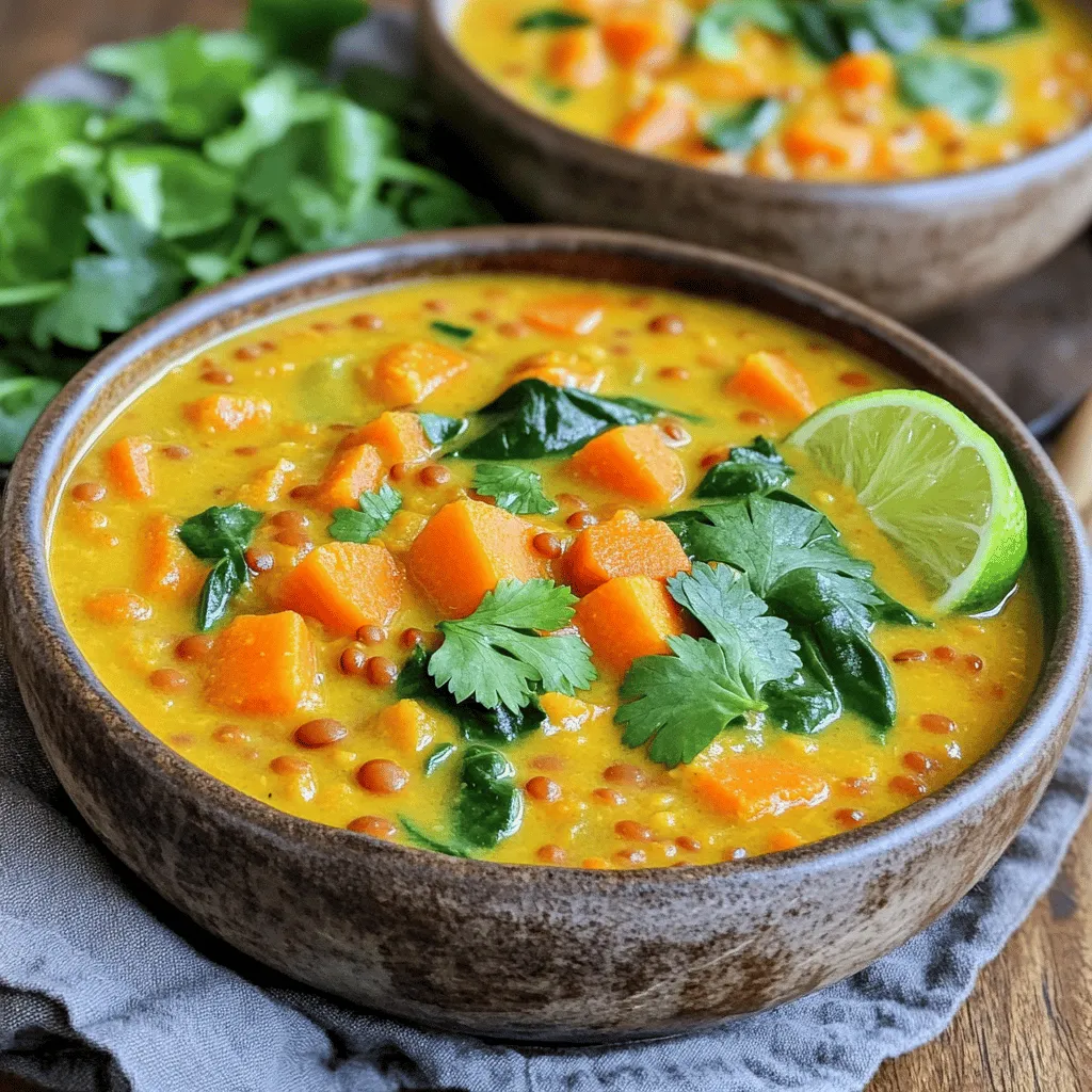 Für die Linsensuppe brauchst du eine Mischung frischer und gesunder Zutaten. Hier sind die Hauptzutaten: - 1 Tasse rote Linsen, gut gewaschen - 1 Dose (400 ml) Kokosmilch - 4 Tassen Gemüsebrühe - 1 mittlere Zwiebel, grob gehackt - 3 Knoblauchzehen, fein gehackt - 1 Esslöffel frischer Ingwer, gerieben - 1 Tasse Karotten, gewürfelt - 1 Tasse Süßkartoffeln, gewürfelt - 1 Tasse Spinat, grob gehackt - 2 Esslöffel Olivenöl - Salz und Pfeffer nach Geschmack Die roten Linsen sind der Hauptbestandteil. Sie geben der Suppe eine tolle Konsistenz und viel Protein. Die Kokosmilch sorgt für eine cremige Textur und einen leckeren Geschmack. Die Gewürze machen die Suppe besonders aromatisch. Du benötigst: - 1 Esslöffel Currypulver - 1 Teelöffel gemahlener Kreuzkümmel - 1/2 Teelöffel Kurkuma Das Currypulver bringt Wärme und Tiefe. Kreuzkümmel fügt einen erdigen Geschmack hinzu. Kurkuma verleiht der Suppe eine schöne Farbe und hat viele gesundheitliche Vorteile. Garnierungen machen das Gericht schön und geschmackvoll. Du kannst verwenden: - Frischer Koriander, zum Garnieren - Limettenstücke, für zusätzlichen Geschmack Eine gute Beilage ist knuspriges Brot. Du kannst die Suppe auch auf Reis servieren. So wird die Mahlzeit sättigender und leckerer. Zuerst musst du die Zutaten bereitstellen. Du brauchst: - 1 Tasse rote Linsen, gut gewaschen - 1 Dose (400 ml) Kokosmilch - 4 Tassen Gemüsebrühe - 1 mittlere Zwiebel, grob gehackt - 3 Knoblauchzehen, fein gehackt - 1 Esslöffel frischer Ingwer, gerieben - 1 Esslöffel Currypulver - 1 Teelöffel gemahlener Kreuzkümmel - 1/2 Teelöffel Kurkuma - 1 Tasse Karotten, gewürfelt - 1 Tasse Süßkartoffeln, gewürfelt - 1 Tasse Spinat, grob gehackt - 2 Esslöffel Olivenöl - Salz und Pfeffer nach Geschmack - Frischer Koriander, zum Garnieren Stelle sicher, dass alles bereit ist. So sparst du Zeit beim Kochen. Erhitze das Olivenöl in einem großen Topf bei mittlerer Hitze. Füge die gehackte Zwiebel hinzu. Dünste sie für 4–5 Minuten, bis sie glasig wird. Nun gib den gehackten Knoblauch und den geriebenen Ingwer dazu. Brate alles für 1–2 Minuten an. Die Aromen werden jetzt stark und köstlich. Rühre das Currypulver, den Kreuzkümmel und den Kurkuma ein. Lass die Gewürze etwa 1 Minute anrösten. Diese Schritte bringen die Aromen zusammen. Füge jetzt die gewürfelten Karotten und Süßkartoffeln in den Topf. Rühre gut um, damit sie sich mit den Gewürzen bedecken. Lass das Gemüse für 5 Minuten kochen. Es wird leicht weich. Gieße dann die Gemüsebrühe und die Kokosmilch hinein. Bring die Mischung sanft zum Kochen. Gib die gewaschenen Linsen dazu. Reduziere die Hitze auf niedrig. Lass die Suppe 25–30 Minuten köcheln. Die Linsen und das Gemüse werden zart. Füge den grob gehackten Spinat hinzu. Koche alles für weitere 5 Minuten, bis der Spinat verwelkt ist. Schmecke die Suppe mit Salz und Pfeffer ab. Das ist wichtig, um den Geschmack zu verbessern. Löffle die Suppe in Schalen. Garniere sie mit frischem Koriander. Serviere die Suppe heiß mit einem Limettenstück an der Seite. Optional kannst du knuspriges Brot oder Reis dazu reichen. Um die perfekte Konsistenz zu erzielen, achte auf die Menge der Linsen. Verwende eine Tasse rote Linsen für die beste Balance. Diese Linsen kochen schnell und werden schön cremig. Wenn die Suppe zu dick wird, füge einfach mehr Gemüsebrühe dazu. Magst du es dünner? Gieße nach Belieben etwas mehr Kokosmilch hinein. Die Gewürze sind der Schlüssel zu diesem Gericht. Probier verschiedene Geschmäcker aus. Füge zum Beispiel einen Hauch von Chili hinzu, wenn du es schärfer magst. Du kannst auch frische Kräuter wie Basilikum oder Petersilie verwenden. Experimentiere mit anderen Gemüsearten wie Zucchini oder Paprika. Das gibt der Suppe mehr Farbe und Nährstoffe. Die besten Beilagen machen dein Essen noch besser. Serviere die Suppe mit knusprigem Brot oder frisch gebackenem Naan. Das Brot nimmt die Aromen auf und macht das Essen sättigender. Ein frischer Salat passt auch gut dazu. Du kannst sogar die Suppe über Reis servieren, um eine sättigende Mahlzeit zu schaffen. {{image_4}} Für eine vegetarische und vegane Suppe ist dieses Rezept perfekt. Die Linsen und Kokosmilch bieten viel Protein und gesunde Fette. Du kannst die Gemüsebrühe auch durch Gemüsefond ersetzen. Das gibt der Suppe noch mehr Geschmack. Fühle dich frei, mehr Gemüse hinzuzufügen. Zucchini, Paprika oder grüne Bohnen passen gut. Sie bringen zusätzliche Farben und Nährstoffe. Mit Brokkoli erhältst du eine tolle Textur. Experimentiere mit dem Gemüse, das du liebst oder was du gerade zu Hause hast. Wenn du es scharf magst, füge frische Chili oder Cayennepfeffer hinzu. Auch ein Spritzer Sriracha gibt einen tollen Kick. Für weniger Schärfe kannst du die Gewürze einfach reduzieren. So bleibt die Suppe mild und cremig. Um deine Reste der Kokos-Curry-Linsensuppe frisch zu halten, nutze luftdichte Behälter. Lass die Suppe zuerst auf Raumtemperatur abkühlen. Dann fülle sie in die Behälter. So bleiben die Aromen und die Frische erhalten. Du kannst die Suppe bis zu drei Tage im Kühlschrank lagern. Achte darauf, sie gut zu beschriften. Das hilft dir, die Reste nicht zu vergessen. Wenn du mehr Suppe hast, kannst du sie einfrieren. Gieße die abgekühlte Suppe in gefriergeeignete Behälter oder Beutel. Lass etwas Platz, da die Suppe beim Gefrieren expandiert. Beschrifte die Behälter mit dem Datum. So weißt du, wie lange sie schon eingefroren ist. Die Suppe bleibt bis zu drei Monate im Gefrierfach gut. Um die Suppe wieder aufzuwärmen, nimm sie aus dem Kühlschrank oder Gefrierfach. Wenn die Suppe gefroren ist, lass sie zuerst im Kühlschrank auftauen. Zum Aufwärmen gib die Suppe in einen Topf. Erhitze sie bei mittlerer Hitze und rühre regelmäßig. Du kannst auch etwas Wasser oder Brühe hinzufügen, wenn sie zu dick ist. Achte darauf, dass sie gut durchwärmt ist, bevor du sie servierst. Die Kokos-Curry-Linsensuppe hält sich im Kühlschrank etwa 4 bis 5 Tage. Achte darauf, sie in einem luftdichten Behälter zu lagern. Wenn du sie länger aufbewahren möchtest, friere die Suppe ein. So bleibt sie bis zu 3 Monate frisch. Achte darauf, die Suppe in Portionen einzufrieren. So kannst du im Handumdrehen eine leckere Mahlzeit genießen. Du kannst die Linsen vorher einweichen, aber es ist nicht notwendig. Rote Linsen kochen schnell und brauchen kein Einweichen. Wenn du sie einweichst, verkürzt sich die Kochzeit. Einweichen kann auch helfen, die Linsen leichter verdaulich zu machen. Wenn du weniger Zeit hast, verwende sie einfach direkt aus der Packung. Ja, diese Suppe ist sehr gesund. Sie enthält viele nährstoffreiche Zutaten. Rote Linsen sind eine großartige Proteinquelle. Sie sind auch reich an Ballaststoffen, die gut für die Verdauung sind. Kokosmilch liefert gesunde Fette, während Gemüse wie Karotten, Süßkartoffeln und Spinat Vitamine und Mineralstoffe hinzufügen. Diese Suppe ist nicht nur lecker, sondern auch gut für deinen Körper. Linsensuppe ist einfach zuzubereiten und sehr nahrhaft. Wir haben die wichtigsten Zutaten, eine Schritt-für-Schritt-Anleitung und wertvolle Tipps geteilt. Variationen wie vegane Alternativen bringen Vielfalt. Schließlich sind richtige Lagerung und Aufbewahrung wichtig für Haltbarkeit. Nutze diese Infos, um deine eigene köstliche Suppe zu kreieren. Sei kreativ und finde deinen eigenen Geschmack! Viel Spaß beim Kochen!