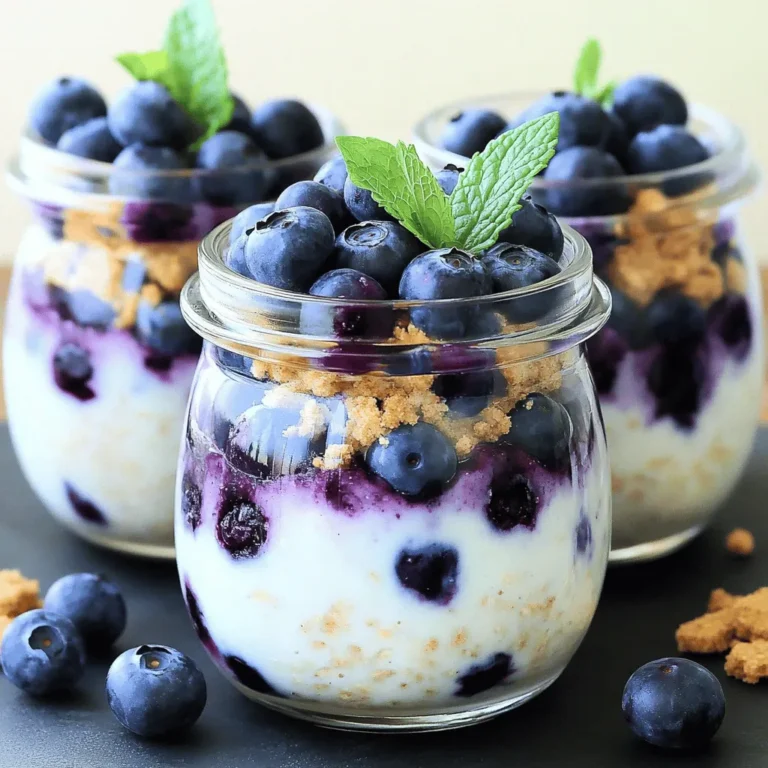 Für dieses köstliche Rezept benötigen Sie: - 1 Tasse zarte Haferflocken - 1 Tasse Mandelmilch (oder Milch nach Wahl) - 1/2 Tasse griechischer Joghurt - 1/4 Tasse Frischkäse, weichgerührt - 2 Esslöffel Ahornsirup oder Honig - 1 Teelöffel Vanilleextrakt - 1/2 Tasse frische Blaubeeren (plus extra zum Garnieren) - 1 Esslöffel Chiasamen (optional) - Eine Prise Salz - Zerstoßene Graham-Cracker-Brösel zur Dekoration Diese Zutaten machen die Basis für eine cremige und leckere Mischung. Die zarten Haferflocken sind die Hauptzutat. Sie geben der Mischung eine schöne Textur. Der griechische Joghurt und der Frischkäse sorgen für die cremige Konsistenz. Sie können verschiedene Milchsorten verwenden. Mandelmilch ist eine tolle Wahl, aber Sie können auch Sojamilch oder Hafermilch nehmen. Jede Milch bringt ihren eigenen Geschmack mit. Wenn Sie es cremiger mögen, probieren Sie Vollmilch oder Kokosmilch. Diese Variationen machen das Rezept noch spannender. Um die Nährstoffe zu erhöhen, fügen Sie Chiasamen hinzu. Diese kleinen Samen sind reich an Omega-3-Fettsäuren. Sie sind auch eine gute Quelle für Ballaststoffe. Wenn Sie mehr Fruchtgeschmack möchten, können Sie auch andere Beeren wie Himbeeren oder Erdbeeren verwenden. Diese Zusätze machen die Übernacht Haferflocken nicht nur lecker, sondern auch gesund. Um deine Blaubeer-Käsekuchen Übernacht Haferflocken zuzubereiten, beginne mit einer großen Schüssel. Füge dort 1 Tasse zarte Haferflocken hinzu. Gieße 1 Tasse Mandelmilch dazu. Es ist wichtig, die Milch zu wählen, die dir am besten schmeckt. Dann kommen 1/2 Tasse griechischer Joghurt und 1/4 Tasse weicher Frischkäse in die Schüssel. Diese Zutaten geben der Mischung Cremigkeit. Jetzt füge 2 Esslöffel Ahornsirup oder Honig hinzu, um die Süße anzupassen. Ein Teelöffel Vanilleextrakt bringt wunderbare Aromen. Ich empfehle auch, 1 Esslöffel Chiasamen hinzuzufügen. Diese sind optional, aber sie geben zusätzliche Nährstoffe. Vergiss nicht, eine Prise Salz für den Geschmack hinzuzufügen. Rühre die Mischung mit einem Schneebesen gut durch. Achte darauf, dass der Frischkäse keine Klumpen bildet. Sobald alles gut vermischt ist, füge vorsichtig 1/2 Tasse frische Blaubeeren hinzu. Hebe sie sanft unter die Mischung. Teile die Mischung gleichmäßig auf zwei Einmachgläser oder luftdichte Behälter auf. Verschließe die Behälter gut. Lass die Haferflocken über Nacht im Kühlschrank ruhen. Wenn du es eilig hast, mindestens 4-6 Stunden sind auch gut. Diese Zeit hilft den Haferflocken, die Flüssigkeit und Aromen aufzunehmen. Am Morgen ist es Zeit, die Haferflocken zu genießen. Rühre sie gründlich durch. Wenn die Mischung zu dick ist, gib einfach einen Schuss Mandelmilch hinzu. Garnieren deine Haferflocken mit zusätzlichen frischen Blaubeeren. Das sieht nicht nur toll aus, sondern schmeckt auch frisch. Ein Hauch zerstoßener Graham-Cracker-Brösel oben drauf gibt dir den Geschmack einer Käsekuchenkruste. Präsentiere die Übernacht Haferflocken in klaren Gläsern. So kannst du die schönen Schichten sehen. Ein frischer Minzzweig als Dekoration macht das Gericht noch schöner. Ein häufiger Fehler ist, die Zutaten nicht gut zu vermischen. Wenn der Frischkäse klumpig bleibt, schmeckt es nicht gut. Rühren Sie die Mischung gründlich, bis alles glatt ist. Ein weiterer Fehler ist, die Haferflocken nicht lange genug im Kühlschrank zu lassen. Sie brauchen Zeit, um die Flüssigkeit aufzusaugen. Lassen Sie sie mindestens 4-6 Stunden ruhen. Wenn die Haferflocken am Morgen zu dick sind, fügen Sie etwas Mandelmilch hinzu. Rühren Sie gut um, bis die Mischung die gewünschte Cremigkeit hat. Das sorgt für ein besseres Mundgefühl. Wenn Sie Chiasamen verwenden, beachten Sie, dass sie die Mischung dicker machen. Dies kann eine schöne Textur hinzufügen, aber passen Sie die Flüssigkeit an. Um die Übernacht Haferflocken schön zu präsentieren, verwenden Sie klare Gläser. So sehen die Schichten und Farben toll aus. Fügen Sie oben frische Blaubeeren und zerstoßene Graham-Cracker-Brösel hinzu. Das gibt nicht nur einen optischen Akzent, sondern auch einen tollen Geschmack. Ein frischer Minzzweig oben drauf sorgt für das gewisse Etwas. {{image_4}} Wenn Sie eine vegane Option suchen, können Sie die Milch durch Hafer- oder Sojamilch ersetzen. Für den Joghurt wählen Sie einfach einen pflanzlichen Joghurt. Ersetzen Sie den Frischkäse durch einen veganen Frischkäse. So bleibt der cremige Geschmack erhalten. Verwenden Sie auch Agavendicksaft statt Honig, um die Süße zu erzielen. Diese Alternativen machen das Rezept für alle zugänglich. Fügen Sie andere Früchte hinzu, um neuen Geschmack zu entdecken. Erdbeeren, Himbeeren oder Bananen passen gut. Schneiden Sie die Früchte klein und mischen Sie sie mit den Haferflocken. Sie können auch gefrorene Früchte verwenden, wenn frische nicht verfügbar sind. Diese Variationen bringen frische Farben und Geschmäcker in Ihr Frühstück. Gewürze können das Rezept spannend machen. Zimt gibt eine warme Note, während Muskatnuss einen besonderen Kick bringt. Fügen Sie einfach eine Prise hinzu, wenn Sie die Mischung rühren. Eine kleine Menge Kakaopulver kann auch einen schokoladigen Geschmack hinzufügen. Experimentieren Sie mit verschiedenen Gewürzen, um Ihren perfekten Geschmack zu finden. Bewahre die Blaubeer-Käsekuchen Übernacht Haferflocken in einem luftdichten Behälter auf. So bleiben sie frisch. Stelle sicher, dass der Behälter fest verschlossen ist, um Gerüche zu vermeiden. So bleiben die Aromen lebendig. Du kannst die Haferflocken bis zu fünf Tage im Kühlschrank lagern. Die Haltbarkeit der Zutaten ist wichtig. Frische Blaubeeren halten sich etwa drei bis fünf Tage. Griechischer Joghurt bleibt im Kühlschrank meist bis zu zwei Wochen frisch. Achte auf das Haltbarkeitsdatum der Mandelmilch. Sie kann bis zu einer Woche nach dem Öffnen haltbar sein. Frischkäse sollte ebenfalls innerhalb von ein bis zwei Wochen verbraucht werden. Wenn du für mehrere Tage vorbereiten willst, mache eine große Portion. Teile die Mischung gleichmäßig auf mehrere Gläser auf. Du kannst die Zutaten nach Belieben variieren. Jedes Glas kann eine eigene Geschmacksnote haben. So hast du für jeden Tag eine andere Überraschung. Das spart Zeit und macht das Frühstück spannend. Sie können die Übernacht Haferflocken bis zu 4 Tage im Kühlschrank aufbewahren. Es ist wichtig, sie in einem luftdichten Behälter zu lagern. So bleiben sie frisch und lecker. Wenn Sie sie länger aufbewahren, können die Haferflocken weich werden. Achten Sie darauf, sie gut zu rühren, bevor Sie sie genießen. Ja, Sie können die Haferflocken ohne Frischkäse machen. Ersetzen Sie den Frischkäse durch mehr griechischen Joghurt. Dies macht die Mischung cremig, ohne dass Sie Frischkäse brauchen. Sie können auch pflanzliche Alternativen wie veganen Frischkäse verwenden. Experimentieren Sie mit verschiedenen Zutaten, um den Geschmack zu finden, der Ihnen gefällt. Ja, gefrorene Blaubeeren sind eine gute Option. Sie sind praktisch und oft günstiger als frische Blaubeeren. Verwenden Sie die gefrorenen Blaubeeren direkt aus dem Gefrierfach. Achten Sie jedoch darauf, dass sie beim Mischen nicht zerdrückt werden. Dies sorgt dafür, dass Ihre Haferflocken eine schöne Farbe und Textur behalten. Zusammenfassend haben wir die besten Zutaten, Zubereitungsschritte und Tipps für Blaubeer-Käsekuchen Übernacht Haferflocken betrachtet. Du kannst verschiedene Alternativen ausprobieren und kreative Variationen erstellen. Wichtig ist, die Zutaten richtig zu lagern und häufige Fehler zu vermeiden. Ich hoffe, diese Anleitung macht das Kochen einfacher und spannender. Mit diesen Informationen bereitest du leckere Haferflocken zu, die jeden Tag bereichern. Viel Spaß beim Ausprobieren!