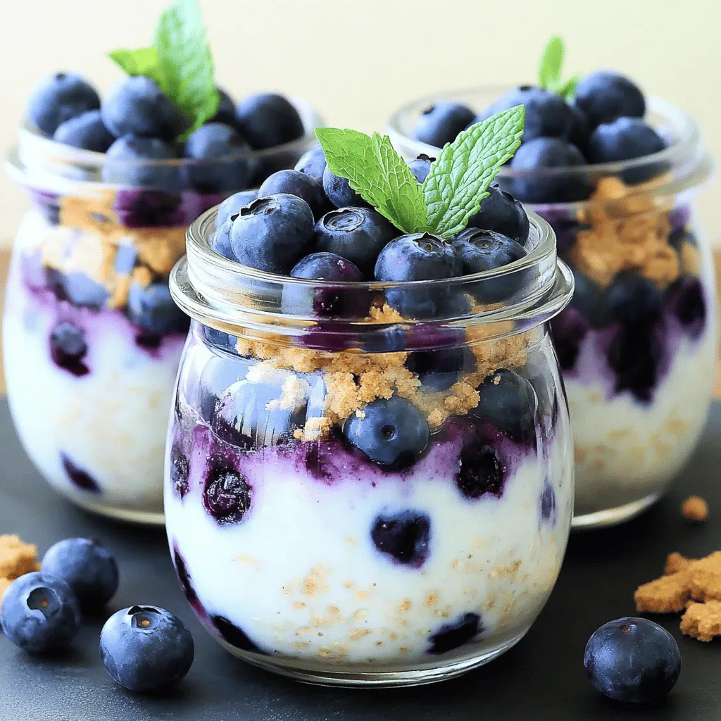 Für dieses köstliche Rezept benötigen Sie: - 1 Tasse zarte Haferflocken - 1 Tasse Mandelmilch (oder Milch nach Wahl) - 1/2 Tasse griechischer Joghurt - 1/4 Tasse Frischkäse, weichgerührt - 2 Esslöffel Ahornsirup oder Honig - 1 Teelöffel Vanilleextrakt - 1/2 Tasse frische Blaubeeren (plus extra zum Garnieren) - 1 Esslöffel Chiasamen (optional) - Eine Prise Salz - Zerstoßene Graham-Cracker-Brösel zur Dekoration Diese Zutaten machen die Basis für eine cremige und leckere Mischung. Die zarten Haferflocken sind die Hauptzutat. Sie geben der Mischung eine schöne Textur. Der griechische Joghurt und der Frischkäse sorgen für die cremige Konsistenz. Sie können verschiedene Milchsorten verwenden. Mandelmilch ist eine tolle Wahl, aber Sie können auch Sojamilch oder Hafermilch nehmen. Jede Milch bringt ihren eigenen Geschmack mit. Wenn Sie es cremiger mögen, probieren Sie Vollmilch oder Kokosmilch. Diese Variationen machen das Rezept noch spannender. Um die Nährstoffe zu erhöhen, fügen Sie Chiasamen hinzu. Diese kleinen Samen sind reich an Omega-3-Fettsäuren. Sie sind auch eine gute Quelle für Ballaststoffe. Wenn Sie mehr Fruchtgeschmack möchten, können Sie auch andere Beeren wie Himbeeren oder Erdbeeren verwenden. Diese Zusätze machen die Übernacht Haferflocken nicht nur lecker, sondern auch gesund. Um deine Blaubeer-Käsekuchen Übernacht Haferflocken zuzubereiten, beginne mit einer großen Schüssel. Füge dort 1 Tasse zarte Haferflocken hinzu. Gieße 1 Tasse Mandelmilch dazu. Es ist wichtig, die Milch zu wählen, die dir am besten schmeckt. Dann kommen 1/2 Tasse griechischer Joghurt und 1/4 Tasse weicher Frischkäse in die Schüssel. Diese Zutaten geben der Mischung Cremigkeit. Jetzt füge 2 Esslöffel Ahornsirup oder Honig hinzu, um die Süße anzupassen. Ein Teelöffel Vanilleextrakt bringt wunderbare Aromen. Ich empfehle auch, 1 Esslöffel Chiasamen hinzuzufügen. Diese sind optional, aber sie geben zusätzliche Nährstoffe. Vergiss nicht, eine Prise Salz für den Geschmack hinzuzufügen. Rühre die Mischung mit einem Schneebesen gut durch. Achte darauf, dass der Frischkäse keine Klumpen bildet. Sobald alles gut vermischt ist, füge vorsichtig 1/2 Tasse frische Blaubeeren hinzu. Hebe sie sanft unter die Mischung. Teile die Mischung gleichmäßig auf zwei Einmachgläser oder luftdichte Behälter auf. Verschließe die Behälter gut. Lass die Haferflocken über Nacht im Kühlschrank ruhen. Wenn du es eilig hast, mindestens 4-6 Stunden sind auch gut. Diese Zeit hilft den Haferflocken, die Flüssigkeit und Aromen aufzunehmen. Am Morgen ist es Zeit, die Haferflocken zu genießen. Rühre sie gründlich durch. Wenn die Mischung zu dick ist, gib einfach einen Schuss Mandelmilch hinzu. Garnieren deine Haferflocken mit zusätzlichen frischen Blaubeeren. Das sieht nicht nur toll aus, sondern schmeckt auch frisch. Ein Hauch zerstoßener Graham-Cracker-Brösel oben drauf gibt dir den Geschmack einer Käsekuchenkruste. Präsentiere die Übernacht Haferflocken in klaren Gläsern. So kannst du die schönen Schichten sehen. Ein frischer Minzzweig als Dekoration macht das Gericht noch schöner. Ein häufiger Fehler ist, die Zutaten nicht gut zu vermischen. Wenn der Frischkäse klumpig bleibt, schmeckt es nicht gut. Rühren Sie die Mischung gründlich, bis alles glatt ist. Ein weiterer Fehler ist, die Haferflocken nicht lange genug im Kühlschrank zu lassen. Sie brauchen Zeit, um die Flüssigkeit aufzusaugen. Lassen Sie sie mindestens 4-6 Stunden ruhen. Wenn die Haferflocken am Morgen zu dick sind, fügen Sie etwas Mandelmilch hinzu. Rühren Sie gut um, bis die Mischung die gewünschte Cremigkeit hat. Das sorgt für ein besseres Mundgefühl. Wenn Sie Chiasamen verwenden, beachten Sie, dass sie die Mischung dicker machen. Dies kann eine schöne Textur hinzufügen, aber passen Sie die Flüssigkeit an. Um die Übernacht Haferflocken schön zu präsentieren, verwenden Sie klare Gläser. So sehen die Schichten und Farben toll aus. Fügen Sie oben frische Blaubeeren und zerstoßene Graham-Cracker-Brösel hinzu. Das gibt nicht nur einen optischen Akzent, sondern auch einen tollen Geschmack. Ein frischer Minzzweig oben drauf sorgt für das gewisse Etwas. {{image_4}} Wenn Sie eine vegane Option suchen, können Sie die Milch durch Hafer- oder Sojamilch ersetzen. Für den Joghurt wählen Sie einfach einen pflanzlichen Joghurt. Ersetzen Sie den Frischkäse durch einen veganen Frischkäse. So bleibt der cremige Geschmack erhalten. Verwenden Sie auch Agavendicksaft statt Honig, um die Süße zu erzielen. Diese Alternativen machen das Rezept für alle zugänglich. Fügen Sie andere Früchte hinzu, um neuen Geschmack zu entdecken. Erdbeeren, Himbeeren oder Bananen passen gut. Schneiden Sie die Früchte klein und mischen Sie sie mit den Haferflocken. Sie können auch gefrorene Früchte verwenden, wenn frische nicht verfügbar sind. Diese Variationen bringen frische Farben und Geschmäcker in Ihr Frühstück. Gewürze können das Rezept spannend machen. Zimt gibt eine warme Note, während Muskatnuss einen besonderen Kick bringt. Fügen Sie einfach eine Prise hinzu, wenn Sie die Mischung rühren. Eine kleine Menge Kakaopulver kann auch einen schokoladigen Geschmack hinzufügen. Experimentieren Sie mit verschiedenen Gewürzen, um Ihren perfekten Geschmack zu finden. Bewahre die Blaubeer-Käsekuchen Übernacht Haferflocken in einem luftdichten Behälter auf. So bleiben sie frisch. Stelle sicher, dass der Behälter fest verschlossen ist, um Gerüche zu vermeiden. So bleiben die Aromen lebendig. Du kannst die Haferflocken bis zu fünf Tage im Kühlschrank lagern. Die Haltbarkeit der Zutaten ist wichtig. Frische Blaubeeren halten sich etwa drei bis fünf Tage. Griechischer Joghurt bleibt im Kühlschrank meist bis zu zwei Wochen frisch. Achte auf das Haltbarkeitsdatum der Mandelmilch. Sie kann bis zu einer Woche nach dem Öffnen haltbar sein. Frischkäse sollte ebenfalls innerhalb von ein bis zwei Wochen verbraucht werden. Wenn du für mehrere Tage vorbereiten willst, mache eine große Portion. Teile die Mischung gleichmäßig auf mehrere Gläser auf. Du kannst die Zutaten nach Belieben variieren. Jedes Glas kann eine eigene Geschmacksnote haben. So hast du für jeden Tag eine andere Überraschung. Das spart Zeit und macht das Frühstück spannend. Sie können die Übernacht Haferflocken bis zu 4 Tage im Kühlschrank aufbewahren. Es ist wichtig, sie in einem luftdichten Behälter zu lagern. So bleiben sie frisch und lecker. Wenn Sie sie länger aufbewahren, können die Haferflocken weich werden. Achten Sie darauf, sie gut zu rühren, bevor Sie sie genießen. Ja, Sie können die Haferflocken ohne Frischkäse machen. Ersetzen Sie den Frischkäse durch mehr griechischen Joghurt. Dies macht die Mischung cremig, ohne dass Sie Frischkäse brauchen. Sie können auch pflanzliche Alternativen wie veganen Frischkäse verwenden. Experimentieren Sie mit verschiedenen Zutaten, um den Geschmack zu finden, der Ihnen gefällt. Ja, gefrorene Blaubeeren sind eine gute Option. Sie sind praktisch und oft günstiger als frische Blaubeeren. Verwenden Sie die gefrorenen Blaubeeren direkt aus dem Gefrierfach. Achten Sie jedoch darauf, dass sie beim Mischen nicht zerdrückt werden. Dies sorgt dafür, dass Ihre Haferflocken eine schöne Farbe und Textur behalten. Zusammenfassend haben wir die besten Zutaten, Zubereitungsschritte und Tipps für Blaubeer-Käsekuchen Übernacht Haferflocken betrachtet. Du kannst verschiedene Alternativen ausprobieren und kreative Variationen erstellen. Wichtig ist, die Zutaten richtig zu lagern und häufige Fehler zu vermeiden. Ich hoffe, diese Anleitung macht das Kochen einfacher und spannender. Mit diesen Informationen bereitest du leckere Haferflocken zu, die jeden Tag bereichern. Viel Spaß beim Ausprobieren!