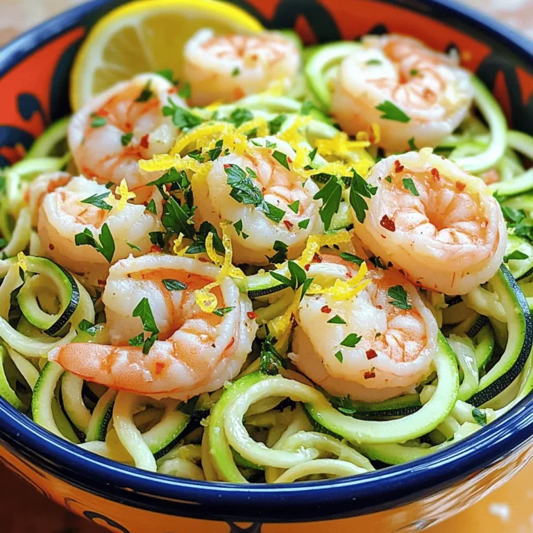 Für dieses leckere Gericht brauchen Sie: - 2 mittelgroße Zucchini (für Zoodles) - 450 g große Garnelen, geschält und entdarmt - 3 Esslöffel Olivenöl, aufgeteilt - 4 Knoblauchzehen, fein gehackt - 1 Teelöffel rote Pfefferflocken (optional) - 1 Zitrone (Saft und Schale) - Salz und Pfeffer nach Geschmack - 60 g frische Petersilie, gehackt - 60 g frisch geriebener Parmesan (optional für die Garnitur) Zuerst bereiten wir die Zoodles vor. Sie können einen Spiralizer oder einen Gemüseschäler benutzen. Schneiden Sie die Zucchini in lange, dünne Streifen. Legen Sie die Zoodles beiseite. Die Aromen in diesem Gericht sind wichtig. Der Knoblauch bringt einen starken Geschmack. Die Zitrone sorgt für Frische und einen tollen Kontrast. Verwenden Sie frische Petersilie für einen zusätzlichen Farb- und Geschmacksakzent. Die roten Pfefferflocken geben etwas Schärfe, aber das ist optional. Achten Sie darauf, alles gut abzuwiegen und nach Ihrem Geschmack zu würzen. Um die Zoodles zu machen, nehmen Sie zwei Zucchini. Verwenden Sie einen Spiralizer oder einen Gemüseschäler. Spiralisieren Sie die Zucchini, bis sie lange, dünne Streifen ergeben. Diese Zoodles sind eine großartige, gesunde Alternative zu Pasta. Legen Sie die Zoodles beiseite, während Sie die Garnelen zubereiten. Erhitzen Sie zwei Esslöffel Olivenöl in einer großen Pfanne bei mittlerer Hitze. Wenn das Öl heiß ist, fügen Sie vier fein gehackte Knoblauchzehen hinzu. Braten Sie den Knoblauch etwa 30 Sekunden an, bis er duftet. Jetzt kommen 450 g große, geschälte und entdarmte Garnelen in die Pfanne. Würzen Sie die Garnelen mit Salz, Pfeffer und optional mit roten Pfefferflocken. Kochen Sie die Garnelen 2-3 Minuten auf jeder Seite. Achten Sie darauf, dass sie rosa und undurchsichtig werden. Übergaren Sie sie nicht, sonst werden sie zäh. Nehmen Sie die Garnelen aus der Pfanne und legen Sie sie beiseite. Geben Sie den restlichen Esslöffel Olivenöl in die Pfanne. Fügen Sie die Zoodles hinzu und sautieren Sie sie 2-3 Minuten. Sie sollten weich, aber noch bissfest sein. Geben Sie die Garnelen zurück in die Pfanne. Pressen Sie den Saft einer Zitrone über die Mischung und fügen Sie etwas Zitronenschale hinzu. Mischen Sie alles gut. Rühren Sie 60 g gehackte Petersilie unter und passen Sie die Gewürze nach Geschmack an. Servieren Sie das Gericht sofort. Wenn gewünscht, streuen Sie frisch geriebenen Parmesan darüber. Um perfekte Garnelen zu garen, achte auf die Farbe. Sie sollten rosa und undurchsichtig sein. Garate sie nicht zu lange, sonst werden sie zäh. Zwei bis drei Minuten pro Seite reichen aus. Vermeide hohe Hitze, um ein Anbrennen zu verhindern. Für Zoodles ist der richtige Gargrad wichtig. Halte sie al dente, damit sie noch etwas Biss haben. Sautiere sie nur zwei bis drei Minuten. So bleiben sie knackig und saugen die Aromen gut auf. Du kannst auch einen Spritzer Zitronensaft hinzufügen, um den Geschmack zu verstärken. Die beste Zitrone ist frisch und saftig. Wähle eine mit glänzender Schale und einem kräftigen Duft. Bio-Zitronen sind oft besser, da sie keine Wachsschicht haben. Nutze sowohl den Saft als auch die Schale für mehr Geschmack. Die Schale bringt eine tolle Frische ins Gericht. {{image_4}} Sie können viele Gemüse in Ihr Gericht einfügen. Einige gute Optionen sind: - Karotten: Sie können Karotten mit einem Spiralisierer in feine Streifen schneiden. - Paprika: Bunte Paprika bringen Farbe und Geschmack. - Brokkoli: Fügen Sie kleine Röschen während des Sautierens hinzu. - Spinat: Er lässt sich einfach unter die Zoodles mischen. Diese Gemüse sorgen für mehr Nährstoffe und Textur. Für eine besondere Note können Sie verschiedene Variationen ausprobieren. Hier sind einige Ideen: - Fügen Sie geröstete Nüsse hinzu, um Crunch zu bieten. - Servieren Sie das Gericht in einem großen Salatblatt für einen Wrap-Effekt. - Nutzen Sie verschiedene Käse, wie Feta oder Ziegenkäse, für einen anderen Geschmack. - Garnieren Sie das Gericht mit frischen Kräutern wie Basilikum oder Schnittlauch. Jede Variation gibt Ihnen die Chance, das Gericht neu zu erleben. Wenn Sie spezielle Diäten beachten, gibt es einfache Anpassungen: - Glutenfrei: Dieses Rezept ist bereits glutenfrei, da Zoodles keine Weizenprodukte enthalten. - Vegan: Ersetzen Sie die Garnelen durch Tofu oder Kichererbsen. - Low-Carb: Zoodles sind eine großartige Wahl für eine kohlenhydratarme Ernährung. Diese Anpassungen machen das Gericht für alle zugänglich. Um die Reste von Zitronen-Knoblauch-Garnelen Zoodles frisch zu halten, lege sie in einen luftdichten Behälter. Stelle sicher, dass die Mischung abgekühlt ist, bevor du sie lagerst. So bewahrst du den Geschmack und die Textur. Im Kühlschrank sind die Reste bis zu drei Tage haltbar. Achte darauf, dass die Garnelen nicht zu lange aufbewahrt werden, um ihre Frische zu sichern. Wenn du Zeit sparen möchtest, kannst du die Zoodles im Voraus zubereiten. Spiralisier die Zucchini und bewahre die Zoodles in einem luftdichten Behälter im Kühlschrank auf. Sie bleiben bis zu zwei Tage frisch. Du kannst auch die Garnelen vorbereiten. Würze sie mit Salz, Pfeffer und Knoblauch. Lagere die gewürzten Garnelen in einem separaten Behälter. So sind sie bereit, wenn du sie brauchst. Um die Zitronen-Knoblauch-Garnelen Zoodles wieder zu erwärmen, nutze eine Pfanne. Erhitze die Pfanne bei mittlerer Hitze und gib die Reste hinein. Rühre sie vorsichtig um, bis sie durchgewärmt sind. Du kannst auch einen Spritzer Zitronensaft hinzufügen, um den frischen Geschmack zu verstärken. Vermeide die Mikrowelle, um die Garnelen nicht zu übergaren. So bleiben sie saftig und lecker. Reste von Zitronen-Knoblauch-Garnelen sind im Kühlschrank etwa 2 bis 3 Tage haltbar. Bewahre sie in einem luftdichten Behälter auf. So bleiben die Aromen frisch. Wenn du die Reste später isst, erhitze sie gut durch. Der Geschmack bleibt so besser erhalten. Ja, gefrorene Garnelen sind eine gute Option. Achte darauf, sie vor der Zubereitung gut aufzutauen. Lege sie einfach in kaltes Wasser für etwa 15-20 Minuten. So werden sie gleichmäßig gar. Gefrorene Garnelen sparen Zeit und sind oft genauso frisch wie frische. Zoodles sind eine gesunde Alternative zu Pasta. Sie haben weniger Kalorien und Kohlenhydrate. Zucchini liefert auch viele Vitamine und Mineralstoffe. Sie sind reich an Ballaststoffen, was gut für die Verdauung ist. Wenn du auf deine Ernährung achtest, sind Zoodles eine tolle Wahl. Dieses Rezept für Zitronen-Knoblauch-Garnelen und Zoodles ist einfach und lecker. Wir haben die besten Zutaten, die Zubereitung und viele Tipps geteilt. Das richtige Garen der Garnelen und die Zoodles al dente zu halten, sind entscheidend für den Geschmack. Variieren Sie das Rezept mit Ihrem Lieblingsgemüse. Bewahren Sie Reste richtig auf, damit sie frisch bleiben. Sie können auch gefrorene Garnelen verwenden. Genießen Sie dieses Gericht, das gesund und schnell zuzubereiten ist. Es wird sicher zu einem Favoriten auf Ihrem Tisch!