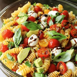 Für einen leckeren Caprese Pasta Salad brauchen wir frische und einfache Zutaten. Hier sind die Hauptzutaten: - 340 g Fusilli-Nudeln - 480 ml Kirschtomaten, halbiert - 250 g frische Mozzarellabällchen, halbiert - 1 Tasse frische Basilikumblätter, zerrissen - 1 reife Avocado, gewürfelt - 120 ml geröstete rote Paprika, gehackt - 60 ml Extra-Natives Olivenöl - 2 Esslöffel Balsamico-Glasur - 1 Teelöffel Knoblauchpulver - Salz und Pfeffer nach Geschmack Diese Zutaten ergeben eine bunte Mischung, die frisch und knackig ist. Ich empfehle, Fusilli-Nudeln zu verwenden. Sie sind perfekt, weil sie die Sauce gut halten. Die spiralförmige Form sorgt dafür, dass jeder Bissen voller Geschmack ist. Alternativ kannst du auch Penne oder Farfalle nehmen. Aber Fusilli bleibt mein Favorit! Frische Zutaten machen einen großen Unterschied im Geschmack. Die Kirschtomaten sind süß und saftig, während frischer Basilikum ein tolles Aroma bringt. Eingelegte Zutaten können manchmal eine gute Option sein, aber sie haben oft weniger Geschmack. Frische Zutaten sind einfacher und bringen mehr Leben in deinen Salat. Wenn du die Möglichkeit hast, wähle immer frisch! Um die Fusilli-Nudeln perfekt zu kochen, beginne mit einem großen Topf. Fülle ihn mit Wasser und füge etwas Salz hinzu. Bringe das Wasser zum Kochen. Achte darauf, die Nudeln nach den Anweisungen auf der Verpackung zu kochen. Al dente bedeutet, dass sie weich, aber noch bissfest sind. Nach dem Kochen gieße die Nudeln ab und spüle sie mit kaltem Wasser. Das stoppt den Garprozess und macht sie nicht matschig. Für das Dressing nimm eine kleine Schüssel. Hier vermengst du das Extra-Native Olivenöl und die Balsamico-Glasur. Füge das Knoblauchpulver, Salz und Pfeffer hinzu. Nutze einen Schneebesen, um alles gut zu verrühren. So wird das Dressing schön cremig und lecker. Es verleiht deinem Salat einen tollen Geschmack. In einer großen Schüssel kommen die abgekühlten Nudeln. Füge die halbierten Kirschtomaten und die Mozzarellabällchen hinzu. Jetzt kommen die zerrissenen Basilikumblätter und die gewürfelte Avocado dazu. Mische alles vorsichtig, damit die Zutaten nicht zerdrückt werden. Jetzt gieße das Dressing über die Mischung. Hebe alles behutsam unter, damit sich der Geschmack gut verteilt. Lass den Salat mindestens 30 Minuten im Kühlschrank ruhen. So vermischen sich die Aromen und machen den Salat noch besser. Um deinen Caprese Pasta Salad frisch zu halten, achte auf die richtige Lagerung. Bewahre ihn in einem luftdichten Behälter im Kühlschrank auf. So bleibt der Salat knackig und die Aromen frisch. Ein weiterer Tipp: Mische das Dressing erst kurz vor dem Servieren unter. So wird der Salat nicht matschig. Wenn du Avocado verwendest, füge diese ebenfalls erst kurz vor dem Servieren hinzu, um ihre Farbe zu bewahren. Das Dressing macht einen großen Unterschied. Neben dem klassischen Olivenöl und Balsamico kannst du variieren. Probier ein Zitronendressing aus frischem Zitronensaft und Honig. Es bringt eine frische Note. Eine andere Idee ist, Pesto hinzuzufügen. Das gibt dem Salat einen besonderen Geschmack. Du kannst auch Joghurt oder Senf in das Dressing mischen. Dadurch wird es cremiger und reichhaltiger. Die Präsentation ist wichtig. Verwende eine große, klare Schüssel, um die bunten Zutaten zu zeigen. Garnier den Salat mit frischem Basilikum und einem Schuss Balsamico-Glasur. Das macht ihn noch attraktiver. Du kannst auch kleine Schalen für jeden Gast vorbereiten. Das sieht toll aus und ist praktisch. Überlege, den Salat auf einem großen Teller zu arrangieren, um eine schöne Form zu zeigen. {{image_4}} Caprese Pasta Salad ist leicht vegetarisch. Um ihn vegan zu machen, ersetze den Käse mit einer pflanzlichen Alternative. Du kannst auch Nüsse oder Samen hinzufügen. Cashewkäse passt gut. So bleibt der Geschmack voll, und du hast dennoch eine tolle Textur. Um mehr Nährstoffe zu bekommen, füge etwas Spinat oder Rucola hinzu. Beide geben einen frischen Geschmack. Du kannst auch Kichererbsen oder Linsen einmischen. Diese bringen Proteine und Ballaststoffe. So wird dein Salat nicht nur lecker, sondern auch gesund. Nutze saisonale Zutaten, um den Geschmack zu verbessern. Im Sommer sind frische Zucchini oder Paprika toll. Im Herbst sind geröstete Kürbisse eine gute Wahl. Wähle immer frische, reife Zutaten. So wird dein Pasta Salad besonders aromatisch und ein Genuss für alle. Um Ihren Caprese Pasta Salad frisch zu halten, sollten Sie ihn in einem luftdichten Behälter aufbewahren. Achten Sie darauf, dass der Salat gut verpackt ist, damit keine Luft eindringt. Dies hilft, die Aromen und die Frische der Zutaten zu bewahren. Im Kühlschrank bleibt Ihr Caprese Pasta Salad etwa 3 bis 5 Tage frisch. Die frischen Zutaten wie Avocado und Basilikum können jedoch schneller welken. Überprüfen Sie den Salat regelmäßig auf Anzeichen von Verderb. Wenn der Salat unangenehm riecht oder die Farben verblassen, ist es besser, ihn wegzuwerfen. Wenn Sie von den Zutaten noch etwas übrig haben, gibt es viele tolle Möglichkeiten, diese zu nutzen. Die Fusilli-Nudeln können in einer anderen Pasta zubereitet werden. Die Kirschtomaten sind perfekt für ein schnelles Omelett. Sie können auch die Mozzarellabällchen mit frischem Brot und Kräutern kombinieren. So verschwenden Sie nichts und genießen neue Gerichte! Du kannst den Caprese Pasta Salad bis zu drei Tage im Kühlschrank aufbewahren. Achte darauf, ihn in einem luftdichten Behälter zu lagern. So bleibt er frisch. Nach ein oder zwei Tagen kann die Avocado jedoch etwas braun werden. Um das zu vermeiden, füge die Avocado erst kurz vor dem Servieren hinzu. Ja, du kannst das Rezept ganz leicht anpassen. Tausche zum Beispiel die Fusilli-Nudeln gegen Penne aus. Du kannst auch andere Käsesorten wie Feta oder Ziegenkäse verwenden. Wenn du eine schärfere Note magst, füge etwas Chili oder frische Peperoni hinzu. Experimentiere mit verschiedenen Gemüsesorten wie Gurken oder Oliven, um deinen eigenen Twist zu finden. Als Beilage passen einige Dinge gut zu deinem Caprese Pasta Salad. Gegrilltes Hähnchen oder Garnelen sind eine tolle Wahl. Auch frisches Brot oder Bruschetta sind super dazu. Wenn du es leicht magst, serviere den Salat mit einem grünen Blattsalat. Das sorgt für eine schöne Abwechslung auf dem Tisch. Der Caprese Pasta Salad ist einfach und lecker. Wir haben die Hauptzutaten, Nudelsorten und frische Zutaten besprochen. Eine perfekte Kochanleitung hilft Ihnen, die Nudeln richtig zubereiten. Das Dressing sorgt für tollen Geschmack und die Tipps helfen, den Salat frisch zu halten. Variationen bringen neue Ideen ein, und die richtigen Lagerhinweise verlängern die Haltbarkeit. Ich hoffe, Sie probieren das Rezept aus und genießen die Vielfalt und Frische jedes Bissens.