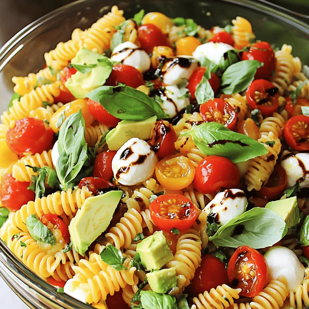 Für einen leckeren Caprese Pasta Salad brauchen wir frische und einfache Zutaten. Hier sind die Hauptzutaten: - 340 g Fusilli-Nudeln - 480 ml Kirschtomaten, halbiert - 250 g frische Mozzarellabällchen, halbiert - 1 Tasse frische Basilikumblätter, zerrissen - 1 reife Avocado, gewürfelt - 120 ml geröstete rote Paprika, gehackt - 60 ml Extra-Natives Olivenöl - 2 Esslöffel Balsamico-Glasur - 1 Teelöffel Knoblauchpulver - Salz und Pfeffer nach Geschmack Diese Zutaten ergeben eine bunte Mischung, die frisch und knackig ist. Ich empfehle, Fusilli-Nudeln zu verwenden. Sie sind perfekt, weil sie die Sauce gut halten. Die spiralförmige Form sorgt dafür, dass jeder Bissen voller Geschmack ist. Alternativ kannst du auch Penne oder Farfalle nehmen. Aber Fusilli bleibt mein Favorit! Frische Zutaten machen einen großen Unterschied im Geschmack. Die Kirschtomaten sind süß und saftig, während frischer Basilikum ein tolles Aroma bringt. Eingelegte Zutaten können manchmal eine gute Option sein, aber sie haben oft weniger Geschmack. Frische Zutaten sind einfacher und bringen mehr Leben in deinen Salat. Wenn du die Möglichkeit hast, wähle immer frisch! Um die Fusilli-Nudeln perfekt zu kochen, beginne mit einem großen Topf. Fülle ihn mit Wasser und füge etwas Salz hinzu. Bringe das Wasser zum Kochen. Achte darauf, die Nudeln nach den Anweisungen auf der Verpackung zu kochen. Al dente bedeutet, dass sie weich, aber noch bissfest sind. Nach dem Kochen gieße die Nudeln ab und spüle sie mit kaltem Wasser. Das stoppt den Garprozess und macht sie nicht matschig. Für das Dressing nimm eine kleine Schüssel. Hier vermengst du das Extra-Native Olivenöl und die Balsamico-Glasur. Füge das Knoblauchpulver, Salz und Pfeffer hinzu. Nutze einen Schneebesen, um alles gut zu verrühren. So wird das Dressing schön cremig und lecker. Es verleiht deinem Salat einen tollen Geschmack. In einer großen Schüssel kommen die abgekühlten Nudeln. Füge die halbierten Kirschtomaten und die Mozzarellabällchen hinzu. Jetzt kommen die zerrissenen Basilikumblätter und die gewürfelte Avocado dazu. Mische alles vorsichtig, damit die Zutaten nicht zerdrückt werden. Jetzt gieße das Dressing über die Mischung. Hebe alles behutsam unter, damit sich der Geschmack gut verteilt. Lass den Salat mindestens 30 Minuten im Kühlschrank ruhen. So vermischen sich die Aromen und machen den Salat noch besser. Um deinen Caprese Pasta Salad frisch zu halten, achte auf die richtige Lagerung. Bewahre ihn in einem luftdichten Behälter im Kühlschrank auf. So bleibt der Salat knackig und die Aromen frisch. Ein weiterer Tipp: Mische das Dressing erst kurz vor dem Servieren unter. So wird der Salat nicht matschig. Wenn du Avocado verwendest, füge diese ebenfalls erst kurz vor dem Servieren hinzu, um ihre Farbe zu bewahren. Das Dressing macht einen großen Unterschied. Neben dem klassischen Olivenöl und Balsamico kannst du variieren. Probier ein Zitronendressing aus frischem Zitronensaft und Honig. Es bringt eine frische Note. Eine andere Idee ist, Pesto hinzuzufügen. Das gibt dem Salat einen besonderen Geschmack. Du kannst auch Joghurt oder Senf in das Dressing mischen. Dadurch wird es cremiger und reichhaltiger. Die Präsentation ist wichtig. Verwende eine große, klare Schüssel, um die bunten Zutaten zu zeigen. Garnier den Salat mit frischem Basilikum und einem Schuss Balsamico-Glasur. Das macht ihn noch attraktiver. Du kannst auch kleine Schalen für jeden Gast vorbereiten. Das sieht toll aus und ist praktisch. Überlege, den Salat auf einem großen Teller zu arrangieren, um eine schöne Form zu zeigen. {{image_4}} Caprese Pasta Salad ist leicht vegetarisch. Um ihn vegan zu machen, ersetze den Käse mit einer pflanzlichen Alternative. Du kannst auch Nüsse oder Samen hinzufügen. Cashewkäse passt gut. So bleibt der Geschmack voll, und du hast dennoch eine tolle Textur. Um mehr Nährstoffe zu bekommen, füge etwas Spinat oder Rucola hinzu. Beide geben einen frischen Geschmack. Du kannst auch Kichererbsen oder Linsen einmischen. Diese bringen Proteine und Ballaststoffe. So wird dein Salat nicht nur lecker, sondern auch gesund. Nutze saisonale Zutaten, um den Geschmack zu verbessern. Im Sommer sind frische Zucchini oder Paprika toll. Im Herbst sind geröstete Kürbisse eine gute Wahl. Wähle immer frische, reife Zutaten. So wird dein Pasta Salad besonders aromatisch und ein Genuss für alle. Um Ihren Caprese Pasta Salad frisch zu halten, sollten Sie ihn in einem luftdichten Behälter aufbewahren. Achten Sie darauf, dass der Salat gut verpackt ist, damit keine Luft eindringt. Dies hilft, die Aromen und die Frische der Zutaten zu bewahren. Im Kühlschrank bleibt Ihr Caprese Pasta Salad etwa 3 bis 5 Tage frisch. Die frischen Zutaten wie Avocado und Basilikum können jedoch schneller welken. Überprüfen Sie den Salat regelmäßig auf Anzeichen von Verderb. Wenn der Salat unangenehm riecht oder die Farben verblassen, ist es besser, ihn wegzuwerfen. Wenn Sie von den Zutaten noch etwas übrig haben, gibt es viele tolle Möglichkeiten, diese zu nutzen. Die Fusilli-Nudeln können in einer anderen Pasta zubereitet werden. Die Kirschtomaten sind perfekt für ein schnelles Omelett. Sie können auch die Mozzarellabällchen mit frischem Brot und Kräutern kombinieren. So verschwenden Sie nichts und genießen neue Gerichte! Du kannst den Caprese Pasta Salad bis zu drei Tage im Kühlschrank aufbewahren. Achte darauf, ihn in einem luftdichten Behälter zu lagern. So bleibt er frisch. Nach ein oder zwei Tagen kann die Avocado jedoch etwas braun werden. Um das zu vermeiden, füge die Avocado erst kurz vor dem Servieren hinzu. Ja, du kannst das Rezept ganz leicht anpassen. Tausche zum Beispiel die Fusilli-Nudeln gegen Penne aus. Du kannst auch andere Käsesorten wie Feta oder Ziegenkäse verwenden. Wenn du eine schärfere Note magst, füge etwas Chili oder frische Peperoni hinzu. Experimentiere mit verschiedenen Gemüsesorten wie Gurken oder Oliven, um deinen eigenen Twist zu finden. Als Beilage passen einige Dinge gut zu deinem Caprese Pasta Salad. Gegrilltes Hähnchen oder Garnelen sind eine tolle Wahl. Auch frisches Brot oder Bruschetta sind super dazu. Wenn du es leicht magst, serviere den Salat mit einem grünen Blattsalat. Das sorgt für eine schöne Abwechslung auf dem Tisch. Der Caprese Pasta Salad ist einfach und lecker. Wir haben die Hauptzutaten, Nudelsorten und frische Zutaten besprochen. Eine perfekte Kochanleitung hilft Ihnen, die Nudeln richtig zubereiten. Das Dressing sorgt für tollen Geschmack und die Tipps helfen, den Salat frisch zu halten. Variationen bringen neue Ideen ein, und die richtigen Lagerhinweise verlängern die Haltbarkeit. Ich hoffe, Sie probieren das Rezept aus und genießen die Vielfalt und Frische jedes Bissens.