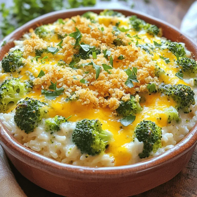 Für diesen leckeren Auflauf brauchst du: - 2 Tassen gekochter Reis (weißer oder brauner) - 2 Tassen frische Brokkoliröschen - 1 Tasse geriebener scharfer Cheddar-Käse - 1 Tasse geriebener Mozzarella-Käse - 1 Tasse Champignon-Suppe (aus der Dose) - 1/2 Tasse Milch - 1/2 Teelöffel Knoblauchpulver - 1/2 Teelöffel Zwiebelpulver - 1/4 Teelöffel schwarzer Pfeffer - 1/4 Teelöffel Salz - 1/2 Tasse Semmelbrösel - 1 Esslöffel Olivenöl Diese Zutaten ergeben einen cremigen, herzhaften Auflauf, der einfach zu machen ist. Wenn du ein bisschen Abwechslung magst, probiere diese Ideen: - Nutze Blumenkohl statt Brokkoli. - Füge gekochtes Hähnchen oder Schinken für mehr Protein hinzu. - Verwende verschiedene Käsesorten wie Gouda oder Feta. - Ersetze die Champignon-Suppe durch Brokkoli-Cremesuppe. Diese Alternativen machen das Rezept vielseitig und spannend. - Wähle frischen Brokkoli. Er sollte fest und grün sein. - Verwende hochwertigen Käse für den besten Geschmack. - Achte darauf, dass die Champignon-Suppe ohne künstliche Zusatzstoffe ist. - Frischer Reis hat mehr Geschmack als der vorgekochte. Mit diesen Tipps stellst du sicher, dass dein Auflauf immer gelingt. Zuerst bringen Sie einen großen Topf mit Wasser zum Kochen. Während das Wasser kocht, waschen Sie die frischen Brokkoliröschen gründlich. Blanchieren Sie die Röschen für 2-3 Minuten, bis sie leuchtend grün sind. Dies macht den Brokkoli zart und hilft, den Geschmack zu intensivieren. Nach dem Blanchieren gießen Sie das Wasser ab und stellen den Brokkoli beiseite. In einer großen Schüssel kombinieren Sie den gekochten Reis, die blanchierten Brokkoliröschen, die Champignon-Suppe und die Milch. Fügen Sie die Gewürze hinzu: Knoblauchpulver, Zwiebelpulver, Salz und schwarzen Pfeffer. Rühren Sie alles gut um, bis die Zutaten gleichmäßig verteilt sind. Dann geben Sie die Hälfte des Cheddar- und Mozzarella-Käses dazu. Dies sorgt für eine cremige und geschmackvolle Mischung. Heizen Sie Ihren Ofen auf 175°C vor. Geben Sie die Reis-Mischung in eine gefettete Auflaufform und verteilen Sie sie gleichmäßig. In einer kleinen Schüssel mischen Sie die Semmelbrösel mit Olivenöl. Streuen Sie diese Mischung über den Auflauf. Fügen Sie den restlichen Käse oben drauf. Backen Sie den Auflauf für 25-30 Minuten, bis der Käse geschmolzen und goldbraun ist. Lassen Sie ihn vor dem Servieren etwa 5 Minuten abkühlen. Um den besten Käse-Brokkoli-Reis-Auflauf zu machen, gibt es einige Fehler, die Sie vermeiden sollten. - Überkochen des Brokkolis: Blanchieren Sie den Brokkoli nur 2-3 Minuten. Er sollte leuchtend grün und noch knackig sein. - Zu viel Flüssigkeit: Achten Sie darauf, die richtige Menge an Milch und Suppe zu verwenden. Zu viel Flüssigkeit macht den Auflauf matschig. - Ungleichmäßiges Mischen: Rühren Sie alle Zutaten gut durch. So verteilt sich der Geschmack gleichmäßig. Die Konsistenz ist der Schlüssel zu einem köstlichen Auflauf. Hier sind einige Tipps, um dies zu erreichen: - Verwenden Sie den richtigen Reis: Gekochter weißer oder brauner Reis funktioniert gut. Er sollte locker sein, nicht klebrig. - Käse richtig hinzufügen: Fügen Sie die Käsesorten zur Reis-Mischung hinzu, bevor Sie backen. Das sorgt für eine cremige Textur. - Semmelbrösel für die Kruste: Mischen Sie die Semmelbrösel mit Olivenöl. Dies hilft, eine knusprige Kruste zu bilden. Die Präsentation macht viel aus. Hier sind einige einfache Tipps: - Garnieren Sie mit frischer Petersilie: Ein kleiner Farbtupfer macht den Auflauf ansprechender. - Servieren Sie in Portionen: Teilen Sie den Auflauf auf Teller oder in Schalen. So sieht es schöner aus und jeder hat seine Portion. - Warm servieren: Der Auflauf schmeckt am besten, wenn er frisch aus dem Ofen kommt. {{image_4}} Für eine vegetarische Variante können Sie den Käse-Brokkoli-Reis-Auflauf leicht anpassen. Verwenden Sie einfach Gemüsebrühe anstelle von Milch, um den Geschmack zu intensivieren. Sie können auch mehr Gemüse hinzufügen, wie zum Beispiel Paprika oder Spinat. Diese Optionen machen das Gericht bunter und gesünder. Wenn Sie den Auflauf proteinreicher machen möchten, fügen Sie gekochtes Hähnchen oder Tofu hinzu. Diese Zutaten passen gut zu den Aromen des Auflaufs. Ein weiteres köstliches Protein ist Quinoa. Mischen Sie es mit dem Reis, um eine nahrhafte Basis zu schaffen. Spielen Sie mit den Gewürzen, um den Auflauf interessanter zu gestalten. Sie können Paprika oder Cayennepfeffer für einen kleinen Kick hinzufügen. Auch italienische Kräuter wie Oregano oder Basilikum verleihen dem Gericht mehr Tiefe. Ein Hauch von Zitronensaft kann ebenfalls frische Noten bringen. Experimentieren Sie mit Ihren Lieblingsgewürzen, um den perfekten Geschmack zu finden. Wenn Sie Reste vom Käse-Brokkoli-Reis-Auflauf haben, bewahren Sie sie in einem luftdichten Behälter auf. Stellen Sie sicher, dass der Auflauf vollständig abgekühlt ist, bevor Sie ihn lagern. So bleibt der Geschmack frisch. Reste halten sich bis zu fünf Tage im Kühlschrank. Sie können den Auflauf auch einfrieren. Teilen Sie ihn in Portionen und legen Sie ihn in gefriergeeignete Behälter. Achten Sie darauf, die Behälter gut zu verschließen. So bleibt der Auflauf bis zu drei Monate frisch. Zum Auftauen stellen Sie ihn einfach über Nacht in den Kühlschrank. Um den Auflauf aufzuwärmen, heizen Sie Ihren Ofen auf 175°C vor. Legen Sie den Auflauf in eine Auflaufform und decken Sie ihn mit Alufolie ab. Backen Sie ihn etwa 20-25 Minuten lang, bis er durchgehend warm ist. Das sorgt dafür, dass der Käse schön schmilzt und der Auflauf nicht austrocknet. Ja, du kannst den Auflauf im Voraus zubereiten. Bereite die Mischung einfach am Vorabend vor. Stelle die Mischung in den Kühlschrank. Am nächsten Tag backe den Auflauf dann einfach. Du kannst ihn direkt aus dem Kühlschrank in den Ofen geben. Achte darauf, die Backzeit ein wenig zu verlängern. So sparst du Zeit am Tag des Servierens. Der Käse-Brokkoli-Reis-Auflauf hält sich gut im Kühlschrank. Du kannst ihn dort 3 bis 5 Tage aufbewahren. Achte darauf, ihn in einem luftdichten Behälter zu lagern. So bleibt er frisch und lecker. Wenn du Reste hast, genieße sie als schnelles Mittagessen oder Abendessen. Du kannst sowohl frischen Brokkoli als auch Tiefkühlbrokkoli verwenden. Frischer Brokkoli hat einen tollen Geschmack und eine schöne Textur. Blanchiere ihn kurz, um seine Farbe und Knackigkeit zu bewahren. Tiefkühlbrokkoli ist praktisch und immer verfügbar. Er ist oft schon vorgekocht und spart Zeit. Beide Optionen funktionieren gut in diesem Auflauf. Wähle, was dir besser gefällt! Der Käse-Brokkoli-Reis-Auflauf ist einfach und lecker. Wir haben die Zutaten, die Zubereitung und hilfreiche Tipps besprochen. Variationen stehen bereit, um das Gericht nach deinem Geschmack anzupassen. Reste sind leicht zu lagern und aufzuwärmen. Denk daran, den Auflauf gut zu bewahren, damit er frisch bleibt. Experimentiere mit den Zutaten, um neue Geschmäcker zu entdecken. Damit bereitest du sicher ein Gericht zu, das Freude bringt. Viel Spaß beim Kochen und Genießen!