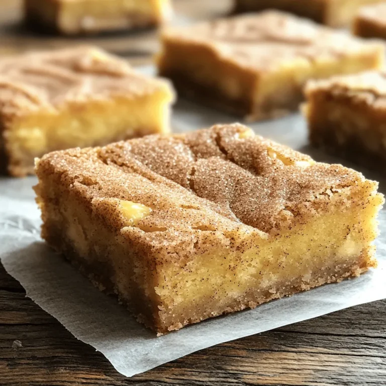 - 1 Tasse ungesalzene Butter - 1 Tasse brauner Zucker - 1/2 Tasse Kristallzucker Für diese Snickerdoodle Blondies braucht man einige Hauptzutaten. Die ungesalzene Butter gibt den Blondies eine reiche Textur. Brauner Zucker sorgt für eine leichte Karamellnote. Kristallzucker macht sie süß und köstlich. - 2 Tassen Weizenmehl - 1 Teelöffel Backpulver - 1 Teelöffel gemahlener Zimt Die trockenen Zutaten sind wichtig für die Struktur. Weizenmehl gibt Halt, während Backpulver die Blondies auflockert. Zimt fügt den typischen Snickerdoodle-Geschmack hinzu. Die Kombination von Zimt und Zucker macht die Blondies besonders lecker. - 1/4 Tasse Kristallzucker - 1 Esslöffel gemahlener Zimt Das Topping ist das i-Tüpfelchen. Kristallzucker und Zimt werden gemischt und auf den Teig gestreut. Diese Mischung macht die Oberseite goldbraun und knusprig. Der Zimtgeschmack kommt so richtig zur Geltung. Heize deinen Ofen auf 175°C vor. Das sorgt für gleichmäßiges Backen. Nimm eine Backform von 23x33 cm. Lege die Form mit Backpapier aus. Lass etwas Papier über den Rand hängen. So kannst du die Blondies später leicht herausheben. In einer großen Rührschüssel vermenge die geschmolzene Butter mit braunem Zucker. Füge auch den Kristallzucker hinzu. Rühre alles gut mit einem Schneebesen, bis die Mischung glatt ist. Jetzt kommen die Eier und der Vanilleextrakt dazu. Rühre kräftig, bis alle Zutaten gut vermischt sind. Nimm eine separate Schüssel für die trockenen Zutaten. Mische das Weizenmehl, Backpulver, Natron, Zimt und Salz. Rühre diese Mischung langsam in die feuchte Mischung ein. Sei vorsichtig, damit du nicht übermixst. Der Teig sollte nur leicht vermischt sein. Gieße den Teig in die vorbereitete Backform und verteile ihn gleichmäßig. Achte darauf, dass die Oberfläche glatt ist. Um die beste Konsistenz für deine Snickerdoodle Blondies zu erreichen, ist das Mischen der Zutaten wichtig. Du solltest die geschmolzene Butter, die beiden Zuckerarten und die Eier gut verrühren. Das sorgt für eine schöne, feuchte Basis. Achte darauf, dass die Mischung glatt ist. Vermeide es, zu lange zu rühren. Übermixen kann die Blondies hart machen. Mische die trockenen Zutaten einfach unter, bis sie gerade verbunden sind. Du kannst diese Blondies leicht anpassen. Füge Nüsse oder Schokoladenstückchen hinzu, um mehr Textur zu bekommen. Das gibt extra Geschmack und macht die Blondies noch interessanter. Wenn du glutenfreies Mehl verwenden möchtest, ist das auch möglich. Tausche das Weizenmehl einfach gegen ein gutes glutenfreies Mehl aus. So kann jeder diese leckeren Blondies genießen! Blondies schmecken am besten warm. Serviere sie frisch aus dem Ofen. Das Aroma wird deine Gäste begeistern. Kombiniere sie mit einer Kugel Vanilleeis. Die heiße Blondie und das kalte Eis sind eine perfekte Mischung. So wird dein Dessert besonders lecker und ein Genuss für alle Sinne! {{image_4}} Um die Snickerdoodle Blondies frisch zu halten, bewahre sie bei Raumtemperatur auf. Lege sie in einen luftdichten Behälter. So bleiben sie weich und lecker. Diese Methode schützt sie vor Luft und Feuchtigkeit. Du kannst sie so für bis zu einer Woche genießen. Wenn du die Blondies länger aufbewahren möchtest, lagere sie im Kühlschrank. Stelle sicher, dass sie gut verpackt sind. Ein luftdichter Behälter ist ideal. So bleiben sie frisch für bis zu zwei Wochen. Du kannst sie auch leicht aufwärmen, um den frisch gebackenen Geschmack zurückzubringen. Das Einfrieren ist eine tolle Option, um die Blondies länger zu lagern. Schneide sie in Stücke und lege sie in einen Gefrierbeutel. Drücke die Luft ganz heraus, bevor du sie verschließt. So bleiben sie bis zu drei Monate frisch. Wenn du sie essen möchtest, lasse sie einfach im Kühlschrank auftauen. Alternativ kannst du sie in der Mikrowelle kurz aufwärmen. Snickerdoodle Blondies sind nicht nur lecker, sondern haben auch einen speziellen Nährwert. Eine Portion enthält etwa 200 Kalorien. Die Nährstoffe teilen sich wie folgt auf: - Fett: 9 g - Kohlenhydrate: 31 g - Eiweiß: 2 g Diese Blondies sind süß und haben einen hohen Zuckergehalt. Achten Sie darauf, wie oft Sie davon essen. Zucker ist ein wichtiger Punkt bei Snickerdoodle Blondies. Jede Portion enthält etwa 15 g Zucker. Es ist wichtig, den Zuckerkonsum im Auge zu behalten, besonders für Kinder. Die Blondies haben auch einige Ballaststoffe, etwa 1 g pro Portion. Diese sind gut für die Verdauung. Vitamine sind weniger ausgeprägt, aber Sie können immer etwas Obst dazu servieren. Insgesamt sind Snickerdoodle Blondies eine süße, aber nicht sehr nährstoffreiche Treat. Genießen Sie sie in Maßen für den besten Genuss! Snickerdoodle Blondies sind bei richtiger Lagerung bis zu einer Woche haltbar. Bewahre sie in einem luftdichten Behälter auf. So bleiben sie frisch und lecker. Wenn du sie im Kühlschrank lagerst, verlängert sich die Haltbarkeit auf bis zu zwei Wochen. Achte darauf, sie gut abzudecken, um Trockenheit zu vermeiden. Ja, du kannst die Blondies glutenfrei machen. Ersetze das Weizenmehl durch eine glutenfreie Mehlmischung. Achte darauf, eine Mischung zu wählen, die für Backwaren geeignet ist. Oft geben diese Mischungen dem Teig die richtige Konsistenz. Prüfe auch die Zutaten der anderen Produkte, um sicherzugehen, dass sie glutenfrei sind. Für die Zubereitung der Snickerdoodle Blondies benötigst du folgende Küchengeräte und Utensilien: - Eine große Rührschüssel - Einen Schneebesen oder einen Handmixer - Eine separate Schüssel für die trockenen Zutaten - Eine 23x33 cm (9x13 Zoll) Backform - Backpapier - Ein Teigschaber oder Löffel - Ein Zahnstocher zum Überprüfen der Backzeit Zusammenfassend habe ich dir die Zutaten, Schritte und Tipps für leckere Snickerdoodle Blondies vorgestellt. Du hast gelernt, wie man die perfekten Blondies zubereitet und lagert. Denk daran, Variationen hinzuzufügen, um den Geschmack zu verändern. Halte die richtigen Lagerungsbedingungen ein, um die Frische zu sichern. Bald wirst du deine Freunde mit diesen süßen Leckereien beeindrucken! Mach dich bereit, die Küche zu rocken und viel Spaß beim Backen!