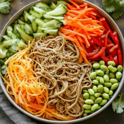 Für den Sesam-Ingwer Soba-Nudelsalat benötigst du: - 225 g Soba-Nudeln - 1 Tasse Karotten, gerieben - 1 Tasse Gurke, in Julienne geschnitten - 1 rote Paprika, dünn geschnitten - 1 Tasse Edamame, geschält - 4 Frühlingszwiebeln, fein gehackt - 1/4 Tasse Sesamsamen, geröstet - 1/4 Tasse Sojasauce (oder Tamari für glutenfrei) - 2 Esslöffel Sesamöl - 1 Esslöffel frischer Ingwer, gerieben - 1 Esslöffel Reisessig - 1 Esslöffel Ahornsirup oder Honig - Salz und Pfeffer nach Geschmack - Frischer Koriander zur Garnitur (optional) Diese Zutaten geben dem Salat Farbe und Geschmack. Die Soba-Nudeln sind die Basis. Sie sind nahrhaft und lecker. Soba-Nudeln sind reich an Ballaststoffen und Proteinen. Sie enthalten auch Nährstoffe wie Eisen und Magnesium. Karotten bringen Vitamin A. Edamame liefert pflanzliches Protein und wichtige Fette. Gurken sind hydratisierend und kalorienarm. Paprika fügt Vitamin C hinzu und macht den Salat bunt. Sesamsamen enthalten gesunde Fette und Mineralien. Die Kombination dieser Zutaten sorgt für einen nahrhaften und ausgewogenen Salat. Er ist gut für die Gesundheit und schmeckt toll. Wenn du Allergien hast, gibt es gute Alternativen. Verwende glutenfreie Soba-Nudeln oder andere glutenfreie Nudeln. Für Sojasauce kannst du Tamari verwenden. Wenn du gegen Sesam allergisch bist, lasse die Sesamsamen weg. Du kannst auch Sonnenblumenkerne oder Kürbiskerne nutzen. Der Salat bleibt lecker und gesund. Um perfekte Soba-Nudeln zu kochen, bringe einen großen Topf mit Wasser zum Kochen. Füge die 225 g Soba-Nudeln hinzu. Koche sie für etwa 4-5 Minuten. Achte darauf, sie nicht zu lange zu lassen. Nach der Kochzeit gieße die Nudeln ab und spüle sie unter kaltem Wasser. Dies stoppt den Garprozess und macht die Nudeln schön kühl. Stelle sie dann beiseite. Jetzt kommt der Spaß! In einer großen Schüssel mische die Sojasauce, das Sesamöl, den geriebenen Ingwer, den Reisessig und den Ahornsirup oder Honig. Nutze einen Schneebesen, um alles gut zu vermengen. Achte darauf, dass die Zutaten gleichmäßig verteilt sind. Der Duft wird fantastisch sein! Füge die abgekühlten Soba-Nudeln in die Schüssel mit dem Dressing. Mische sie gut, damit die Nudeln die Sauce aufnehmen. Jetzt ist es Zeit für die frischen Zutaten. Gib die geriebenen Karotten, die in Julienne geschnittene Gurke, die roten Paprikastreifen, die geschälten Edamame und die gehackten Frühlingszwiebeln hinzu. Mische alles vorsichtig, um die tollen Farben und Texturen zu bewahren. Zum Schluss streue die gerösteten Sesamsamen darüber und rühre erneut um. Schmecke mit Salz und Pfeffer ab. Lass den Salat für 10 Minuten stehen, damit die Aromen gut einziehen können. Um die perfekte Konsistenz der Soba-Nudeln zu erreichen, koche sie genau nach den Anweisungen. In der Regel dauert das etwa 4-5 Minuten. Wenn sie fertig sind, gieße sie ab. Spüle sie dann unter kaltem Wasser ab. Das stoppt den Garprozess und verhindert, dass sie matschig werden. Lass die Nudeln gut abtropfen, bevor du sie mit dem Dressing mischst. Es ist wichtig, die Aromen gut zu verbinden. Nachdem du das Dressing vorbereitet hast, füge die gekochten Nudeln hinzu. Mische alles gründlich, sodass jede Nudel mit dem Dressing bedeckt ist. Lass den Salat für etwa 10 Minuten stehen. Diese Zeit hilft den Aromen, sich zu vereinen. Du wirst den Unterschied sofort schmecken. Für eine tolle Präsentation kannst du frischen Koriander verwenden. Streue ihn großzügig über den Salat. Auch geröstete Sesamsamen sind eine schöne Ergänzung. Sie geben dem Gericht eine knusprige Textur. Serviere den Salat in einer großen Schüssel oder auf einzelnen Tellern. So sieht alles appetitlich aus und ermuntert zum Genießen. {{image_4}} Sesam-Ingwer Soba-Nudelsalat ist von Natur aus vegetarisch und kann leicht vegan sein. Verwenden Sie einfach Sojasauce oder Tamari, um die Zutaten glutenfrei zu halten. Sie können auch den Honig durch Ahornsirup ersetzen. So bleibt der Salat süß und pflanzenbasiert. Um den Geschmack zu verstärken, fügen Sie frische Kräuter wie Minze oder Basilikum hinzu. Diese Kräuter bringen Frische und eine neue Dimension. Auch Avocado ist eine tolle Ergänzung, die Cremigkeit bietet. Für etwas Schärfe können Sie rote Paprika oder Chili hinzufügen. Passen Sie den Salat an die Saison an. Im Sommer sind frische Erbsen oder Zucchini eine gute Wahl. Im Winter können geröstete Wurzelgemüse wie Rote Beete oder Kürbis interessant sein. Diese Variationen bringen neue Farben und Geschmäcker auf den Tisch. Um den Sesam-Ingwer Soba-Nudelsalat frisch zu halten, bewahre ihn in einem luftdichten Behälter auf. Stelle sicher, dass der Salat vollständig abgekühlt ist, bevor du ihn in den Kühlschrank stellst. Das hilft, die Aromen zu bewahren und das Gemüse knackig zu halten. Der Salat bleibt im Kühlschrank etwa 3 bis 5 Tage frisch. Achte darauf, den Salat vor dem Servieren gut umzurühren. So verteilen sich die Aromen gleichmäßig. Wenn du den Salat länger aufbewahren möchtest, kannst du die Dressing-Zutaten separat lagern. Soba-Nudeln schmecken am besten kalt oder bei Zimmertemperatur. Wenn du ihn aufwärmen möchtest, erwärme die Nudeln vorsichtig in einer Pfanne. Füge etwas Sesamöl hinzu, um die Textur zu verbessern. Vermeide es, den Salat in der Mikrowelle zu erwärmen, da das Gemüse weich werden kann. Du kannst den Salat im Kühlschrank bis zu drei Tage aufbewahren. Stelle sicher, dass du ihn in einem luftdichten Behälter lagerst. Die frischen Zutaten bleiben knackig, und die Aromen verbinden sich weiter. Es ist wichtig, den Salat vor dem Servieren gut durchzumischen. So schmeckt er frisch und lecker. Ja, du kannst andere Nudelsorten verwenden. Reisnudeln oder Vollkornnudeln sind gute Alternativen. Diese Nudeln haben ähnliche Kochzeiten und Texturen. Achte darauf, die Kochanleitung auf der Verpackung zu befolgen. So stellst du sicher, dass die Nudeln nicht zu weich werden. Soba-Nudeln bestehen aus Buchweizen und sind sehr nahrhaft. Sie sind glutenfrei und reich an Proteinen. Zudem enthalten sie Ballaststoffe, die gut für die Verdauung sind. Soba-Nudeln haben auch Antioxidantien, die gut für die Gesundheit sind. Sie sind eine tolle Wahl für eine ausgewogene Ernährung. Zusammenfassend haben wir die Zutaten für den Soba-Nudelsalat, ihre Nährwerte und mögliche Alternativen für Allergiker behandelt. Ich habe dir auch die Schritte zur Zubereitung erklärt, inklusive Tipps für die beste Konsistenz und Aromen. Variationen wie vegetarische Optionen und regionale Anpassungen bieten dir mehr Spielraum. Vergiss nicht die Lagerhinweise für Haltbarkeit und Aufbewahrung. Ein gut zubereiteter Salat kann gesund und schmackhaft sein. Probiere es aus und finde deine Lieblingsversion!
