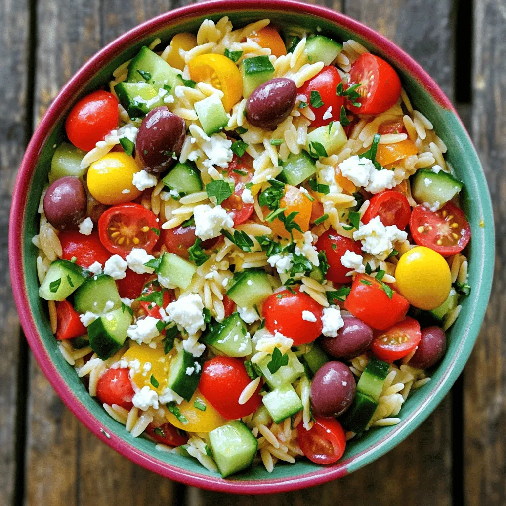 - 1 Tasse Orzo-Nudeln - 2 Tassen Wasser - 1 Tasse Cherrytomaten, halbiert - 1 Salatgurke, gewürfelt - 1 rote Paprika, gewürfelt - 1/2 rote Zwiebel, fein gehackt - 1/2 Tasse Kalamata-Oliven, entsteint und halbiert - 1 Tasse zerbröckelter Feta-Käse - 1/4 Tasse frische Petersilie, gehackt Die Hauptzutaten für diesen Salat machen ihn frisch und bunt. Orzo-Nudeln sind klein, ähnlich wie Reis, und nehmen die Aromen gut auf. Cherrytomaten bringen Süße, während Gurke und Paprika Knackigkeit bieten. Rote Zwiebeln fügen einen scharfen Geschmack hinzu. Kalamata-Oliven geben einen salzigen Kick und Feta-Käse sorgt für Cremigkeit. - 1/4 Tasse Olivenöl - Saft von 1 Zitrone - 1 Teelöffel getrockneter Oregano - Salz und Pfeffer nach Geschmack Das Dressing ist einfach und gesund. Olivenöl bringt gesunde Fette, während Zitronensaft Frische und Säure hinzufügt. Oregano gibt einen typischen griechischen Geschmack. Salz und Pfeffer runden alles ab und verbessern den Geschmack. - Portionsgröße: 4 - Vorbereitungszeit: 15 Minuten - Gesamtzeit: 30 Minuten Die Portionen sind perfekt für ein leichtes Mittagessen oder als Beilage. Die Vorbereitungszeit von nur 15 Minuten macht diesen Salat schnell und einfach. In 30 Minuten ist der Salat bereit zum Servieren. Ideal, wenn du wenig Zeit hast, aber trotzdem frisch essen möchtest. Zuerst bringe ich zwei Tassen Wasser in einem mittelgroßen Topf zum Kochen. Sobald das Wasser kocht, füge ich eine Tasse Orzo-Nudeln hinzu. Ich koche die Nudeln gemäß den Anweisungen auf der Verpackung, bis sie al dente sind. Das dauert etwa 8 bis 10 Minuten. Nach dem Kochen gieße ich die Nudeln ab und spüle sie kurz unter kaltem Wasser ab. So stoppe ich den Garprozess und lasse sie abkühlen. Während die Orzo-Nudeln kochen, bereite ich das Gemüse vor. Ich nehme eine große Rührschüssel und schneide Cherrytomaten in zwei Hälften. Dann würfle ich eine Salatgurke und eine rote Paprika. Außerdem hacke ich eine halbe rote Zwiebel fein. Schließlich schneide ich auch Kalamata-Oliven in zwei Hälften. Ich vermenge alles in der Schüssel gut miteinander. Jetzt mache ich das Dressing. In einer kleinen Schüssel vermische ich Olivenöl, den Saft von einer Zitrone, einen Teelöffel getrockneten Oregano, Salz und Pfeffer. Ich verrühre die Zutaten gründlich und passe die Würzung nach meinem Geschmack an. Jetzt kommt der spaßige Teil! Ich gebe die abgekühlten Orzo-Nudeln in die Schüssel mit dem Gemüse. Dann gieße ich das Dressing gleichmäßig darüber und vermenge alles vorsichtig. Zum Schluss hebe ich den zerbröckelten Feta-Käse und die gehackte Petersilie unter. Dabei achte ich darauf, den Feta nicht zu zerdrücken. Den Salat lasse ich mindestens 15 Minuten ruhen, damit sich die Aromen gut entfalten können. - Kochen Sie die Orzo-Nudeln al dente. So bleiben sie bissfest und lecker. - Lassen Sie die Nudeln nach dem Kochen in kaltem Wasser abkühlen. Das stoppt den Garprozess und verhindert, dass sie matschig werden. - Frische Kräuter sind ein Muss. Petersilie und Minze bringen viel Geschmack. - Fügen Sie Nüsse oder Samen hinzu. Sie geben dem Salat einen tollen Crunch und zusätzlichen Nährwert. - Servieren Sie den Salat in einer großen, bunten Schüssel. Das sieht einladend aus. - Garnieren Sie mit extra Feta und frischen Petersilienblättern. Ein paar Kalamata-Oliven machen das Bild perfekt. {{image_4}} Du kannst beim Griechischen Orzo-Salat mit Feta viele Gemüsesorten verwenden. Avocado sorgt für eine cremige Textur und einen frischen Geschmack. Spinat bringt eine gesunde Note und eine schöne Farbe ins Spiel. Zudem ist es schlau, saisonales Gemüse zu nutzen. Wenn du frisches Gemüse kaufst, schmeckt der Salat besser und ist nahrhafter. Der Salat wird auch mit extra Protein noch besser. Du kannst Hähnchen, Garnelen oder Kichererbsen hinzufügen. Hähnchen gibt dem Salat einen herzhaften Geschmack. Garnelen bringen einen leichten Meeresgeschmack. Kichererbsen sind eine tolle, fleischlose Option, die auch Ballaststoffe liefert. Diese Ergänzungen machen den Salat sättigender und perfektionieren das Gericht. Wenn du eine vegane Option suchst, gibt es gute Alternativen. Veganer Feta aus Nüssen oder Tofu schmeckt ebenso gut. Du kannst auch ein einfaches Dressing aus Olivenöl, Zitronensaft und Kräutern verwenden. So bleibt der Salat frisch und lecker, auch ohne Milchprodukte. Vegane Alternativen machen den Salat für jeden zugänglich. Um den Griechischen Orzo-Salat mit Feta frisch zu halten, bewahre ihn in einem luftdichten Behälter auf. Dies verhindert, dass er austrocknet oder Gerüche aus dem Kühlschrank aufnimmt. Lege den Salat in den Kühlschrank, nachdem er abgekühlt ist. So bleiben die Zutaten knackig und frisch. Der Salat bleibt im Kühlschrank etwa drei bis fünf Tage haltbar. Achte darauf, ihn vor dem Servieren gut durchzumischen. Wenn du den Salat länger aufbewahrst, kann der Feta etwas weicher werden. Dennoch bleibt der Geschmack auch nach ein paar Tagen lecker. Wenn du den Salat für eine Veranstaltung vorbereiten möchtest, ist das eine gute Idee! Du kannst ihn bis zu einen Tag im Voraus zubereiten. Bereite das Gemüse und das Dressing getrennt vor. Mische alles erst kurz vor dem Servieren. So bleibt der Salat frisch und knackig. Du kannst auch ein wenig mehr Feta und frische Petersilie hinzufügen, um ihn ansprechend zu präsentieren. Der griechische Orzo-Salat bleibt im Kühlschrank etwa 3 bis 5 Tage frisch. Achten Sie darauf, ihn in einem luftdichten Behälter zu lagern. So bleiben die Aromen erhalten und das Gemüse knackig. Wenn der Salat länger steht, kann die Frische der Zutaten leiden. Ja, Sie können verschiedene Pasta als Ersatz nutzen. Reisnudeln oder Quinoa sind gute Alternativen. Diese Optionen bieten eine ähnliche Textur und passen gut zu den anderen Zutaten. Wenn Sie glutenfreie Optionen suchen, verwenden Sie glutenfreie Pasta oder Couscous. Ja, dieser Salat ist ideal für Meal Prep. Er lässt sich leicht in Ihre wöchentliche Planung einfügen. Sie können ihn als Beilage oder Hauptgericht genießen. Er schmeckt auch gut auf Sandwiches oder Wraps. Ja, den Salat können Sie im Voraus zubereiten. Machen Sie ihn einen Tag vorher, damit die Aromen gut durchziehen. Lagern Sie ihn wie oben beschrieben. Fügen Sie den Feta und die Petersilie erst kurz vor dem Servieren hinzu, damit sie frisch bleiben. Dieser Blogbeitrag zeigt, wie man einen köstlichen Orzo-Salat zubereitet. Wir haben die Hauptzutaten wie Orzo-Nudeln, frisches Gemüse und Feta diskutiert. Die Schritt-für-Schritt-Anleitung macht das Kochen einfach. Ich habe Tipps zur perfekten Konsistenz und Präsentation gegeben. Variationen und Lagerinformationen helfen, den Salat nach Ihrem Geschmack anzupassen. Nutzen Sie diese Rezepte, um Ihre Mahlzeiten schnell und lecker zu gestalten. Probieren Sie neue Zutaten aus und genießen Sie das Kochen!
