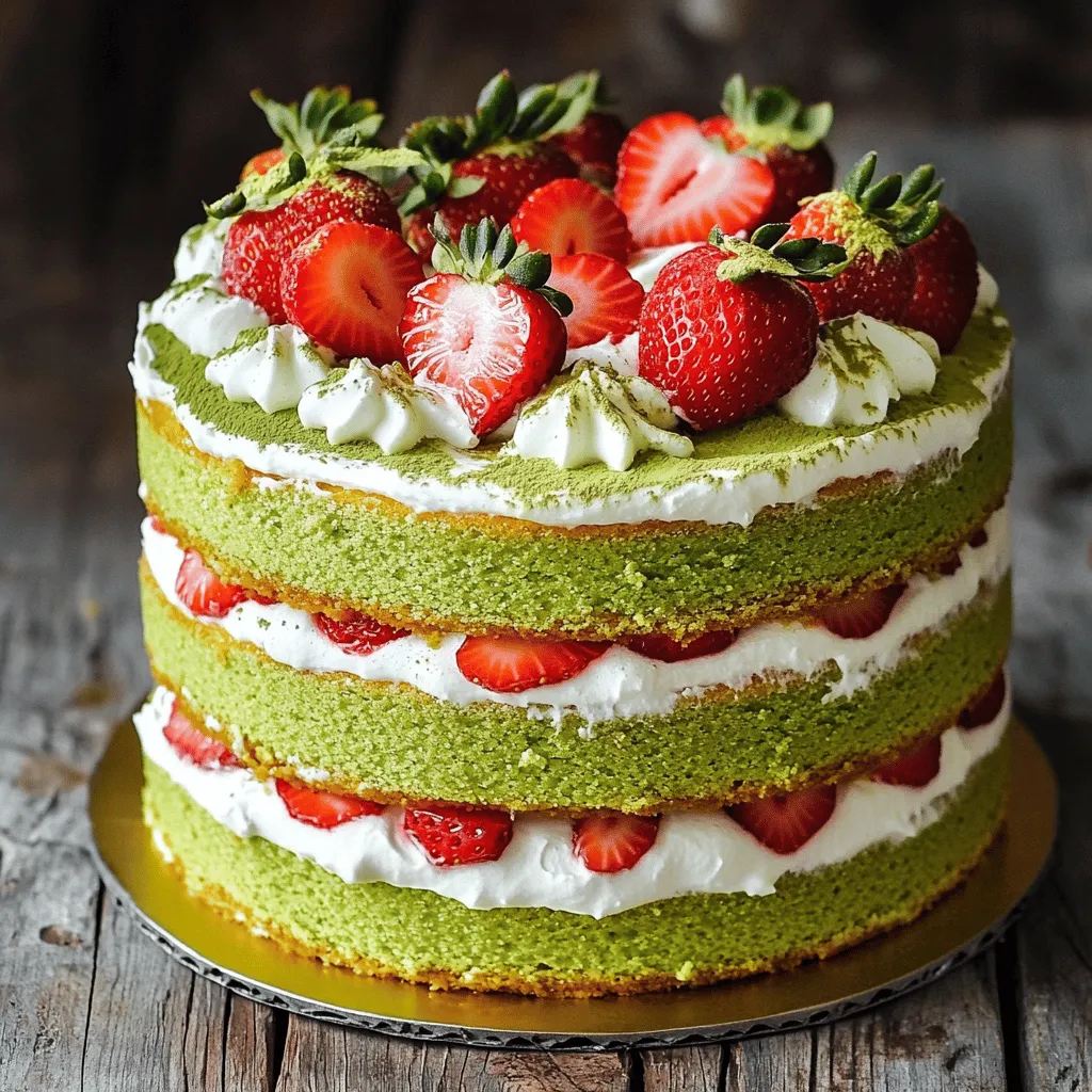 Für den Matcha Strawberry Layer Cake benötigst du folgende Hauptzutaten: - 1 ½ Tassen Allzweckmehl - 1 Esslöffel Matcha-Pulver - 1 Teelöffel Backpulver - ½ Teelöffel Natron - ¼ Teelöffel Salz - ½ Tasse ungesalzene Butter, weich - 1 Tasse Zucker - 2 große Eier - ½ Tasse Buttermilch - 1 Teelöffel Vanilleextrakt - 1 Tasse frische Erdbeeren, püriert Diese Zutaten geben dem Kuchen seine tolle Farbe und den fruchtigen Geschmack. Achte darauf, dass die Butter weich ist, damit sie sich gut mit dem Zucker vermischt. Für das leckere Frosting brauchst du: - 1 Tasse Schlagsahne - 2 Esslöffel Puderzucker - 1 Teelöffel Vanilleextrakt (für die Sahne) Die Schlagsahne macht das Frosting leicht und cremig. Der Puderzucker sorgt für die süße Note. Um deinen Kuchen schön zu dekorieren, benötigst du: - Ganze Erdbeeren - Ein leichtes Bestäuben von Matcha-Pulver Die ganzen Erdbeeren bringen eine frische Farbe. Das Matcha-Pulver macht das Ganze besonders ansprechend. Zuerst heize deinen Ofen auf 175 °C (350 °F) vor. Fette zwei runde Kuchenformen mit 20 cm Durchmesser ein und mehle sie leicht. Nimm eine Schüssel und vermische gründlich 1 ½ Tassen Allzweckmehl, 1 Esslöffel Matcha-Pulver, 1 Teelöffel Backpulver, ½ Teelöffel Natron und ¼ Teelöffel Salz. Stelle die Mischung beiseite. In einer großen Rührschüssel schlägst du ½ Tasse weiche, ungesalzene Butter mit 1 Tasse Zucker. Verwende den Handmixer auf höchster Stufe für etwa 3-4 Minuten. Die Mischung sollte hell und luftig sein. Jetzt füge nacheinander 2 große Eier hinzu. Mische gut nach jeder Zugabe. Gieße dann ½ Tasse Buttermilch und 1 Teelöffel Vanilleextrakt in die Mischung. Rühre alles gut zusammen. Danach gib die trockenen Zutaten nach und nach in die feuchte Mischung. Mische vorsichtig, bis alles gerade verbunden ist. Jetzt kommt der Spaß: Hebe 1 Tasse pürierte Erdbeeren vorsichtig unter den Teig. So bleibt der Erdbeergeschmack frisch und lecker. Teile den Teig gleichmäßig zwischen den beiden vorbereiteten Formen auf. Backe die Kuchen für 25-30 Minuten. Prüfe mit einem Zahnstocher, ob sie fertig sind. Wenn er sauber herauskommt, sind die Kuchen bereit. Lass die Kuchen 10 Minuten in den Formen abkühlen. Danach lege sie auf ein Kuchengitter, damit sie vollständig abkühlen. Jetzt machen wir das Frosting. Schlage 1 Tasse Schlagsahne in einer sauberen Schüssel, bis sich weiche Spitzen bilden. Füge nach und nach 2 Esslöffel Puderzucker und 1 Teelöffel Vanilleextrakt hinzu. Schlage weiter, bis sich steife Spitzen bilden. Wenn die Kuchen abgekühlt sind, lege eine Schicht auf einen Servierteller. Verteile eine Schicht der Schlagsahne darauf und belege sie mit geschnittenen Erdbeeren. Setze die zweite Kuchenschicht darauf und überziehe den gesamten Kuchen mit der restlichen Schlagsahne. Dekoriere die Oberseite mit ganzen Erdbeeren und einem leichten Bestäuben von Matcha-Pulver. Das sieht nicht nur schön aus, sondern schmeckt auch himmlisch! Einer der größten Fehler beim Backen ist das Übermixen des Teigs. Wenn Sie die trockenen Zutaten in die feuchten geben, mischen Sie nur so lange, bis alles gerade verbunden ist. Andernfalls wird der Kuchen zäh. Ein weiterer Fehler ist, den Kuchen nicht gut abkühlen zu lassen. Wenn er noch warm ist, kann das Frosting schmelzen. Lassen Sie ihn also immer komplett auf einem Kuchengitter abkühlen. Um eine perfekte Teigkonsistenz zu erreichen, ist es wichtig, die Zutaten auf Raumtemperatur zu bringen. Butter und Eier sollten nicht kalt sein. Messen Sie das Mehl genau ab, um zu viel oder zu wenig zu vermeiden. Verwenden Sie einen Messbecher und schöpfen Sie das Mehl nicht direkt aus der Packung. Dies kann zu einer falschen Menge führen. Wenn der Teig zu dick ist, können Sie einen Esslöffel Buttermilch hinzufügen. Für einen schönen Look sollten Sie den Kuchen gleichmäßig mit Schlagsahne bestreichen. Verwenden Sie eine Palette, um die Oberfläche glatt zu machen. Garnieren Sie den Kuchen mit ganzen Erdbeeren und einem leichten Bestäuben von Matcha-Pulver. Dies gibt ihm einen frischen, ansprechenden Look. Servieren Sie den Kuchen auf einem farbenfrohen Teller, um die Farben hervorzuheben. Ein paar frische Minzblätter runden das Bild ab und sorgen für einen schönen Kontrast. {{image_4}} Wenn du Allergien hast, gibt es gute Alternativen. Du kannst glutenfreies Mehl verwenden. Achte darauf, dass es eine Mischung für Kuchen ist. Statt Eier kannst du Apfelmus oder Leinsamen verwenden. Für die Milch nimmst du Pflanzenmilch, wie Mandel- oder Hafermilch. Diese Optionen machen den Kuchen lecker und sicher für Allergiker. Mini-Kuchen sind super süß und perfekt für Partys. Verwende kleine Kuchenformen, etwa 10 cm groß. Die Backzeit wird kürzer. Achte darauf, sie nur 15-20 Minuten zu backen. Du kannst die Schichten auch stapeln. Das sieht toll aus und macht Spaß zu essen. Mini-Kuchen sind leicht zu teilen und ideal für kleine Feiern. Erdbeeren sind klasse, aber du kannst auch andere Früchte nutzen. Himbeeren geben einen tollen Geschmack und eine schöne Farbe. Blaubeeren sind süß und gesund. Du kannst auch Pfirsiche oder Mangos probieren. Püriere die Früchte, wie bei den Erdbeeren. Das sorgt für fruchtigen Genuss in jedem Bissen. Experimentiere mit verschiedenen Früchten, um deinen eigenen einzigartigen Kuchen zu kreieren! Um den Matcha Strawberry Layer Cake frisch zu halten, bewahre ihn in einem luftdichten Behälter auf. Dies hilft, die Feuchtigkeit zu bewahren und den Geschmack zu schützen. Stelle den Kuchen in den Kühlschrank, wenn du ihn länger als zwei Tage aufbewahren möchtest. So bleibt die Schlagsahne stabil und frisch. Wenn du den Kuchen länger lagern möchtest, kannst du ihn einfrieren. Schneide ihn in Portionen, bevor du ihn einwickelst. Verwende Frischhaltefolie, gefolgt von einer Schicht Aluminiumfolie. So bleibt der Kuchen bis zu drei Monate haltbar. Um ihn wieder aufzutauen, lasse ihn einfach über Nacht im Kühlschrank. Der Kuchen bleibt bei Raumtemperatur etwa zwei Tage frisch. Im Kühlschrank hält er sich bis zu einer Woche. Achte darauf, dass der Kuchen gut verpackt ist. Wenn du ihn eingefroren hast, genieße ihn nach dem Auftauen innerhalb von 48 Stunden für den besten Geschmack. Das Backen des Kuchens dauert etwa 25 bis 30 Minuten. Du solltest einen Zahnstocher in die Mitte stecken. Wenn er sauber herauskommt, ist der Kuchen fertig. Achte darauf, die Kuchen nicht zu lange zu backen. Sonst werden sie trocken. Ja, du kannst Matcha-Pulver ersetzen. Verwende grünen Tee oder ein anderes aromatisches Pulver. Dies gibt deinem Kuchen einen anderen Geschmack. Der berühmte Matcha-Geschmack geht jedoch verloren. Probiere verschiedene Varianten aus und finde deinen Favoriten. Nein, dieser Kuchen ist nicht glutenfrei, da er Allzweckmehl enthält. Um ihn glutenfrei zu machen, benutze glutenfreies Mehl. Es gibt viele gute Optionen im Handel. Achte darauf, die Zutaten gut zu mischen, damit der Kuchen fluffig bleibt. Um einen leckeren Kuchen zu backen, braucht man die richtigen Zutaten. Im Blogbeitrag haben wir die Hauptzutaten, Frosting und Dekoration besprochen. Ich habe auch erklärt, wie man Schritt für Schritt vorgeht, vom Vorbereiten bis zur Dekoration. Tipps helfen, verspreche ich, häufige Fehler zu vermeiden und die perfekte Konsistenz zu erreichen. Variationen bieten dir Alternativen für besondere Bedürfnisse. Schließlich habe ich Tipps zur Lagerung und Frische des Kuchens gegeben. Mit diesen Kenntnissen kannst du nun mit Zuversicht backen. Viel Spaß beim Ausprobieren!