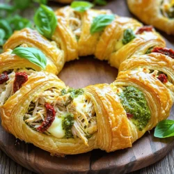- 2 Tassen gekochtes Hähnchen, zerkleinert - 1 Tasse Pesto-Soße - 1 Tasse Mozzarella-Käse, gerieben - 1 Packung (8 oz) gekühlter Croissant-Teig - 1/2 Tasse getrocknete Tomaten, gehackt - 1/4 Tasse Parmesan-Käse, gerieben - Salz und Pfeffer nach Geschmack - Frische Basilikumblätter, zum Garnieren - 1 Ei, verquirlt (zum Bestreichen) Die Zutaten für den Pesto Chicken Crescent Ring sind einfach und leicht zu finden. Das gekochte Hähnchen macht die Zubereitung schnell. Pesto-Soße bringt viel Geschmack. Mozzarella-Käse sorgt für eine cremige Textur. Zusätzliche Zutaten wie Croissant-Teig machen das Gericht besonders. Getrocknete Tomaten fügen eine süße Note hinzu. Parmesan-Käse verstärkt den Geschmack. Frische Basilikumblätter bringen Farbe und Frische. Die Gewürze sind einfach. Salz und Pfeffer heben die Aromen hervor. Das verquirlte Ei gibt dem Ring eine goldene Farbe. Bereiten Sie alles vor, um den Pesto Chicken Crescent Ring zu machen. Es wird ein tolles Gericht für jeden Anlass. 1. Heize deinen Ofen auf 190°C vor. 2. Mische in einer großen Schüssel das zerkleinerte Hähnchen, die Pesto-Soße, den geriebenen Mozzarella, die gehackten getrockneten Tomaten und den geriebenen Parmesan. 3. Würze die Mischung mit Salz und Pfeffer nach deinem Geschmack. 1. Rolle den Croissant-Teig vorsichtig aus. 2. Trenne die Teigdreiecke und ordne sie in einem Kreis an. Die Spitzen sollten nach außen zeigen. Überlappe die Dreiecke leicht. 1. Gib die Hähnchen und Pesto-Mischung in die Mitte des Teigrings. 1. Falte die Spitzen der Teigdreiecke über die Füllung. 2. Stecke die Spitzen unter den Ring, um eine runde Form zu schaffen. 1. Pinsle die Oberseite des Crescents mit dem verquirlten Ei. 2. Backe den Ring 20-25 Minuten lang, bis der Teig goldbraun ist. Um den perfekten Pesto Chicken Crescent Ring zu backen, ziele auf eine goldene Farbe. Ein verquirltes Ei auf der Oberseite sorgt dafür. Das Ei gibt dem Teig eine schöne, knusprige Kruste. Achte darauf, dass du die Backzeit nicht überschreitest. Zu langes Backen kann den Teig austrocknen. Vermeide eine milde Füllung, indem du frische und kräftige Zutaten wählst. Nutze viel Pesto und würze die Mischung gut mit Salz und Pfeffer. So erhältst du einen tollen Geschmack, der alle begeistert. Du kannst kreativ mit der Füllung sein. Probiere verschiedene Käsesorten aus, wie Cheddar oder Gouda. Diese Käse bringen neue Geschmäcker und Texturen in das Gericht. Zusätzlich kannst du Gemüse wie Spinat oder Paprika hinzufügen. Diese bringen Frische und Farbe in den Ring. Achte darauf, das Gemüse klein zu schneiden, damit es gut in die Füllung passt. Serviere den Crescent Ring mit Beilagen, die gut dazu passen. Ein frischer grüner Salat bringt Leichtigkeit. Auch ein einfacher Tomatensalat ergänzt das Gericht gut. Für die Präsentation kannst du den Ring auf einer großen Platte anrichten. Ein zusätzlicher Pesto-Tropfen oben drauf macht das Ganze noch ansprechender. Frische Basilikumblätter als Garnitur geben einen tollen Farbkontrast. {{image_4}} Du kannst das Hähnchen leicht ersetzen. Nutze einfach eine Mischung aus Spinat und Ricotta. Das gibt dem Gericht eine frische Note. Du kannst auch Kichererbsen verwenden. Sie sind lecker und sehr nahrhaft. Achte darauf, die Füllung gut zu würzen, damit alles schön schmeckt. Für eine mediterrane Note füge Feta und Oliven hinzu. Zerbrösele den Feta und mische ihn mit den Oliven. Diese Zutaten bringen einen tollen, salzigen Geschmack. Du kannst auch frische Tomaten und Zucchini hinzufügen. Das macht den Ring noch bunter und leckerer. Probiere verschiedene Kräuter aus, um neue Aromen zu entdecken. Basilikum passt gut, aber auch Oregano oder Thymian sind super. Du kannst die Kräuter frisch oder getrocknet verwenden. Experimentiere, um deinen Lieblingsgeschmack zu finden. Das macht das Kochen spannend und abwechslungsreich. Wenn du Reste vom Pesto Chicken Crescent Ring hast, bewahre sie gut auf. Du kannst sie in einem luftdichten Behälter im Kühlschrank aufbewahren. So bleiben sie bis zu drei Tage frisch. Wenn du noch mehr Zeit sparen möchtest, friere die Reste ein. In der Gefriertruhe halten sie bis zu zwei Monate. Einfach auf Portionen aufteilen und gut verpacken. So hast du immer ein schnelles Essen in der Hinterhand. Du kannst einige Schritte im Voraus machen, um die Zubereitung zu erleichtern. Koche das Hähnchen vor und zerkleinere es. Das Pesto kannst du auch selbst machen oder fertig kaufen. Mische das Hähnchen mit Pesto, Käse und Tomaten und stelle es in den Kühlschrank. So sparst du Zeit beim Kochen. Am besten bereitest du den Croissant-Teig erst kurz vor dem Backen vor. So bleibt er frisch und knusprig. Um den Pesto Chicken Crescent Ring aufzuwärmen, benutze den Ofen. Heize ihn auf 180°C vor. Lege den Ring auf ein Backblech und decke ihn mit Alufolie ab. Das hilft, dass er nicht austrocknet. Backe ihn für etwa 10 bis 15 Minuten. Du kannst auch die Mikrowelle benutzen, aber der Teig wird nicht knusprig. Wenn du Zeit hast, ist der Ofen die beste Wahl. Die Vorbereitung dauert nur 15 Minuten. Die Backzeit liegt bei 20-25 Minuten. Insgesamt braucht man also etwa 40 Minuten. So schnell können Sie ein leckeres Gericht zaubern! Ja, Sie können frisches Hähnchen verwenden. Kochen Sie es zuerst, bis es gar ist. Dann zerkleinern Sie das Hähnchen. Es wird genauso gut schmecken und ist eine tolle Option. Das Rezept kann leicht angepasst werden. Verwenden Sie glutenfreien Croissant-Teig für eine glutenfreie Option. Für laktosefreies Essen ersetzen Sie den Käse durch laktosefreie Alternativen. So kann jeder genießen! Das vollständige Rezept finden Sie in der ursprünglichen Beschreibung. Dort sind alle Schritte und Zutaten detailliert aufgelistet. So gelingt der Crescent Ring garantiert! Der Pesto-Hähnchen-Crescent-Ring ist einfach und lecker. Du hast gelernt, welche Zutaten du brauchst und wie du sie zubereitest. Die Schritt-für-Schritt-Anleitung macht das Rezept leicht nachvollziehbar. Denke an die Tipps für perfekte Ergebnisse und Variationen für mehr Geschmack. Die Lagerungshinweise helfen, Reste frisch zu halten. Probiere es aus und überrasche deine Familie oder Freunde mit diesem Gericht. Kochen macht Spaß und mit diesem Rezept hast du einen tollen Genuss. Viel Erfolg beim Ausprobieren!