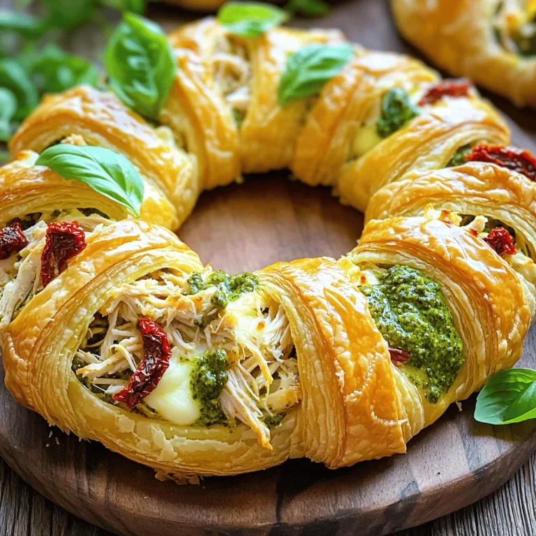 - 2 Tassen gekochtes Hähnchen, zerkleinert - 1 Tasse Pesto-Soße - 1 Tasse Mozzarella-Käse, gerieben - 1 Packung (8 oz) gekühlter Croissant-Teig - 1/2 Tasse getrocknete Tomaten, gehackt - 1/4 Tasse Parmesan-Käse, gerieben - Salz und Pfeffer nach Geschmack - Frische Basilikumblätter, zum Garnieren - 1 Ei, verquirlt (zum Bestreichen) Die Zutaten für den Pesto Chicken Crescent Ring sind einfach und leicht zu finden. Das gekochte Hähnchen macht die Zubereitung schnell. Pesto-Soße bringt viel Geschmack. Mozzarella-Käse sorgt für eine cremige Textur. Zusätzliche Zutaten wie Croissant-Teig machen das Gericht besonders. Getrocknete Tomaten fügen eine süße Note hinzu. Parmesan-Käse verstärkt den Geschmack. Frische Basilikumblätter bringen Farbe und Frische. Die Gewürze sind einfach. Salz und Pfeffer heben die Aromen hervor. Das verquirlte Ei gibt dem Ring eine goldene Farbe. Bereiten Sie alles vor, um den Pesto Chicken Crescent Ring zu machen. Es wird ein tolles Gericht für jeden Anlass. 1. Heize deinen Ofen auf 190°C vor. 2. Mische in einer großen Schüssel das zerkleinerte Hähnchen, die Pesto-Soße, den geriebenen Mozzarella, die gehackten getrockneten Tomaten und den geriebenen Parmesan. 3. Würze die Mischung mit Salz und Pfeffer nach deinem Geschmack. 1. Rolle den Croissant-Teig vorsichtig aus. 2. Trenne die Teigdreiecke und ordne sie in einem Kreis an. Die Spitzen sollten nach außen zeigen. Überlappe die Dreiecke leicht. 1. Gib die Hähnchen und Pesto-Mischung in die Mitte des Teigrings. 1. Falte die Spitzen der Teigdreiecke über die Füllung. 2. Stecke die Spitzen unter den Ring, um eine runde Form zu schaffen. 1. Pinsle die Oberseite des Crescents mit dem verquirlten Ei. 2. Backe den Ring 20-25 Minuten lang, bis der Teig goldbraun ist. Um den perfekten Pesto Chicken Crescent Ring zu backen, ziele auf eine goldene Farbe. Ein verquirltes Ei auf der Oberseite sorgt dafür. Das Ei gibt dem Teig eine schöne, knusprige Kruste. Achte darauf, dass du die Backzeit nicht überschreitest. Zu langes Backen kann den Teig austrocknen. Vermeide eine milde Füllung, indem du frische und kräftige Zutaten wählst. Nutze viel Pesto und würze die Mischung gut mit Salz und Pfeffer. So erhältst du einen tollen Geschmack, der alle begeistert. Du kannst kreativ mit der Füllung sein. Probiere verschiedene Käsesorten aus, wie Cheddar oder Gouda. Diese Käse bringen neue Geschmäcker und Texturen in das Gericht. Zusätzlich kannst du Gemüse wie Spinat oder Paprika hinzufügen. Diese bringen Frische und Farbe in den Ring. Achte darauf, das Gemüse klein zu schneiden, damit es gut in die Füllung passt. Serviere den Crescent Ring mit Beilagen, die gut dazu passen. Ein frischer grüner Salat bringt Leichtigkeit. Auch ein einfacher Tomatensalat ergänzt das Gericht gut. Für die Präsentation kannst du den Ring auf einer großen Platte anrichten. Ein zusätzlicher Pesto-Tropfen oben drauf macht das Ganze noch ansprechender. Frische Basilikumblätter als Garnitur geben einen tollen Farbkontrast. {{image_4}} Du kannst das Hähnchen leicht ersetzen. Nutze einfach eine Mischung aus Spinat und Ricotta. Das gibt dem Gericht eine frische Note. Du kannst auch Kichererbsen verwenden. Sie sind lecker und sehr nahrhaft. Achte darauf, die Füllung gut zu würzen, damit alles schön schmeckt. Für eine mediterrane Note füge Feta und Oliven hinzu. Zerbrösele den Feta und mische ihn mit den Oliven. Diese Zutaten bringen einen tollen, salzigen Geschmack. Du kannst auch frische Tomaten und Zucchini hinzufügen. Das macht den Ring noch bunter und leckerer. Probiere verschiedene Kräuter aus, um neue Aromen zu entdecken. Basilikum passt gut, aber auch Oregano oder Thymian sind super. Du kannst die Kräuter frisch oder getrocknet verwenden. Experimentiere, um deinen Lieblingsgeschmack zu finden. Das macht das Kochen spannend und abwechslungsreich. Wenn du Reste vom Pesto Chicken Crescent Ring hast, bewahre sie gut auf. Du kannst sie in einem luftdichten Behälter im Kühlschrank aufbewahren. So bleiben sie bis zu drei Tage frisch. Wenn du noch mehr Zeit sparen möchtest, friere die Reste ein. In der Gefriertruhe halten sie bis zu zwei Monate. Einfach auf Portionen aufteilen und gut verpacken. So hast du immer ein schnelles Essen in der Hinterhand. Du kannst einige Schritte im Voraus machen, um die Zubereitung zu erleichtern. Koche das Hähnchen vor und zerkleinere es. Das Pesto kannst du auch selbst machen oder fertig kaufen. Mische das Hähnchen mit Pesto, Käse und Tomaten und stelle es in den Kühlschrank. So sparst du Zeit beim Kochen. Am besten bereitest du den Croissant-Teig erst kurz vor dem Backen vor. So bleibt er frisch und knusprig. Um den Pesto Chicken Crescent Ring aufzuwärmen, benutze den Ofen. Heize ihn auf 180°C vor. Lege den Ring auf ein Backblech und decke ihn mit Alufolie ab. Das hilft, dass er nicht austrocknet. Backe ihn für etwa 10 bis 15 Minuten. Du kannst auch die Mikrowelle benutzen, aber der Teig wird nicht knusprig. Wenn du Zeit hast, ist der Ofen die beste Wahl. Die Vorbereitung dauert nur 15 Minuten. Die Backzeit liegt bei 20-25 Minuten. Insgesamt braucht man also etwa 40 Minuten. So schnell können Sie ein leckeres Gericht zaubern! Ja, Sie können frisches Hähnchen verwenden. Kochen Sie es zuerst, bis es gar ist. Dann zerkleinern Sie das Hähnchen. Es wird genauso gut schmecken und ist eine tolle Option. Das Rezept kann leicht angepasst werden. Verwenden Sie glutenfreien Croissant-Teig für eine glutenfreie Option. Für laktosefreies Essen ersetzen Sie den Käse durch laktosefreie Alternativen. So kann jeder genießen! Das vollständige Rezept finden Sie in der ursprünglichen Beschreibung. Dort sind alle Schritte und Zutaten detailliert aufgelistet. So gelingt der Crescent Ring garantiert! Der Pesto-Hähnchen-Crescent-Ring ist einfach und lecker. Du hast gelernt, welche Zutaten du brauchst und wie du sie zubereitest. Die Schritt-für-Schritt-Anleitung macht das Rezept leicht nachvollziehbar. Denke an die Tipps für perfekte Ergebnisse und Variationen für mehr Geschmack. Die Lagerungshinweise helfen, Reste frisch zu halten. Probiere es aus und überrasche deine Familie oder Freunde mit diesem Gericht. Kochen macht Spaß und mit diesem Rezept hast du einen tollen Genuss. Viel Erfolg beim Ausprobieren!